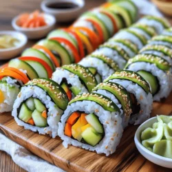 Um leckere Veggie Sushi Rollen zu machen, brauchst du folgende Zutaten: - 2 Tassen Sushi-Reis - 2 ½ Tassen Wasser - 4 Blätter Nori (Seetang) - 1 Avocado, in Scheiben geschnitten - 1 mittelgroße Gurke, in dünne Streifen (Julienne) geschnitten - 1 Karotte, in dünne Streifen (Julienne) geschnitten - ½ rote Paprika, dünn geschnitten - 1 Esslöffel Reisessig - 1 Esslöffel Zucker - ½ Teelöffel Salz Diese Zutaten sind frisch und einfach zu finden. Du kannst sie in jedem Supermarkt kaufen. Für die Zubereitung der Sushi Rollen benötigst du einige Küchengeräte: - Einen mittelgroßen Topf - Eine Mikrowelle - Eine Bambus-Sushi-Matte - Ein scharfes Messer - Eine Schüssel zum Mischen Diese Geräte machen den Prozess schnell und einfach. Sie helfen dir, die Sushi-Rollen perfekt zuzubereiten. Um deine Sushi Rollen zu verfeinern, kannst du diese zusätzlichen Zutaten verwenden: - Sojasauce zum Dippen - Eingelegter Ingwer - Wasabi (optional) Diese Dips bringen mehr Geschmack. Sie sind tolle Begleiter für deine Sushi Rollen. Wenn du mehr über die Zubereitung erfahren möchtest, sieh dir das [Full Recipe] an. Um perfekten Sushi-Reis zu machen, spüle zuerst 2 Tassen Sushi-Reis ab. Das Wasser sollte klar sein. Dann gebe den Reis in einen Topf mit 2 ½ Tassen Wasser. Koche es bei mittlerer Hitze, bis es blubbert. Decke den Topf ab und reduziere die Hitze. Lass den Reis 20 Minuten köcheln. Nach dieser Zeit nimm den Topf vom Herd und lasse ihn abgedeckt für 10 Minuten ruhen. Jetzt bereitest du die Essigmischung vor. Mische 1 Esslöffel Reisessig, 1 Esslöffel Zucker und ½ Teelöffel Salz. Erwärme diese Mischung für 30 Sekunden in der Mikrowelle, bis der Zucker aufgelöst ist. Lockere den Reis mit einer Gabel und rühre die Essigmischung vorsichtig unter. Lass den Reis auf Raumtemperatur abkühlen. Jetzt geht es an die Nori-Blätter. Lege eine Bambus-Sushi-Matte auf den Tisch. Platziere ein Blatt Nori mit der glänzenden Seite nach unten. Befeuchte deine Hände mit Wasser, damit der Reis nicht klebt. Nimm etwa eine Tasse Reis und verteile ihn gleichmäßig über das Nori. Lass am oberen Rand einen freien Streifen von 2,5 cm. Jetzt kommt die Füllung. Lege eine Linie von Avocado, Gurke, Karotte und Paprika in die Mitte des Reises. Heb die Sushi-Matte an und rolle die Nori-Basis über die Füllung. Rolle weiter, bis du die freie Kante des Nori erreichst. Verwende etwas Wasser, um die Rolle zu versiegeln. Wiederhole diesen Vorgang mit den restlichen Nori-Blättern und der Füllung. Fertige Sushi-Rollen kannst du nun mit einem scharfen Messer in Stücke schneiden. Reinige das Messer zwischen den Schnitten mit einem feuchten Tuch. So bleiben die Kanten sauber. Du hast jetzt leckere, frische Veggie Sushi Rollen! Für mehr Details, siehe [Full Recipe]. Um perfekte Sushi-Rollen zu machen, achte auf die Reisqualität. Benutze kurz- oder mittelkörnigen Sushi-Reis. Er klebt gut und hält die Rolle zusammen. Spüle den Reis gründlich ab, um die Stärke zu entfernen. Das macht den Reis lockerer. Wenn du den Reis würzt, lass ihn abkühlen, bevor du ihn benutzt. So bleibt die Nori-Blatt knusprig. Fülle die Rollen nicht zu voll, damit du sie gut rollen kannst. Ein häufiger Fehler ist, den Reis zu trocken zu machen. Achte darauf, dass du genug Wasser beim Kochen verwendest. Wenn du die Rollen schneidest, benutze ein scharfes Messer. Ein stumpfes Messer zerdrückt die Rolle. Reinige das Messer zwischen den Schnitten mit einem feuchten Tuch. So bleiben die Kanten sauber. Vermeide es, die Rolle zu fest zu drücken. Es soll locker bleiben, damit die Füllung nicht herausfällt. Um Sushi richtig zu schneiden, lege die Rolle auf ein Schneidebrett. Halte das Messer schräg und schneide in einem sanften, gleichmäßigen Zug. Schneide die Rolle in etwa 2,5 cm große Stücke. Wenn du das Messer zwischendurch reinigst, sieht das Sushi schöner aus. Schneide immer in einem einzigen Zug, um die Füllung nicht zu zerdrücken. Wenn du diese Tipps befolgst, wird dein Sushi frisch und ansprechend aussehen. {{image_4}} Sushi ist sehr flexibel. Du kannst viele verschiedene Gemüsesorten verwenden. Probiere Spinat, Zucchini oder Radieschen. Diese Gemüse bringen frische Farben und Geschmack. Du kannst auch Süßkartoffeln oder Pilze hinzufügen. Diese Optionen machen dein Sushi noch aufregender. Tofu und Tempeh sind großartige Proteinquellen. Sie verleihen deinem Sushi eine schöne Textur. Schneide den Tofu in dünne Streifen und brate ihn leicht an. Tempeh kannst du marinieren und dann dünsten. Beide schmecken gut in Kombination mit Gemüse. Sie machen dein Sushi nahrhafter und sättigender. Wenn du Gluten meiden musst, gibt es Alternativen. Suche nach glutenfreiem Reis. Viele Sorten sind von Natur aus glutenfrei. Achte auch auf dein Nori. Die meisten Nori-Blätter sind glutenfrei, aber prüfe die Verpackung. So kannst du sicher genießen, ohne dir Sorgen zu machen. Sushi-Rollen sind am besten frisch. Um die Frische zu halten, lagere die Rollen in einem luftdichten Behälter. Das verhindert, dass die Rollen austrocknen. Du kannst sie auch mit einem feuchten Tuch abdecken. So bleibt der Reis weich. Stelle den Behälter in den Kühlschrank. Sushi-Rollen sind dort etwa ein bis zwei Tage haltbar. Einfrieren ist eine gute Option, wenn du Sushi-Rollen länger aufbewahren möchtest. Wickele die Rollen fest in Frischhaltefolie. Lege sie dann in einen gefrierfesten Behälter. So bleibt der Geschmack erhalten. Zum Auftauen, lasse die Rollen über Nacht im Kühlschrank. Vermeide das Auftauen in der Mikrowelle. Dadurch wird der Reis gummiartig und ungenießbar. Sojasauce sollte in einem kühlen, dunklen Ort lagern. Ein Kühlschrank ist ideal, nachdem du die Flasche geöffnet hast. Achte darauf, die Flasche gut zu verschließen. Eingelegter Ingwer und Wasabi benötigen ebenfalls eine gute Lagerung. Bewahre sie in einem luftdichten Behälter im Kühlschrank auf. So bleiben sie frisch und geschmackvoll. Sushi-Rollen sind am besten frisch. Du solltest sie innerhalb von 24 Stunden essen. Lagere sie im Kühlschrank. So bleiben sie frisch und lecker. Achte darauf, sie in einem luftdichten Behälter aufzubewahren. Wenn sie länger stehen, trocknen sie aus und verlieren ihren Geschmack. Ja, du kannst Sushi ohne Seetang machen. Statt Nori kannst du Gurkenblätter oder Reispapier verwenden. Diese Alternativen sind frisch und knusprig. Sie geben deinem Sushi eine ganz neue Note. Experimentiere mit verschiedenen Zutaten. So findest du deinen eigenen Stil. Die klassischen Dips für Sushi sind Sojasauce, eingelegter Ingwer und Wasabi. Sojasauce bringt den Umami-Geschmack. Eingelegter Ingwer sorgt für Frische und hilft, den Gaumen zu reinigen. Wenn du es schärfer magst, nutze Wasabi. Es gibt viele andere Dips. Probiere Erdnusssoße oder süße Sojasauce für eine neue Geschmackserfahrung. Du hast nun alle wichtigen Schritte, um einfache Veggie Sushi Rollen zu machen. Wir haben die Hauptzutaten, Küchengeräte und zusätzlichen Dips besprochen. Die Schritt-für-Schritt-Anleitung hilft dir beim Reis, dem Rollen und Schneiden. Nutze die Tipps, um Fehler zu vermeiden und deine Sushi-Fähigkeiten zu verbessern. Mit verschiedenen Variationen wirst du kreativ. Denk auch an die Lagerung für frische Sushi-Rollen. Nun bist du bereit, deine eigenen leckeren Sushi zu kreieren!