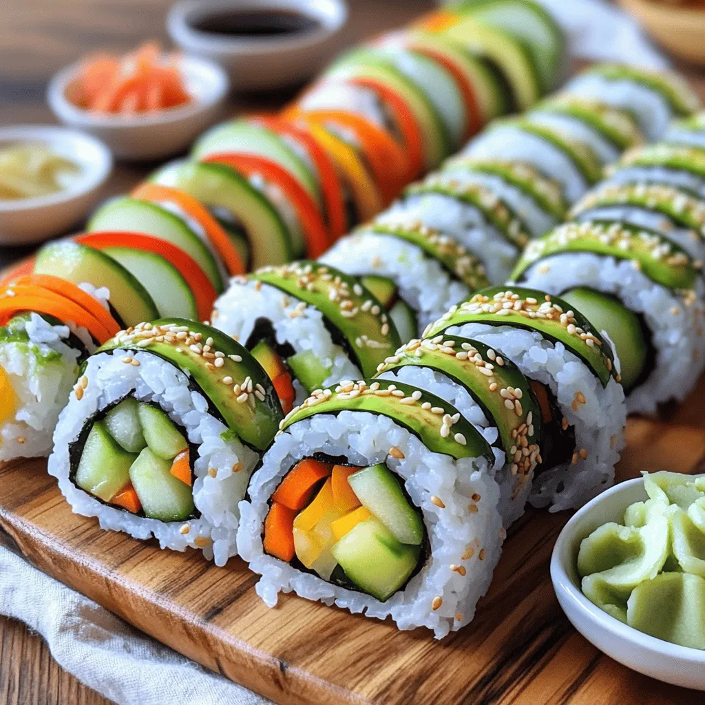 Um leckere Veggie Sushi Rollen zu machen, brauchst du folgende Zutaten: - 2 Tassen Sushi-Reis - 2 ½ Tassen Wasser - 4 Blätter Nori (Seetang) - 1 Avocado, in Scheiben geschnitten - 1 mittelgroße Gurke, in dünne Streifen (Julienne) geschnitten - 1 Karotte, in dünne Streifen (Julienne) geschnitten - ½ rote Paprika, dünn geschnitten - 1 Esslöffel Reisessig - 1 Esslöffel Zucker - ½ Teelöffel Salz Diese Zutaten sind frisch und einfach zu finden. Du kannst sie in jedem Supermarkt kaufen. Für die Zubereitung der Sushi Rollen benötigst du einige Küchengeräte: - Einen mittelgroßen Topf - Eine Mikrowelle - Eine Bambus-Sushi-Matte - Ein scharfes Messer - Eine Schüssel zum Mischen Diese Geräte machen den Prozess schnell und einfach. Sie helfen dir, die Sushi-Rollen perfekt zuzubereiten. Um deine Sushi Rollen zu verfeinern, kannst du diese zusätzlichen Zutaten verwenden: - Sojasauce zum Dippen - Eingelegter Ingwer - Wasabi (optional) Diese Dips bringen mehr Geschmack. Sie sind tolle Begleiter für deine Sushi Rollen. Wenn du mehr über die Zubereitung erfahren möchtest, sieh dir das [Full Recipe] an. Um perfekten Sushi-Reis zu machen, spüle zuerst 2 Tassen Sushi-Reis ab. Das Wasser sollte klar sein. Dann gebe den Reis in einen Topf mit 2 ½ Tassen Wasser. Koche es bei mittlerer Hitze, bis es blubbert. Decke den Topf ab und reduziere die Hitze. Lass den Reis 20 Minuten köcheln. Nach dieser Zeit nimm den Topf vom Herd und lasse ihn abgedeckt für 10 Minuten ruhen. Jetzt bereitest du die Essigmischung vor. Mische 1 Esslöffel Reisessig, 1 Esslöffel Zucker und ½ Teelöffel Salz. Erwärme diese Mischung für 30 Sekunden in der Mikrowelle, bis der Zucker aufgelöst ist. Lockere den Reis mit einer Gabel und rühre die Essigmischung vorsichtig unter. Lass den Reis auf Raumtemperatur abkühlen. Jetzt geht es an die Nori-Blätter. Lege eine Bambus-Sushi-Matte auf den Tisch. Platziere ein Blatt Nori mit der glänzenden Seite nach unten. Befeuchte deine Hände mit Wasser, damit der Reis nicht klebt. Nimm etwa eine Tasse Reis und verteile ihn gleichmäßig über das Nori. Lass am oberen Rand einen freien Streifen von 2,5 cm. Jetzt kommt die Füllung. Lege eine Linie von Avocado, Gurke, Karotte und Paprika in die Mitte des Reises. Heb die Sushi-Matte an und rolle die Nori-Basis über die Füllung. Rolle weiter, bis du die freie Kante des Nori erreichst. Verwende etwas Wasser, um die Rolle zu versiegeln. Wiederhole diesen Vorgang mit den restlichen Nori-Blättern und der Füllung. Fertige Sushi-Rollen kannst du nun mit einem scharfen Messer in Stücke schneiden. Reinige das Messer zwischen den Schnitten mit einem feuchten Tuch. So bleiben die Kanten sauber. Du hast jetzt leckere, frische Veggie Sushi Rollen! Für mehr Details, siehe [Full Recipe]. Um perfekte Sushi-Rollen zu machen, achte auf die Reisqualität. Benutze kurz- oder mittelkörnigen Sushi-Reis. Er klebt gut und hält die Rolle zusammen. Spüle den Reis gründlich ab, um die Stärke zu entfernen. Das macht den Reis lockerer. Wenn du den Reis würzt, lass ihn abkühlen, bevor du ihn benutzt. So bleibt die Nori-Blatt knusprig. Fülle die Rollen nicht zu voll, damit du sie gut rollen kannst. Ein häufiger Fehler ist, den Reis zu trocken zu machen. Achte darauf, dass du genug Wasser beim Kochen verwendest. Wenn du die Rollen schneidest, benutze ein scharfes Messer. Ein stumpfes Messer zerdrückt die Rolle. Reinige das Messer zwischen den Schnitten mit einem feuchten Tuch. So bleiben die Kanten sauber. Vermeide es, die Rolle zu fest zu drücken. Es soll locker bleiben, damit die Füllung nicht herausfällt. Um Sushi richtig zu schneiden, lege die Rolle auf ein Schneidebrett. Halte das Messer schräg und schneide in einem sanften, gleichmäßigen Zug. Schneide die Rolle in etwa 2,5 cm große Stücke. Wenn du das Messer zwischendurch reinigst, sieht das Sushi schöner aus. Schneide immer in einem einzigen Zug, um die Füllung nicht zu zerdrücken. Wenn du diese Tipps befolgst, wird dein Sushi frisch und ansprechend aussehen. {{image_4}} Sushi ist sehr flexibel. Du kannst viele verschiedene Gemüsesorten verwenden. Probiere Spinat, Zucchini oder Radieschen. Diese Gemüse bringen frische Farben und Geschmack. Du kannst auch Süßkartoffeln oder Pilze hinzufügen. Diese Optionen machen dein Sushi noch aufregender. Tofu und Tempeh sind großartige Proteinquellen. Sie verleihen deinem Sushi eine schöne Textur. Schneide den Tofu in dünne Streifen und brate ihn leicht an. Tempeh kannst du marinieren und dann dünsten. Beide schmecken gut in Kombination mit Gemüse. Sie machen dein Sushi nahrhafter und sättigender. Wenn du Gluten meiden musst, gibt es Alternativen. Suche nach glutenfreiem Reis. Viele Sorten sind von Natur aus glutenfrei. Achte auch auf dein Nori. Die meisten Nori-Blätter sind glutenfrei, aber prüfe die Verpackung. So kannst du sicher genießen, ohne dir Sorgen zu machen. Sushi-Rollen sind am besten frisch. Um die Frische zu halten, lagere die Rollen in einem luftdichten Behälter. Das verhindert, dass die Rollen austrocknen. Du kannst sie auch mit einem feuchten Tuch abdecken. So bleibt der Reis weich. Stelle den Behälter in den Kühlschrank. Sushi-Rollen sind dort etwa ein bis zwei Tage haltbar. Einfrieren ist eine gute Option, wenn du Sushi-Rollen länger aufbewahren möchtest. Wickele die Rollen fest in Frischhaltefolie. Lege sie dann in einen gefrierfesten Behälter. So bleibt der Geschmack erhalten. Zum Auftauen, lasse die Rollen über Nacht im Kühlschrank. Vermeide das Auftauen in der Mikrowelle. Dadurch wird der Reis gummiartig und ungenießbar. Sojasauce sollte in einem kühlen, dunklen Ort lagern. Ein Kühlschrank ist ideal, nachdem du die Flasche geöffnet hast. Achte darauf, die Flasche gut zu verschließen. Eingelegter Ingwer und Wasabi benötigen ebenfalls eine gute Lagerung. Bewahre sie in einem luftdichten Behälter im Kühlschrank auf. So bleiben sie frisch und geschmackvoll. Sushi-Rollen sind am besten frisch. Du solltest sie innerhalb von 24 Stunden essen. Lagere sie im Kühlschrank. So bleiben sie frisch und lecker. Achte darauf, sie in einem luftdichten Behälter aufzubewahren. Wenn sie länger stehen, trocknen sie aus und verlieren ihren Geschmack. Ja, du kannst Sushi ohne Seetang machen. Statt Nori kannst du Gurkenblätter oder Reispapier verwenden. Diese Alternativen sind frisch und knusprig. Sie geben deinem Sushi eine ganz neue Note. Experimentiere mit verschiedenen Zutaten. So findest du deinen eigenen Stil. Die klassischen Dips für Sushi sind Sojasauce, eingelegter Ingwer und Wasabi. Sojasauce bringt den Umami-Geschmack. Eingelegter Ingwer sorgt für Frische und hilft, den Gaumen zu reinigen. Wenn du es schärfer magst, nutze Wasabi. Es gibt viele andere Dips. Probiere Erdnusssoße oder süße Sojasauce für eine neue Geschmackserfahrung. Du hast nun alle wichtigen Schritte, um einfache Veggie Sushi Rollen zu machen. Wir haben die Hauptzutaten, Küchengeräte und zusätzlichen Dips besprochen. Die Schritt-für-Schritt-Anleitung hilft dir beim Reis, dem Rollen und Schneiden. Nutze die Tipps, um Fehler zu vermeiden und deine Sushi-Fähigkeiten zu verbessern. Mit verschiedenen Variationen wirst du kreativ. Denk auch an die Lagerung für frische Sushi-Rollen. Nun bist du bereit, deine eigenen leckeren Sushi zu kreieren!