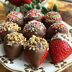 - 450 g frische Erdbeeren - 225 g Zartbitter-Schokoladenstückchen - 115 g weiße Schokolade - 1 Esslöffel Kokosöl Die Basis für meine schokoladenüberzogenen Erdbeeren sind frische Erdbeeren. Diese sollten rot und fest sein. Achte darauf, dass sie gut gewaschen und trocken sind. Feuchtigkeit kann dazu führen, dass die Schokolade nicht gut haftet. Die Zartbitter-Schokoladenstückchen sind wichtig für den intensiven Geschmack. Ich mag es, Zartbitter zu verwenden, da sie den süßen Erdbeeren einen schönen Kontrast geben. Das Kokosöl hilft, die Schokolade geschmeidig zu machen. So lässt sie sich besser über die Erdbeeren gießen. Die weiße Schokolade ist eine tolle Ergänzung. Sie sorgt für einen hübschen Look, wenn wir sie über die dunkle Schokolade träufeln. Das gibt den Erdbeeren eine schöne Note und macht sie besonders. - Gehackte Nüsse - Streusel - Geraspelter Kokos Um deine Erdbeeren noch schöner und leckerer zu machen, kannst du Toppings hinzufügen. Gehackte Nüsse geben einen tollen Crunch. Streusel bringen Farbe und Spaß. Geraspelter Kokos gibt einen tollen tropischen Geschmack. Diese Toppings sind einfach großartig, um deinen Erdbeeren das besondere Etwas zu verleihen. Für das vollständige Rezept, schau dir die Anleitung im Full Recipe an. Zuerst waschen Sie die Erdbeeren gründlich. Trocknen Sie sie danach gut mit einem Küchentuch ab. Feuchtigkeit kann die Schokolade daran hindern, richtig zu haften. Achten Sie darauf, die Erdbeeren nach Größe und Frische auszuwählen. Wählen Sie große, rote Erdbeeren ohne Druckstellen. Diese sehen nicht nur gut aus, sie schmecken auch besser. Für die Schokolade nutzen wir die Mikrowellenmethode. Nehmen Sie eine mikrowellengeeignete Schüssel und geben Sie die Zartbitter-Schokoladenstückchen und das Kokosöl hinein. Stellen Sie die Schüssel für 30 Sekunden in die Mikrowelle. Rühren Sie die Mischung dann um. Wiederholen Sie dies, bis die Schokolade glatt ist. Überprüfen Sie die Konsistenz. Sie sollte flüssig, aber nicht zu dünn sein. Jetzt kommt der spaßige Teil! Halten Sie eine Erdbeere am grünen Stiel. Tauchen Sie sie in die geschmolzene Schokolade. Drehen Sie die Erdbeere leicht, um eine gleichmäßige Schicht zu bekommen. Lassen Sie überschüssige Schokolade abtropfen. Wenn Sie Toppings hinzufügen wollen, tun Sie dies sofort. Die Schokolade sollte noch weich sein. Legen Sie die Erdbeeren auf ein mit Backpapier ausgelegtes Blech. Wiederholen Sie das mit allen Erdbeeren. Für eine besondere Note können Sie weiße Schokolade schmelzen und diese drüber träufeln. Stellen Sie die Erdbeeren für mindestens 30 Minuten in den Kühlschrank. So wird die Schokolade fest. Ich empfehle Ihnen, die Erdbeeren schön auf einem Teller zu präsentieren. Fügen Sie ein paar zusätzliche Streusel oder Kokosflocken hinzu. So sehen sie nicht nur köstlich aus, sondern schmecken auch umso besser. Um Tropfen und Klumpen zu vermeiden, ist die Vorbereitung wichtig. Stellen Sie sicher, dass die Erdbeeren vollständig trocken sind. Feuchtigkeit kann die Schokolade ruinieren. Wenn Sie die Schokolade schmelzen, benutzen Sie eine mikrowellengeeignete Schüssel. Schmelzen Sie die Schokolade in kurzen Intervallen. Rühren Sie sie gut um, um gleichmäßige Hitze zu erzeugen. So bleibt die Schokolade glatt und schön. Wählen Sie die beste Schokolade für Ihr Rezept. Zartbitter oder Vollmilch sind gute Optionen. Achten Sie darauf, dass die Schokolade spezielle Schmelzqualität hat. Diese Schokolade bleibt nach dem Schmelzen schön glänzend und fest. Es gibt viele spannende Möglichkeiten für Ihre Schokoladenüberzüge. Sie können auch Vollmilchschokolade oder weiße Schokolade verwenden. Jede Schokoladensorte hat ihren eigenen Geschmack und Charakter. Wenn Sie etwas Aufregendes hinzufügen möchten, probieren Sie verschiedene Aromen. Vanille- oder Mandelaroma passen gut zu Schokolade. Ein weiterer Tipp ist, die weiße Schokolade zum Drizzeln zu nutzen. Dies gibt den Erdbeeren ein schönes, elegantes Aussehen. Sie können auch frische Kräuter wie Minze oder andere Aromen hinzufügen. So machen Sie Ihre schokoladenüberzogenen Erdbeeren noch interessanter. {{image_4}} Schokoladenüberzogene Erdbeeren sind köstlich, aber du kannst auch andere Früchte verwenden. Bananen sind eine tolle Wahl. Schneide sie in Stücke und tauche sie in die Schokolade. Ananas bringt einen tropischen Geschmack. Verwende frische Ananasstücke. Die Kombination aus Schokolade und Ananas ist wunderbar. Du kannst auch mehrere Früchte zusammen verwenden. Probiere Erdbeeren und Bananen in einem großen Schokoladenbad. Die verschiedenen Texturen und Geschmäcker machen es spannend. Auch Äpfel sind eine Option. Schneide sie in Scheiben und tauche sie ein. Achte darauf, dass sie frisch und knackig sind. Für besondere Anlässe kannst du die Erdbeeren dekorieren. Verwende bunte Streusel für Geburtstage oder Weihnachten. Du kannst auch spezielle Formen aus Schokolade machen. Zum Beispiel Herzen oder Sterne. Diese Dekorationen machen deine Erdbeeren einzigartig. Denke an saisonale Geschmäcker. Im Herbst kannst du Zimt und Muskatnuss hinzufügen. Im Frühling sind frische Kräuter wie Minze perfekt. Diese Aromen geben dem Dessert einen besonderen Kick. Egal, zu welchem Anlass, die Variationen machen das Rezept spannend. Du kannst mit verschiedenen Toppings und Geschmäckern spielen, um jedes Mal etwas Neues zu kreieren. Um die Schokoladenüberzogenen Erdbeeren frisch zu halten, benutze einen luftdichten Behälter. So bleibt die Schokolade knusprig und die Erdbeeren saftig. Lege ein Stück Backpapier auf die Unterseite. Das verhindert, dass die Erdbeeren an der Behälterwand kleben. Die ideale Temperatur für die Lagerung beträgt etwa 4 Grad Celsius. Stelle den Behälter in den Kühlschrank. So bleiben die Erdbeeren bis zu zwei Tage frisch. Vermeide es, sie bei Raumtemperatur aufzubewahren. Die Schokolade kann weich werden und die Erdbeeren können schneller verderben. Die beste Zeitspanne für den Verzehr liegt bei ein bis zwei Tagen. Nach dieser Zeit können die Erdbeeren ihre Frische verlieren. Achte auf Anzeichen von Verderb. Wenn die Erdbeeren matschig oder schimmelig aussehen, ist es besser, sie nicht zu essen. Auch ein unangenehmer Geruch kann ein Warnzeichen sein. Für das beste Geschmackserlebnis, genieße die schokoladenüberzogenen Erdbeeren frisch nach der Zubereitung. Du kannst die einfach nach dem [Full Recipe] zubereiten und gleich genießen! Schokoladenüberzogene Erdbeeren halten sich in einem luftdichten Behälter bis zu drei Tage. Lagern Sie sie im Kühlschrank, um die Frische zu bewahren. Vermeiden Sie es, sie an einem warmen Ort aufzubewahren, da die Schokolade schmelzen kann. - Lagerungstipps für die beste Frische: - Verwenden Sie einen luftdichten Behälter. - Stellen Sie sicher, dass die Erdbeeren vollständig trocken sind, bevor Sie sie lagern. - Legen Sie ein Papiertuch in den Behälter, um Feuchtigkeit zu absorbieren. Ja, Sie können die Erdbeeren bis zu 24 Stunden im Voraus zubereiten. Bereiten Sie sie einfach wie im Rezept beschrieben vor. Lassen Sie die Schokolade vollständig fest werden, bevor Sie sie im Kühlschrank lagern. - Vorbereitungshinweise: - Tauchen Sie die Erdbeeren und lassen Sie die Schokolade fest werden. - Lagern Sie sie in einem luftdichten Behälter. - Planen Sie, sie am besten am Tag nach der Zubereitung zu servieren. Es gibt viele Geschäfte und Online-Shops, die schokoladenüberzogene Erdbeeren verkaufen. Supermärkte und Feinkostläden bieten oft frische Optionen an. Online können Sie bei spezialisierten Süßwarengeschäften bestellen. - Empfehlungen für Geschäfte: - Besuchen Sie lokale Feinkostläden oder Konditoreien. - Schauen Sie in großen Supermärkten nach frischen Optionen. - Nutzen Sie Online-Plattformen wie Amazon oder Etsy für spezielle Angebote. Die Anleitung zu schokoladenüberzogenen Erdbeeren ist einfach und macht Spaß. Du hast gelernt, die besten Zutaten auszuwählen und die perfekte Technik zu verwenden. Schokolade schmelzen, dippen und garnieren – das sind die Schritte, die den Unterschied machen. Denk an die optionalen Toppings, um deine Kreationen zu verfeinern. Variationen bringen neue Geschmäcker ins Spiel. Achte auf die richtige Lagerung, damit deine Leckereien frisch bleiben. Gehe am besten mit Freunden auf Entdeckungsreise. Viel Freude beim Ausprobieren!