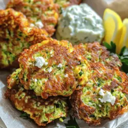 Die Zucchini Feta Fritters bestehen aus einfachen, frischen Zutaten. Hier sind die Hauptzutaten: - 2 mittelgroße Zucchini, gerieben und überschüssige Feuchtigkeit entfernt - 1 Tasse zerbröckelter Feta-Käse - 1/2 Tasse Weizenmehl - 1/4 Tasse Maismehl - 2 große Eier - 1/4 Tasse frische Petersilie, fein gehackt Diese Zutaten geben den Fritters tollen Geschmack und Textur. Die Zucchini macht sie feucht und leicht. Der Feta bringt eine salzige, cremige Komponente. Die Eier binden alles zusammen. Die richtigen Gewürze sind wichtig für den Geschmack. Ich empfehle: - 1/2 Teelöffel Knoblauchpulver - 1/2 Teelöffel Zwiebelpulver - Salz und Pfeffer nach Geschmack - 1/4 Teelöffel rote Chiliflocken (optional) Olivenöl ist ideal zum Braten. Es fügt Geschmack hinzu und hilft, die Fritters knusprig zu machen. Die Gewürze verleihen jedem Bissen einen extra Kick. Variationen machen das Rezept spannend. Hier sind einige Ideen: - Fügen Sie geriebenen Parmesan für mehr Käsegeschmack hinzu. - Verwenden Sie frische Kräuter wie Dill oder Basilikum für eine andere Note. - Fügen Sie gewürfelte Paprika oder Spinat für mehr Farbe und Nährstoffe hinzu. Experimentieren Sie mit verschiedenen Zutaten. Jede Variation bringt einen neuen Twist in Ihre Zucchini Feta Fritters. Probieren Sie die Full Recipe für eine detaillierte Anleitung und genießen Sie die Vielfalt! Zucchini ist der Hauptstar in diesem Rezept. Beginne mit zwei mittelgroßen Zucchini. Reibe sie grob und lege sie in ein Sieb. Streue etwas Salz darüber. Lass die Zucchini für etwa 10 Minuten ruhen. Das Salz hilft, überschüssige Feuchtigkeit zu entfernen. Drücke die Zucchini anschließend sanft aus. So wird der Teig nicht zu nass. Jetzt kommt der Spaß! In einer großen Schüssel vermischst du die geriebene Zucchini mit einer Tasse zerbröckeltem Feta-Käse und einer viertel Tasse fein gehackter Petersilie. In einer anderen Schüssel verquirlst du zwei große Eier mit Knoblauchpulver, Zwiebelpulver, Salz und Pfeffer. Gieß die Eimischung über die Zucchini-Mischung. Rühre alles gut um. Füge dann nach und nach eine halbe Tasse Weizenmehl und eine viertel Tasse Maismehl hinzu. Rühre, bis alles gut verbunden ist. Der Teig sollte dick und formbar sein. Erhitze in einer großen Pfanne einige Esslöffel Olivenöl bei mittlerer Hitze. Wenn das Öl heiß ist, nimm etwa zwei Esslöffel Teig und forme kleine Fritters. Lege sie in die Pfanne und drücke sie leicht flach. Brate die Fritters für 3-4 Minuten, bis sie goldbraun sind. Wende sie dann und brate die andere Seite für 2-3 Minuten. Nimm die Fritters mit einem Schaumlöffel heraus und lege sie auf einen Teller mit Küchenpapier. Das Papier saugt überschüssiges Öl auf. Wiederhole den Vorgang bis der gesamte Teig aufgebraucht ist. Für die besten Ergebnisse serviere die Fritters heiß mit Joghurt oder Tzatziki. Ein Spritzer Zitrone bringt zusätzlichen Geschmack. Du findest das vollständige Rezept im Abschnitt "Zutaten". Um die ideale Konsistenz für die Zucchini Feta Fritters zu erreichen, ist es wichtig, die Zucchini gut vorzubereiten. Beginne damit, die Zucchini zu reiben. Danach solltest du die überschüssige Feuchtigkeit mit einem Küchentuch ausdrücken. So bleibt der Teig nicht zu nass. Der Teig sollte dick und formbar sein. Wenn er zu flüssig ist, füge etwas mehr Mehl hinzu. Achte darauf, dass du die Zutaten gut vermischst. Ein gleichmäßiger Teig sorgt für gleichmäßige Fritters. Ein häufiger Fehler ist, die Zucchini nicht ausreichend zu entwässern. Das führt zu matschigen Fritters. Stelle sicher, dass du die Flüssigkeit gut ausdrückst. Ein weiterer Fehler ist, die Fritters zu dünn zu machen. Achte darauf, dass du genügend Teig in die Pfanne gibst. Wenn du sie zu dünn machst, können sie leicht zerfallen. Auch das Öl sollte heiß genug sein, bevor du die Fritters hineinlegst. So werden sie schön knusprig. Die Zucchini Feta Fritters schmecken am besten frisch und heiß. Du kannst sie mit griechischem Joghurt oder Tzatziki servieren. Das bringt einen frischen Geschmack. Ein Hauch frischer Petersilie als Garnitur macht sie noch schöner. Zitronenschnitze sind eine tolle Ergänzung. Der saure Geschmack passt perfekt. Du kannst die Fritters auch mit einem Salat oder in einem Wrap genießen. Die Möglichkeiten sind endlos! Für das vollständige Rezept, schau dir die [Full Recipe] an. {{image_4}} Du kannst diese Fritters vegan machen. Ersetze die Eier durch Leinsamen. Mische 1 Esslöffel Leinsamen mit 3 Esslöffeln Wasser. Lass es ein paar Minuten stehen. Du kannst auch veganen Käse verwenden. Achte darauf, dass der Käse gut schmilzt. Um den Geschmack zu verstärken, füge frische Kräuter hinzu. Basilikum oder Oregano passen gut. Du kannst auch gehackte Oliven für extra Geschmack hinzufügen. Wenn du es schärfer magst, füge mehr rote Chiliflocken hinzu. Für einen süßeren Geschmack probiere gewürfelte Paprika oder Karotten. Wenn du glutenfrei kochen möchtest, ersetze das Weizenmehl durch eine glutenfreie Mischung. Reis- oder Mandelmehl funktionieren gut. Achte darauf, dass die anderen Zutaten auch glutenfrei sind. So kannst du die Fritters ohne Sorgen genießen. Wenn du Reste hast, lass die Fritters zuerst abkühlen. Danach packe sie in einen luftdichten Behälter. Du kannst sie auch in Frischhaltefolie wickeln. So bleiben sie frisch und lecker. Um die Fritters wieder warm zu machen, benutze die Pfanne. Erhitze etwas Olivenöl bei mittlerer Hitze. Lege die Fritters hinein und brate sie 2-3 Minuten pro Seite. So bleiben sie knusprig und schmackhaft. Alternativ kannst du auch einen Toaster oder eine Mikrowelle verwenden. Beachte, dass die Mikrowelle die Fritters weich macht. Im Kühlschrank bleiben die Fritters etwa 3-4 Tage frisch. Im Gefrierschrank kannst du sie bis zu 2 Monate lagern. Achte darauf, sie gut zu verpacken, damit sie keinen Frostgeschmack bekommen. Wenn du sie auftauen möchtest, lasse sie über Nacht im Kühlschrank. So sind sie am besten für die Zubereitung bereit. Zucchini Feta Fritters bleiben im Kühlschrank bis zu 3 Tage frisch. Achte darauf, sie in einem luftdichten Behälter zu lagern. Wenn du sie länger aufbewahren möchtest, friere sie ein. Im Gefrierschrank bleiben sie bis zu 3 Monate gut. Zum Wiederaufwärmen, lege sie in den Ofen oder die Pfanne, um sie knusprig zu halten. Ja, du kannst die Fritters auch im Ofen backen. Vorheize den Ofen auf 200 Grad Celsius. Lege die Fritters auf ein Backblech mit Backpapier. Backe sie 20-25 Minuten lang, bis sie goldbraun sind. Wende sie nach der Hälfte der Zeit, damit sie gleichmäßig bräunen. Dies ist eine gesündere Methode, um sie zuzubereiten. Für das Braten von Fritters empfehle ich Olivenöl. Es hat einen guten Geschmack und ist gesund. Du kannst auch Rapsöl oder Sonnenblumenöl verwenden. Diese Öle haben einen hohen Rauchpunkt und machen die Fritters schön knusprig. Achte darauf, genug Öl in der Pfanne zu verwenden, damit die Fritters nicht ankleben. Für das vollständige Rezept, schau dir die gesamte Anleitung an: [Full Recipe]. Zucchini Feta Fritters sind einfach und lecker. Wir haben die Hauptzutaten und Alternativen besprochen. Die Schritt-für-Schritt-Anleitung hilft dir, sie richtig zuzubereiten. Tipps und Tricks sorgen dafür, dass sie perfekt werden. Variationen helfen dir, deine Fritters anzupassen. Abschließend erfährst du, wie du sie richtig lagerst. Probiere deine eigenen Versionen aus und genieße die Vielfalt!