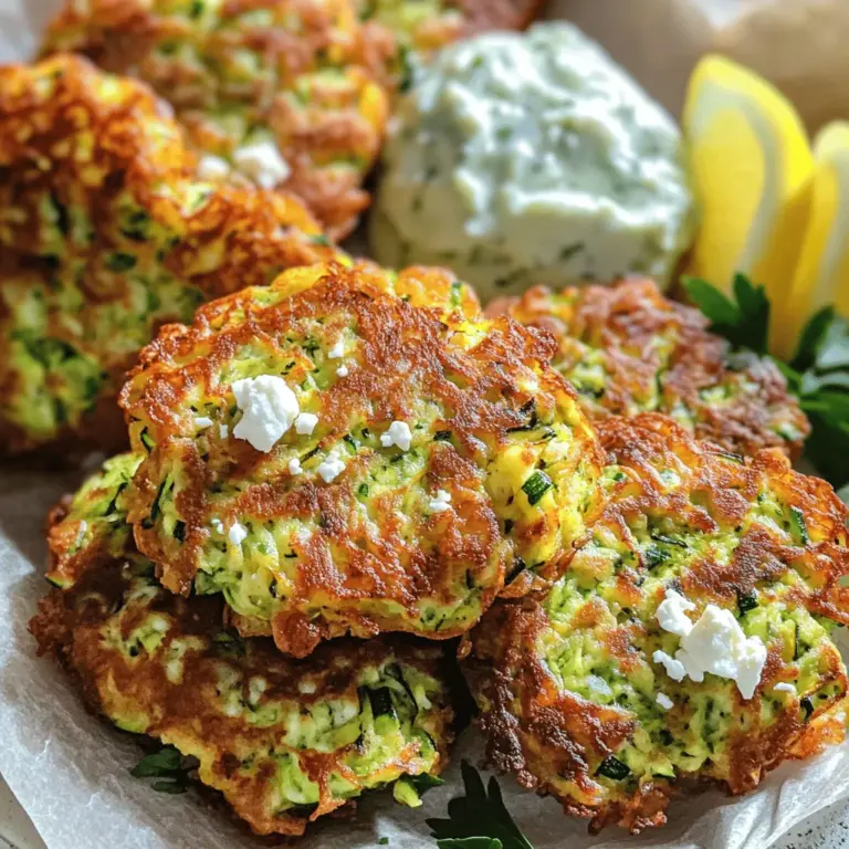 Die Zucchini Feta Fritters bestehen aus einfachen, frischen Zutaten. Hier sind die Hauptzutaten: - 2 mittelgroße Zucchini, gerieben und überschüssige Feuchtigkeit entfernt - 1 Tasse zerbröckelter Feta-Käse - 1/2 Tasse Weizenmehl - 1/4 Tasse Maismehl - 2 große Eier - 1/4 Tasse frische Petersilie, fein gehackt Diese Zutaten geben den Fritters tollen Geschmack und Textur. Die Zucchini macht sie feucht und leicht. Der Feta bringt eine salzige, cremige Komponente. Die Eier binden alles zusammen. Die richtigen Gewürze sind wichtig für den Geschmack. Ich empfehle: - 1/2 Teelöffel Knoblauchpulver - 1/2 Teelöffel Zwiebelpulver - Salz und Pfeffer nach Geschmack - 1/4 Teelöffel rote Chiliflocken (optional) Olivenöl ist ideal zum Braten. Es fügt Geschmack hinzu und hilft, die Fritters knusprig zu machen. Die Gewürze verleihen jedem Bissen einen extra Kick. Variationen machen das Rezept spannend. Hier sind einige Ideen: - Fügen Sie geriebenen Parmesan für mehr Käsegeschmack hinzu. - Verwenden Sie frische Kräuter wie Dill oder Basilikum für eine andere Note. - Fügen Sie gewürfelte Paprika oder Spinat für mehr Farbe und Nährstoffe hinzu. Experimentieren Sie mit verschiedenen Zutaten. Jede Variation bringt einen neuen Twist in Ihre Zucchini Feta Fritters. Probieren Sie die Full Recipe für eine detaillierte Anleitung und genießen Sie die Vielfalt! Zucchini ist der Hauptstar in diesem Rezept. Beginne mit zwei mittelgroßen Zucchini. Reibe sie grob und lege sie in ein Sieb. Streue etwas Salz darüber. Lass die Zucchini für etwa 10 Minuten ruhen. Das Salz hilft, überschüssige Feuchtigkeit zu entfernen. Drücke die Zucchini anschließend sanft aus. So wird der Teig nicht zu nass. Jetzt kommt der Spaß! In einer großen Schüssel vermischst du die geriebene Zucchini mit einer Tasse zerbröckeltem Feta-Käse und einer viertel Tasse fein gehackter Petersilie. In einer anderen Schüssel verquirlst du zwei große Eier mit Knoblauchpulver, Zwiebelpulver, Salz und Pfeffer. Gieß die Eimischung über die Zucchini-Mischung. Rühre alles gut um. Füge dann nach und nach eine halbe Tasse Weizenmehl und eine viertel Tasse Maismehl hinzu. Rühre, bis alles gut verbunden ist. Der Teig sollte dick und formbar sein. Erhitze in einer großen Pfanne einige Esslöffel Olivenöl bei mittlerer Hitze. Wenn das Öl heiß ist, nimm etwa zwei Esslöffel Teig und forme kleine Fritters. Lege sie in die Pfanne und drücke sie leicht flach. Brate die Fritters für 3-4 Minuten, bis sie goldbraun sind. Wende sie dann und brate die andere Seite für 2-3 Minuten. Nimm die Fritters mit einem Schaumlöffel heraus und lege sie auf einen Teller mit Küchenpapier. Das Papier saugt überschüssiges Öl auf. Wiederhole den Vorgang bis der gesamte Teig aufgebraucht ist. Für die besten Ergebnisse serviere die Fritters heiß mit Joghurt oder Tzatziki. Ein Spritzer Zitrone bringt zusätzlichen Geschmack. Du findest das vollständige Rezept im Abschnitt "Zutaten". Um die ideale Konsistenz für die Zucchini Feta Fritters zu erreichen, ist es wichtig, die Zucchini gut vorzubereiten. Beginne damit, die Zucchini zu reiben. Danach solltest du die überschüssige Feuchtigkeit mit einem Küchentuch ausdrücken. So bleibt der Teig nicht zu nass. Der Teig sollte dick und formbar sein. Wenn er zu flüssig ist, füge etwas mehr Mehl hinzu. Achte darauf, dass du die Zutaten gut vermischst. Ein gleichmäßiger Teig sorgt für gleichmäßige Fritters. Ein häufiger Fehler ist, die Zucchini nicht ausreichend zu entwässern. Das führt zu matschigen Fritters. Stelle sicher, dass du die Flüssigkeit gut ausdrückst. Ein weiterer Fehler ist, die Fritters zu dünn zu machen. Achte darauf, dass du genügend Teig in die Pfanne gibst. Wenn du sie zu dünn machst, können sie leicht zerfallen. Auch das Öl sollte heiß genug sein, bevor du die Fritters hineinlegst. So werden sie schön knusprig. Die Zucchini Feta Fritters schmecken am besten frisch und heiß. Du kannst sie mit griechischem Joghurt oder Tzatziki servieren. Das bringt einen frischen Geschmack. Ein Hauch frischer Petersilie als Garnitur macht sie noch schöner. Zitronenschnitze sind eine tolle Ergänzung. Der saure Geschmack passt perfekt. Du kannst die Fritters auch mit einem Salat oder in einem Wrap genießen. Die Möglichkeiten sind endlos! Für das vollständige Rezept, schau dir die [Full Recipe] an. {{image_4}} Du kannst diese Fritters vegan machen. Ersetze die Eier durch Leinsamen. Mische 1 Esslöffel Leinsamen mit 3 Esslöffeln Wasser. Lass es ein paar Minuten stehen. Du kannst auch veganen Käse verwenden. Achte darauf, dass der Käse gut schmilzt. Um den Geschmack zu verstärken, füge frische Kräuter hinzu. Basilikum oder Oregano passen gut. Du kannst auch gehackte Oliven für extra Geschmack hinzufügen. Wenn du es schärfer magst, füge mehr rote Chiliflocken hinzu. Für einen süßeren Geschmack probiere gewürfelte Paprika oder Karotten. Wenn du glutenfrei kochen möchtest, ersetze das Weizenmehl durch eine glutenfreie Mischung. Reis- oder Mandelmehl funktionieren gut. Achte darauf, dass die anderen Zutaten auch glutenfrei sind. So kannst du die Fritters ohne Sorgen genießen. Wenn du Reste hast, lass die Fritters zuerst abkühlen. Danach packe sie in einen luftdichten Behälter. Du kannst sie auch in Frischhaltefolie wickeln. So bleiben sie frisch und lecker. Um die Fritters wieder warm zu machen, benutze die Pfanne. Erhitze etwas Olivenöl bei mittlerer Hitze. Lege die Fritters hinein und brate sie 2-3 Minuten pro Seite. So bleiben sie knusprig und schmackhaft. Alternativ kannst du auch einen Toaster oder eine Mikrowelle verwenden. Beachte, dass die Mikrowelle die Fritters weich macht. Im Kühlschrank bleiben die Fritters etwa 3-4 Tage frisch. Im Gefrierschrank kannst du sie bis zu 2 Monate lagern. Achte darauf, sie gut zu verpacken, damit sie keinen Frostgeschmack bekommen. Wenn du sie auftauen möchtest, lasse sie über Nacht im Kühlschrank. So sind sie am besten für die Zubereitung bereit. Zucchini Feta Fritters bleiben im Kühlschrank bis zu 3 Tage frisch. Achte darauf, sie in einem luftdichten Behälter zu lagern. Wenn du sie länger aufbewahren möchtest, friere sie ein. Im Gefrierschrank bleiben sie bis zu 3 Monate gut. Zum Wiederaufwärmen, lege sie in den Ofen oder die Pfanne, um sie knusprig zu halten. Ja, du kannst die Fritters auch im Ofen backen. Vorheize den Ofen auf 200 Grad Celsius. Lege die Fritters auf ein Backblech mit Backpapier. Backe sie 20-25 Minuten lang, bis sie goldbraun sind. Wende sie nach der Hälfte der Zeit, damit sie gleichmäßig bräunen. Dies ist eine gesündere Methode, um sie zuzubereiten. Für das Braten von Fritters empfehle ich Olivenöl. Es hat einen guten Geschmack und ist gesund. Du kannst auch Rapsöl oder Sonnenblumenöl verwenden. Diese Öle haben einen hohen Rauchpunkt und machen die Fritters schön knusprig. Achte darauf, genug Öl in der Pfanne zu verwenden, damit die Fritters nicht ankleben. Für das vollständige Rezept, schau dir die gesamte Anleitung an: [Full Recipe]. Zucchini Feta Fritters sind einfach und lecker. Wir haben die Hauptzutaten und Alternativen besprochen. Die Schritt-für-Schritt-Anleitung hilft dir, sie richtig zuzubereiten. Tipps und Tricks sorgen dafür, dass sie perfekt werden. Variationen helfen dir, deine Fritters anzupassen. Abschließend erfährst du, wie du sie richtig lagerst. Probiere deine eigenen Versionen aus und genieße die Vielfalt!