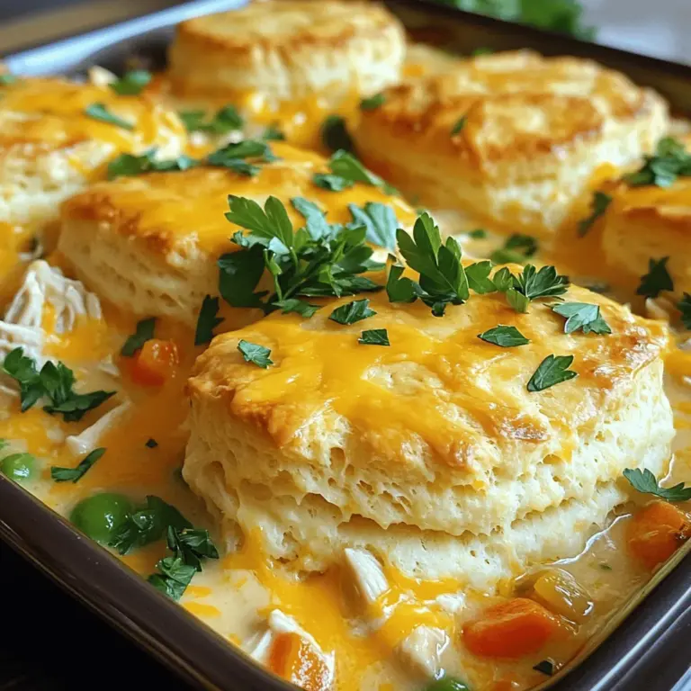Um einen leckeren Hühnchen-Pot-Pie-Casserole zu machen, brauchen Sie: - 2 Tassen gekochtes Hühnchen, zerrupft - 1 Tasse gefrorenes Mischgemüse (Erbsen, Karotten, Mais) - 1 Dose (10,5 oz) Hühnercremesuppe - 1 Tasse Hühnerbrühe - 1 Teelöffel Knoblauchpulver - 1 Teelöffel Zwiebelpulver - 1 Teelöffel getrockneter Thymian - 1 Tasse geriebener Cheddar-Käse - 2 Tassen Biscuit- oder Croissantteig - Salz und Pfeffer nach Geschmack Diese Zutaten sorgen für den perfekten Geschmack und die nötige Cremigkeit. Ich empfehle, gefrorenes Gemüse zu verwenden, da es einfach und schnell ist. Es ist auch nahrhaft, da es frisch gefroren wird. Wenn Sie frisches Gemüse verwenden, wählen Sie Karotten, Erbsen und Mais. Achten Sie darauf, sie klein zu schneiden, damit sie gleichmäßig garen. Frisches Gemüse bringt mehr Geschmack, kann aber mehr Zeit in Anspruch nehmen. Wenn Sie kein Hähnchen haben, können Sie auch Pute verwenden. Das funktioniert genauso gut. Für eine vegetarische Option lassen Sie das Fleisch einfach weg und fügen Sie mehr Gemüse hinzu. Anstelle von Cheddar-Käse können Sie Gouda oder Mozzarella verwenden. Diese Käse schmelzen gut und geben einen tollen Geschmack. Wenn Sie Gluten vermeiden möchten, verwenden Sie glutenfreien Teig oder machen Sie eine Kruste aus gemahlenen Mandeln. Für weitere Informationen, siehe das Full Recipe. Zuerst heizen wir den Ofen auf 375°F (190°C) vor. Dies ist wichtig, damit der Auflauf gleichmäßig gart. Während der Ofen aufheizt, bereiten wir alle Zutaten vor. Das spart Zeit und macht das Kochen leichter. In einer großen Schüssel kombinieren wir das zerrupfte Hühnchen mit dem gefrorenen Mischgemüse. Fügen Sie die Hühnercremesuppe und die Hühnerbrühe hinzu. Jetzt kommen die Gewürze: Knoblauchpulver, Zwiebelpulver und getrockneter Thymian. Rühren Sie gut um, bis alles gleichmäßig vermischt ist. Vergessen Sie nicht, mit Salz und Pfeffer abzuschmecken. Dies gibt dem Gericht den richtigen Geschmack. Fetten Sie eine 9x13 Zoll große Auflaufform ein. Gießen Sie die Hühnchen-Gemüse-Mischung gleichmäßig hinein. Verteilen Sie den geriebenen Cheddar-Käse über der Mischung. Dann rollen wir den Biscuit- oder Croissantteig aus. Schneiden Sie ihn in Stücke und legen Sie diese gleichmäßig über den Käse. Jetzt ist der Auflauf bereit für den Ofen. Backen Sie ihn für 25-30 Minuten, bis der Teig goldbraun ist. Lassen Sie den Auflauf etwas abkühlen, bevor Sie ihn servieren. Für das komplette Rezept schauen Sie sich das [Full Recipe] an. Um Zeit zu sparen, bereiten Sie das Hühnchen im Voraus vor. Gekochtes Hühnchen aus dem Supermarkt funktioniert gut. Gefrorenes Mischgemüse spart auch viel Zeit. Lassen Sie es einfach auftauen, während Sie andere Zutaten mischen. Wenn Sie den Teig schon vorher ausrollen, sparen Sie zusätzliche Zeit beim Zusammenstellen. Ein häufiger Fehler ist, den Auflauf zu lange zu backen. Achten Sie darauf, ihn nur bis zur goldbraunen Farbe zu backen. Ein anderer Fehler ist, die Mischung zu dick zu machen. Fügen Sie genug Hühnerbrühe hinzu, damit alles gut vermischt ist. Wenn zu viel Salz oder Pfeffer verwendet wird, kann der Geschmack überwältigend sein. Probieren Sie die Mischung vorher, um die Gewürze abzustimmen. Ein großer Rührschüssel ist wichtig für die Mischung. Verwenden Sie einen Löffel oder einen Spatel, um alle Zutaten gut zu vermischen. Eine 9x13 Zoll große Auflaufform ist perfekt für das Rezept. Ein Backblech darunter fängt eventuelle Tropfen auf. Ein Messer hilft beim Schneiden des Teigs in gleichmäßige Stücke. Diese Geräte machen die Zubereitung einfacher und schneller. Für das vollständige Rezept schauen Sie sich das Rezept an. {{image_4}} Wenn Sie eine vegetarische Version des Hühnchen-Pot-Pies möchten, können Sie das Hühnchen einfach weglassen. Stattdessen verwenden Sie mehr Gemüse. Zucchini, Paprika und Brokkoli passen gut. Sie können auch Kichererbsen oder Linsen für mehr Proteine hinzufügen. Diese Zutaten machen das Gericht lecker und nahrhaft. Um das Gericht würziger zu machen, fügen Sie etwas Cayennepfeffer oder Paprika hinzu. Diese Gewürze bringen mehr Geschmack. Sie können auch frische Kräuter wie Basilikum oder Oregano verwenden. Ein Spritzer Zitronensaft gibt eine frische Note. Experimentieren Sie mit verschiedenen Gewürzen, um Ihre perfekte Mischung zu finden. Für eine glutenfreie Option verwenden Sie glutenfreien Teig. Viele Marken bieten diesen an. Achten Sie beim Kauf der Hühnercremesuppe auf glutenfreie Optionen. Auch das Gemüse sollte ohne Gluten sein. So bleibt das Gericht für alle genießbar. Für das vollständige Rezept schauen Sie sich die [Full Recipe] an. Wenn Sie Reste von diesem Hühnchen-Pot-Pie haben, bewahren Sie diese in einem luftdichten Behälter auf. So bleibt der Auflauf frisch. Stellen Sie sicher, dass der Auflauf abgekühlt ist, bevor Sie ihn in den Kühlschrank stellen. Reste halten sich bis zu drei Tage. Sie können diesen Auflauf auch einfrieren. Lassen Sie ihn zuerst vollständig abkühlen. Teilen Sie den Auflauf in Portionen und verwenden Sie gefriergeeignete Behälter. So haben Sie eine schnelle Mahlzeit für stressige Tage. Der Auflauf bleibt bis zu drei Monate im Gefrierfach gut. Wenn Sie den Auflauf aufwärmen, heizen Sie den Ofen auf 350°F (175°C) vor. Decken Sie den Auflauf mit Folie ab, um ein Austrocknen zu verhindern. Backen Sie ihn 20 bis 30 Minuten lang oder bis er durchgehend heiß ist. Alternativ können Sie auch die Mikrowelle verwenden. In diesem Fall erwärmen Sie ihn in kurzen Intervallen, um ein gleichmäßiges Ergebnis zu erzielen. Die gesamte Zubereitungszeit für das Hühnchen-Pot-Pie beträgt nur 45 Minuten. Davon sind 15 Minuten für die Vorbereitung und 30 Minuten für das Backen. Diese schnelle Zeit macht das Gericht perfekt für geschäftige Abende oder spontane Dinnerpartys. Ja, Sie können frisches Gemüse verwenden. Achten Sie darauf, das Gemüse vorher zu blanchieren. Dies sorgt dafür, dass es beim Backen zart bleibt. Frisches Gemüse bringt auch mehr Geschmack und Nährstoffe in das Gericht. Eine Portion Hühnchen-Pot-Pie hat etwa 350 Kalorien. Diese Zahl kann je nach verwendeten Zutaten variieren. Wenn Sie leichtere Zutaten wählen, können Sie die Kalorien reduzieren. Verwenden Sie zum Beispiel fettarmen Käse oder weniger Öl. Für das vollständige Rezept mit genauen Anweisungen und weiteren Tipps, lesen Sie bitte das Full Recipe. Dieser Artikel bietet wertvolle Informationen zur Zubereitung eines Hühnchen-Pot-Pies. Wir haben die besten Zutaten und Alternativen besprochen. Ich habe eine einfache Anleitung zum Kochen vorgestellt. Außerdem teile ich nützliche Tipps, um Zeit zu sparen und Fehler zu vermeiden. Variationen für Vegetarier und Allergiker öffnen neue Möglichkeiten. Denke daran, Reste richtig zu lagern und beim Aufwärmen auf Qualität zu achten. Jetzt bist du bereit, ein leckeres Gericht zu zaubern! Mach dich an die Arbeit und genieße dein Essen.