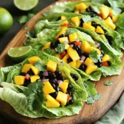 Für diese leckeren Salatwickel benötigst du einige wichtige Zutaten. Sie sind einfach zu finden und machen das Gericht frisch und bunt. Hier ist die Liste: - 1 reife Mango, gewürfelt - 1 Dose (425 g) schwarze Bohnen, abgespült und abgetropft - 1 rote Paprika, fein gehackt - 1 kleine rote Zwiebel, fein gehackt - 1 Jalapeño, entkernt und fein gehackt - 2 Esslöffel frischer Limettensaft - 1 Esslöffel Olivenöl - 1 Teelöffel gemahlener Kreuzkümmel - 1 Teelöffel Chilipulver - Salz und Pfeffer nach Geschmack - 8-10 große Blätter Romaine- oder Butterkopfsalat - Frischer Koriander, zur Garnitur Diese Zutaten sorgen für einen tollen Geschmack und eine schöne Farbe. Für mehr Geschmack und eine schöne Präsentation kannst du auch einige zusätzliche Zutaten verwenden. Hier sind ein paar Ideen: - Avocado für Cremigkeit - Limettenscheiben für frischen Geschmack - Sesam oder Nüsse für einen Crunch Diese Extras machen die Salatwickel noch interessanter und leckerer. Die Wahl der besten Zutaten ist wichtig für den Geschmack. Hier sind meine Tipps: - Wähle eine reife Mango. Sie sollte weich, aber nicht matschig sein. - Achte auf frische schwarze Bohnen. Sie sollten einen guten Geschmack haben. - Nimm frisches Gemüse. Es sollte knackig und bunt sein. - Wähle einen Limettensaft, der frisch gepresst ist. Das macht einen großen Unterschied. Mit diesen Tipps stellst du sicher, dass deine Salatwickel lecker und frisch schmecken. Du kannst das komplette Rezept in der [Full Recipe] finden und es selbst ausprobieren! Um die scharfen Mango Schwarzbohnen Salatwickel zuzubereiten, beginne mit der Vorbereitung der Zutaten. Du benötigst: - 1 reife Mango, gewürfelt - 1 Dose (425 g) schwarze Bohnen, abgespült und abgetropft - 1 rote Paprika, fein gehackt - 1 kleine rote Zwiebel, fein gehackt - 1 Jalapeño, entkernt und fein gehackt - 2 Esslöffel frischer Limettensaft - 1 Esslöffel Olivenöl - 1 Teelöffel gemahlener Kreuzkümmel - 1 Teelöffel Chilipulver - Salz und Pfeffer nach Geschmack - 8-10 große Blätter Romaine- oder Butterkopfsalat - Frischer Koriander, zur Garnitur Stelle sicher, dass alles frisch ist. Dies hilft dem Geschmack. Die Mango sollte süß und reif sein. Die Bohnen sollten gut abgespült werden, um den Konservierungsgehalt zu reduzieren. Jetzt geht es an die Füllung. In einer mittleren Schüssel mische die gewürfelte Mango, schwarze Bohnen, rote Paprika, rote Zwiebel und die gehackte Jalapeño. Mische alles vorsichtig, damit die Mango nicht zerdrückt wird. In einer kleinen Schüssel vermenge den Limettensaft, Olivenöl, Kreuzkümmel, Chilipulver, Salz und Pfeffer. Das Dressing sollte gut vermischt sein. Gieße das Dressing über die Mango-Bohnen-Mischung und rühre erneut sanft um. Jetzt kommt der spaßige Teil: das Zusammenstellen der Salatwickel. Wasche die Salatblätter und tupfe sie vorsichtig trocken. Lass die Blätter ganz, damit sie sich gut wickeln lassen. Nimm ein Salatblatt und löffle großzügig die Mango-Schwarzbohnen-Mischung darauf. Achte darauf, nicht zu viel zu füllen, damit die Wickel nicht auseinanderfallen. Garnier jeden Wrap mit frischem Koriander für den extra Geschmack. Platziere die gefüllten Salatwickel auf einem Servierteller. Du kannst zusätzlich Limettensaft darüber träufeln, um die Farben zu betonen. Mit diesen Schritten hast du die perfekten scharfen Mango Schwarzbohnen Salatwickel. Für das vollständige Rezept, siehe die [Full Recipe]. Um die besten scharfen Mango Schwarzbohnen Salatwickel zu machen, achte auf frische Zutaten. Verwende eine reife Mango, da sie süß und saftig ist. Spüle die schwarzen Bohnen gut ab, um die Konservierungsstoffe zu entfernen. Schneide das Gemüse klein, damit die Aromen gut vermischen. Mische die Füllung vorsichtig, damit die Mango nicht zerdrückt wird. So bleibt die Textur schön. Ein häufiger Fehler ist, die Salatblätter zu klein zu wählen. Verwende große Blätter, um die Füllung gut zu halten. Wenn die Blätter zerrissen sind, wird das Wickeln schwer. Achte darauf, das Dressing nicht zu früh hinzuzufügen. Es macht die Füllung matschig, wenn sie zu lange steht. Lass die Füllung kurz ruhen, damit die Aromen sich entfalten können. Präsentiere die Salatwickel auf einem schönen Teller. Lege die gefüllten Blätter nebeneinander und garniere sie mit frischem Koriander. Ein Spritzer Limettensaft macht die Farben lebendiger. Füge Limettenviertel hinzu, die Gäste selbst pressen können. Das gibt jedem einen frischen Geschmack und sieht toll aus. Für das vollständige Rezept schaue in den Abschnitt oben. {{image_4}} Wenn du eine vegane Option suchst, gibt es viele Möglichkeiten. Du kannst Kichererbsen oder Linsen verwenden. Beide sind nahrhaft und lecker. Kichererbsen haben einen milden Geschmack. Sie geben gute Proteinquellen. Linsen sind ebenfalls reich an Ballaststoffen. Sie können die Textur deiner Füllung verändern. Die Füllung für die Salatwickel kann sehr variabel sein. Du kannst Avocado für Cremigkeit hinzufügen. Geraspelte Karotten bringen eine süße Note. Gurken sorgen für Frische und Crunch. Auch Mais passt gut zu den anderen Zutaten. Experimentiere mit verschiedenen Gemüsearten. So findest du die perfekte Mischung für deinen Geschmack. Der Schärfegrad der Salatwickel lässt sich leicht ändern. Wenn du es weniger scharf magst, reduziere die Jalapeño. Du kannst sie auch ganz weglassen. Für mehr Schärfe, füge etwas Chili-Flakes hinzu. Achte darauf, die Schärfe nach und nach zu erhöhen. So kannst du den gewünschten Grad finden. Spiele mit verschiedenen Gewürzen, um deinen perfekten Kick zu erreichen. Um die Füllung für die scharfen Mango Schwarzbohnen Salatwickel frisch zu halten, lagere sie in einem luftdichten Behälter. Du kannst die Mischung bis zu drei Tage im Kühlschrank aufbewahren. Achte darauf, sie gut abzudecken, damit sie nicht austrocknet. Wenn du die Füllung länger halten willst, friere sie ein. So bleibt der Geschmack auch nach Wochen erhalten. Salatblätter sind am frischesten, wenn du sie richtig lagerst. Wickel die Blätter in ein feuchtes Papiertuch und lege sie in einen luftdichten Behälter. Diese Methode hält sie knackig und frisch. Du kannst auch eine Plastiktüte verwenden, aber lass etwas Luft hinein, damit die Blätter nicht schwitzen. So halten sie sich bis zu fünf Tage im Kühlschrank. Wenn du Reste von der Füllung hast, ist das kein Problem. Du kannst sie in anderen Gerichten verwenden. Mische sie in einen Salat oder als Füllung für Tacos. Achte darauf, die Reste gründlich zu erhitzen, bevor du sie isst. Um die besten Ergebnisse zu erzielen, koche nur die Menge, die du benötigst, und genieße die Scharfe Mango Schwarzbohnen Salatwickel frisch. Wenn du mehr Informationen zur Zubereitung benötigst, findest du die Details im Full Recipe. Um die Salatwickel glutenfrei zu machen, achte darauf, dass alle Zutaten glutenfrei sind. Die schwarzen Bohnen aus der Dose sind in der Regel glutenfrei, aber überprüfe das Etikett. Verwende frische Gewürze und frische Zutaten. Achte auch darauf, dass du glutenfreie Saucen verwendest, falls du zusätzliche Saucen hinzufügst. Ja, du kannst die Füllung im Voraus zubereiten. Mische die Mango, schwarzen Bohnen und das Gemüse. Bewahre die Mischung in einem luftdichten Behälter im Kühlschrank auf. So bleibt sie frisch. Mache das Dressing ebenfalls im Voraus, aber mische es erst kurz vor dem Servieren dazu. So bleibt die Mischung knackig. Zu den Salatwickeln passen viele Beilagen gut. Hier sind einige Ideen: - Guacamole: Die Cremigkeit ergänzt die Schärfe. - Tortilla-Chips: Für einen knusprigen Kontrast. - Reis: Ein einfacher, sättigender Begleiter. - Salsa: Für mehr Geschmack und Frische. - Ein grüner Salat: Bietet extra Vitamine und Crunch. Für das vollständige Rezept, besuche die Seite mit dem Full Recipe. In diesem Blogbeitrag haben wir die besten Zutaten und Anleitungen für scharfe Mango Schwarzbohnen Salatwickel besprochen. Ich habe Tipps gegeben, um häufige Fehler zu vermeiden und einige Variationen vorgestellt. Denken Sie daran, frische Zutaten auszuwählen und die Füllung kreativ zu gestalten. Diese Salatwickel sind lecker und leicht anzupassen. Nutzen Sie die Tipps zur Lagerung und Haltbarkeit, um Reste optimal zu verwenden. Viel Spaß beim Zubereiten und Genießen dieser gesunden Snacks!