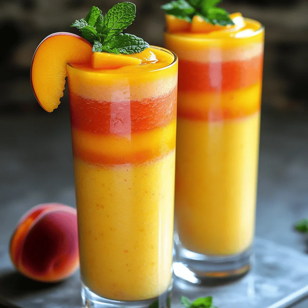 Für den Mango-Pfirsich Sonnenaufgang-Smoothie brauchen wir einige frische Zutaten. Hier sind die Hauptzutaten: - 1 reife Mango, geschält und gewürfelt - 1 reifer Pfirsich, entkernt und gewürfelt - 1 Banane, in Scheiben geschnitten - 240 ml Kokosmilch oder Mandelmilch - 120 g griechischer Joghurt oder eine Milch-Alternative - 1 Esslöffel Honig oder Ahornsirup (optional) - 120 ml Eiswürfel - Frische Minzblätter zum Garnieren Diese Zutaten bieten eine tolle Mischung aus Süße und Cremigkeit. Die Mango und der Pfirsich bringen viel Saftigkeit mit. Die Banane macht den Smoothie schön dick. Kokosmilch sorgt für einen tropischen Geschmack. Zusätzlich zu den Hauptzutaten kann man einige Ergänzungen verwenden. Zum Beispiel: - Chiasamen: Sie fügen Ballaststoffe und Omega-3-Fettsäuren hinzu. - Spinat: Er macht den Smoothie grün und ist sehr gesund. - Proteinpulver: Ideal für einen zusätzlichen Eiweißkick. Diese Ergänzungen bieten mehr Nährstoffe. Sie passen gut zu den fruchtigen Aromen. Bei der Auswahl von Mango und Pfirsich ist Reife wichtig. Eine reife Mango hat eine glatte, leicht glänzende Haut. Sie sollte bei sanftem Druck leicht nachgeben. Ein reifer Pfirsich hat eine feine, samtige Haut. Er riecht süß und duftet frisch. Wenn die Früchte noch hart sind, lassen Sie sie bei Raumtemperatur reifen. Nach ein paar Tagen sind sie bereit für den Smoothie. Wenn sie zu reif sind, verwenden Sie sie schnell, um die beste Frische zu genießen. Diese Tipps sorgen dafür, dass Ihr Mango-Pfirsich Sonnenaufgang-Smoothie lecker und voll von Geschmack ist. Für die vollständige Zubereitung schauen Sie sich das [Full Recipe] an. Zuerst sammeln wir alle Zutaten für den Mango-Pfirsich Sonnenaufgang-Smoothie. Das macht alles einfacher. Du brauchst: - 1 reife Mango, geschält und gewürfelt - 1 reifen Pfirsich, entkernt und gewürfelt - 1 Banane, in Scheiben geschnitten - 240 ml Kokosmilch (oder Mandelmilch) - 120 g griechischer Joghurt (oder eine Milch-Alternative) - 1 Esslöffel Honig oder Ahornsirup (optional) - 120 ml Eiswürfel - Frische Minzblätter zum Garnieren Achte darauf, dass die Mango und der Pfirsich reif sind. Sie sollten süß und saftig sein. Das macht den Smoothie noch besser. Wasche die Früchte gut, bevor du sie schneidest. Jetzt kommt der spannende Teil. Nimm deinen Mixer und gebe die gewürfelte Mango, den Pfirsich und die Bananenscheiben hinein. Füge die Kokosmilch und den griechischen Joghurt dazu. Wenn du es süßer magst, füge den Honig oder Ahornsirup hinzu. Gib dann die Eiswürfel in den Mixer. Mische alles auf hoher Stufe, bis die Mischung glatt und cremig ist. Wenn nötig, stoppe den Mixer und schabe die Seiten ab. Das sorgt dafür, dass alles gut vermischt ist. Probiere den Smoothie. Vielleicht möchtest du die Süße anpassen. Mische erneut, falls du etwas hinzufügst. Wenn dein Smoothie zu dick ist, füge mehr Kokosmilch hinzu. Mische dann wieder. Wenn er zu dünn ist, gib mehr gefrorene Früchte oder Eiswürfel dazu. Für mehr Süße kannst du mehr Honig oder Ahornsirup hinzufügen. Denke daran, dass die Frucht auch süß ist. Sei also vorsichtig mit dem Zusatz. Jetzt hast du einen tollen Mango-Pfirsich Sonnenaufgang-Smoothie. Gieße ihn in hohe Gläser und garniere mit frischen Minzblättern. Das sieht nicht nur gut aus, sondern schmeckt auch frisch und lecker. Du kannst die vollständige Zubereitung im Full Recipe sehen. Ein häufiges Problem beim Mixen ist die Konsistenz. Wenn der Smoothie zu dick ist, fügen Sie mehr Flüssigkeit hinzu. Wasser oder Kokosmilch funktionieren gut. Ist er zu dünn, geben Sie mehr gefrorene Früchte hinzu. Manchmal kann der Geschmack auch zu fad sein. In diesem Fall hilft ein Spritzer Zitrone oder etwas mehr Honig. Um die perfekte Textur zu erreichen, starten Sie mit niedrigem Tempo. So vermischen sich die Zutaten gut. Sobald alles gut vermischt ist, erhöhen Sie die Geschwindigkeit. Mixen Sie für etwa 30 bis 60 Sekunden. Stoppen Sie den Mixer und schaben Sie die Seiten ab, damit alles gleichmäßig wird. Achten Sie darauf, den Smoothie nicht zu lange zu mixen. Das kann ihn wässrig machen. Die Präsentation macht viel aus. Gießen Sie den Smoothie in hohe Gläser. Garnieren Sie mit frischen Minzblättern. Für einen schönen Effekt können Sie die Früchte schichten. Dazu pürieren Sie die Mango und den Pfirsich jeweils mit etwas Kokosmilch. Gießen Sie die Mischung nacheinander ins Glas. Fügen Sie Pfirsichscheiben am Glasrand hinzu. So sieht der Smoothie noch leckerer aus und ist ein echter Hingucker. Für die vollständige Zubereitung des Mango-Pfirsich Sonnenaufgang-Smoothies schauen Sie sich das [Full Recipe] an. {{image_4}} Du kannst diesen Smoothie leicht ändern. Wenn du andere Früchte magst, probiere Ananas oder Himbeeren. Diese Früchte bringen frische Aromen und Farben. Du kannst auch gefrorene Früchte verwenden. Diese machen den Smoothie noch kühler und cremiger. Neben Früchten kannst du auch andere Zutaten hinzufügen. Probiere zum Beispiel Chiasamen für mehr Ballaststoffe. Diese kleinen Samen machen deinen Smoothie gesünder. Auch Spinat kann eine gute Wahl sein. Er gibt dir viele Vitamine und fällt im Geschmack kaum auf. Wenn du Schokoladengeschmack magst, füge Kakaopulver hinzu. Das gibt deinem Smoothie einen besonderen Kick. Wenn du vegan bist, benutze pflanzliche Milch. Kokosmilch oder Mandelmilch sind super Alternativen. Für den Joghurt kannst du Soja- oder Kokosjoghurt nutzen. Diese Alternativen sind lecker und gesund. Achte darauf, dass du einen Honigersatz wählst, wenn du süßen möchtest. Ahornsirup ist eine tolle Option. So wird dein Smoothie einfach für alle geeignet! Mache deinen Mango-Pfirsich Sonnenaufgang-Smoothie ganz nach deinem Geschmack! Schau dir das [Full Recipe] an, um die Basis zu finden. Nach dem Mixen bleibt oft etwas Smoothie übrig. Um ihn frisch zu halten, fülle den Rest in einen luftdichten Behälter. Stelle den Behälter in den Kühlschrank. So bleibt der Smoothie für etwa einen Tag gut. Rühre ihn vor dem Trinken gut um. Die Früchte setzen Wasser frei, was die Konsistenz ändern kann. Du kannst auch die Zutaten für den Mango-Pfirsich Sonnenaufgang-Smoothie einfrieren. Schneide die Mango, den Pfirsich und die Banane in Stücke. Lege sie in einen Gefrierbeutel und presse die Luft heraus. So bleiben die Früchte bis zu drei Monate frisch. Wenn du einen Smoothie machen willst, nimm die Früchte einfach aus dem Gefrierfach und püriere sie direkt. Wenn du die gefrorenen Zutaten verwenden möchtest, lass sie kurz auftauen. Du kannst sie auch direkt gefroren in den Mixer geben. Das ergibt einen kühlen und cremigen Smoothie. Achte darauf, keine zu alten Zutaten zu verwenden. Gefrorene Früchte behalten ihre Nährstoffe. Sie sind eine einfache und gesunde Option für deinen Smoothie! Der Mango-Pfirsich Sonnenaufgang-Smoothie ergibt etwa 2 bis 3 Portionen. Das hängt davon ab, wie groß Ihre Gläser sind. Wenn Sie mehr benötigen, können Sie die Zutaten einfach verdoppeln. So haben Sie genug für Familie oder Freunde. Die Zutaten sind nicht nur lecker, sondern auch gesund. Mango ist reich an Vitamin C und A. Sie stärkt das Immunsystem und fördert die Hautgesundheit. Pfirsiche sind ebenfalls nahrhaft. Sie enthalten Ballaststoffe, die gut für die Verdauung sind. Banane gibt Ihnen Energie und ist eine gute Kaliumquelle. Kokosmilch sorgt für eine cremige Textur und ist laktosefrei. Griechischer Joghurt liefert viel Eiweiß und unterstützt die Muskeln. Jedes Element trägt zu einem gesunden Lebensstil bei. Ja, Sie können den Smoothie für Meal Prep vorbereiten. Mixen Sie die Zutaten einfach im Voraus. Füllen Sie den Smoothie in luftdichte Behälter. Lagern Sie ihn im Kühlschrank, und genießen Sie ihn innerhalb von 1 bis 2 Tagen. Für einen kühlen Genuss können Sie auch einen Teil der Zutaten einfrieren. So haben Sie immer einen schnellen und gesunden Snack zur Hand. Wenn Sie die [Full Recipe] beachten, erhalten Sie die besten Ergebnisse! Der Mango-Pfirsich Sonnenaufgang-Smoothie ist einfach und lecker. Du hast gelernt, wie man ihn macht, welche Zutaten wichtig sind und wie man die Konsistenz anpasst. Es gibt Lösungen für gängige Probleme und viele Variationen. Du kannst die Zutaten nach deinem Geschmack ändern. Denk daran, Reste richtig zu lagern oder einzufrieren. Mit diesen Tipps wirst du schnell zum Smoothie-Profi. Probiere es aus und genieße jeden Schluck dieser fruchtigen Erfrischung!