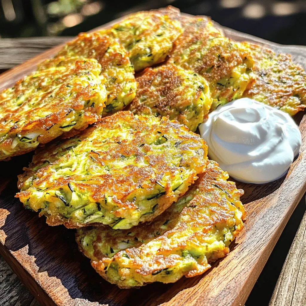 Für die perfekten gebackenen Zucchini-Fritters brauchst du diese frischen Zutaten: - 2 mittelgroße Zucchini, gerieben - 1 Teelöffel Salz - 1 Tasse Semmelbrösel (Panko wird bevorzugt für extra Knusprigkeit) - 1/2 Tasse geriebener Parmesan - 2 große Eier, verquirlt - 1/4 Tasse fein gehackte Frühlingszwiebeln - 2 Knoblauchzehen, gehackt - 1/2 Teelöffel Zwiebelpulver - 1/2 Teelöffel getrockneter Oregano - 1/4 Teelöffel schwarzer Pfeffer - Olivenölspray zum Backen Die Mengen sind wichtig, um einen guten Geschmack zu erreichen. Achte darauf, alles genau zu messen: - Zucchini: 2 Stück, mittelgroß, das gibt die Hauptmenge. - Salz: 1 Teelöffel, um die Feuchtigkeit zu entziehen. - Semmelbrösel: 1 Tasse, für die perfekte Konsistenz und Knusprigkeit. - Parmesan: 1/2 Tasse, für den herzhaften Geschmack. - Eier: 2 Stück, sie halten alles zusammen. - Frühlingszwiebeln: 1/4 Tasse, für Frische und Farbe. - Knoblauch: 2 Zehen, für den tollen Geschmack. - Zwiebelpulver: 1/2 Teelöffel, fügt Tiefe hinzu. - Oregano: 1/2 Teelöffel, für eine italienische Note. - Schwarzer Pfeffer: 1/4 Teelöffel, für ein wenig Schärfe. - Olivenölspray: nach Bedarf, um die Fritters knusprig zu machen. Frische Zucchini sind das Herzstück dieser Fritters. Hier sind einige Tipps, um die besten auszuwählen: - Achte auf eine straffe Haut. Sie sollte frei von Dellen sein. - Wähle Zucchini mit leuchtender Farbe. Dunkelgrün ist ein gutes Zeichen. - Überprüfe die Größe. Kleinere Zucchini sind oft zarter und geschmackvoller. - Rieche daran. Frische Zucchini haben einen milden, frischen Duft. - Kaufe lokale Produkte, wenn möglich. Das sorgt für besseres Aroma und unterstützt die Umwelt. Mit diesen Zutaten und Tipps bist du bereit, die besten gebackenen Zucchini-Fritters zuzubereiten! Schau dir das Full Recipe an, um alle Schritte zu sehen. Beginnen Sie mit der Zucchini. Nehmen Sie zwei mittelgroße Zucchini und reiben Sie sie. Legen Sie die geriebenen Zucchini in eine große Schüssel. Fügen Sie einen Teelöffel Salz hinzu. Lassen Sie die Mischung etwa zehn Minuten ruhen. Das Salz zieht die Feuchtigkeit aus der Zucchini. Nach zehn Minuten drücken Sie die Zucchini mit einem sauberen Küchentuch aus. Entfernen Sie so viel Feuchtigkeit wie möglich. Geben Sie die trockene Zucchini zurück in die Schüssel. Fügen Sie nun die Semmelbrösel, geriebenen Parmesan, verquirlte Eier, Frühlingszwiebeln, Knoblauch, Zwiebelpulver, Oregano und schwarzen Pfeffer hinzu. Rühren Sie alles gut durch, bis die Mischung gleichmäßig ist. Jetzt kommt der kreative Teil! Nehmen Sie eine kleine Menge der Mischung in Ihre Hände. Formen Sie kleine Patties, etwa fünf bis sieben cm breit. Legen Sie die Patties auf ein mit Backpapier ausgelegtes Blech. Sprühen Sie die Fritters leicht mit Olivenölspray ein. Dies hilft, eine knusprige Textur zu erhalten. Backen Sie die Fritters im vorgeheizten Ofen bei 200°C für 20 bis 25 Minuten. Wenden Sie sie nach der Hälfte der Zeit, damit sie gleichmäßig bräunen. Nach dem Backen lassen Sie sie kurz abkühlen, bevor Sie sie servieren. Genießen Sie die Fritters warm mit einem Klecks griechischem Joghurt oder Tzatziki-Sauce! Um Ihre Fritters besonders knusprig zu machen, ist die Feuchtigkeit der Zucchini der Schlüssel. Lassen Sie die geriebenen Zucchini nach dem Salzen für 10 Minuten ruhen. Drücken Sie dann die Zucchini gut aus. Je weniger Feuchtigkeit, desto besser die Textur. Verwenden Sie Panko-Semmelbrösel statt gewöhnlicher Semmelbrösel. Diese sind gröber und sorgen für mehr Knusprigkeit. Ein leichter Sprühnebel mit Olivenölspray vor dem Backen hilft ebenfalls, die Fritters goldbraun zu machen. Ein häufiger Fehler ist, die Zucchini nicht genug auszudrücken. Wenn sie zu feucht sind, werden die Fritters matschig. Achten Sie auch darauf, die Fritters gleichmäßig zu formen. Wenn sie zu dick sind, garen sie innen nicht gut. Überladen Sie das Backblech nicht. Geben Sie den Fritters genug Platz, damit die Luft zirkulieren kann. So werden sie gleichmäßig knusprig. Servieren Sie die Fritters warm für den besten Geschmack. Ich empfehle, sie mit einem Klecks griechischem Joghurt oder Tzatziki zu garnieren. Frische Kräuter wie Dill oder Petersilie geben zusätzlichen Geschmack und Farbe. Arrangieren Sie die Fritters auf einer schönen Platte. Eine ansprechende Präsentation macht aus einem einfachen Gericht ein Festmahl. Für die vollständige Rezeptanleitung schauen Sie sich das [Full Recipe] an. {{image_4}} Die Zucchini-Fritters sind sehr flexibel. Sie können verschiedene Gemüse hinzufügen. Zum Beispiel sind geriebene Karotten oder Paprika toll. Diese geben Farbe und zusätzlichen Geschmack. Auch Feta-Käse passt gut, wenn Sie eine salzige Note mögen. Für eine vegane Option können Sie die Eier mit Leinsamen ersetzen. Das macht die Fritters leicht und gesund. Die Gewürze sind entscheidend für den Geschmack. Sie können verschiedene Kräuter verwenden. Zum Beispiel sind frische Petersilie oder Basilikum eine gute Wahl. Für ein bisschen Schärfe fügen Sie rote Pfefferflocken hinzu. Auch Kreuzkümmel passt gut zu Zucchini. Experimentieren Sie mit den Gewürzen, die Sie mögen. So finden Sie Ihre perfekte Mischung! Die Konsistenz der Fritters ist wichtig. Wenn sie zu feucht sind, fügen Sie mehr Semmelbrösel hinzu. Für eine weichere Textur können Sie mehr Zucchini verwenden. Achten Sie darauf, die Zucchini gut auszupressen. So vermeiden Sie, dass die Fritters matschig werden. Es ist alles eine Frage des Ausprobierens. Finden Sie heraus, was Ihnen am besten gefällt! Für das komplette Rezept, schauen Sie sich die [Full Recipe] an. Um die frisch gebackenen Fritters richtig zu lagern, lege sie in einen luftdichten Behälter. Stelle sicher, dass sie vollständig abgekühlt sind, bevor du sie hineinlegst. Ein kühler Ort wie der Kühlschrank ist ideal. So bleiben sie frisch und behalten ihren Geschmack. Die Fritters halten sich im Kühlschrank etwa 3 bis 5 Tage. Wenn du sie länger aufbewahren möchtest, friere sie ein. So bleiben sie bis zu 3 Monate haltbar. Achte darauf, sie gut in Frischhaltefolie einzuwickeln oder in einen Gefrierbeutel zu legen. Um die Fritters wieder knusprig zu machen, heize deinen Ofen auf 180°C vor. Lege die Fritters auf ein Backblech und backe sie für etwa 10 Minuten. Du kannst auch eine Pfanne benutzen. Erhitze etwas Öl bei mittlerer Hitze und brate die Fritters für 3-4 Minuten pro Seite. So schmecken sie fast wie frisch gebacken! Für das vollständige Rezept, schau dir die [Full Recipe] an. Die Fritters halten sich gut im Kühlschrank. Lagern Sie sie in einem luftdichten Behälter. Sie bleiben frisch für etwa drei bis fünf Tage. Wenn Sie die Fritters länger aufbewahren möchten, frieren Sie sie ein. So können sie bis zu drei Monate haltbar bleiben. Stellen Sie sicher, dass sie gut verpackt sind, um Gefrierbrand zu vermeiden. Ja, Sie können die Fritters im Voraus machen. Bereiten Sie die Mischung vor und formen Sie die Patties. Legen Sie die Patties auf ein Backblech und stellen Sie sie in den Kühlschrank. Sie können die Fritters bis zu 24 Stunden im Voraus zubereiten. Wenn Sie bereit sind zu backen, nehmen Sie sie einfach heraus und backen Sie sie, wie im Rezept beschrieben. Wenn Sie keinen Parmesan haben, gibt es gute Alternativen. Probieren Sie Pecorino oder Grana Padano. Diese Käsesorten bieten einen ähnlichen Geschmack. Eine vegane Option wäre Hefeflocken. Diese verleihen den Fritters einen käsigen Geschmack ohne tierische Produkte. Egal für welche Option Sie sich entscheiden, die Fritters bleiben lecker! In diesem Blogbeitrag habe ich die besten Zutaten und Tipps für Zucchini-Fritters vorgestellt. Einfache Schritte helfen dir beim Vorbereiten und Backen. Ich gab Tipps, um deine Fritters knusprig zu halten und wie du häufige Fehler vermeidest. Du hast auch Optionen für Variationen entdeckt und gelernt, wie du sie richtig lagerst. Mach deine Zucchini-Fritters einzigartig und lecker! Nutze die Tipps, um sie perfekt zu machen. Viel Spaß beim Ausprobieren!