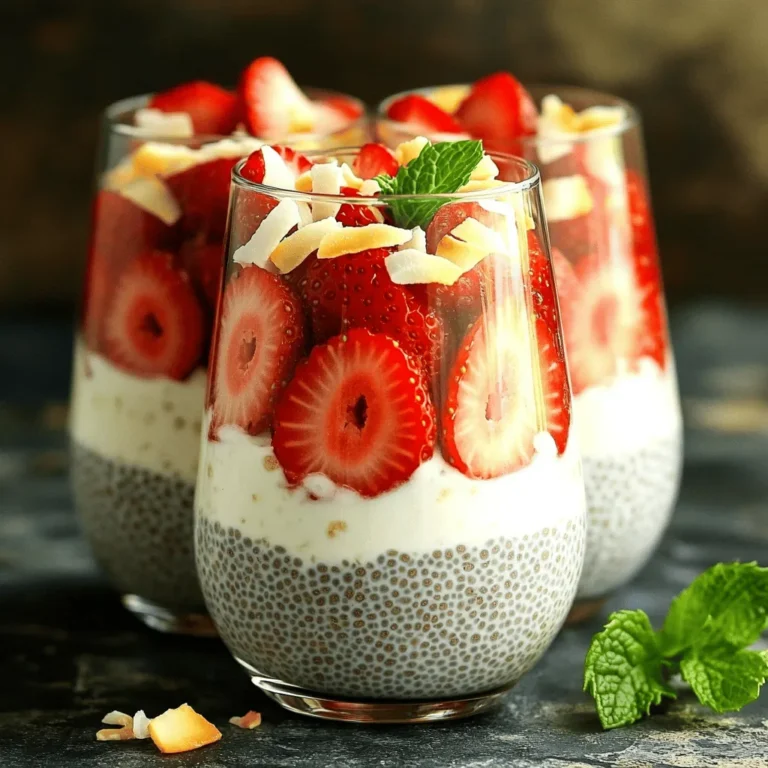 Für den Erdbeer-Kokos-Chia-Pudding brauche ich einige einfache Zutaten. Diese sind: - 1 Tasse Kokosmilch (aus der Dose oder Karton) - 1/4 Tasse Chiasamen - 2 Esslöffel Ahornsirup (oder Honig) - 1 Teelöffel Vanilleextrakt - 1 Tasse frische Erdbeeren, geputzt und in Scheiben geschnitten - Eine Prise Salz - Geröstete Kokosflocken zur Garnierung (optional) Diese Zutaten sind wichtig, um den perfekten Geschmack zu erzielen. Die Kokosmilch gibt dem Pudding eine cremige Basis. Chiasamen machen ihn dick und gesund. Die Erdbeeren fügen eine frische Süße hinzu. Ich kann Ahornsirup durch andere Süßungsmittel ersetzen. Einige gute Optionen sind: - Honig - Agavendicksaft - Kokosblütenzucker Jedes dieser Süßungsmittel hat einen eigenen Geschmack. Ich mag es, den Pudding mit Honig zu süßen, weil er eine blumige Note hat. Für die Garnierung kann ich kreativ sein. Einige Ideen sind: - Geröstete Kokosflocken - Frische Minzblätter - Weitere Obstsorten wie Himbeeren oder Kiwis Diese Garnierungen machen den Pudding nicht nur schön, sondern auch lecker. Ich empfehle, die Garnierungen kurz vor dem Servieren hinzuzufügen. So bleiben sie frisch und knackig. Wenn ich den Pudding in Gläsern serviere, sieht er besonders toll aus. Für die komplette Anleitung und Zubereitung, siehe den Full Recipe. Zuerst sammeln wir die Zutaten. Für den Erdbeer-Kokos-Chia-Pudding brauchen wir: - 1 Tasse Kokosmilch (aus der Dose oder Karton) - 1/4 Tasse Chiasamen - 2 Esslöffel Ahornsirup (oder Honig) - 1 Teelöffel Vanilleextrakt - 1 Tasse frische Erdbeeren, geputzt und in Scheiben geschnitten - Eine Prise Salz - Geröstete Kokosflocken zur Garnierung (optional) Stellen Sie sicher, dass alles frisch ist. Dies macht einen großen Unterschied im Geschmack. Die Erdbeeren sollten reif und rot sein. So bringen sie die beste Süße. Beginnen Sie in einer großen Rührschüssel. Geben Sie die Kokosmilch, den Ahornsirup, den Vanilleextrakt und eine Prise Salz hinein. Verquirlen Sie alles gut, bis es gut vermischt ist. Jetzt streuen Sie langsam die Chiasamen hinein. Rühren Sie vorsichtig, damit sie gleichmäßig verteilt sind. Lassen Sie die Mischung für etwa 5 Minuten ruhen. So können die Chiasamen etwas quellen und dicker werden. Decken Sie die Schüssel ab und stellen Sie sie für mindestens 4 Stunden in den Kühlschrank. Am besten lassen wir es über Nacht ruhen. So wird der Pudding schön cremig. Wenn Sie bereit sind zu servieren, nehmen Sie den Chia-Pudding aus dem Kühlschrank. Teilen Sie ihn gleichmäßig auf kleine Gläser oder Schalen auf. Jetzt wird es kreativ! Schichten Sie die Erdbeerscheiben dekorativ auf die Puddingoberfläche. So sieht es nicht nur gut aus, sondern schmeckt auch frisch. Wenn Sie mögen, bestreuen Sie die Portionen mit gerösteten Kokosflocken. Diese sorgen für zusätzlichen Crunch und ein tolles Aroma. Servieren Sie den Pudding in klaren Gläsern. So kommen die leuchtend roten Erdbeeren gut zur Geltung. Für eine besondere Note können Sie ein kleines Minzeblatt oben drauflegen. Es sieht toll aus und gibt einen frischen Duft. Für das vollständige Rezept schauen Sie sich die [Full Recipe] an. Um die perfekte Konsistenz zu erreichen, sind einige Schritte wichtig. Rühren Sie die Chiasamen langsam in die Kokosmilch. Lassen Sie die Mischung etwa fünf Minuten ruhen. Dadurch quellen die Samen und binden die Flüssigkeit. Nach der ersten Ruhepause, rühren Sie erneut um. So vermeiden Sie Klumpen. Für die beste Textur kühlen Sie den Pudding mindestens vier Stunden. Ideal ist es, ihn über Nacht im Kühlschrank zu lassen. Ein häufiger Fehler ist das falsche Verhältnis von Chiasamen zu Flüssigkeit. Verwenden Sie immer das Verhältnis von 1:4 für Chiasamen zu Flüssigkeit. Zu wenig Flüssigkeit macht den Pudding trocken. Außerdem kann das Rühren beim ersten Mischen wichtig sein. Vermeiden Sie es, die Chiasamen zu schnell hinzuzufügen. Wenn Sie die Samen zu schnell hinzufügen, können sie verklumpen und nicht gleichmäßig quellen. Servieren Sie den Chia-Pudding in klaren Gläsern. So sieht man die schönen Erdbeeren durch die Schicht aus Pudding. Garnieren Sie den Pudding mit frischen Erdbeeren und gerösteten Kokosflocken. Ein kleines Minzeblatt obendrauf bringt Farbe und Aroma. Diese kleinen Details machen Ihr Dessert nicht nur lecker, sondern auch schön anzusehen. Für das beste Erlebnis nutzen Sie die [Full Recipe]. {{image_4}} Es gibt viele Möglichkeiten, dieses Rezept zu verändern. Du kannst andere Früchte hinzufügen, um neue Geschmäcker zu entdecken. Probiere zum Beispiel Bananen, Mangos oder Passionsfrüchte. Diese Früchte geben dem Pudding eine frische Note. Du kannst auch Aromen wie Zimt oder Ingwer hinzufügen. So wird dein Chia-Pudding noch interessanter. Der Erdbeer-Kokos-Chia-Pudding ist von Natur aus vegan und glutenfrei. Wenn du möchtest, kannst du den Ahornsirup durch Agavendicksaft ersetzen. Das gibt einen anderen Geschmack, bleibt aber pflanzlich. Achte darauf, dass alle Zutaten glutenfrei sind, wenn du Allergien hast. So kannst du den Pudding ohne Bedenken genießen. Du kannst diesen Chia-Pudding auch mit anderen Puddings mixen. Zum Beispiel ist eine Schicht aus Schokoladenpudding eine tolle Idee. Der Kontrast zwischen Erdbeeren und Schokolade schmeckt herrlich. Du kannst auch eine Schicht aus Vanillepudding probieren. Diese Kombinationen machen das Dessert noch spannender und leckerer. Für das vollständige Rezept, schaue dir die [Full Recipe] an. Um deinen Erdbeer-Kokos-Chia-Pudding frisch zu halten, lagere ihn im Kühlschrank. Verwende einen luftdichten Behälter, um Gerüche zu vermeiden. So bleibt der Pudding bis zu fünf Tage frisch. Stelle sicher, dass der Behälter fest verschlossen ist, um Feuchtigkeit fernzuhalten. Der Chia-Pudding hält sich gut im Kühlschrank. Wenn du ihn richtig lagerst, bleibt er etwa fünf Tage genießbar. Du kannst ihn auch portionieren und in einzelnen Behältern aufbewahren. Das macht es einfach, ihn unterwegs mitzunehmen. Es ist ein perfekter Snack für den Tag. Wenn der Pudding nach ein paar Tagen etwas fester wird, kannst du ihn einfach auflockern. Füge einen Schuss Kokosmilch hinzu und rühre gut um. So erhält der Pudding seine cremige Textur zurück. Bei Bedarf kannst du auch frische Erdbeeren hinzufügen, um den Geschmack aufzufrischen. Nutze die Tipps aus dem [Full Recipe] für beste Ergebnisse. Chia-Pudding sollte mindestens 4 Stunden im Kühlschrank stehen. Ich empfehle, ihn über Nacht zu lassen. So wird er richtig dick und cremig. Die Chiasamen saugen die Flüssigkeit auf. Dies hilft, eine tolle Konsistenz zu erreichen. Ja, du kannst Frozen Beeren verwenden. Sie sind eine gute Alternative zu frischen Beeren. Achte darauf, sie vorher leicht antauen zu lassen. So kommen die Aromen besser zur Geltung. Du kannst sie direkt in den Pudding geben oder als Topping nutzen. Chia-Pudding ist sehr gesund. Chiasamen sind reich an Ballaststoffen, Omega-3-Fettsäuren und Proteinen. Sie helfen, deinen Körper mit wichtigen Nährstoffen zu versorgen. Außerdem ist der Pudding einfach zuzubereiten. Du kannst ihn nach Belieben süßen und variieren. Das macht ihn zu einer tollen Wahl für jede Mahlzeit. Erdbeer-Kokos-Chia-Pudding ist einfach und lecker. Wir haben die besten Zutaten, Zubereitungsschritte und Tipps für einen gelungenen Pudding behandelt. Denk daran, auf die Konsistenz zu achten und häufige Fehler zu vermeiden. Du kannst auch Variationen ausprobieren, um das Rezept zu personalisieren. Achte auf die Lagerung, damit der Pudding frisch bleibt. Bleibe neugierig und experimentiere in der Küche mit diesen Ideen!