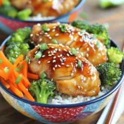 Für eine leckere Teriyaki Hühnchen-Reisbowl brauchst du einige Hauptzutaten. Hier ist die Liste: - 450 g Hähnchenschenkel, ohne Knochen und Haut, in Scheiben geschnitten - 240 g Sushi-Reis (oder Rundkornreis) - 470 ml Wasser - 60 ml Sojasauce - 30 g Honig - 15 ml Reisessig - 15 ml Sesamöl - 5 g frisch geriebener Ingwer - 2 Knoblauchzehen, gehackt - 150 g Brokkoliröschen - 1 Karotte, julienniert - 2 Frühlingszwiebeln, in Ringe geschnitten - Sesamsamen zur Garnierung Diese Zutaten sind wichtig, um den vollen Geschmack zu erreichen. Hähnchen gibt dir Protein, während der Reis eine gute Basis bildet. Für Teriyaki Hühnchen-Reisbowl ist Sushi-Reis die beste Wahl. Er hat die richtige Konsistenz und klebt gut. Rundkornreis ist eine gute Alternative. Er bietet auch eine schöne Textur. Beide Reisarten nehmen die Soße gut auf. Es ist wichtig, den Reis gut abzuspülen, damit er nicht klebrig wird. Du kannst dein Gemüse variieren. Brokkoli und Karotten sind lecker, aber du kannst auch andere Sorten hinzufügen. Paprika oder Zuckerschoten passen gut zu diesem Gericht. Auch Babymais oder Spinat sind tolle Ergänzungen. Sie bringen Farbe und Nährstoffe in die Schüssel. So bleibt dein Gericht frisch und gesund. Um den perfekten Reis für deine Teriyaki Hühnchen-Reisbowl zuzubereiten, spülst du den Sushi-Reis zuerst. Spüle ihn unter kaltem Wasser, bis das Wasser klar ist. So entfernst du die Stärke, die den Reis klebrig macht. Danach gibst du den Reis mit 470 ml Wasser in einen Topf. Bringe das Wasser zum Kochen. Reduziere dann die Hitze, decke den Topf ab und lasse den Reis 15 Minuten köcheln. Der Reis ist fertig, wenn das Wasser aufgesogen wurde. Lass ihn dann 10 Minuten abgedeckt ruhen. Dies sorgt für eine lockere Konsistenz. Für die Teriyaki-Soße nimm eine kleine Schüssel. Füge 60 ml Sojasauce, 30 g Honig, 15 ml Reisessig, 15 ml Sesamöl, 5 g frisch geriebenen Ingwer und 2 gehackte Knoblauchzehen hinzu. Verquirle alles gut, bis die Zutaten gut vermischt sind. Diese Soße ist entscheidend für den Geschmack deiner Schüssel. Sie verbindet sich wunderbar mit dem Hühnchen und dem Gemüse. Erhitze etwas Öl in einer großen Pfanne oder einem Wok bei mittlerer bis hoher Hitze. Gib die geschnittenen Hähnchenschenkel in die Pfanne. Brate sie 5-7 Minuten lang, bis sie goldbraun sind. Das Hühnchen soll gut durchgegart sein. Füge dann 150 g Brokkoliröschen und 1 juliennierte Karotte hinzu. Brate das Gemüse 3-4 Minuten mit, bis es zart, aber knackig ist. Gieße die Teriyaki-Soße darüber und rühre gut um. Lass alles noch 2-3 Minuten köcheln, bis die Soße leicht eindickt. Diese Schritte geben dir eine köstliche Basis für deine Teriyaki Hühnchen-Reisbowl. Du kannst die Schalen dann anrichten und mit Frühlingszwiebeln und Sesamsamen garnieren. Das bringt noch mehr Farbe und Geschmack! Um die beste Teriyaki-Soße zu machen, mische Sojasauce mit Honig. Füge frischen Ingwer und Knoblauch hinzu. Das gibt der Soße Tiefe und Geschmack. Achte darauf, die Soße nicht zu lange zu kochen. So bleibt sie dick und glänzend. Um das Hühnchen saftig zu halten, brate es bei mittlerer Hitze. So wird es gleichmäßig durchgegart. Verwende auch Hähnchenschenkel. Sie sind saftiger als Brustfilets. Lass das Hühnchen nach dem Braten kurz ruhen. Das hilft, die Säfte zu bewahren. Für eine schöne Präsentation, schichte den Reis zuerst in die Schüssel. Dann kommt das Hühnchen und das Gemüse obendrauf. Streue die Frühlingszwiebeln und Sesamsamen darüber. Das gibt Farbe und macht die Schüssel einladend. Serviere die Schüsseln warm und genieße das Gericht mit Essstäbchen. {{image_4}} Wenn du eine vegetarische Option suchst, ist Tofu eine großartige Wahl. Du kannst festen Tofu verwenden. Schneide ihn in Würfel und brate ihn knusprig. Marinierung ist auch wichtig. Verwende die gleiche Teriyaki-Soße. So erhältst du viel Geschmack. Eine weitere Möglichkeit ist Tempeh. Es hat einen nussigen Geschmack und passt gut. Du kannst das Rezept leicht anpassen. Statt Hähnchen kannst du auch Rindfleisch oder Schweinefleisch verwenden. Schneide das Fleisch in dünne Scheiben. Brate es in der Pfanne, bis es gar ist. Für eine leichtere Option probiere Garnelen. Sie kochen schnell und nehmen die Soße gut auf. Jedes Protein bringt seinen eigenen Geschmack in die Bowl. Die Teriyaki-Soße ist klassisch, aber nicht die einzige Wahl. Du kannst eine Erdnusssoße für einen anderen Geschmack wählen. Sie ist cremig und nussig. Eine süß-saure Soße passt auch gut. Diese Soße kann die Bowl frisch und leicht machen. Experimentiere mit verschiedenen Soßen, um neue Geschmäcker zu entdecken. Um die Reste von Teriyaki Hühnchen-Reisbowl gut zu lagern, verwende luftdichte Behälter. Teile das Gericht in Portionen auf, damit du nur das aufwärmst, was du brauchst. Stelle sicher, dass der Reis und das Gemüse gut abgekühlt sind, bevor du sie in den Kühlschrank stellst. So bleiben sie frisch und vermeiden Bakterienwachstum. Wenn du die Reste aufwärmst, nutze die Mikrowelle oder eine Pfanne. Für die Mikrowelle gib die Portion in eine Schüssel, füge ein wenig Wasser hinzu und decke sie ab. Das Wasser hilft, den Reis feucht zu halten. In der Pfanne kannst du etwas Öl oder Brühe hinzufügen, um das Gericht gleichmäßig zu erwärmen. Rühre gut um, damit alles gleichmäßig heiß wird. Im Kühlschrank hält sich die Teriyaki Hühnchen-Reisbowl etwa 3 bis 4 Tage. Wenn du sie länger lagern willst, kannst du sie im Gefrierschrank aufbewahren. Dort bleibt sie bis zu 3 Monate frisch. Stelle sicher, dass du das Gericht gut verpackst, um Gefrierbrand zu vermeiden. Wenn du bereit bist zu essen, tau das Gericht im Kühlschrank auf, bevor du es aufwärmst. Du kannst verschiedene Reissorten verwenden. Rundkornreis ist eine gute Option. Er hat eine ähnliche Textur. Du kannst auch Jasmin- oder Basmati-Reis nutzen. Diese Sorten sind aromatisch und lecker. Achte darauf, die Kochzeit anzupassen. Wenn du Quinoa magst, ist das auch eine gesunde Wahl. Quinoa hat mehr Protein und Ballaststoffe. Ja, du kannst die Teriyaki-Soße im Voraus machen. Mische einfach die Sojasauce, Honig, Reisessig, Sesamöl, Ingwer und Knoblauch. Bewahre die Soße in einem luftdichten Behälter auf. Lass sie im Kühlschrank für bis zu einer Woche. Wenn du sie später nutzen möchtest, einfach gut umrühren. Erwärme die Soße leicht, bevor du sie verwendest. Ja, dieses Rezept kann gesund sein. Hähnchen ist eine mageres Protein. Das Gemüse bringt Vitamine und Mineralien. Reis gibt dir die nötige Energie. Du kannst auch die Menge der Soße reduzieren, um den Zuckergehalt zu senken. Verwende mehr Gemüse, um das Gericht nährstoffreicher zu machen. So bleibt es lecker und gesund. In diesem Blogbeitrag habe ich die Hauptzutaten und die Zubereitung für Teriyaki Hühnchen-Reisbowl beschrieben. Ich habe auch Tipps gegeben, wie man die Soße perfekt macht und das Hühnchen saftig hält. Variationen und Lagerung der Reste sind wichtig für die Zukunft. Damit können Sie diese schmackhafte Bowl leicht zubereiten und genießen. Probieren Sie verschiedene Varianten aus, um neue Geschmäcker zu entdecken!