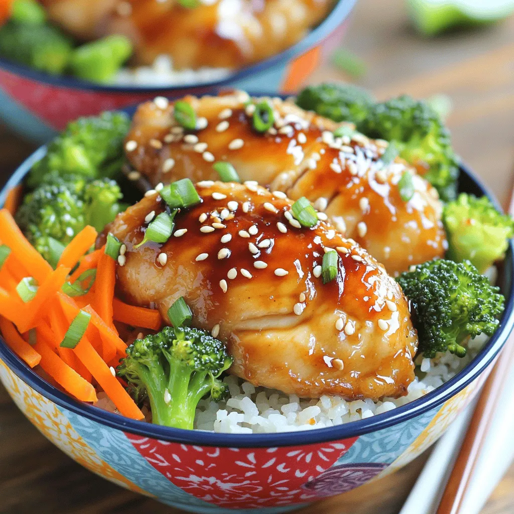 Für eine leckere Teriyaki Hühnchen-Reisbowl brauchst du einige Hauptzutaten. Hier ist die Liste: - 450 g Hähnchenschenkel, ohne Knochen und Haut, in Scheiben geschnitten - 240 g Sushi-Reis (oder Rundkornreis) - 470 ml Wasser - 60 ml Sojasauce - 30 g Honig - 15 ml Reisessig - 15 ml Sesamöl - 5 g frisch geriebener Ingwer - 2 Knoblauchzehen, gehackt - 150 g Brokkoliröschen - 1 Karotte, julienniert - 2 Frühlingszwiebeln, in Ringe geschnitten - Sesamsamen zur Garnierung Diese Zutaten sind wichtig, um den vollen Geschmack zu erreichen. Hähnchen gibt dir Protein, während der Reis eine gute Basis bildet. Für Teriyaki Hühnchen-Reisbowl ist Sushi-Reis die beste Wahl. Er hat die richtige Konsistenz und klebt gut. Rundkornreis ist eine gute Alternative. Er bietet auch eine schöne Textur. Beide Reisarten nehmen die Soße gut auf. Es ist wichtig, den Reis gut abzuspülen, damit er nicht klebrig wird. Du kannst dein Gemüse variieren. Brokkoli und Karotten sind lecker, aber du kannst auch andere Sorten hinzufügen. Paprika oder Zuckerschoten passen gut zu diesem Gericht. Auch Babymais oder Spinat sind tolle Ergänzungen. Sie bringen Farbe und Nährstoffe in die Schüssel. So bleibt dein Gericht frisch und gesund. Um den perfekten Reis für deine Teriyaki Hühnchen-Reisbowl zuzubereiten, spülst du den Sushi-Reis zuerst. Spüle ihn unter kaltem Wasser, bis das Wasser klar ist. So entfernst du die Stärke, die den Reis klebrig macht. Danach gibst du den Reis mit 470 ml Wasser in einen Topf. Bringe das Wasser zum Kochen. Reduziere dann die Hitze, decke den Topf ab und lasse den Reis 15 Minuten köcheln. Der Reis ist fertig, wenn das Wasser aufgesogen wurde. Lass ihn dann 10 Minuten abgedeckt ruhen. Dies sorgt für eine lockere Konsistenz. Für die Teriyaki-Soße nimm eine kleine Schüssel. Füge 60 ml Sojasauce, 30 g Honig, 15 ml Reisessig, 15 ml Sesamöl, 5 g frisch geriebenen Ingwer und 2 gehackte Knoblauchzehen hinzu. Verquirle alles gut, bis die Zutaten gut vermischt sind. Diese Soße ist entscheidend für den Geschmack deiner Schüssel. Sie verbindet sich wunderbar mit dem Hühnchen und dem Gemüse. Erhitze etwas Öl in einer großen Pfanne oder einem Wok bei mittlerer bis hoher Hitze. Gib die geschnittenen Hähnchenschenkel in die Pfanne. Brate sie 5-7 Minuten lang, bis sie goldbraun sind. Das Hühnchen soll gut durchgegart sein. Füge dann 150 g Brokkoliröschen und 1 juliennierte Karotte hinzu. Brate das Gemüse 3-4 Minuten mit, bis es zart, aber knackig ist. Gieße die Teriyaki-Soße darüber und rühre gut um. Lass alles noch 2-3 Minuten köcheln, bis die Soße leicht eindickt. Diese Schritte geben dir eine köstliche Basis für deine Teriyaki Hühnchen-Reisbowl. Du kannst die Schalen dann anrichten und mit Frühlingszwiebeln und Sesamsamen garnieren. Das bringt noch mehr Farbe und Geschmack! Um die beste Teriyaki-Soße zu machen, mische Sojasauce mit Honig. Füge frischen Ingwer und Knoblauch hinzu. Das gibt der Soße Tiefe und Geschmack. Achte darauf, die Soße nicht zu lange zu kochen. So bleibt sie dick und glänzend. Um das Hühnchen saftig zu halten, brate es bei mittlerer Hitze. So wird es gleichmäßig durchgegart. Verwende auch Hähnchenschenkel. Sie sind saftiger als Brustfilets. Lass das Hühnchen nach dem Braten kurz ruhen. Das hilft, die Säfte zu bewahren. Für eine schöne Präsentation, schichte den Reis zuerst in die Schüssel. Dann kommt das Hühnchen und das Gemüse obendrauf. Streue die Frühlingszwiebeln und Sesamsamen darüber. Das gibt Farbe und macht die Schüssel einladend. Serviere die Schüsseln warm und genieße das Gericht mit Essstäbchen. {{image_4}} Wenn du eine vegetarische Option suchst, ist Tofu eine großartige Wahl. Du kannst festen Tofu verwenden. Schneide ihn in Würfel und brate ihn knusprig. Marinierung ist auch wichtig. Verwende die gleiche Teriyaki-Soße. So erhältst du viel Geschmack. Eine weitere Möglichkeit ist Tempeh. Es hat einen nussigen Geschmack und passt gut. Du kannst das Rezept leicht anpassen. Statt Hähnchen kannst du auch Rindfleisch oder Schweinefleisch verwenden. Schneide das Fleisch in dünne Scheiben. Brate es in der Pfanne, bis es gar ist. Für eine leichtere Option probiere Garnelen. Sie kochen schnell und nehmen die Soße gut auf. Jedes Protein bringt seinen eigenen Geschmack in die Bowl. Die Teriyaki-Soße ist klassisch, aber nicht die einzige Wahl. Du kannst eine Erdnusssoße für einen anderen Geschmack wählen. Sie ist cremig und nussig. Eine süß-saure Soße passt auch gut. Diese Soße kann die Bowl frisch und leicht machen. Experimentiere mit verschiedenen Soßen, um neue Geschmäcker zu entdecken. Um die Reste von Teriyaki Hühnchen-Reisbowl gut zu lagern, verwende luftdichte Behälter. Teile das Gericht in Portionen auf, damit du nur das aufwärmst, was du brauchst. Stelle sicher, dass der Reis und das Gemüse gut abgekühlt sind, bevor du sie in den Kühlschrank stellst. So bleiben sie frisch und vermeiden Bakterienwachstum. Wenn du die Reste aufwärmst, nutze die Mikrowelle oder eine Pfanne. Für die Mikrowelle gib die Portion in eine Schüssel, füge ein wenig Wasser hinzu und decke sie ab. Das Wasser hilft, den Reis feucht zu halten. In der Pfanne kannst du etwas Öl oder Brühe hinzufügen, um das Gericht gleichmäßig zu erwärmen. Rühre gut um, damit alles gleichmäßig heiß wird. Im Kühlschrank hält sich die Teriyaki Hühnchen-Reisbowl etwa 3 bis 4 Tage. Wenn du sie länger lagern willst, kannst du sie im Gefrierschrank aufbewahren. Dort bleibt sie bis zu 3 Monate frisch. Stelle sicher, dass du das Gericht gut verpackst, um Gefrierbrand zu vermeiden. Wenn du bereit bist zu essen, tau das Gericht im Kühlschrank auf, bevor du es aufwärmst. Du kannst verschiedene Reissorten verwenden. Rundkornreis ist eine gute Option. Er hat eine ähnliche Textur. Du kannst auch Jasmin- oder Basmati-Reis nutzen. Diese Sorten sind aromatisch und lecker. Achte darauf, die Kochzeit anzupassen. Wenn du Quinoa magst, ist das auch eine gesunde Wahl. Quinoa hat mehr Protein und Ballaststoffe. Ja, du kannst die Teriyaki-Soße im Voraus machen. Mische einfach die Sojasauce, Honig, Reisessig, Sesamöl, Ingwer und Knoblauch. Bewahre die Soße in einem luftdichten Behälter auf. Lass sie im Kühlschrank für bis zu einer Woche. Wenn du sie später nutzen möchtest, einfach gut umrühren. Erwärme die Soße leicht, bevor du sie verwendest. Ja, dieses Rezept kann gesund sein. Hähnchen ist eine mageres Protein. Das Gemüse bringt Vitamine und Mineralien. Reis gibt dir die nötige Energie. Du kannst auch die Menge der Soße reduzieren, um den Zuckergehalt zu senken. Verwende mehr Gemüse, um das Gericht nährstoffreicher zu machen. So bleibt es lecker und gesund. In diesem Blogbeitrag habe ich die Hauptzutaten und die Zubereitung für Teriyaki Hühnchen-Reisbowl beschrieben. Ich habe auch Tipps gegeben, wie man die Soße perfekt macht und das Hühnchen saftig hält. Variationen und Lagerung der Reste sind wichtig für die Zukunft. Damit können Sie diese schmackhafte Bowl leicht zubereiten und genießen. Probieren Sie verschiedene Varianten aus, um neue Geschmäcker zu entdecken!