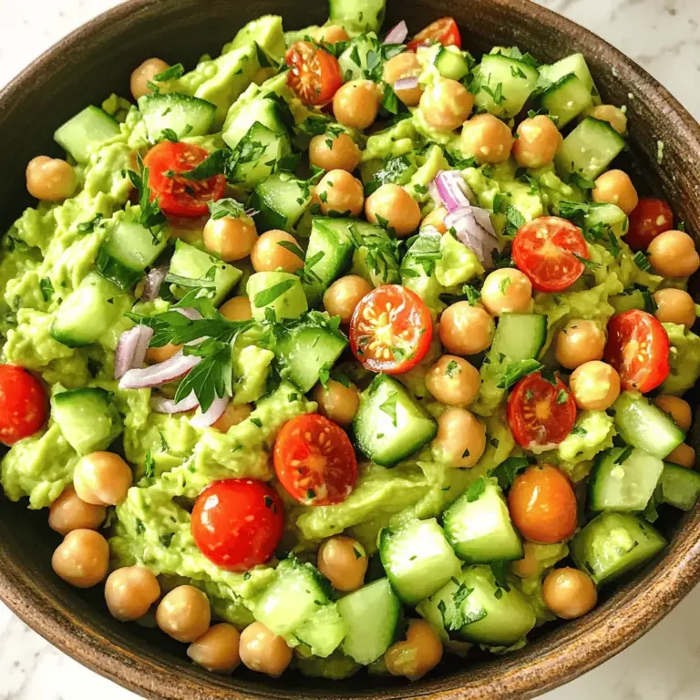 Für einen leckeren cremigen Avocado-Kichererbsensalat brauche ich einige einfache Zutaten: - 1 reife Avocado, halbiert und entkernt - 1 Dose (425 g) Kichererbsen, abgetropft und abgespült - 1 kleine Gurke, gewürfelt - 1 Tasse Kirschtomaten, halbiert - 1/4 rote Zwiebel, fein gehackt - 2 Esslöffel Natur-Joghurt - 1 Esslöffel Tahin - 1 Esslöffel frischer Zitronensaft - 1 Esslöffel Olivenöl - Salz und Pfeffer nach Geschmack - Frische Petersilie oder Koriander zur Garnitur Diese Zutaten sind perfekt für einen gesunden und schmackhaften Salat. Die Avocado bringt Cremigkeit, während die Kichererbsen für Protein sorgen. Gurken und Tomaten fügen einen frischen Biss hinzu. Kräuter und Gewürze sind wichtig. Sie geben dem Salat den richtigen Geschmack und die Frische. Ich empfehle frische Petersilie oder Koriander. Diese Kräuter bringen Farbe und Duft ins Gericht. Ich füge auch Zitronensaft hinzu. Er bringt eine angenehme Säure, die die Aromen hebt. Manchmal habe ich nicht alle Zutaten zur Hand. Keine Sorge! Du kannst die Avocado durch eine andere cremige Zutat ersetzen, wie Hummus oder griechischen Joghurt. Statt Kichererbsen kannst du auch schwarze Bohnen oder Linsen verwenden. Wenn du keine Gurke magst, sind Paprika oder Zucchini tolle Alternativen. Mit diesen flexiblen Optionen kannst du den Salat immer wieder neu erfinden. Wenn du mehr über die genaue Zubereitung erfahren möchtest, schau dir das [Full Recipe] an. Die Vorbereitungszeit für diesen cremigen Avocado-Kichererbsensalat beträgt nur 10 Minuten. Beginnen Sie mit der Auswahl einer reifen Avocado. Eine gute Avocado hat eine weiche, aber nicht matschige Textur. Bereiten Sie auch die Kichererbsen vor. Verwenden Sie eine Dose oder kochen Sie frische Kichererbsen. Wenn Sie frische Kichererbsen verwenden, denken Sie daran, sie zu kochen, bis sie zart sind. 1. Nehmen Sie die Avocado und schneiden Sie sie in der Mitte durch. Entfernen Sie den Kern und schöpfen Sie das Fruchtfleisch in eine große Schüssel. 2. Zerdrücken Sie die Avocado mit einer Gabel, bis sie cremig, aber noch stückig ist. 3. Fügen Sie den Natur-Joghurt, Tahin, Zitronensaft und Olivenöl hinzu. Rühren Sie die Mischung gut um, bis alles cremig ist. 4. Geben Sie die Kichererbsen, die gewürfelte Gurke, die halbierten Kirschtomaten und die gehackte rote Zwiebel in die Schüssel. 5. Falten Sie die Zutaten vorsichtig unter die Avocadomischung. Seien Sie sanft, um die Kichererbsen nicht zu zerdrücken. 6. Schmecken Sie mit Salz und Pfeffer ab und rühren Sie leicht um. 7. Garnieren Sie den Salat mit frischer Petersilie oder Koriander. Servieren Sie den Salat in einer großen Schüssel und streuen Sie zusätzliche Kräuter darüber. Alternativ können Sie den Salat in kleinen Schalen anrichten. Eine Zitronenscheibe auf jedem Teller macht das Gericht frisch und einladend. Für mehr Ideen schauen Sie sich das [Full Recipe] an. Ein häufiger Fehler ist, die Avocado zu überreif zu wählen. Diese wird dann braun und matschig. Achten Sie darauf, eine reife, aber feste Avocado zu nehmen. Ein weiterer Fehler ist, die Kichererbsen nicht gut abzuspülen. Das kann den Salat wässrig machen. Spülen Sie die Kichererbsen gründlich ab, um den Dosen-Geschmack zu entfernen. Um den Salat schön cremig zu machen, verwenden Sie frischen Natur-Joghurt und Tahin. Diese Zutaten geben eine tolle Textur. Drücken Sie die Avocado leicht mit einer Gabel, so bleibt sie stückig und cremig zugleich. Fügen Sie die anderen Zutaten langsam hinzu und rühren Sie vorsichtig um. So bleibt die Cremigkeit erhalten. Dieser Salat ist nicht nur lecker, sondern auch gesund. Avocados sind reich an gesunden Fetten und Ballaststoffen. Kichererbsen bieten viel Protein und sind gut für die Verdauung. Die frischen Kräuter bringen Vitamine und Antioxidantien in den Salat. Zudem ist der Salat schnell zubereitet und perfekt für ein leichtes Mittagessen oder als Beilage. Wer mehr über die Zubereitung wissen möchte, findet die Details in der [Full Recipe]. {{image_4}} Sie können den cremigen Avocado-Kichererbsensalat leicht anpassen. Probieren Sie verschiedene Zutaten, um neue Geschmäcker zu entdecken. Zum Beispiel: - Geben Sie gewürfelte Paprika für mehr Farbe hinzu. - Fügen Sie Mais für eine süße Note hinzu. - Verwenden Sie schwarze Bohnen statt Kichererbsen für einen anderen Biss. - Versuchen Sie Feta-Käse für einen salzigen, cremigen Geschmack. Jede Zutat bringt ihren eigenen Charakter in den Salat. Seien Sie kreativ und testen Sie, was Ihnen gefällt. Wenn Sie eine vegane Version möchten, ersetzen Sie den Joghurt durch pflanzlichen Joghurt oder mehr Avocado. Dies macht den Salat nicht nur vegan, sondern auch noch cremiger. Achten Sie darauf, glutenfreie Zutaten zu verwenden, falls nötig. - Verwenden Sie glutenfreie Joghurtalternativen. - Überprüfen Sie die Etiketten von Konserven auf versteckte Glutenquellen. So bleibt der Salat für alle zugänglich und lecker. Der cremige Avocado-Kichererbsensalat passt gut zu vielen Beilagen. Hier sind einige Ideen: - Servieren Sie ihn mit knusprigem Brot oder Pita. - Genießen Sie ihn auf einem Bett aus frischem Spinat oder Rucola. - Kombinieren Sie den Salat mit Quinoa für mehr Protein. Diese Beilagen machen das Gericht noch sättigender und abwechslungsreicher. Entdecken Sie die Möglichkeiten und finden Sie Ihre Lieblingskombination! Um den Cremigen Avocado-Kichererbsensalat frisch zu halten, decken Sie ihn gut ab. Verwenden Sie Frischhaltefolie oder einen luftdichten Behälter. Der Kontakt mit Luft lässt die Avocado schnell braun werden. Ein Spritzer Zitronensaft hilft, die Farbe zu bewahren. Lagern Sie den Salat im Kühlschrank. So bleibt er kühl und lecker. Wenn Sie Reste haben, bewahren Sie diese in einem kleinen Behälter auf. Trennen Sie die Avocado-Mischung von den Kichererbsen. So bleibt alles frisch. Mischen Sie die Zutaten erst kurz vor dem Servieren. So bleibt die Textur optimal. Sie können die Reste bis zu drei Tage im Kühlschrank halten. Achten Sie auf die Farbe und den Geruch. Wenn der Salat braun wird oder schlecht riecht, ist es Zeit, ihn wegzuwerfen. Frische Zutaten sind wichtig. Die Kichererbsen sollten fest sein, nicht matschig. Wenn der Salat wässrig aussieht, ist er wahrscheinlich nicht mehr gut. Genießen Sie den Salat frisch, um den besten Geschmack zu erleben. Für das vollständige Rezept schauen Sie sich den [Full Recipe] an. Der cremige Avocado-Kichererbsensalat hält sich im Kühlschrank bis zu drei Tage. Avocados neigen dazu, schnell braun zu werden. Um die Frische zu bewahren, decken Sie den Salat gut ab. Verwenden Sie eine luftdichte Schüssel oder Frischhaltefolie. So bleibt der Salat länger frisch und lecker. Ja, Sie können die Avocado durch Hummus oder pürierte Erbsen ersetzen. Diese Optionen bieten eine ähnliche Cremigkeit. Hummus hat auch einen tollen Geschmack, der gut zu Kichererbsen passt. Wenn Sie eine milde Variante möchten, probieren Sie pürierte Cashewkerne. Sie sind lecker und machen den Salat reichhaltig. Der Salat ist voll mit Nährstoffen. Avocado liefert gesunde Fette, die gut für das Herz sind. Kichererbsen sind eine tolle Proteinquelle. Sie enthalten auch Ballaststoffe, die gut für die Verdauung sind. Gurken und Tomaten bringen Vitamine und Mineralien mit. Die Kombination macht diesen Salat nahrhaft und schmackhaft. Wenn Sie mehr erfahren möchten, schauen Sie sich das [Full Recipe] an. Der cremige Avocado-Kichererbsensalat ist einfach und lecker. Wir haben die Hauptzutaten, frische Kräuter und Alternativen betrachtet. Die Schritt-für-Schritt-Anleitung zeigt, wie man ihn zubereitet und ansprechend serviert. Tipps helfen, häufige Fehler zu vermeiden und die perfekte Cremigkeit zu erreichen. Variationen bieten neue Geschmäcker, während Lagerungshinweise für Frische sorgen. Denken Sie daran, diesen Salat nach Ihrem Geschmack anzupassen. So genießen Sie jeden Biss und bleiben gesund.