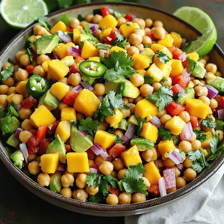 Für einen köstlichen Mango Avocado Kichererbsensalat brauchen Sie einige frische Zutaten. Hier sind die Hauptzutaten: - 1 reife Mango, gewürfelt - 2 reife Avocados, gewürfelt - 1 Tasse gekochte Kichererbsen (oder 1 Dose, abgetropft und gespült) - 1 rote Paprika, gewürfelt - 1 kleine rote Zwiebel, fein gehackt - 1 Jalapeño, entkernt und fein gehackt (optional, für Schärfe) - 1/4 Tasse frischer Koriander, gehackt - 3 Esslöffel Limettensaft - 2 Esslöffel Olivenöl - Salz und Pfeffer nach Geschmack Diese Zutaten bringen viel Geschmack und Textur. Die süße Mango ergänzt die cremige Avocado perfekt. Kichererbsen geben dem Salat eine gute Portion Protein. Sie können den Salat nach Belieben anpassen. Fügen Sie zum Beispiel Feta-Käse oder geröstete Nüsse hinzu. Auch Mais oder schwarze Bohnen passen gut. Wenn Sie es schärfer mögen, können Sie mehr Jalapeño verwenden. Achten Sie beim Einkaufen auf die Reife der Mango und Avocados. Sie sollten leicht weich sein, wenn Sie sie drücken. Die Paprika sollte knackig sein und eine lebendige Farbe haben. Wählen Sie frische Kräuter, die kräftig riechen. So stellen Sie sicher, dass Ihr Salat frisch und lecker schmeckt. Für die vollständige Anleitung, schauen Sie sich das [Full Recipe] an. Um den Mango Avocado Kichererbsensalat zuzubereiten, beginne mit den frischen Zutaten. Du brauchst eine große Rührschüssel. - 1 reife Mango, gewürfelt - 2 reife Avocados, gewürfelt - 1 Tasse gekochte Kichererbsen - 1 rote Paprika, gewürfelt - 1 kleine rote Zwiebel, fein gehackt - 1 Jalapeño, entkernt und fein gehackt (optional) - 1/4 Tasse frischer Koriander, gehackt Gib die gewürfelte Mango, Avocado, Kichererbsen, rote Paprika, rote Zwiebel und die Jalapeño in die Schüssel. Mische alles vorsichtig. Achte darauf, die Avocado nicht zu zerdrücken. Für das Dressing benötigst du eine kleine Schüssel. Dort mischst du die folgenden Zutaten: - 3 Esslöffel Limettensaft - 2 Esslöffel Olivenöl - Salz und Pfeffer nach Geschmack Vermenge den Limettensaft, das Olivenöl, Salz und Pfeffer gut. Gieße das Dressing gleichmäßig über den Salat. Vermenge alles vorsichtig, damit jede Zutat gut bedeckt ist. Jetzt kommt der beste Teil: das Anrichten! Füge den gehackten Koriander hinzu. Mische ihn sanft unter den Salat. Vor dem Servieren probiere den Salat. So kannst du die Würze nach Bedarf anpassen. Serviere den Salat in einer großen Schüssel. Eine zusätzliche Prise Koriander obenauf sieht toll aus. Du kannst auch individuelle Schalen nutzen. Limettenscheiben an der Seite machen das Gericht besonders frisch. Für das vollständige Rezept schau dir die [Full Recipe] an. Ein häufiger Fehler ist, die Avocado zu lange zu schneiden. Sie wird schnell braun. Schneiden Sie sie erst kurz vor dem Servieren. Ein weiterer Fehler ist, zu viel Dressing zu verwenden. Ein leichtes Dressing reicht aus, um den Geschmack zu heben. Achten Sie auch darauf, die Kichererbsen gut abzuspülen. So entfernen Sie die Konservierungsstoffe und verbessern den Geschmack. Um die Avocado richtig zu schneiden, nehmen Sie eine reife Frucht. Schneiden Sie sie zuerst längs. Drehen Sie die beiden Hälften voneinander weg. Entfernen Sie den Kern vorsichtig mit einem Löffel. Schneiden Sie dann das Fruchtfleisch in Würfel. Nutzen Sie einen Löffel, um die Würfel aus der Schale zu lösen. So bleibt das Fruchtfleisch ganz und sieht frisch aus. Würzen Sie den Salat mit Limettensaft, Salz und Pfeffer. Limettensaft bringt Frische. Beginnen Sie mit einem Esslöffel und probieren Sie dann. Fügen Sie nach Bedarf mehr hinzu. Ein wenig Olivenöl rundet den Geschmack ab. Denken Sie daran, frischen Koriander erst am Ende hinzuzufügen. So bleibt sein Aroma stark. Für zusätzliche Schärfe können Sie Jalapeños hinzufügen. Dies gibt dem Salat einen aufregenden Kick. Den ganzen Prozess finden Sie in der [Full Recipe]. {{image_4}} Mango Avocado Kichererbsensalat ist bereits vegetarisch und vegan. Das Grundrezept enthält keine tierischen Produkte. Du kannst den Salat leicht anpassen, um ihn noch gesünder zu machen. Du kannst zum Beispiel Quinoa hinzufügen, um mehr Protein zu bekommen. Tofu ist auch eine gute Wahl. Er bringt eine tolle Textur und Protein mit. Zutaten machen den Unterschied. Du kannst die rote Paprika durch Gurken ersetzen. Das gibt dem Salat eine frische Note. Auch Feta-Käse passt gut, wenn du eine milde Käsevariante magst. Für einen süßeren Geschmack kannst du auch Ananas oder Trauben hinzufügen. Experimentiere mit verschiedenen Nüssen für zusätzlichen Crunch. Mandeln oder Cashews passen gut. Saisonale Zutaten bringen neue Geschmäcker. Im Frühling kannst du frische Erbsen oder Radieschen hinzufügen. Im Sommer sind Tomaten und frischer Basilikum eine tolle Wahl. Im Herbst kannst du geröstete Kürbiswürfel unterheben. Im Winter sind Granatäpfelkerne eine schöne Ergänzung. Sie geben Farbe und einen süßen Biss. Schau dir auch den [Full Recipe] an, um weitere Ideen zu bekommen. Um den Mango Avocado Kichererbsensalat frisch zu halten, bewahre ihn in einem luftdichten Behälter auf. Stelle sicher, dass der Behälter gut verschlossen ist. So bleibt der Salat knackig und lecker. Du kannst ihn auch in eine Schüssel mit Frischhaltefolie abdecken. Vermeide es, den Salat mit dem Dressing zu vermischen, bis du ihn servierst. So bleibt die Avocado schön und grün. Der Salat bleibt im Kühlschrank etwa 2 bis 3 Tage frisch. Nach dieser Zeit kann die Avocado braun werden und die Aromen verblassen. Wenn du die Avocado und Mango getrennt lagerst, bleiben sie länger frisch. Du kannst die Kichererbsen auch getrennt halten und erst kurz vor dem Servieren alles zusammenfügen. Du kannst viele Zutaten im Voraus vorbereiten. Würfle die Mango und Avocado am Tag, an dem du den Salat servieren möchtest. Kichererbsen kannst du schon am Vortag kochen oder gleich aus der Dose verwenden. Die Paprika und Zwiebel kannst du auch im Voraus schneiden. So sparst du Zeit, wenn es zum Servieren kommt. Das Dressing kannst du ebenfalls im Voraus zubereiten. Stelle es einfach in den Kühlschrank, bis du es brauchst. Für die vollständige Anleitung und alle Zutaten schaue dir das [Full Recipe] an. Ja, du kannst den Salat im Voraus machen. Bereite die Kichererbsen, Mango und Avocado vor. Mische sie in einer Schüssel. Lass das Dressing getrennt. So bleibt alles frisch. Wenn du bereit bist, gieße das Dressing über den Salat. Vermische alles kurz vor dem Servieren. So bleibt der Salat knackig und lecker. Um den Salat aufzupeppen, füge einige Zutaten hinzu. Du kannst Feta-Käse für mehr Geschmack nehmen. Geröstete Nüsse geben einen schönen Crunch. Frische Minze oder Basilikum bringen einen neuen Geschmack. Wenn du es scharf magst, kannst du mehr Jalapeños hinzufügen. Experimentiere mit verschiedenen Zutaten. So bleibt der Salat spannend und einzigartig. Ja, Kichererbsen sind sehr gesund. Sie sind reich an Proteinen und Ballaststoffen. Diese Nährstoffe helfen dir, dich satt zu fühlen. Kichererbsen unterstützen die Verdauung und das Herz. Sie enthalten auch wichtige Vitamine und Mineralien. Regelmäßiger Verzehr kann gut für deine Gesundheit sein. Sie sind eine tolle Ergänzung zu vielen Gerichten. Probiere sie in diesem Rezept oder anderen Gerichten. Für das vollständige Rezept, schaue dir den Full Recipe an. Dieser Artikel zeigt dir, wie du einen leckeren Mango Avocado Kichererbsensalat machst. Wir haben die besten Zutaten und Tipps geteilt, damit dein Salat frisch und schmackhaft bleibt. Die Schritt-für-Schritt-Anleitung hilft dir bei der Zubereitung und dem Anrichten. Denke daran, kleine Fehler zu vermeiden und den Salat gut zu würzen. Variiere die Zutaten nach Saison oder nach deinem Geschmack. Beachte die Lagerungshinweise, um die Frische zu gewährleisten. Viel Spaß beim Ausprobieren und Genießen deines neuen Favoritesalates!