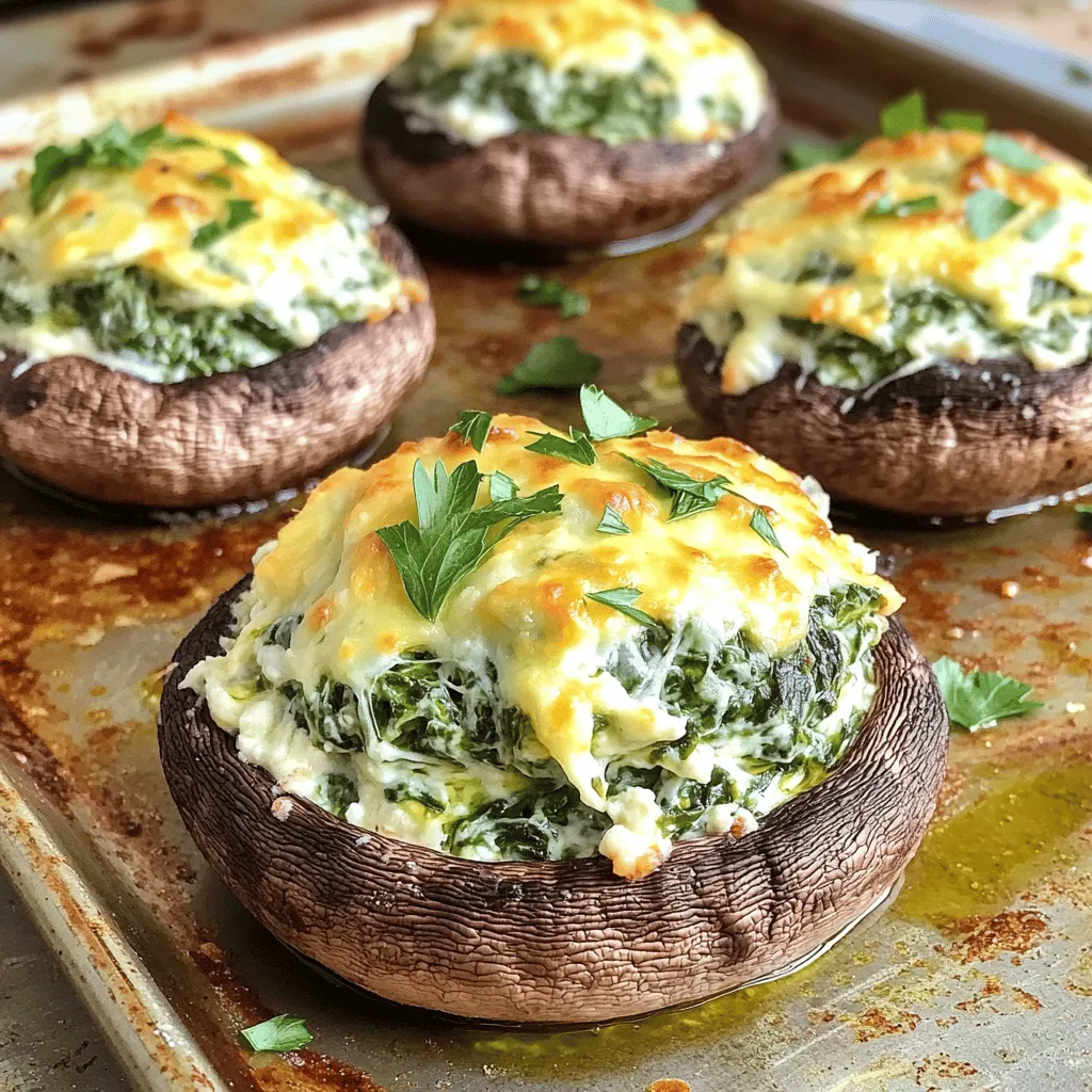 - 12 große Portobello- oder Champignon-Pilze - 1 Tasse frischer Spinat - 1 Tasse Ricotta-Käse Die Hauptzutaten sind einfach und frisch. Pilze sind die perfekte Basis. Sie sind saftig und nehmen die Aromen gut auf. Spinat bringt Farbe und Nährstoffe in die Füllung. Ricotta-Käse macht die Mischung cremig und lecker. - Frischkäse - Geriebener Mozzarella-Käse - Geriebener Parmesan-Käse Die Käseauswahl ist wichtig für den Geschmack. Frischkäse sorgt für eine weiche Textur. Geriebener Mozzarella schmilzt wunderbar und gibt die perfekte Käsekruste. Parmesan fügt einen herzhaften Geschmack hinzu. Diese Kombination ist einfach unwiderstehlich. - Knoblauchzehen - Rote Pfefferflocken (optional) - Olivenöl Die Gewürze und Öle bringen alles zusammen. Knoblauch gibt einen tollen Duft und Geschmack. Rote Pfefferflocken fügen eine feine Schärfe hinzu. Das Olivenöl sorgt dafür, dass alles gut brät und goldbraun wird. Diese Zutaten sind der Schlüssel zu einem leckeren Snack. Für das gesamte Rezept besuchen Sie bitte die [Full Recipe]. Um die Pilze vorzubereiten, folgen Sie diesen einfachen Schritten: - Entfernen Sie die Stiele der Pilze. - Waschen Sie die Pilze vorsichtig unter fließendem Wasser. - Trocknen Sie die Pilze sanft mit einem Küchentuch. Jetzt ist es Zeit, die Spinat-Knoblauch-Mischung zu machen: - Erhitzen Sie das Olivenöl in einer Pfanne bei mittlerer Hitze. - Fügen Sie den fein gehackten Knoblauch hinzu und braten Sie ihn für etwa 1 Minute. - Geben Sie den grob gehackten Spinat in die Pfanne und kochen Sie ihn, bis er zusammenfällt. Das dauert etwa 2-3 Minuten. - Würzen Sie die Mischung mit Salz, Pfeffer und optional roten Pfefferflocken. Jetzt erstellen wir die Käsefüllung und backen die Pilze: - In einer großen Schüssel vermengen Sie den Ricotta, Frischkäse, 1/4 Tasse Mozzarella und Parmesan. - Rühren Sie die Mischung gut durch, bis sie glatt ist. - Falten Sie die Spinat-Knoblauch-Mischung vorsichtig unter die Käsemischung. - Löffeln Sie die Mischung in jede Pilzkappe und drücken Sie sie leicht an. - Legen Sie die gefüllten Pilze auf ein Backblech und streuen Sie den restlichen Mozzarella darüber. - Backen Sie die Pilze im vorgeheizten Ofen bei 190°C für 20-25 Minuten. - Nehmen Sie die Pilze heraus und lassen Sie sie kurz abkühlen. Garnieren Sie sie mit frisch gehackter Petersilie. Für das vollständige Rezept besuchen Sie die Seite mit dem Full Recipe. - Wählen Sie große Portobello- oder Champignon-Pilze. - Achten Sie auf frische, feste Pilze ohne Flecken. - Bio-Optionen bieten oft besseren Geschmack und Qualität. Die Auswahl der Pilze ist wichtig. Frische und Größe beeinflussen das Endergebnis. Große Pilze fangen die Füllung besser auf. Frische Pilze halten auch länger und schmecken besser. Wenn Sie Bio-Optionen finden, nutzen Sie diese. Sie sind oft frei von Pestiziden und gut für die Umwelt. - Stellen Sie den Ofen auf 190°C (375°F) ein. - Überwachen Sie die Temperatur während des Backens. - Backen Sie sie 20-25 Minuten für die beste Textur. Die Backzeit ist entscheidend für den perfekten Snack. Zu kurze Zeiten lassen die Pilze hart. Zu lange Zeiten machen sie matschig. Achten Sie darauf, dass der Käse goldbraun ist. Das gibt Ihnen den besten Geschmack und die beste Konsistenz. - Garnieren Sie mit frischer Petersilie für Farbe. - Servieren Sie die Pilze warm für den besten Genuss. Die Präsentation ist wichtig. Ein schöner Teller zieht die Blicke an. Frische Petersilie gibt einen hübschen Farbkontrast. Warm servierte Pilze schmecken am besten. Jeder Biss soll die zarte Füllung und den Käse zeigen. Denken Sie daran, die Pilze gleich nach dem Backen zu servieren. So genießen Sie das volle Aroma. {{image_4}} Um gefüllte Champignons noch abwechslungsreicher zu gestalten, können Sie den Käse leicht austauschen. Veganer Käse oder sogar Cashewcreme bieten tolle Optionen. Diese Alternativen machen das Gericht für alle zugänglich. Fügen Sie auch Nüsse oder Quinoa hinzu, um mehr Textur und Geschmack zu erhalten. Diese Zutaten bringen einen nussigen Crunch und machen die Füllung noch nahrhafter. Experimentieren Sie mit verschiedenen Kombinationen, um Ihre perfekte Mischung zu finden. Für alle, die Gluten meiden, gibt es einfache Lösungen. Verwenden Sie glutenfreies Paniermehl in Ihrer Füllung. Das sorgt für die gleiche cremige Konsistenz. Sie können auch zusätzliche Kräuter verwenden, um den Geschmack zu verbessern. Frische Kräuter wie Basilikum oder Thymian machen die Füllung lebendig und aromatisch. Diese Anpassungen machen das Gericht lecker und für jeden geeignet. Wollen Sie etwas Herzhaftes? Fügen Sie Speck oder Schinken hinzu! Diese Zutaten geben dem Gericht einen tollen, rauchigen Geschmack. Sie können auch verschiedene Gemüse wie Paprika oder Zucchini in die Füllung mischen. Diese Gemüsesorten sorgen für mehr Farbe und Nährstoffe. Experimentieren Sie mit verschiedenen Geschmäckern, um die gefüllten Champignons ganz nach Ihrem Wunsch zu gestalten. Probieren Sie die Ideen aus dem [Full Recipe]! Um die gefüllten Pilze frisch zu halten, kühlen Sie sie sofort nach dem Essen. Legen Sie die Pilze in einen geeigneten Behälter. Ein luftdichter Behälter ist am besten. So bleibt der Geschmack erhalten und die Pilze bleiben feucht. Sie können die gefüllten Pilze in der Mikrowelle oder im Ofen aufwärmen. Die Mikrowelle ist schnell, aber sie macht die Pilze manchmal matschig. Der Ofen ist langsamer, aber er macht die Pilze knuspriger. Stellen Sie sicher, dass Sie die Pilze nicht überkochen, um die Füllung zu schützen. Die gefüllten Champignons sind im Kühlschrank etwa drei Tage haltbar. Prüfen Sie die Reste vor dem Essen. Wenn sie schlecht riechen oder die Farbe sich ändert, entsorgen Sie sie. Für beste Qualität essen Sie sie innerhalb von drei Tagen. Gefüllte Champignons bleiben im Kühlschrank für etwa 3 bis 5 Tage frisch. Lagern Sie sie in einem luftdichten Behälter. So halten sie länger und bleiben lecker. Wenn Sie sie einfrieren, können Sie die Haltbarkeit auf etwa 2 bis 3 Monate verlängern. Achten Sie darauf, die Champignons gut einzupacken, um Gefrierbrand zu vermeiden. Ja, Sie können die gefüllten Pilze im Voraus zubereiten. Bereiten Sie die Füllung und die Pilze separat vor. Füllen Sie die Pilze dann kurz vor dem Backen. Sie können die Pilze auch einfrieren. Backen Sie sie direkt aus dem Gefrierschrank, aber erhöhen Sie die Backzeit um einige Minuten. Dies spart Zeit, wenn Sie Gäste haben. Gefüllte Champignons passen gut zu vielen Beilagen. Salate wie ein frischer grüner Salat oder ein Caesar-Salat sind perfekt. Auch ein einfaches Baguette oder Knoblauchbrot ergänzt den Snack gut. Diese Beilagen machen das Gericht noch interessanter und voller Geschmack. Gefüllte Pilze sind einfach zuzubereiten und bieten viele Variationen. Wir haben die Hauptzutaten und Gewürze behandelt, die deine Pilze lecker machen. Ich teile auch Tipps zur besten Zubereitung und Lagerung. Du kannst mit verschiedenen Käsesorten und Füllungen experimentieren, um dein Gericht zu personalisieren. Schaff dir deine eigene Version an und genieße das Ergebnis!