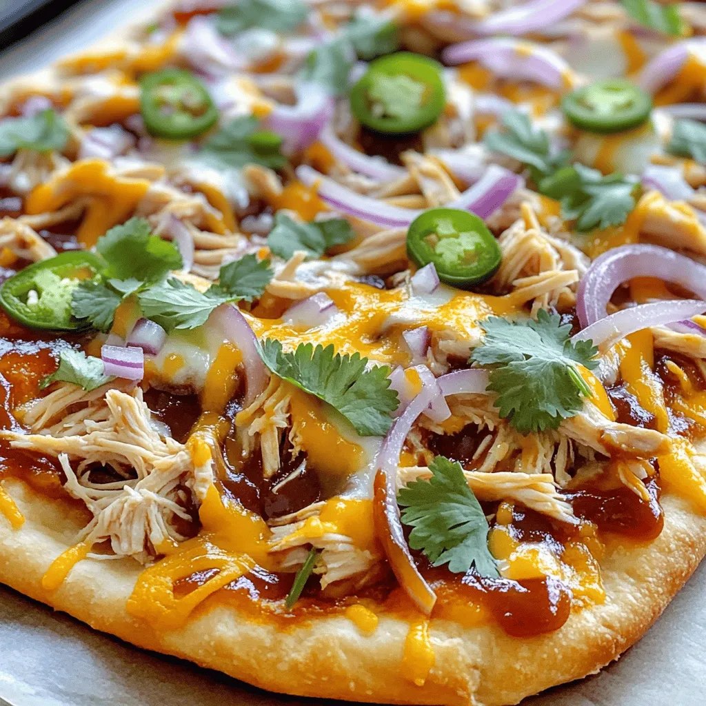 - Fladenbrote - Gekochtes Hähnchen - BBQ-Sauce Für die BBQ Chicken Flatbread Pizza benötigst du frische Fladenbrote als Basis. Diese machen die Pizza leicht und knusprig. Gekochtes Hähnchen ist der Hauptproteingehalt. Du kannst Reste vom Grill oder gekochtes Hähnchen aus der Packung verwenden. Die BBQ-Sauce bringt den besonderen Geschmack. Wähle deine Lieblingsmarke. Eine gute Sauce macht den Unterschied in diesem Gericht. Du kannst auch die Menge nach deinem Geschmack anpassen. - Rote Zwiebel - Jalapeño (optional) - Frischer Koriander Rote Zwiebeln fügen eine süße Note hinzu. Schneide sie dünn, damit sie weich werden. Jalapeños sind optional, aber sie bringen eine schöne Schärfe. Wenn du es schärfer magst, füge mehr hinzu! Frischer Koriander sorgt für Frische und Farbe. Er ist wichtig für den letzten Schliff. - Mozzarella-Käse - Cheddar-Käse - Olivenöl Käse ist der Star der Pizza! Verwende Mozzarella für die perfekte Schmelzstruktur. Cheddar gibt einen kräftigen Geschmack. Eine Mischung aus beiden Käsen macht die Pizza besonders lecker. Olivenöl ist wichtig, um den Fladenböden Geschmack zu verleihen. Bestreiche die Oberflächen leicht, bevor du sie backst. So werden sie schön knusprig. Für das vollständige Rezept, schau dir den [Full Recipe] an. - Heize deinen Ofen auf 245°C (475°F) vor. Diese Hitze sorgt für knusprige Fladenbrote. - In einer Schüssel vermenge das zerrupfte Hähnchen mit der BBQ-Sauce. Achte darauf, dass das Hähnchen gut bedeckt ist. - Lege die Fladenbrote auf ein Backblech mit Backpapier. So bleibt die Reinigung einfach. - Bestreiche jedes Fladenbrot leicht mit Olivenöl. Dies hilft, eine goldbraune Kruste zu bekommen. - Verteile die BBQ-Hähnchenmischung gleichmäßig auf den Fladenbrote. Achte darauf, dass jeder Bissen voll Geschmack hat. - Füge die geschnittenen roten Zwiebeln hinzu. Sie geben einen tollen Biss und Geschmack. - Jetzt kommen der geriebene Mozzarella und der Cheddar-Käse. Diese Käsesorten schmelzen schön und sorgen für einen tollen Käsegeschmack. - Wenn du etwas Schärfe magst, füge die dünn geschnittenen Jalapeños hinzu. Sie bringen einen extra Kick. - Schiebe das Backblech in den heißen Ofen. Backe die Fladenbrote für etwa 10-12 Minuten. Der Käse sollte geschmolzen und sprudelnd sein. - Nimm die Fladenbrote aus dem Ofen. Streue frischen Koriander darüber, um das Gericht aufzufrischen. - Schneide die Fladenbrote in Stücke. Serviere sie heiß und genieße sie! Du kannst sie mit einem frischen grünen Salat kombinieren, um ein ausgewogenes Essen zu haben. Um den besten Geschmack zu erzielen, verteile die Zutaten gleichmäßig. Wenn du Hähnchen und Käse ungleichmäßig legst, schmeckt es nicht gut. Achte darauf, dass jede Bissportion etwas von allem hat. Der Käse ist wichtig. Wähle Mozzarella und Cheddar für die beste Kombination. Mozzarella schmilzt gut und ist mild. Cheddar bringt einen tollen Geschmack. Diese Mischung macht den Belag lecker. Ein knuspriges Fladenbrot ist der Schlüssel. Backe es bei hoher Temperatur. So wird es schön knusprig. Benutze auch Olivenöl. Bestreiche das Fladenbrot leicht mit Öl, bevor du die Zutaten hinzufügst. Das Öl hilft, das Brot goldbraun zu machen. Achte darauf, dass dein Ofen gut vorgeheizt ist. So wird alles gleichmäßig gegart. Um den Geschmack zu verbessern, setze Gewürze clever ein. Salz und Pfeffer sind einfach, aber wichtig. Du kannst auch Paprika oder Knoblauchpulver nutzen. Diese Gewürze geben mehr Tiefe. Frische Kräuter machen den Unterschied. Koriander ist eine tolle Wahl, um das Gericht aufzupeppen. Streue ihn nach dem Backen darüber. Das sieht nicht nur gut aus, sondern bringt auch frischen Geschmack. {{image_4}} Wenn du keinen Hähnchen magst, probiere Gemüse. Du kannst Paprika, Zucchini oder Spinat nutzen. Diese Gemüsesorten bringen frische Aromen. Auch die Käsevariationen sind wichtig. Verwende Feta oder Ziegenkäse für einen neuen Geschmack. So bleibt deine Pizza lecker und gesund. Für mehr Wärme füge mehr Jalapeños hinzu. Diese kleinen Chilis geben viel Geschmack. Wenn du es wirklich scharf magst, nutze scharfe BBQ-Sauce. Diese Saucen sind oft rauchiger und geben der Pizza einen tollen Kick. Sei vorsichtig, wenn du eine neue Sauce ausprobierst. Lass deiner Kreativität freien Lauf! Für asiatische Schärfe füge Sojasauce hinzu. Es gibt einen tollen Umami-Geschmack. Möchtest du eine italienische Note? Nutze Pesto anstelle von BBQ-Sauce. Pesto macht die Pizza frisch und aromatisch. Diese Variationen machen deine BBQ Chicken Flatbread Pizza ganz besonders. Du kannst die [Full Recipe] nutzen, um deine neue Kreation zu testen. Um deine BBQ Chicken Flatbread Pizza frisch zu halten, wähle einen luftdichten Behälter. So bleibt der Geschmack erhalten. Du kannst die Pizza bis zu drei Tage im Kühlschrank lagern. Achte darauf, die Pizza vollständig abkühlen zu lassen, bevor du sie verpackst. Wenn du Reste hast, friere sie schnell ein. Schneide die Pizza in Stücke, um die Portionen zu erleichtern. Wickele jedes Stück in Folie und lege es in einen gefrierfesten Beutel. So bleibt die Pizza bis zu drei Monate frisch. Zum Auftauen lege die Pizza über Nacht in den Kühlschrank. Um die Pizza wieder warm zu machen, benutze den Ofen oder eine Pfanne. Der Ofen sollte auf 180°C (350°F) vorgeheizt sein. Lege die Pizza auf ein Backblech und backe sie etwa 10 Minuten. In der Pfanne erhitze sie bei mittlerer Hitze. Achte darauf, dass das Fladenbrot knusprig bleibt. Vermeide die Mikrowelle, um matschiges Fladenbrot zu verhindern. Die Zubereitung dauert insgesamt etwa 25 Minuten. Davon sind 15 Minuten für die Vorbereitung und 10 bis 12 Minuten zum Backen nötig. Diese Zeit macht es einfach, die Pizza auch unter der Woche schnell zu machen. Du kannst die Zutaten schnell vorbereiten und dann alles im Ofen backen. Ja, frisches Hähnchen kann verwendet werden. Achte darauf, das Hähnchen zuerst zu kochen. Du kannst es in kleine Stücke schneiden und in der Pfanne braten, bis es gar ist. Das sorgt für einen tollen Geschmack. Mische das Hähnchen dann mit der BBQ-Sauce, wie im Rezept beschrieben. Die beste BBQ-Sauce hängt von deinem Geschmack ab. Beliebte Marken sind Sweet Baby Ray's, Stubbs und Kraft. Du kannst auch deine eigene Sauce machen, wenn du magst. Probiere verschiedene Sorten aus, um deinen Favoriten zu finden. Ja, du kannst die Portionen leicht anpassen. Einfach mehr Fladenbrote und mehr Hähnchen verwenden. Wenn du mehr Gäste hast, verdopple die Zutaten. Du kannst die Pizza auch vorher zubereiten und dann im Ofen backen, wenn die Gäste da sind. So hast du mehr Zeit zum Genießen. Zusammengefasst hast du alles, was du für eine köstliche BBQ Chicken Flatbread Pizza brauchst. Vom würzigen Hähnchen bis zu frischem Gemüse und zartem Käse – jede Zutat zählt. Beachte die Tipps zur Knusprigkeit und verhindere matschige Böden. Variiere das Rezept nach deinem Geschmack, sei es vegetarisch oder scharf. Lagere die Reste richtig, damit du länger Freude daran hast. Mit diesen Ratschlägen schaffst du ein tolles Gericht, das jeder liebt. Viel Spaß beim Ausprobieren und Genießen!