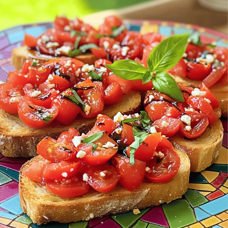 - 4 mittelgroße reife Tomaten - 1/2 Tasse frische Basilikumblätter - 2 Knoblauchzehen - 1 Esslöffel Balsamicoessig - 2 Esslöffel natives Olivenöl extra - Salz und Pfeffer Die Hauptzutaten für die Bruschetta sind einfach und frisch. Die Tomaten sind das Herzstück. Wählen Sie reife, saftige Tomaten für den besten Geschmack. Basilikum bringt frische Aromen. Knoblauch fügt Tiefe hinzu. Balsamicoessig und Olivenöl verleihen der Mischung einen tollen Kick. Salz und Pfeffer runden alles ab. - 1 französisches Baguette oder Ciabatta - Optional: 1/4 Tasse zerbröselter Feta-Käse Für die Brotscheiben ist ein gutes Baguette oder Ciabatta wichtig. Diese Brote sind knusprig und leicht. Sie halten die Tomatenmischung gut. Wenn Sie etwas Besonderes möchten, fügen Sie zerbröselten Feta-Käse hinzu. Dieser Käse gibt einen salzigen Geschmack, der gut zu den frischen Zutaten passt. Für das vollständige Rezept können Sie die [Full Recipe] ansehen. Zuerst nehme ich eine Rührschüssel. Dort vermenge ich die gewürfelten Tomaten, die gehackten Basilikumblätter und den fein gehackten Knoblauch. Diese Zutaten bringen frischen Geschmack. Dann füge ich einen Esslöffel Balsamicoessig und zwei Esslöffel Olivenöl hinzu. Das bringt Tiefe in die Mischung. Jetzt schmecke ich alles mit Salz und Pfeffer ab. Ich lasse die Mischung für etwa 10 bis 15 Minuten stehen. So können sich die Aromen entfalten. Während die Tomatenmischung zieht, heize ich den Backofen auf 200 °C (400 °F) vor. Ich schneide das Baguette oder Ciabatta in Scheiben. Jede Scheibe bestreiche ich leicht mit Olivenöl. Ich lege die Brotscheiben auf ein Backblech und backe sie für 5 bis 7 Minuten. Das Brot wird goldbraun und knusprig. Nach dem Backen lasse ich es kurz abkühlen. Jetzt kommt der spannende Teil! Jede geröstete Brotscheibe belege ich mit der Tomaten-Basilikum-Mischung. Optional streue ich zerbröselten Feta-Käse darüber. Das gibt einen zusätzlichen Geschmackskick. Sofort servieren ist wichtig, damit die Bruschetta frisch bleibt. Für das vollständige Rezept, schaue dir die Frische Tomaten-Basilikum-Bruschetta an. Die Wahl der richtigen Tomaten ist entscheidend. Reife Tomaten sind süß und saftig. Sie sollten eine glatte Haut haben. Achte darauf, dass sie schwer für ihre Größe sind. Duftende Tomaten sind ein gutes Zeichen. Du kannst viele Sorten nutzen. San Marzano und Roma sind beliebt. Sie haben viel Geschmack und wenig Wasser. Bruschetta sieht toll aus, wenn du sie richtig anrichtest. Lege die gerösteten Scheiben auf einen bunten Teller. Füge frisches Basilikum als Garnierung hinzu. Das bringt Farbe und frische Aromen. Außerdem kannst du die Bruschetta mit etwas Balsamico beträufeln. Das macht sie noch ansprechender. Ein häufiger Fehler ist matschige Bruschetta. Um das zu verhindern, lass die Tomatenmischung nicht zu lange stehen. Die Flüssigkeit sollte nicht zu viel werden. Achte darauf, die Zutaten gut zu kombinieren. Verwende frische und hochwertige Zutaten. Das macht einen großen Unterschied. Wenn du die Tomaten und den Basilikum gut auswählst, wird das Ergebnis fantastisch. Für die vollständige Anleitung, schau dir das Full Recipe an. {{image_4}} Es gibt viele Wege, um deine Bruschetta zu verfeinern. Eine tolle Idee ist die Verwendung von Avocado oder Mozzarella. Avocado bringt eine cremige Textur. Sie schmeckt frisch und gesund. Mozzarella hingegen gibt einen milden, buttrigen Geschmack. Du kannst auch Oliven oder geröstete Paprika hinzufügen. Oliven geben eine salzige Note. Geröstete Paprika fügt eine süße, rauchige Tiefe hinzu. Experimentiere mit diesen Zutaten, um deine persönliche Note zu finden. Denke an den Frühling. Erbsen passen perfekt zu Bruschetta in dieser Zeit. Sie sind süß und knusprig. Diese Kombination bringt die Frische der Saison auf den Tisch. Im Herbst kannst du geröstetes Gemüse verwenden. Kürbis oder Zucchini sind großartige Optionen. Sie fügen einen herzhaften Geschmack hinzu, der gut zu den Tomaten passt. Die Wahl des Brotes ist ebenfalls wichtig. Wenn du glutenfrei leben möchtest, gibt es viele leckere Alternativen. Probiere glutenfreies Brot oder Knäckebrot. Vollkorn- oder Dinkelbrot sind auch tolle Optionen. Sie bieten mehr Nährstoffe und einen nussigen Geschmack. Denke daran, dass das Brot die Basis deiner Bruschetta ist. Wähle eine Sorte, die dir schmeckt und deine Aromen ergänzt. Diese Variationen machen das Rezept vielseitig und spannend. Probiere sie aus! Für das vollständige Rezept schau dir die [Full Recipe] an. Um die Reste der Tomatenmischung richtig zu lagern, benutze einen luftdichten Behälter. Stelle sicher, dass die Mischung gut abgekühlt ist, bevor du sie einpackst. So bleiben die Aromen frisch. Im Kühlschrank hält sich die Mischung etwa 2 bis 3 Tage. Du kannst sie auch auf ein neues Brot legen, wenn du bereit bist, sie zu essen. Geröstetes Brot wird schnell weich. Um es frisch zu halten, lege es am besten in ein Papiertuch. Das Papiertuch hilft, die Feuchtigkeit zu kontrollieren. Wenn du das Brot länger aufbewahren möchtest, kannst du es auch einfrieren. Lege die Scheiben in einen Gefrierbeutel. So bleibt es bis zu einem Monat frisch. Wenn du die Bruschetta wieder zubereiten möchtest, heize den Ofen auf 180 °C vor. Lege die Brotscheiben auf ein Backblech. Röste sie für 3 bis 5 Minuten, bis sie knusprig sind. Um die Aromen aufzufrischen, kannst du die Tomatenmischung leicht umrühren. Füge bei Bedarf einen Spritzer Olivenöl oder Balsamico hinzu. So wird die Bruschetta wieder lecker und frisch. Bruschetta schmeckt am besten frisch. Wenn Sie Reste haben, lagern Sie die Tomatenmischung in einem luftdichten Behälter. Sie hält sich im Kühlschrank etwa 1 bis 2 Tage. Das geröstete Brot wird schnell weich. Lagern Sie es getrennt, um die Knusprigkeit zu bewahren. Es ist am besten, die Bruschetta innerhalb von 24 Stunden zu essen. Sie können die Tomatenmischung im Voraus zubereiten. Mixen Sie die Zutaten und lassen Sie sie im Kühlschrank ziehen. Machen Sie das Brot aber erst kurz vor dem Servieren. So bleibt das Brot knusprig und frisch. Planen Sie etwa 15 Minuten für die Zubereitung des Brotes ein, wenn Sie bereit sind zu servieren. Bruschetta eignet sich hervorragend als Appetizer bei Partys. Servieren Sie sie auf einem schönen Teller oder Holzbrett. Fügen Sie frische Basilikumblätter zur Dekoration hinzu. Diese bringen Farbe und Aroma. Kombinieren Sie die Bruschetta mit einem leichten Salat oder einer Pastasalatbeilage. Um Bruschetta vegan zu machen, lassen Sie den Feta-Käse einfach weg. Verwenden Sie nur die Tomaten, Basilikum und den Knoblauch. Fügen Sie eventuell mehr Gemüse hinzu, wie Avocado oder Oliven. Diese bringen zusätzlichen Geschmack und Textur. Ihre Gäste werden es lieben, egal ob sie vegan sind oder nicht. Bruschetta kommt aus Italien. Es ist ein traditionelles Gericht, das oft in der Toskana serviert wird. Ursprünglich wurde es mit gegrilltem Brot und Knoblauch zubereitet. Die Tomaten und das Olivenöl sind spätere Ergänzungen. Bruschetta zeigt, wie einfach gute Zutaten sein können. Zu Bruschetta passen viele Getränke gut. Ein frischer Weißwein, wie Pinot Grigio oder Sauvignon Blanc, ergänzt die Aromen. Wenn Sie etwas anderes möchten, probieren Sie spritzige Limonade oder ein frisches Mineralwasser. Diese Getränke bringen die Aromen der Bruschetta noch besser zur Geltung. Bruschetta ist einfach, lecker und vielseitig. Du hast gelernt, wie man die besten Zutaten auswählt und wie man sie zubereitet. Die Tipps zur Lagerung und das Vermeiden gängiger Fehler helfen dir, immer perfekten Genuss zu erzielen. Denke daran, dass du kreative Variationen ausprobieren kannst, um neues Leben in dein Rezept zu bringen. Bruschetta ist mehr als nur ein Snack; es ist eine Möglichkeit, Freunde zu beeindrucken. Nutze die Tipps aus diesem Leitfaden, um deinen Gästen unvergessliche Erlebnisse zu bieten. Viel Spaß beim Zubereiten!
