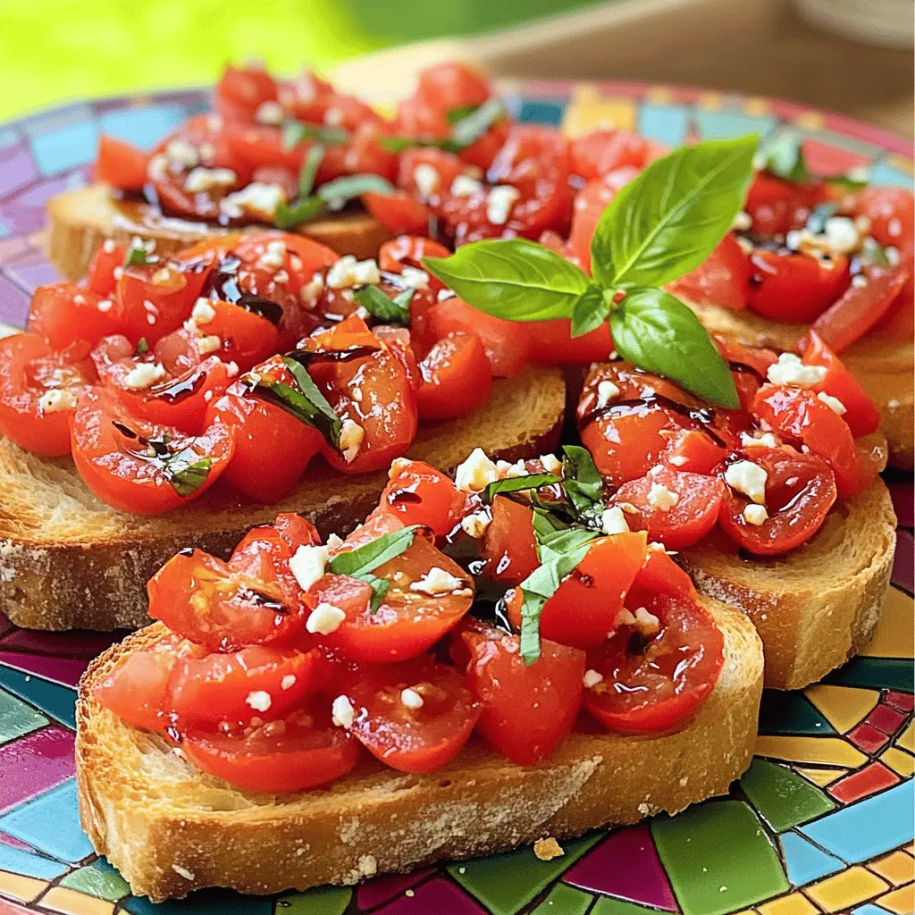 - 4 mittelgroße reife Tomaten - 1/2 Tasse frische Basilikumblätter - 2 Knoblauchzehen - 1 Esslöffel Balsamicoessig - 2 Esslöffel natives Olivenöl extra - Salz und Pfeffer Die Hauptzutaten für die Bruschetta sind einfach und frisch. Die Tomaten sind das Herzstück. Wählen Sie reife, saftige Tomaten für den besten Geschmack. Basilikum bringt frische Aromen. Knoblauch fügt Tiefe hinzu. Balsamicoessig und Olivenöl verleihen der Mischung einen tollen Kick. Salz und Pfeffer runden alles ab. - 1 französisches Baguette oder Ciabatta - Optional: 1/4 Tasse zerbröselter Feta-Käse Für die Brotscheiben ist ein gutes Baguette oder Ciabatta wichtig. Diese Brote sind knusprig und leicht. Sie halten die Tomatenmischung gut. Wenn Sie etwas Besonderes möchten, fügen Sie zerbröselten Feta-Käse hinzu. Dieser Käse gibt einen salzigen Geschmack, der gut zu den frischen Zutaten passt. Für das vollständige Rezept können Sie die [Full Recipe] ansehen. Zuerst nehme ich eine Rührschüssel. Dort vermenge ich die gewürfelten Tomaten, die gehackten Basilikumblätter und den fein gehackten Knoblauch. Diese Zutaten bringen frischen Geschmack. Dann füge ich einen Esslöffel Balsamicoessig und zwei Esslöffel Olivenöl hinzu. Das bringt Tiefe in die Mischung. Jetzt schmecke ich alles mit Salz und Pfeffer ab. Ich lasse die Mischung für etwa 10 bis 15 Minuten stehen. So können sich die Aromen entfalten. Während die Tomatenmischung zieht, heize ich den Backofen auf 200 °C (400 °F) vor. Ich schneide das Baguette oder Ciabatta in Scheiben. Jede Scheibe bestreiche ich leicht mit Olivenöl. Ich lege die Brotscheiben auf ein Backblech und backe sie für 5 bis 7 Minuten. Das Brot wird goldbraun und knusprig. Nach dem Backen lasse ich es kurz abkühlen. Jetzt kommt der spannende Teil! Jede geröstete Brotscheibe belege ich mit der Tomaten-Basilikum-Mischung. Optional streue ich zerbröselten Feta-Käse darüber. Das gibt einen zusätzlichen Geschmackskick. Sofort servieren ist wichtig, damit die Bruschetta frisch bleibt. Für das vollständige Rezept, schaue dir die Frische Tomaten-Basilikum-Bruschetta an. Die Wahl der richtigen Tomaten ist entscheidend. Reife Tomaten sind süß und saftig. Sie sollten eine glatte Haut haben. Achte darauf, dass sie schwer für ihre Größe sind. Duftende Tomaten sind ein gutes Zeichen. Du kannst viele Sorten nutzen. San Marzano und Roma sind beliebt. Sie haben viel Geschmack und wenig Wasser. Bruschetta sieht toll aus, wenn du sie richtig anrichtest. Lege die gerösteten Scheiben auf einen bunten Teller. Füge frisches Basilikum als Garnierung hinzu. Das bringt Farbe und frische Aromen. Außerdem kannst du die Bruschetta mit etwas Balsamico beträufeln. Das macht sie noch ansprechender. Ein häufiger Fehler ist matschige Bruschetta. Um das zu verhindern, lass die Tomatenmischung nicht zu lange stehen. Die Flüssigkeit sollte nicht zu viel werden. Achte darauf, die Zutaten gut zu kombinieren. Verwende frische und hochwertige Zutaten. Das macht einen großen Unterschied. Wenn du die Tomaten und den Basilikum gut auswählst, wird das Ergebnis fantastisch. Für die vollständige Anleitung, schau dir das Full Recipe an. {{image_4}} Es gibt viele Wege, um deine Bruschetta zu verfeinern. Eine tolle Idee ist die Verwendung von Avocado oder Mozzarella. Avocado bringt eine cremige Textur. Sie schmeckt frisch und gesund. Mozzarella hingegen gibt einen milden, buttrigen Geschmack. Du kannst auch Oliven oder geröstete Paprika hinzufügen. Oliven geben eine salzige Note. Geröstete Paprika fügt eine süße, rauchige Tiefe hinzu. Experimentiere mit diesen Zutaten, um deine persönliche Note zu finden. Denke an den Frühling. Erbsen passen perfekt zu Bruschetta in dieser Zeit. Sie sind süß und knusprig. Diese Kombination bringt die Frische der Saison auf den Tisch. Im Herbst kannst du geröstetes Gemüse verwenden. Kürbis oder Zucchini sind großartige Optionen. Sie fügen einen herzhaften Geschmack hinzu, der gut zu den Tomaten passt. Die Wahl des Brotes ist ebenfalls wichtig. Wenn du glutenfrei leben möchtest, gibt es viele leckere Alternativen. Probiere glutenfreies Brot oder Knäckebrot. Vollkorn- oder Dinkelbrot sind auch tolle Optionen. Sie bieten mehr Nährstoffe und einen nussigen Geschmack. Denke daran, dass das Brot die Basis deiner Bruschetta ist. Wähle eine Sorte, die dir schmeckt und deine Aromen ergänzt. Diese Variationen machen das Rezept vielseitig und spannend. Probiere sie aus! Für das vollständige Rezept schau dir die [Full Recipe] an. Um die Reste der Tomatenmischung richtig zu lagern, benutze einen luftdichten Behälter. Stelle sicher, dass die Mischung gut abgekühlt ist, bevor du sie einpackst. So bleiben die Aromen frisch. Im Kühlschrank hält sich die Mischung etwa 2 bis 3 Tage. Du kannst sie auch auf ein neues Brot legen, wenn du bereit bist, sie zu essen. Geröstetes Brot wird schnell weich. Um es frisch zu halten, lege es am besten in ein Papiertuch. Das Papiertuch hilft, die Feuchtigkeit zu kontrollieren. Wenn du das Brot länger aufbewahren möchtest, kannst du es auch einfrieren. Lege die Scheiben in einen Gefrierbeutel. So bleibt es bis zu einem Monat frisch. Wenn du die Bruschetta wieder zubereiten möchtest, heize den Ofen auf 180 °C vor. Lege die Brotscheiben auf ein Backblech. Röste sie für 3 bis 5 Minuten, bis sie knusprig sind. Um die Aromen aufzufrischen, kannst du die Tomatenmischung leicht umrühren. Füge bei Bedarf einen Spritzer Olivenöl oder Balsamico hinzu. So wird die Bruschetta wieder lecker und frisch. Bruschetta schmeckt am besten frisch. Wenn Sie Reste haben, lagern Sie die Tomatenmischung in einem luftdichten Behälter. Sie hält sich im Kühlschrank etwa 1 bis 2 Tage. Das geröstete Brot wird schnell weich. Lagern Sie es getrennt, um die Knusprigkeit zu bewahren. Es ist am besten, die Bruschetta innerhalb von 24 Stunden zu essen. Sie können die Tomatenmischung im Voraus zubereiten. Mixen Sie die Zutaten und lassen Sie sie im Kühlschrank ziehen. Machen Sie das Brot aber erst kurz vor dem Servieren. So bleibt das Brot knusprig und frisch. Planen Sie etwa 15 Minuten für die Zubereitung des Brotes ein, wenn Sie bereit sind zu servieren. Bruschetta eignet sich hervorragend als Appetizer bei Partys. Servieren Sie sie auf einem schönen Teller oder Holzbrett. Fügen Sie frische Basilikumblätter zur Dekoration hinzu. Diese bringen Farbe und Aroma. Kombinieren Sie die Bruschetta mit einem leichten Salat oder einer Pastasalatbeilage. Um Bruschetta vegan zu machen, lassen Sie den Feta-Käse einfach weg. Verwenden Sie nur die Tomaten, Basilikum und den Knoblauch. Fügen Sie eventuell mehr Gemüse hinzu, wie Avocado oder Oliven. Diese bringen zusätzlichen Geschmack und Textur. Ihre Gäste werden es lieben, egal ob sie vegan sind oder nicht. Bruschetta kommt aus Italien. Es ist ein traditionelles Gericht, das oft in der Toskana serviert wird. Ursprünglich wurde es mit gegrilltem Brot und Knoblauch zubereitet. Die Tomaten und das Olivenöl sind spätere Ergänzungen. Bruschetta zeigt, wie einfach gute Zutaten sein können. Zu Bruschetta passen viele Getränke gut. Ein frischer Weißwein, wie Pinot Grigio oder Sauvignon Blanc, ergänzt die Aromen. Wenn Sie etwas anderes möchten, probieren Sie spritzige Limonade oder ein frisches Mineralwasser. Diese Getränke bringen die Aromen der Bruschetta noch besser zur Geltung. Bruschetta ist einfach, lecker und vielseitig. Du hast gelernt, wie man die besten Zutaten auswählt und wie man sie zubereitet. Die Tipps zur Lagerung und das Vermeiden gängiger Fehler helfen dir, immer perfekten Genuss zu erzielen. Denke daran, dass du kreative Variationen ausprobieren kannst, um neues Leben in dein Rezept zu bringen. Bruschetta ist mehr als nur ein Snack; es ist eine Möglichkeit, Freunde zu beeindrucken. Nutze die Tipps aus diesem Leitfaden, um deinen Gästen unvergessliche Erlebnisse zu bieten. Viel Spaß beim Zubereiten!