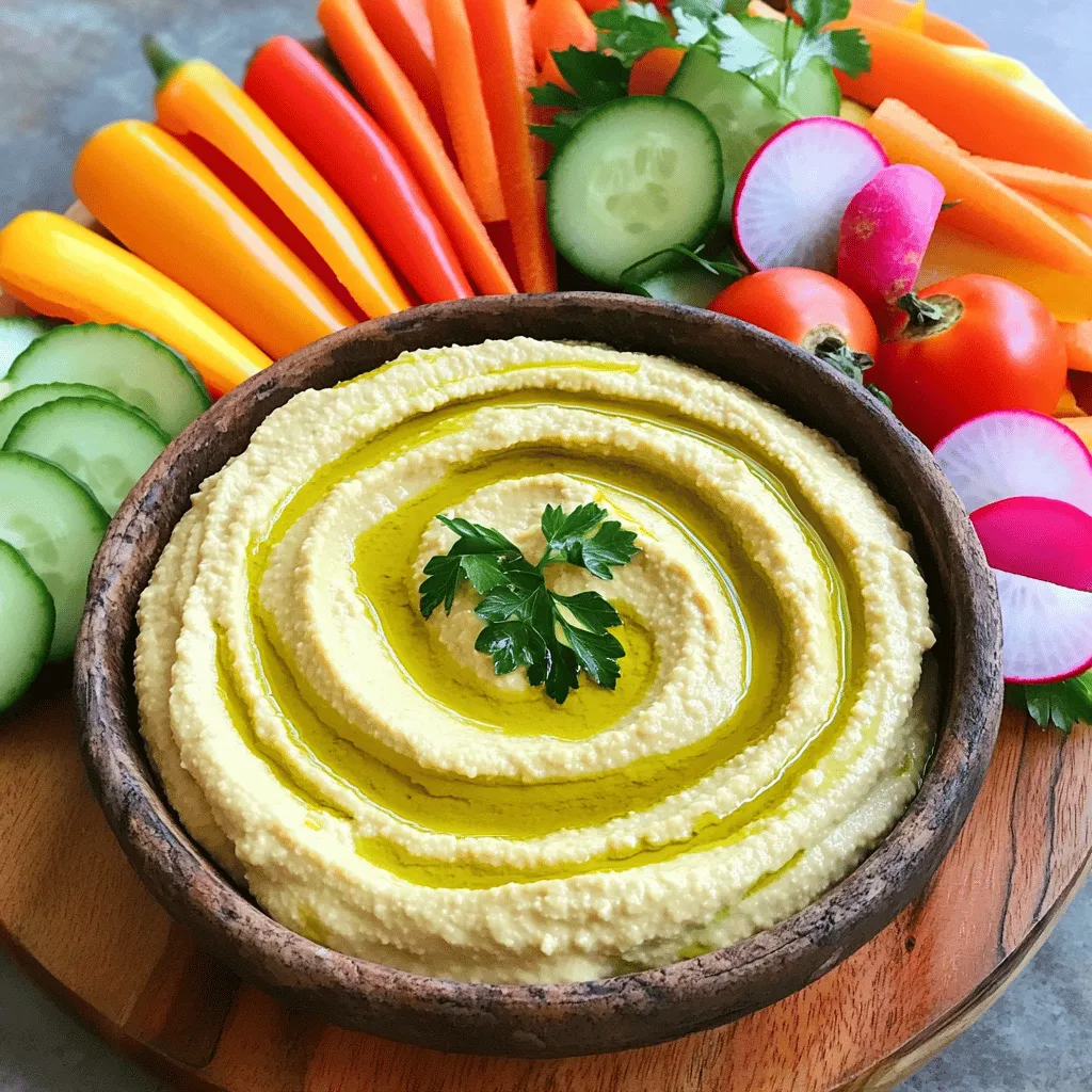Für einen köstlichen Hummus brauchst du: - 1 Dose (450 g) Kichererbsen, gut abgespült und abgetropft - 60 ml Tahini - 30 ml natives Olivenöl extra - 30 ml frischer Zitronensaft - 1 Knoblauchzehe, fein gehackt - 1/2 Teelöffel gemahlener Kreuzkümmel - Salz nach Geschmack - 60 ml Wasser (je nach gewünschter Konsistenz anpassen) Diese Zutaten bringen den perfekten Geschmack in deinen Hummus. Kichererbsen sind die Hauptzutat und liefern viel Eiweiß. Tahini, eine Paste aus Sesamsamen, gibt dem Hummus eine cremige Textur. Olivenöl sorgt für einen feinen, reichen Geschmack. Zitronensaft bringt Frische und Knoblauch gibt eine leckere Schärfe. Gewürze wie Kreuzkümmel fügen Tiefe hinzu. Für eine bunte Gemüseplatte empfehle ich: - 1 Paprika (rot, gelb oder orange), in Streifen geschnitten - 1 Gurke, in Runden geschnitten - 1 Karotte, in Stifte geschnitten - 200 g Kirschtomaten, halbiert - 200 g Radieschen, halbiert - Frische Kräuter (Petersilie oder Koriander), zum Garnieren Das Gemüse sorgt nicht nur für Farben, sondern auch für viele Nährstoffe. Paprika bringt Vitamin C, Gurken sind erfrischend und Karotten sind reich an Beta-Carotin. Kirschtomaten und Radieschen fügen Süße und Knackigkeit hinzu. Frische Kräuter machen dein Gericht lebendig und duftend. Diese Kombination macht deine Hummus und Gemüseplatte zu einer nahrhaften und schönen Mahlzeit. Du kannst die Zutaten nach deinem Geschmack anpassen. Für die genaue Zubereitung schau dir das [Full Recipe] an. Zuerst kombiniere die Kichererbsen mit den anderen Zutaten in einer Küchenmaschine. Du brauchst: - 1 Dose (450 g) Kichererbsen, gut abgespült und abgetropft - 60 ml Tahini - 30 ml natives Olivenöl extra - 30 ml frischer Zitronensaft - 1 Knoblauchzehe, fein gehackt - 1/2 Teelöffel gemahlener Kreuzkümmel - Salz nach Geschmack - 60 ml Wasser (je nach gewünschter Konsistenz anpassen) Püriere die Mischung, bis sie schön glatt ist. Wenn die Hummus zu dick erscheint, füge schrittweise Wasser hinzu. So erreichst du die perfekte Konsistenz. Probiere die Hummus und passe die Gewürze nach deinem Geschmack an. Püriere erneut, um alles gut zu vermischen. Übertrage die Hummus in eine Servierschüssel. Glätte die Oberfläche mit einem Spatel. Du kannst auch etwas Olivenöl obendrauf träufeln, um eine dekorative Note zu setzen. Jetzt ist es Zeit, das Gemüse ansprechend zu arrangieren. Für die Platte benötigst du: - 1 Paprika (rot, gelb oder orange), in Streifen geschnitten - 1 Gurke, in Runden geschnitten - 1 Karotte, in Stifte geschnitten - 200 g Kirschtomaten, halbiert - 200 g Radieschen, halbiert - Frische Kräuter (Petersilie oder Koriander), zum Garnieren Arrangiere die geschnittenen Gemüse auf einem großen Teller oder einer Platter. Garnieren kannst du die Hummus mit frischen Kräutern und einem Spritzer Paprika oder Za'atar. Nutze ein buntes Servierbrett für einen lebhaften Kontrast. Für die vollständige Zubereitung, schau dir das [Full Recipe] an. Um die perfekte Hummus-Konsistenz zu erreichen, achte auf die Wassermenge. Beginne mit 60 ml Wasser. Wenn die Hummus zu dick ist, füge schrittweise mehr Wasser hinzu. Mische gut, bis die Hummus schön cremig ist. Für mehr Geschmack kannst du Gewürze wie Kreuzkümmel oder Paprika hinzufügen. Diese Gewürze geben der Hummus einen besonderen Kick. Probiere es aus und passe die Menge nach deinem Geschmack an. Eine ansprechende Anordnung des Gemüses macht viel aus. Nutze bunte Paprika, Gurken, Karotten und Kirschtomaten. Schneide das Gemüse in gleichmäßige Stücke. So sieht die Platte schön und einladend aus. Verwende dekorative Elemente, um die Platte zu verschönern. Ein schönes Servierbrett oder kleine Schalen für die Hummus sind tolle Optionen. Du kannst auch frische Kräuter darüber streuen. Das macht die Platte noch bunter. Für das beste Ergebnis folge dem [Full Recipe]. {{image_4}} Hummus ist nicht nur lecker, sondern auch sehr vielseitig. Du kannst mit verschiedenen Zutaten experimentieren. Eine beliebte Variante ist Rote Bete-Hummus. Diese Version hat eine schöne pinke Farbe. Der Geschmack ist erdig und süß. Avocado-Hummus ist eine andere tolle Wahl. Er ist cremig und hat einen reichen Geschmack. Füge einfach eine reife Avocado zur Grundrezeptur hinzu. Gewürze sind wichtig für den Geschmack. Du kannst Kreuzkümmel, Paprika oder Chili verwenden. Diese bringen Wärme und Tiefe in das Gericht. Probiere, neue Gewürze zu kombinieren, um deinen eigenen Stil zu finden. Bei der Auswahl von Gemüse für deine Platte ist Vielfalt wichtig. Du kannst saisonale Gemüse verwenden. Im Frühling sind Spargel und Radieschen frisch. Im Sommer sind Gurken und Tomaten perfekt. Hülsenfrüchte sind eine tolle Ergänzung. Sie bringen zusätzlichen Proteinreichtum. Kichererbsen sind in der Hummus-Grundlage, aber auch schwarze Bohnen oder Linsen passen gut. Denke daran, das Gemüse bunt und ansprechend zu präsentieren. Eine schöne Anordnung macht das Essen noch mehr Spaß. Nutze deine Kreativität! Hummus bleibt im Kühlschrank bis zu einer Woche frisch. Verwahren Sie ihn in einem luftdichten Behälter. Das schützt vor Luft und Feuchtigkeit. Wenn Sie mehr Hummus machen, können Sie ihn auch einfrieren. Füllen Sie ihn in kleine Behälter. So können Sie portionsweise auftauen. Denken Sie daran, Hummus langsam im Kühlschrank aufzutauen. So bleibt die Textur glatt und cremig. Das Gemüse für die Platte bleibt am besten frisch, wenn Sie es richtig lagern. Wickeln Sie die geschnittenen Teile in ein feuchtes Tuch. Lagern Sie das Gemüse in einem Behälter im Kühlschrank. So bleibt es knackig und frisch. Wenn Sie das Gemüse vorbereiten, schneiden Sie es nicht zu früh. Bereiten Sie es am besten am Tag der Verwendung vor. So schmeckt es am besten und sieht frisch aus. Um Hummus selbst zu machen, folge diesen Schritten: 1. Nimm eine Dose Kichererbsen, spüle sie gut ab und lass sie abtropfen. 2. Gib die Kichererbsen in eine Küchenmaschine. Füge 60 ml Tahini, 30 ml Olivenöl, 30 ml Zitronensaft, 1 gehackte Knoblauchzehe und 1/2 Teelöffel Kreuzkümmel hinzu. 3. Würze die Mischung mit etwas Salz. 4. Püriere alles, bis die Mischung glatt ist. Wenn sie zu dick ist, füge schrittweise 60 ml Wasser hinzu. 5. Schmecke die Hummus ab und passe die Gewürze an. 6. Übertrage die Hummus in eine Schüssel und glätte die Oberfläche. 7. Arrangiere dein geschnittenes Gemüse auf einem Teller. 8. Garniere die Hummus mit frischen Kräutern. Für die vollständige Zubereitung, schau dir das Rezept unter "Full Recipe" an. Ja, du kannst Hummus einfrieren. Fülle ihn in einen luftdichten Behälter. Lass dabei etwas Platz zum Ausdehnen. Du kannst auch kleine Portionen in Eiswürfelschalen einfrieren. So hast du immer einen schnellen Snack. Um Hummus aufzutauen, lass ihn einfach über Nacht im Kühlschrank. Rühre ihn gut durch, bevor du ihn servierst. Hummus ist vielseitig und passt gut zu vielen Snacks. Hier sind einige Ideen: - Frisches Gemüse: Karotten, Paprika, Gurken und Sellerie sind großartige Optionen. - Pita-Brot: Weiche oder knusprige Pita sind perfekt zum Dippen. - Oliven: Grüne oder schwarze Oliven geben einen salzigen Geschmack. - Nüsse: Mandeln oder Pinienkerne fügen einen knusprigen Biss hinzu. Du kannst Hummus-Platten in vielen Geschäften finden. Supermärkte bieten oft frische Varianten an. Einige Feinkostläden haben auch kreative Hummus-Platten. Wenn du es vorziehst, bestelle online. Viele Lieferservices bieten bunte Hummus-Platten an. Selbstgemachter Hummus hält sich gut im Kühlschrank. In einem luftdichten Behälter bleibt er für etwa 4 bis 7 Tage frisch. Achte darauf, den Hummus gut abzudecken, um ihn vor Luft zu schützen. Wenn du ihn länger aufbewahren möchtest, friere ihn ein. Hummus ist einfach zu machen und schmeckt gut. Die Zutaten sind Kichererbsen, Tahini und frisches Gemüse. Du kannst die Konsistenz nach deinem Geschmack anpassen. Variiere den Hummus mit Roter Bete oder Avocado für neue Aromen. Frisches Gemüse hält die Platte lebendig und gesund. Beachte die Lagerung für lange Haltbarkeit. Mach dir keine Sorgen, wenn du Fragen hast, die FAQs helfen dir weiter. Experimentiere und genieße deine Hummus-Platte!