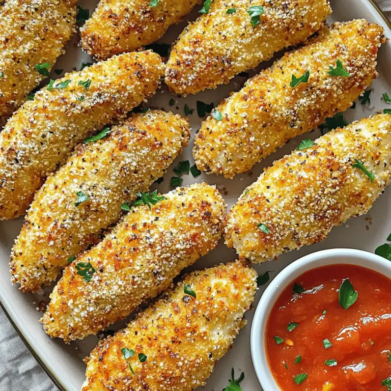 - 450 g Hähnchenstreifen - 240 ml Semmelbrösel (vorzugsweise Panko für extra Knusprigkeit) - 120 g geriebener Parmesan - 1 Teelöffel Knoblauchpulver - 1 Teelöffel Zwiebelpulver - 1 Teelöffel italienische Gewürzmischung - 1/2 Teelöffel Paprika - Salz und Pfeffer nach Geschmack - 2 große Eier - 2 Esslöffel Olivenöl - Frische Petersilie, gehackt (zur Garnitur) Diese Zutaten sind einfach zu finden. Sie bringen viel Geschmack und machen die Hähnchenstreifen knusprig. Ich empfehle, frische Zutaten zu verwenden, wenn möglich. Panko sorgt für die beste Knusprigkeit. Der Parmesan gibt den Chicken Tenders einen herzhaften Geschmack. Die Gewürze sind wichtig für das Aroma. Wenn du das Rezept befolgst, wirst du mit köstlichen Baked Parmesan Chicken Tenders belohnt. Es ist eine Freude, sie zu teilen. Für das vollständige Rezept kannst du die [Full Recipe] ansehen. - Ofen vorheizen auf 200°C - Backblech mit Backpapier auslegen oder einfetten Zuerst heizen Sie den Ofen auf 200°C vor. Dies sorgt dafür, dass Ihre Hähnchenstreifen gleichmäßig garen. Dann legen Sie ein Backblech mit Backpapier aus oder fetten es leicht mit Olivenöl ein. Das hilft, das Ankleben zu vermeiden und macht das Aufräumen einfacher. - Vermengen der Semmelbrösel mit Gewürzen - Verquirlen der Eier in einer separaten Schüssel In einer flachen Schüssel vermischen Sie die Semmelbrösel mit Parmesan und Gewürzen. Das gibt der Panade den besten Geschmack. Sie können Knoblauchpulver, Zwiebelpulver, italienische Gewürzmischung, Paprika sowie Salz und Pfeffer hinzufügen. In einer anderen Schüssel schlagen Sie die Eier auf und verquirlen sie gut. Diese Mischung hilft der Panade, an den Hähnchenstreifen zu haften. - Eintauchen in die Eier und anschließendes Panieren - Platzieren auf dem Backblech Tauchen Sie jeden Hähnchenstreifen zuerst in die Eier. Lassen Sie überschüssige Eier abtropfen. Danach panieren Sie den Streifen in der Semmelbröselmischung. Drücken Sie leicht, damit die Panade gut bleibt. Legen Sie die panierten Streifen auf das Backblech. Beträufeln Sie sie leicht mit Olivenöl für extra Knusprigkeit. - Backzeit und Tipps für die perfekte Knusprigkeit - Ruhezeit nach dem Backen Backen Sie die Hähnchenstreifen 15 bis 20 Minuten im Ofen. Sie sind fertig, wenn sie goldbraun und knusprig sind. Nehmen Sie das Blech heraus und lassen Sie die Streifen einige Minuten ruhen. So bleibt das Fleisch saftig. Vor dem Servieren können Sie die Streifen mit frischer Petersilie garnieren. Für das vollständige Rezept schauen Sie auf die [Full Recipe]. Um die richtige Konsistenz der Panade zu erreichen, verwenden Sie Panko. Es macht die Hähnchenstreifen extra knusprig. Mischen Sie die Semmelbrösel gut mit Parmesan und Gewürzen. So haftet die Panade besser. Tauchen Sie die Streifen in die Eier und dann in die Panade. Drücken Sie leicht, damit alles gut hält. Frische Kräuter sind ein Geheimtipp. Sie geben den Hähnchenstreifen mehr Geschmack. Petersilie oder Thymian eignen sich gut. Fügen Sie die Kräuter direkt zur Panade hinzu. Alternativ können Sie die Streifen nach dem Backen damit garnieren. Jede Portion hat etwa 350 Kalorien. Sie enthält auch gute Nährstoffe. Dazu gehören Proteine und Fette. Wenn Sie eine gesündere Variante möchten, verwenden Sie weniger Öl. Sie können auch die Semmelbrösel durch Haferflocken ersetzen. Das macht die Panade leicht und gesund. Für die Zubereitung empfehle ich ein Backblech und eine Schüssel. Ein kleiner Teller hilft beim Panieren. Verwenden Sie auch einen Schneebesen für die Eier. Ein gutes Messer ist wichtig, um die Hähnchenstreifen zu schneiden. Diese Werkzeuge erleichtern das Kochen und sorgen für weniger Chaos in der Küche. Für die beste Panade ist eine flache Schüssel ideal. So können Sie die Streifen einfach wenden. Diese Tipps helfen Ihnen, perfekte Baked Parmesan Chicken Tenders zu machen. Wenn Sie das Rezept ausprobieren möchten, finden Sie die Details im Full Recipe. {{image_4}} Sie können das Rezept für Baked Parmesan Chicken Tenders ganz leicht anpassen. Fügen Sie Gewürze wie Paprika oder Cayennepfeffer hinzu, um mehr Schärfe zu erzielen. Diese einfachen Änderungen geben den Hähnchenstreifen einen tollen Kick. Außerdem können Sie verschiedene Käsesorten verwenden. Cheddar oder Mozzarella passen gut zu Parmesan. Diese Käse verleihen den Tenders eine besondere Note. Die passenden Beilagen machen das Gericht noch besser. Ein frischer Salat aus Rucola und Kirschtomaten ist leicht und gesund. Auch gedünstetes Gemüse wie Brokkoli oder Karotten passen gut dazu. Für den perfekten Genuss bieten sich Dips an. Marinara-Sauce oder eine cremige Ranch-Dressing sind großartige Optionen. Diese Saucen bringen noch mehr Geschmack zu den knusprigen Hähnchenstreifen. Falls Sie eine vegetarische Option möchten, probieren Sie diese Ideen. Sie können Tofu verwenden, um eine ähnliche Textur zu erreichen. Schneiden Sie den Tofu in Streifen und panieren Sie ihn wie die Hähnchenstreifen. Gemüse wie Zucchini oder Auberginen sind ebenfalls lecker. Diese Gemüse schmecken köstlich, wenn sie knusprig gebacken werden. Gehen Sie kreativ mit den Zutaten um und genießen Sie verschiedene Geschmäcker. Um die Hähnchenstreifen frisch zu halten, bewahre sie im Kühlschrank auf. Lege sie in einen luftdichten Behälter. So bleiben sie bis zu drei Tage gut. Du kannst auch Frischhaltefolie verwenden. Achte darauf, die Streifen nicht übereinander zu legen. Das verhindert, dass sie aneinander kleben. Für den Gefrierschrank empfehle ich, die Hähnchenstreifen in Portionen zu verpacken. Benutze gefrierfeste Beutel oder Behälter. So kannst du sie bis zu drei Monate aufbewahren. Vor dem Gefrieren solltest du die Streifen vollständig abkühlen lassen. Das hilft, die Textur zu erhalten. Um die Hähnchenstreifen wieder knusprig zu machen, benutze den Ofen. Heize ihn auf 190°C vor. Lege die Streifen auf ein Backblech und backe sie etwa 10 Minuten. Das hilft, die Panade wieder knusprig zu machen. Alternativ kannst du auch eine Pfanne verwenden. Erhitze etwas Öl und brate die Streifen kurz auf beiden Seiten. Diese Hähnchenstreifen sind auch vielseitig. Du kannst sie in Salaten verwenden, um einen leckeren Crunch zu bekommen. Sie passen gut in Wraps oder Sandwiches. Egal, wie du sie verwendest, sie bleiben immer ein Hit! Die Baked Parmesan Chicken Tenders sind im Kühlschrank bis zu drei Tage haltbar. Lagern Sie sie in einem luftdichten Behälter. Um die Knusprigkeit zu erhalten, lassen Sie sie vollständig abkühlen, bevor Sie sie einpacken. Ja, Sie können die Hähnchenstreifen frittieren. Frittieren ergibt eine andere Textur. Backen ist gesünder, aber Frittieren macht sie knuspriger. Wenn Sie frittieren, erhitzen Sie das Öl auf 180°C und frittieren Sie die Streifen in Chargen. Um das Rezept glutenfrei zu machen, verwenden Sie glutenfreie Semmelbrösel. Panko-Semmelbrösel gibt es auch in glutenfreier Variante. Achten Sie darauf, dass alle Gewürze und Zutaten glutenfrei sind. Prüfen Sie die Etiketten. Ja, Sie können die Mengen verdoppeln oder verdreifachen. Achten Sie darauf, genügend Platz auf dem Backblech zu haben. Wenn der Platz nicht reicht, backen Sie die Hähnchenstreifen in mehreren Durchgängen. Einige gute Dips sind: - Marinara-Sauce - Honig-Senf-Sauce - BBQ-Sauce - Joghurt-Dip mit Kräutern Diese Dips ergänzen den Geschmack der Hähnchenstreifen gut. Baked Parmesan Chicken Tenders sind einfach und lecker. Wir haben die Hauptzutaten, Gewürze und die richtige Zubereitung besprochen. Die Schritt-für-Schritt-Anleitung hilft dir, sie perfekt hinzubekommen. Ich habe auch Tipps für eine gesunde Variante gegeben. Variationen und Lagerung sind weitere wichtige Punkte. Mit diesen Informationen kannst du die Hähnchenstreifen sicher zubereiten und genießen. Probiere verschiedene Dips und Beilagen aus. Viel Spaß beim Kochen!