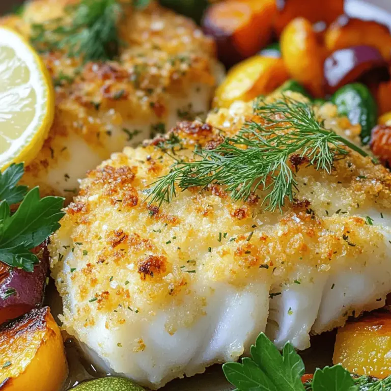 Um diese leckeren Kabeljaufilets zuzubereiten, benötigen Sie einige wichtige Zutaten: - 4 Kabeljaufilets (je ca. 170 g) - 1 Tasse Panko-Paniermehl - 1/2 Tasse geriebenen Parmesan - 1 Esslöffel Zitronenschale - 2 Esslöffel frische Petersilie, gehackt - 1 Esslöffel frischer Dill, gehackt - 1 Teelöffel Knoblauchpulver - 1 Teelöffel Zwiebelpulver - Salz und Pfeffer nach Geschmack - 2 Eier, geschlagen - 1/4 Tasse Weizenmehl - Olivenöl zum Beträufeln Diese Zutaten machen die Filets außen knusprig und innen zart. Panko-Paniermehl gibt Ihnen die perfekte Textur. Frische Kräuter bringen das Aroma. Möchten Sie einen besonderen Kick? Fügen Sie weitere Gewürze hinzu. Hier sind einige Optionen: - Paprika für eine rauchige Note - Chili-Flocken für etwas Schärfe - Zitronensaft für extra Frische Diese Aromen machen Ihr Gericht noch aufregender. Experimentieren Sie, um Ihre perfekte Mischung zu finden. Haben Sie eine Glutenunverträglichkeit? Kein Problem! Sie können die Kabeljaufilets auch glutenfrei zubereiten. Verwenden Sie statt Panko: - Glutenfreies Paniermehl oder - Mandelmehl für einen nussigen Geschmack Diese Alternativen sind einfach zu finden. So genießen Sie den gleichen leckeren Geschmack ohne Gluten. Für die vollständige Zubereitung schauen Sie sich das [Full Recipe] an. Die Vorbereitungszeit für die knusprigen Kräuter-Kabeljaufilets beträgt nur 15 Minuten. Beginne damit, deinen Ofen auf 200°C vorzuheizen. Lege ein Backblech mit Backpapier aus. Dies hilft, die Filets nicht festzukleben. Trockne die Kabeljaufilets mit Küchenpapier. Dies ist wichtig, um sie schön knusprig zu machen. Jetzt richte deine Panierstation ein. Du brauchst drei flache Schalen. Fülle die erste mit Weizenmehl, die zweite mit geschlagenen Eiern und die dritte mit der Panko-Mischung. In der Panko-Mischung hast du die Kräuter und den Käse. Tauche jedes Filet zuerst ins Mehl. Schüttle das überschüssige Mehl ab. Dann tauche es in die Eier. Schließlich drücke das Filet in die Panko-Mischung, bis es gut bedeckt ist. Lege die panierten Filets auf das Backblech. Träufle etwas Olivenöl über jedes Filet. Das hilft ihnen, goldbraun zu werden. Backe die Filets 12-15 Minuten im Ofen. Sie sind fertig, wenn sie durchgegart sind und die Kruste knusprig aussieht. Lass die Filets nach dem Backen kurz ruhen. Danach sind sie bereit zum Servieren. Du kannst sie mit geröstetem Gemüse oder einem frischen Salat kombinieren. Für einen zusätzlichen Kick, garniere sie mit Zitronenspalten. Das macht das Gericht noch besser. Für das vollständige Rezept schau dir bitte die [Full Recipe] an. Um die perfekte Knusprigkeit zu erreichen, ist der richtige Umgang mit den Zutaten wichtig. Trocknen Sie die Kabeljaufilets gut ab. Feuchtigkeit macht die Kruste weich. Nutzen Sie Panko-Paniermehl für extra Crunch. Es ist luftiger als normales Paniermehl. Träufeln Sie Olivenöl über die Filets. Das hilft, die Kruste goldbraun zu braten. Die Vorbereitung spielt eine große Rolle. Stellen Sie sicher, dass Ihr Ofen vollständig vorgeheizt ist. Dies sorgt für eine gleichmäßige Hitze. Verwenden Sie eine Panierstation mit drei Schalen: eine für Mehl, eine für Eier und eine für die Panko-Mischung. Tauchen Sie die Filets in der richtigen Reihenfolge ein. So bleibt die Kruste gut haften. Lassen Sie die Filets nach dem Backen ruhen. Das hilft, die Knusprigkeit zu bewahren. Ein häufiger Fehler ist, die Kabeljaufilets zu dick zu panierten. Eine dünne Schicht reicht aus. Achten Sie darauf, die Filets nicht zu lange zu backen. Überbacken macht den Fisch trocken. Ein weiterer Fehler ist, nicht genügend Gewürze zu verwenden. Salz und Pfeffer sind wichtig für den Geschmack. Experimentieren Sie mit Kräutern, um neue Geschmäcker zu entdecken. Diese Tipps helfen Ihnen, die besten knusprigen Kräuter-Kabeljaufilets zu machen. Folgen Sie dem Full Recipe für genaue Schritte. {{image_4}} Wenn Sie die Kräuter in diesem Rezept ändern möchten, sind die Optionen groß. Sie können statt Petersilie und Dill auch Basilikum oder Thymian verwenden. Diese Kräuter bieten einen anderen Geschmack, der ebenfalls sehr lecker ist. Experimentieren Sie mit frischen Kräutern wie Koriander oder Estragon. Es ist spannend, neue Aromen zu entdecken. Die knusprigen Kräuter-Kabeljaufilets passen gut zu verschiedenen Beilagen. Ich empfehle, sie mit geröstetem Gemüse zu servieren. Karotten, Zucchini und Paprika sind eine gute Wahl. Ein frischer grüner Salat bringt Frische auf den Teller. Auch Kartoffelpüree oder Quinoa sind tolle Optionen. Diese Beilagen ergänzen die Aromen des Fisches perfekt. Für eine glutenfreie Variante können Sie glutenfreies Panko verwenden. Das gibt Ihnen die gleiche Knusprigkeit. Veganer können die Eier durch eine Mischung aus Leinsamen und Wasser ersetzen. Auch der Parmesan kann durch eine vegane Alternative ersetzt werden. Diese Anpassungen machen das Rezept vielseitiger und für alle geeignet. Wenn Sie Reste von den knusprigen Kräuter-Kabeljaufilets haben, lagern Sie diese am besten in einem luftdichten Behälter. Lassen Sie die Filets zuerst auf Raumtemperatur abkühlen. Dann decken Sie den Behälter gut ab, um die Feuchtigkeit zu halten und den Fisch frisch zu halten. Sie können die Reste bis zu drei Tage im Kühlschrank aufbewahren. Um die Kabeljaufilets wieder aufzuwärmen, verwenden Sie den Ofen. Heizen Sie ihn auf 180 °C vor. Legen Sie die Filets auf ein Backblech und backen Sie sie für etwa 10 Minuten. Dies hilft, die Knusprigkeit zu bewahren. Vermeiden Sie die Mikrowelle, da sie die Kruste weich macht. Die zubereiteten Kabeljaufilets bleiben im Kühlschrank für bis zu drei Tage genießbar. Achten Sie darauf, die Filets gut zu lagern. Nach dieser Zeit kann der Fisch an Qualität verlieren. Wenn Sie die Filets länger aufbewahren möchten, können Sie sie auch einfrieren. Im Gefrierschrank halten sie sich bis zu zwei Monate. Achten Sie darauf, sie gut einzupacken, um Gefrierbrand zu vermeiden. Kabeljau sollte 12 bis 15 Minuten im Ofen backen. Die genaue Zeit hängt von der Dicke der Filets ab. Ein dünnes Filet braucht weniger Zeit, während ein dickeres mehr Zeit benötigt. Achten Sie darauf, dass der Fisch durchgegart ist und die Kruste goldbraun wird. Ein gutes Zeichen ist, wenn sich der Fisch leicht mit einer Gabel zerflücken lässt. Ja, Sie können das Rezept im Voraus vorbereiten. Panieren Sie die Kabeljaufilets bis zu einem Tag vorher. Legen Sie sie dann in den Kühlschrank. Wenn Sie bereit sind, sie zu backen, nehmen Sie sie einfach heraus und backen Sie sie wie gewohnt. Sie können auch die Kräutermischung einige Tage im Voraus zubereiten. So sparen Sie Zeit. Die besten Beilagen sind frisches Gemüse oder ein knackiger Salat. Geröstetes Gemüse wie Karotten, Zucchini oder Brokkoli passt hervorragend. Auch ein einfacher grüner Salat mit einem leichten Dressing ist ideal. Servieren Sie die Filets mit Zitronenspalten für einen zusätzlichen Geschmackskick. Knusprige Kräuter-Kabeljaufilets sind einfach zuzubereiten und lecker. Wir haben die Hauptzutaten und Gewürze besprochen. Die Schritt-für-Schritt-Anleitung hilft Ihnen beim Panieren und Backen. Tipps zeigen, wie Sie die perfekte Knusprigkeit erreichen. Variationen geben Ihnen Freiheit, das Rezept anzupassen. Denken Sie daran, die Reste richtig aufzubewahren. Genießen Sie die köstlichen Filets mit passenden Beilagen! Experimentieren Sie mit neuen Ideen und machen Sie dieses Gericht zu Ihrem Favoriten.