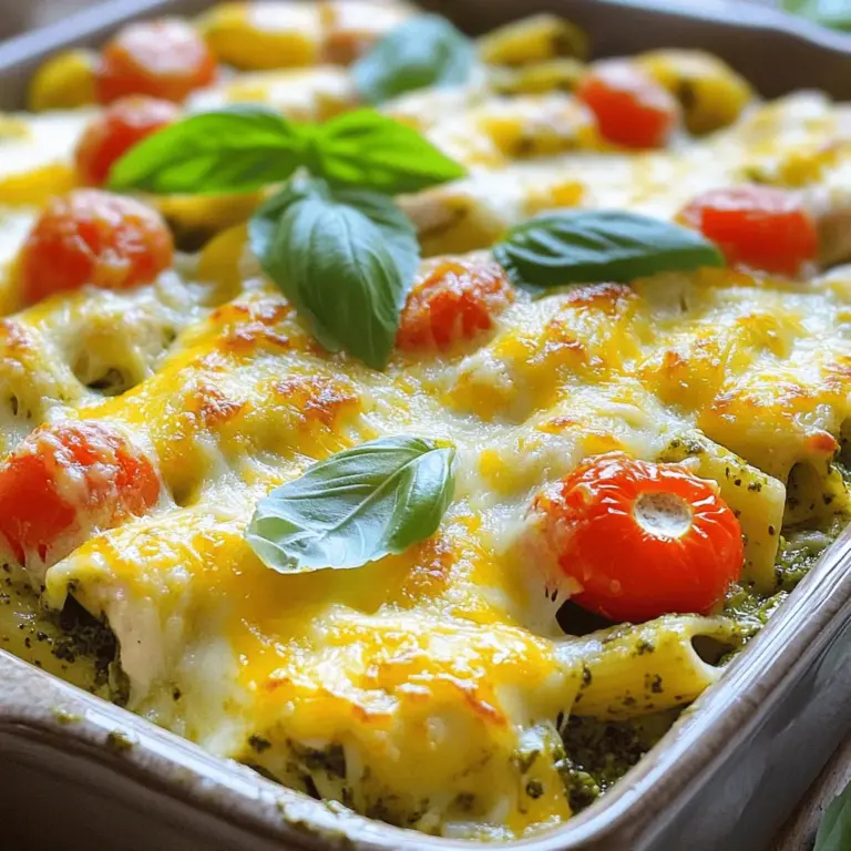 Für einen köstlichen Chicken Pesto Pasta Bake benötigst du einige wichtige Zutaten. Hier ist die Liste: - 2 Tassen Rotini-Pasta - 2 Tassen gekochtes Hähnchen, zerrupft - 1 Tasse Basilikum-Pesto - 1 Tasse Kirschtomaten, halbiert - 1 Tasse Mozzarella-Käse, gerieben - ½ Tasse Parmesan-Käse, gerieben - 1 Tasse Ricotta-Käse - 1 Teelöffel Knoblauchpulver - Salz und Pfeffer nach Geschmack - Frische Basilikumblätter zur Garnitur Diese Zutaten machen den Auflauf reichhaltig und geschmackvoll. Das Pesto bringt eine frische Note, während die Käsesorten für Cremigkeit sorgen. Falls du einige Zutaten nicht zur Hand hast, gibt es tolle Ersatzmöglichkeiten: - Statt Rotini-Pasta kannst du Penne oder Fusilli verwenden. - Anstelle von Hähnchen kannst du gekochte Putenbrust oder sogar Tofu nutzen. - Wenn du kein Pesto hast, mache dein eigenes mit frischem Basilikum, Nüssen und Öl. - Ricotta-Käse kann durch Frischkäse oder Hüttenkäse ersetzt werden. - Verwende einfacheren Käse wie Cheddar, wenn Mozzarella nicht verfügbar ist. Diese Alternativen geben dir die Freiheit, den Auflauf nach deinen Wünschen zu gestalten. Um das Gericht zu vervollständigen, sind einige Beilagen empfehlenswert: - Ein frischer grüner Salat mit einem leichten Dressing passt gut dazu. - Knoblauchbrot oder Baguette sind perfekte Begleiter. - Gegrilltes Gemüse bringt noch mehr Farbe und Geschmack auf den Tisch. Beilagen machen den Chicken Pesto Pasta Bake zu einem kompletten und befriedigenden Essen. Wenn du mehr Ideen benötigst, schau dir die [Full Recipe] an. Zuerst heize deinen Ofen auf 175 °C vor. Das macht das Backen einfacher. Koche dann 2 Tassen Rotini-Pasta. Folge dabei der Packungsanleitung. Die Pasta sollte al dente sein, also nicht zu weich. Nach dem Kochen, seihe die Pasta ab und stelle sie beiseite. In einer großen Schüssel vermenge 2 Tassen zerrupftes Hähnchen mit 1 Tasse Basilikum-Pesto. Füge 1 Tasse halbierte Kirschtomaten und 1 Teelöffel Knoblauchpulver hinzu. Würze mit Salz und Pfeffer. Mische alles gut. Jetzt kommt die Pasta ins Spiel. Füge die gekochte Pasta zur Hähnchenmischung hinzu. Rühre alles gut durch, bis die Pasta gleichmäßig bedeckt ist. In einer separaten Schüssel mische 1 Tasse Ricotta-Käse mit der Hälfte des geriebenen Mozzarella-Käses. Rühre bis die Mischung cremig ist. Nimm eine gefettete Auflaufform und gib die Hälfte der Pasta-Mischung hinein. Verteile die Ricotta-Mischung gleichmäßig darüber. Dann decke das Ganze mit der restlichen Pasta-Mischung ab. Streue den restlichen Mozzarella- und ½ Tasse Parmesan-Käse über die oberste Schicht. Backe den Auflauf für 25-30 Minuten. Achte darauf, dass der Käse sprudelnd und goldbraun ist. Nach dem Backen lasse den Auflauf einige Minuten ruhen. Garniere ihn vor dem Servieren mit frischen Basilikumblättern. So sieht dein Chicken Pesto Pasta Bake toll aus! Du kannst ihn mit einem grünen Salat oder knusprigem Brot servieren. Für das vollständige Rezept schaue dir die gesamte Anleitung an. Ein häufiger Fehler ist, die Pasta zu lange zu kochen. Wenn die Pasta zu weich ist, wird der Auflauf matschig. Kochen Sie die Rotini-Pasta nur bis sie al dente ist. So bleibt die Konsistenz gut. Ein weiterer Fehler ist, nicht genug Pesto zu verwenden. Es gibt dem Gericht Geschmack und Feuchtigkeit. Sehen Sie immer zu, dass Ihre Mischung nicht zu trocken ist. Die Pasta sollte nach dem Kochen immer etwas fest sein. Das macht den Auflauf besser. Gießen Sie die Pasta ab und lassen Sie sie nicht zu lange stehen. Mischen Sie die Pasta sofort mit der Hähnchenmischung. Dies hilft, die Wärme zu halten und die Aromen zu verbinden. Wenn Sie mögen, fügen Sie ein wenig Nudelwasser hinzu. Das macht die Mischung cremiger. Bei der Käseauswahl können Sie kreativ sein! Mozzarella gibt dem Gericht eine schöne Schmelz. Parmesan bringt eine salzige Note. Wenn Sie einen stärkeren Geschmack mögen, probieren Sie Gouda oder Feta. Diese Käsesorten passen auch gut zu Pesto und Hähnchen. Denken Sie daran, die Käse gut zu mischen, um einen gleichmäßigen Geschmack zu erreichen. Für die beste Erfahrung, verwenden Sie frische Käsesorten. Diese haben mehr Geschmack und eine bessere Textur. Vergessen Sie nicht, das Rezept von Käse-Hühnchen-Pesto-Pasta-Auflauf für weitere Details zu nutzen! {{image_4}} Wenn Sie eine vegetarische Option suchen, gibt es viele Möglichkeiten. Ersetzen Sie das Hähnchen durch gebratene Zucchini oder Auberginen. Diese Gemüsesorten bringen viel Geschmack und eine schöne Textur. Sie können auch Kichererbsen hinzufügen, um mehr Protein zu bekommen. Anstelle von Pesto aus Basilikum können Sie auch Rucola-Pesto verwenden. Das gibt einen anderen, tollen Geschmack. Für eine glutenfreie Version nutzen Sie glutenfreie Pasta. Es gibt viele gute Marken, die das anbieten. Wer auf Milchprodukte verzichtet, kann pflanzliche Käsealternativen verwenden. Kräuterquark kann eine tolle Option für den Ricotta sein. So bleibt das Gericht lecker und passt in verschiedene Diäten. Um den Geschmack zu intensivieren, fügen Sie geröstete Pinienkerne hinzu. Sie geben einen nussigen Geschmack und einen schönen Biss. Auch frische Kräuter wie Petersilie oder Thymian machen viel aus. Ein Spritzer Zitronensaft verleiht dem Gericht Frische. Experimentieren Sie mit verschiedenen Käsesorten wie Feta oder Gouda für mehr Vielfalt. Für das vollständige Rezept, schauen Sie sich den [Full Recipe] an. Nach dem Kochen ist es wichtig, den Chicken Pesto Pasta Bake richtig zu lagern. Lassen Sie den Auflauf zuerst auf Raumtemperatur abkühlen. Danach decken Sie ihn gut ab oder füllen ihn in einen luftdichten Behälter. So bleibt der Auflauf frisch. Im Kühlschrank hält er sich bis zu drei Tage. Achten Sie darauf, ihn vor dem Servieren gut durchzuerhitzen. Sie können den Auflauf auch einfrieren, wenn Sie Reste haben. Schneiden Sie ihn in Portionen und legen Sie diese in gefriergeeignete Behälter. Verwenden Sie ein Folien- oder Plastiküberzug, um Gefrierbrand zu vermeiden. Der Auflauf hält sich im Gefrierfach bis zu drei Monate. Zum Auftauen stellen Sie ihn einfach über Nacht in den Kühlschrank. Um die Reste aufzuwärmen, heizen Sie den Ofen auf 175 °C vor. Legen Sie den Auflauf in eine Auflaufform und decken Sie ihn mit Alufolie ab. So bleibt er saftig. Backen Sie ihn etwa 20 Minuten oder bis er heiß ist. Sie können auch die Mikrowelle nutzen, aber der Ofen sorgt für eine bessere Konsistenz. Achten Sie darauf, ihn regelmäßig zu überprüfen, damit er nicht austrocknet. Die Zubereitung von Chicken Pesto Pasta Bake dauert etwa 20 Minuten. Danach benötigen Sie 25 bis 30 Minuten im Ofen. Insgesamt sind es also rund 50 Minuten von Start bis Ende. Diese Zeit ist perfekt, wenn Sie ein schnelles, aber schmackhaftes Gericht wünschen. Ja, Sie können das Rezept im Voraus zubereiten. Bereiten Sie die Pasta-Mischung und die Käse-Schicht vor. Lagern Sie alles abgedeckt im Kühlschrank. Backen Sie den Auflauf einfach, wenn Sie bereit sind zu essen. So sparen Sie Zeit und können das Gericht ganz entspannt genießen. Wenn Sie kein Hähnchen verwenden möchten, gibt es viele Alternativen. Gegrillter Tofu ist eine tolle Wahl für Vegetarier. Sie können auch gekochte Garnelen oder Gemüse wie Zucchini oder Paprika ausprobieren. Diese Optionen bringen frische Aromen in Ihr Gericht. Experimentieren Sie, um Ihre perfekte Mischung zu finden! Im Artikel haben wir die Zutaten für den Chicken Pesto Pasta Bake betrachtet. Wir haben Hauptzutaten, Ersatzmöglichkeiten und passende Beilagen besprochen. Ich gab eine klare Schritt-für-Schritt-Anleitung für die Zubereitung. Zudem teilte ich Tipps zur Vermeidung häufiger Fehler und zur perfekten Pasta-Konsistenz. Wir schauten uns Variationen für Vegetarier an und sprachen über Aufbewahrung und häufige Fragen. Das Rezept ist einfach und macht viel Freude beim Kochen. Experimentiere und finde deine perfekte Variante!
