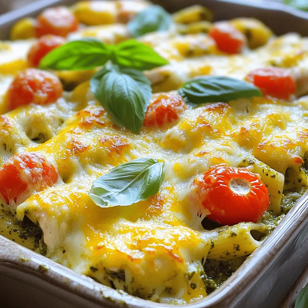 Für einen köstlichen Chicken Pesto Pasta Bake benötigst du einige wichtige Zutaten. Hier ist die Liste: - 2 Tassen Rotini-Pasta - 2 Tassen gekochtes Hähnchen, zerrupft - 1 Tasse Basilikum-Pesto - 1 Tasse Kirschtomaten, halbiert - 1 Tasse Mozzarella-Käse, gerieben - ½ Tasse Parmesan-Käse, gerieben - 1 Tasse Ricotta-Käse - 1 Teelöffel Knoblauchpulver - Salz und Pfeffer nach Geschmack - Frische Basilikumblätter zur Garnitur Diese Zutaten machen den Auflauf reichhaltig und geschmackvoll. Das Pesto bringt eine frische Note, während die Käsesorten für Cremigkeit sorgen. Falls du einige Zutaten nicht zur Hand hast, gibt es tolle Ersatzmöglichkeiten: - Statt Rotini-Pasta kannst du Penne oder Fusilli verwenden. - Anstelle von Hähnchen kannst du gekochte Putenbrust oder sogar Tofu nutzen. - Wenn du kein Pesto hast, mache dein eigenes mit frischem Basilikum, Nüssen und Öl. - Ricotta-Käse kann durch Frischkäse oder Hüttenkäse ersetzt werden. - Verwende einfacheren Käse wie Cheddar, wenn Mozzarella nicht verfügbar ist. Diese Alternativen geben dir die Freiheit, den Auflauf nach deinen Wünschen zu gestalten. Um das Gericht zu vervollständigen, sind einige Beilagen empfehlenswert: - Ein frischer grüner Salat mit einem leichten Dressing passt gut dazu. - Knoblauchbrot oder Baguette sind perfekte Begleiter. - Gegrilltes Gemüse bringt noch mehr Farbe und Geschmack auf den Tisch. Beilagen machen den Chicken Pesto Pasta Bake zu einem kompletten und befriedigenden Essen. Wenn du mehr Ideen benötigst, schau dir die [Full Recipe] an. Zuerst heize deinen Ofen auf 175 °C vor. Das macht das Backen einfacher. Koche dann 2 Tassen Rotini-Pasta. Folge dabei der Packungsanleitung. Die Pasta sollte al dente sein, also nicht zu weich. Nach dem Kochen, seihe die Pasta ab und stelle sie beiseite. In einer großen Schüssel vermenge 2 Tassen zerrupftes Hähnchen mit 1 Tasse Basilikum-Pesto. Füge 1 Tasse halbierte Kirschtomaten und 1 Teelöffel Knoblauchpulver hinzu. Würze mit Salz und Pfeffer. Mische alles gut. Jetzt kommt die Pasta ins Spiel. Füge die gekochte Pasta zur Hähnchenmischung hinzu. Rühre alles gut durch, bis die Pasta gleichmäßig bedeckt ist. In einer separaten Schüssel mische 1 Tasse Ricotta-Käse mit der Hälfte des geriebenen Mozzarella-Käses. Rühre bis die Mischung cremig ist. Nimm eine gefettete Auflaufform und gib die Hälfte der Pasta-Mischung hinein. Verteile die Ricotta-Mischung gleichmäßig darüber. Dann decke das Ganze mit der restlichen Pasta-Mischung ab. Streue den restlichen Mozzarella- und ½ Tasse Parmesan-Käse über die oberste Schicht. Backe den Auflauf für 25-30 Minuten. Achte darauf, dass der Käse sprudelnd und goldbraun ist. Nach dem Backen lasse den Auflauf einige Minuten ruhen. Garniere ihn vor dem Servieren mit frischen Basilikumblättern. So sieht dein Chicken Pesto Pasta Bake toll aus! Du kannst ihn mit einem grünen Salat oder knusprigem Brot servieren. Für das vollständige Rezept schaue dir die gesamte Anleitung an. Ein häufiger Fehler ist, die Pasta zu lange zu kochen. Wenn die Pasta zu weich ist, wird der Auflauf matschig. Kochen Sie die Rotini-Pasta nur bis sie al dente ist. So bleibt die Konsistenz gut. Ein weiterer Fehler ist, nicht genug Pesto zu verwenden. Es gibt dem Gericht Geschmack und Feuchtigkeit. Sehen Sie immer zu, dass Ihre Mischung nicht zu trocken ist. Die Pasta sollte nach dem Kochen immer etwas fest sein. Das macht den Auflauf besser. Gießen Sie die Pasta ab und lassen Sie sie nicht zu lange stehen. Mischen Sie die Pasta sofort mit der Hähnchenmischung. Dies hilft, die Wärme zu halten und die Aromen zu verbinden. Wenn Sie mögen, fügen Sie ein wenig Nudelwasser hinzu. Das macht die Mischung cremiger. Bei der Käseauswahl können Sie kreativ sein! Mozzarella gibt dem Gericht eine schöne Schmelz. Parmesan bringt eine salzige Note. Wenn Sie einen stärkeren Geschmack mögen, probieren Sie Gouda oder Feta. Diese Käsesorten passen auch gut zu Pesto und Hähnchen. Denken Sie daran, die Käse gut zu mischen, um einen gleichmäßigen Geschmack zu erreichen. Für die beste Erfahrung, verwenden Sie frische Käsesorten. Diese haben mehr Geschmack und eine bessere Textur. Vergessen Sie nicht, das Rezept von Käse-Hühnchen-Pesto-Pasta-Auflauf für weitere Details zu nutzen! {{image_4}} Wenn Sie eine vegetarische Option suchen, gibt es viele Möglichkeiten. Ersetzen Sie das Hähnchen durch gebratene Zucchini oder Auberginen. Diese Gemüsesorten bringen viel Geschmack und eine schöne Textur. Sie können auch Kichererbsen hinzufügen, um mehr Protein zu bekommen. Anstelle von Pesto aus Basilikum können Sie auch Rucola-Pesto verwenden. Das gibt einen anderen, tollen Geschmack. Für eine glutenfreie Version nutzen Sie glutenfreie Pasta. Es gibt viele gute Marken, die das anbieten. Wer auf Milchprodukte verzichtet, kann pflanzliche Käsealternativen verwenden. Kräuterquark kann eine tolle Option für den Ricotta sein. So bleibt das Gericht lecker und passt in verschiedene Diäten. Um den Geschmack zu intensivieren, fügen Sie geröstete Pinienkerne hinzu. Sie geben einen nussigen Geschmack und einen schönen Biss. Auch frische Kräuter wie Petersilie oder Thymian machen viel aus. Ein Spritzer Zitronensaft verleiht dem Gericht Frische. Experimentieren Sie mit verschiedenen Käsesorten wie Feta oder Gouda für mehr Vielfalt. Für das vollständige Rezept, schauen Sie sich den [Full Recipe] an. Nach dem Kochen ist es wichtig, den Chicken Pesto Pasta Bake richtig zu lagern. Lassen Sie den Auflauf zuerst auf Raumtemperatur abkühlen. Danach decken Sie ihn gut ab oder füllen ihn in einen luftdichten Behälter. So bleibt der Auflauf frisch. Im Kühlschrank hält er sich bis zu drei Tage. Achten Sie darauf, ihn vor dem Servieren gut durchzuerhitzen. Sie können den Auflauf auch einfrieren, wenn Sie Reste haben. Schneiden Sie ihn in Portionen und legen Sie diese in gefriergeeignete Behälter. Verwenden Sie ein Folien- oder Plastiküberzug, um Gefrierbrand zu vermeiden. Der Auflauf hält sich im Gefrierfach bis zu drei Monate. Zum Auftauen stellen Sie ihn einfach über Nacht in den Kühlschrank. Um die Reste aufzuwärmen, heizen Sie den Ofen auf 175 °C vor. Legen Sie den Auflauf in eine Auflaufform und decken Sie ihn mit Alufolie ab. So bleibt er saftig. Backen Sie ihn etwa 20 Minuten oder bis er heiß ist. Sie können auch die Mikrowelle nutzen, aber der Ofen sorgt für eine bessere Konsistenz. Achten Sie darauf, ihn regelmäßig zu überprüfen, damit er nicht austrocknet. Die Zubereitung von Chicken Pesto Pasta Bake dauert etwa 20 Minuten. Danach benötigen Sie 25 bis 30 Minuten im Ofen. Insgesamt sind es also rund 50 Minuten von Start bis Ende. Diese Zeit ist perfekt, wenn Sie ein schnelles, aber schmackhaftes Gericht wünschen. Ja, Sie können das Rezept im Voraus zubereiten. Bereiten Sie die Pasta-Mischung und die Käse-Schicht vor. Lagern Sie alles abgedeckt im Kühlschrank. Backen Sie den Auflauf einfach, wenn Sie bereit sind zu essen. So sparen Sie Zeit und können das Gericht ganz entspannt genießen. Wenn Sie kein Hähnchen verwenden möchten, gibt es viele Alternativen. Gegrillter Tofu ist eine tolle Wahl für Vegetarier. Sie können auch gekochte Garnelen oder Gemüse wie Zucchini oder Paprika ausprobieren. Diese Optionen bringen frische Aromen in Ihr Gericht. Experimentieren Sie, um Ihre perfekte Mischung zu finden! Im Artikel haben wir die Zutaten für den Chicken Pesto Pasta Bake betrachtet. Wir haben Hauptzutaten, Ersatzmöglichkeiten und passende Beilagen besprochen. Ich gab eine klare Schritt-für-Schritt-Anleitung für die Zubereitung. Zudem teilte ich Tipps zur Vermeidung häufiger Fehler und zur perfekten Pasta-Konsistenz. Wir schauten uns Variationen für Vegetarier an und sprachen über Aufbewahrung und häufige Fragen. Das Rezept ist einfach und macht viel Freude beim Kochen. Experimentiere und finde deine perfekte Variante!