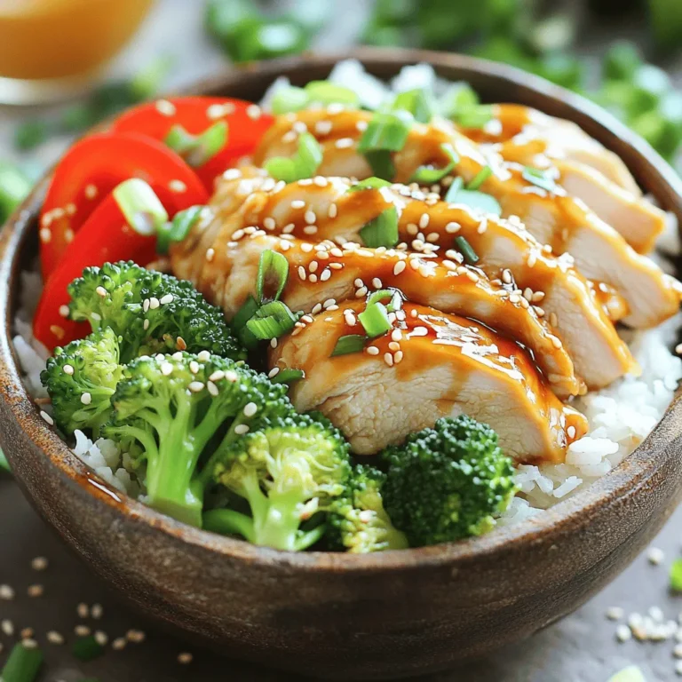 Um köstliche Teriyaki Hähnchen-Reis-Bowls zu machen, benötigen wir frische und hochwertige Zutaten. Hier sind die Hauptzutaten, die du brauchst: - 500 g Hähnchenschenkel ohne Knochen, dünn geschnitten - 240 ml Sojasauce (geringer Natriumgehalt, falls gewünscht) - 120 ml Honig oder Ahornsirup - 30 ml Reisessig - 2 Knoblauchzehen, fein gehackt - 1 Esslöffel frischer Ingwer, gerieben - 1 Esslöffel Maisstärke, vermischt mit 30 ml Wasser (zum Andicken) - 400 g gekochter Jasminreis - 150 g Brokkoli-Röschen - 1 rote Paprika, in Scheiben geschnitten - 75 g Frühlingszwiebeln, gehackt - 1 Esslöffel Sesamsamen Du kannst verschiedene Zutaten und Toppings hinzufügen, um das Gericht zu verbessern. Hier sind einige Ideen: - Karotten, in Streifen geschnitten - Edamame für eine nussige Note - Avocado für Cremigkeit - Chili-Flocken für etwas Schärfe - Nori-Blätter, in Streifen geschnitten Die Wahl der Zutaten kann den Geschmack stark beeinflussen. Hier sind einige Hinweise: - Verwende frische Hähnchenteile für den besten Geschmack. - Sojasauce mit weniger Natrium hat weniger Salz, aber den gleichen Geschmack. - Honig fügt Süße hinzu. Ahornsirup ist eine tolle, vegane Option. - Frisches Gemüse macht das Gericht bunter und nährstoffreicher. - Achte beim Kauf von Reis auf die Sorte. Jasminreis ist aromatisch und passt gut zu Teriyaki. Für das vollständige Rezept, besuche die Sektion [Full Recipe]. Um die Teriyaki-Sauce zuzubereiten, nimm eine mittlere Schüssel. Mische die Sojasauce, den Honig oder den Ahornsirup, den Reisessig, den gehackten Knoblauch und den geriebenen Ingwer. Diese Mischung gibt deinem Gericht den typischen süßen und salzigen Geschmack. Vergiss nicht, ein wenig Sauce aufzuheben, um später die Schüsseln zu beträufeln. Jetzt ist es Zeit, das Hähnchen zu kochen. Erhitze eine große Pfanne bei mittlerer bis hoher Hitze. Gib die dünn geschnittenen Hähnchenschenkel in die Pfanne. Gieße die Hälfte der Teriyaki-Sauce gleichmäßig darüber. Koche das Hähnchen für 5 bis 7 Minuten. Rühre es gelegentlich um, bis es gut durchgegart ist. Das Hähnchen wird zart und saftig. In einem separaten Topf dämpfst du die Brokkoli-Röschen für etwa 4 Minuten. Sie sollten zart sein, aber noch knackig. Füge den Brokkoli dann zur Pfanne mit dem Hähnchen hinzu. Gieße die vorbereitete Maisstärkemischung in die Pfanne und rühre alles gut um. Koche weitere 2 bis 3 Minuten, bis die Sauce dick wird und das Hähnchen und Gemüse umhüllt. Jetzt ist es Zeit, die Schüsseln zu füllen. Lege eine Basis aus Jasminreis in jede Schüssel. Oben drauf kommt die Teriyaki-Hähnchen- und Brokkoli-Mischung. Füge die geschnittene rote Paprika hinzu, um Farbe und Biss zu geben. Zum Schluss beträufle alles mit der reservierten Teriyaki-Sauce. Garniere jede Schüssel mit gehackten Frühlingszwiebeln und Sesamsamen. Voilà, dein Teriyaki Hähnchen-Reis-Bowl ist fertig! Für das gesamte Rezept kannst du die [Full Recipe] nutzen. Um die perfekte Teriyaki-Sauce zu machen, ist das Messen wichtig. Verwende gleichmäßige Mengen von Sojasauce und Honig. Die Süße und der salzige Geschmack sollten sich gut ergänzen. Füge frisch gehackten Knoblauch und geriebenen Ingwer hinzu. Diese Zutaten geben der Sauce einen tollen Geschmack. Lass die Sauce kurz köcheln, damit sie dicker wird. Du kannst das Hähnchen braten, grillen oder im Ofen backen. Jede Methode verändert den Geschmack leicht. Für eine gesündere Option kannst du das Hähnchen auch dämpfen. Du kannst Gemüse nach Wahl hinzufügen. Zucchini oder Karotten passen gut. Wenn du einen anderen Reis magst, probiere Quinoa oder Wildreis. Ein häufiger Fehler ist, das Hähnchen zu lange zu kochen. Es wird dann trocken und zäh. Achte darauf, das Hähnchen nur bis zur gewünschten Garstufe zu kochen. Ein weiterer Fehler ist, die Sauce nicht gut zu mischen. Stelle sicher, dass alles gut vermengt ist. Wenn die Sauce zu dünn ist, füge mehr Maisstärke hinzu. Sie hilft, die Sauce dickflüssig zu machen. {{image_4}} Für eine vegetarische oder vegane Version der Teriyaki-Hähnchen-Reis-Bowls können Sie Tofu oder Tempeh verwenden. Schneiden Sie den Tofu in Würfel und braten Sie ihn goldbraun. Tempeh hat einen nussigen Geschmack und eine tolle Textur. Marinieren Sie die pflanzlichen Proteine in der gleichen Teriyaki-Sauce. Das bringt tolle Aromen. Fügen Sie auch mehr Gemüse hinzu, wie Karotten oder Zucchini, um den Genuss zu steigern. Jasminreis ist klassisch, aber Sie können auch andere Reiscerealien verwenden. Probieren Sie braunen Reis oder Quinoa für mehr Nährstoffe. Diese Optionen sind gesund und sättigend. Wenn Sie eine glutenfreie Diät haben, wählen Sie Quinoa oder Reisnudeln. Sie sind eine gute Wahl und passen gut zur Sauce. Wenn Sie Allergien haben, passen Sie die Zutaten an. Verwenden Sie glutenfreie Sojasauce für Glutenunverträglichkeiten. Bei einer Allergie gegen Nüsse vermeiden Sie Erdnüsse oder Cashewkerne. Achten Sie auch auf die Auswahl des Honigs. Verwenden Sie Agavendicksaft oder Ahornsirup als süße Alternative. So bleibt das Gericht sicher und lecker für alle. Für das vollständige Rezept schauen Sie bitte in den Abschnitt "Full Recipe". Um die übrig gebliebenen Teriyaki Hähnchen-Reis-Bowls frisch zu halten, lege sie in einen luftdichten Behälter. Achte darauf, den Behälter gut zu verschließen. So bleiben der Geschmack und die Textur besser erhalten. Du kannst die Bowls bis zu drei Tage im Kühlschrank lagern. Wenn du mehr als eine Portion hast, friere die Bowls ein. Verwende gefrierfreundliche Behälter oder Beutel. Teile die Bowls in Portionen auf. Achte darauf, die Luft so gut wie möglich herauszudrücken. So vermeidest du Gefrierbrand. Die Bowls halten sich bis zu drei Monate im Gefrierfach. Um die gefrorenen Bowls wieder aufzutauen, lege sie über Nacht in den Kühlschrank. Du kannst sie auch direkt in der Mikrowelle aufwärmen. Stelle die Mikrowelle auf mittlere Leistung ein und erwärme die Bowls in Intervallen von zwei Minuten. Rühre zwischendurch um, damit alles gleichmäßig warm wird. Achte darauf, die Bowls vollständig zu erhitzen, bevor du sie servierst. Die Zubereitung dauert etwa 30 Minuten. Sie benötigen 15 Minuten für die Vorbereitung und 15 Minuten zum Kochen. So können Sie in kurzer Zeit ein leckeres Gericht genießen. Die einfache Schritt-für-Schritt-Anleitung macht es leicht, alles schnell zusammenzustellen. Ja, Sie können die Bowls im Voraus zubereiten. Kochen Sie das Hähnchen und das Gemüse, und bewahren Sie sie im Kühlschrank auf. Sie können die Bowls bis zu drei Tage im Kühlschrank lagern. Wenn Sie bereit sind, können Sie sie einfach aufwärmen. So sparen Sie Zeit an einem geschäftigen Tag. Die besten Teriyaki Hähnchen-Reis-Bowls finden Sie in asiatischen Restaurants. Suchen Sie nach Orten, die auf japanische Küche spezialisiert sind. Diese Restaurants haben oft authentische Rezepte und frische Zutaten. Probieren Sie verschiedene Orte aus, um Ihre Favoriten zu entdecken. Wir haben die Hauptzutaten für Teriyaki Hähnchen-Reis-Bowls besprochen und wie man sie zubereitet. Tipps zur perfekten Sauce und gängige Fehler helfen dir, ein tolles Gericht zu kreieren. Zudem habe ich Variationen für Veganer und Allergiker erklärt. Mit den Aufbewahrungsinfos kannst du Reste länger nutzen. Teriyaki Hähnchen-Reis-Bowls sind vielseitig und einfach zuzubereiten. Sie eignen sich perfekt für schnelle Mahlzeiten. Nutze die Informationen, um deine eigenen leckeren Bowls zu machen!