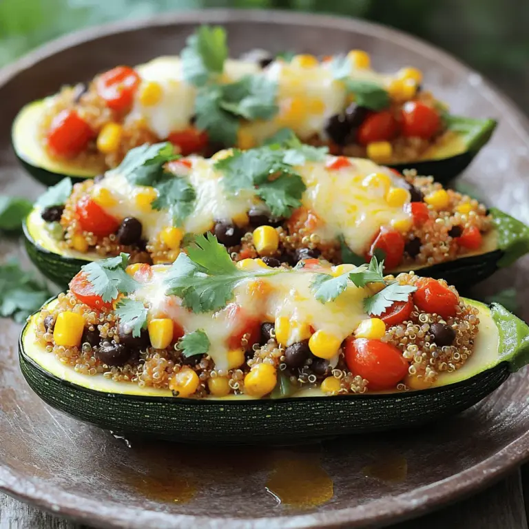 - Zucchini: Auswahl und Größe Wähle frische, feste Zucchini. Mittelgroße Zucchini sind ideal. Sie halten die Füllung gut. Achte darauf, dass sie keine Druckstellen haben. - Quinoa und Gemüsebrühe: Zubereitung Quinoa ist der Hauptbestandteil der Füllung. Wasche sie gründlich, bevor du sie kochst. Verwende Gemüsebrühe für mehr Geschmack. Koche die Quinoa in der Brühe etwa 15 Minuten. Rühre sie mit einer Gabel auf, wenn sie fertig ist. - Gemüsestücke: Welche verwenden? Du kannst verschiedene Gemüse verwenden. Rote Paprika, Zwiebeln und Mais geben Farbe und Geschmack. Füge auch schwarze Bohnen hinzu. Sie machen die Füllung sättigender und nahrhafter. - Beliebte Gewürze für mehr Geschmack Kreuzkümmel, Paprika und Chilipulver sind tolle Gewürze. Sie geben der Füllung einen kräftigen Geschmack. Füge Salz und Pfeffer nach deinem Geschmack hinzu. - Frische Kräuter: Möglichkeiten und Vorteile Frische Kräuter wie Koriander sind eine tolle Ergänzung. Sie verleihen der Füllung Frische und Aroma. Kräuter sind gesund und bringen Farbe auf den Teller. - Kalorienreduktion durch Gewürze Verwende Gewürze, um den Geschmack zu verstärken. So brauchst du weniger Öl oder Käse. Das macht das Gericht leichter und gesünder. - Beste Käsesorten für die Füllung Cheddar oder eine mexikanische Käsesorte sind perfekt. Sie schmelzen gut und geben Geschmack. Streue den Käse oben auf die gefüllten Zucchini. - Vegane Käseoptionen Wenn du vegan kochen möchtest, gibt es tolle Alternativen. Veganer Käse aus Nüssen oder Soja ist eine gute Wahl. Achte darauf, dass er gut schmilzt. - Wie man Käse auswählt Wähle Käse nach deinem Geschmack. Achte auf die Qualität. Frischkäse hat oft einen besseren Geschmack als verpackte Sorten. Das ist die perfekte Basis für deine vegetarischen gefüllten Zucchini. Du kannst mehr über die Zubereitung in der vollständigen Rezeptanleitung erfahren. Um die Zucchini richtig zuzubereiten, schneide sie zuerst der Länge nach in zwei Hälften. Ein scharfes Messer hilft hier sehr. Aushöhlen ist der nächste Schritt. Verwende einen Löffel, um das Innere herauszunehmen. Achte darauf, etwa 0,6 cm Fruchtfleisch stehen zu lassen. So bleibt die Zucchini stabil. Die richtige Dicke ist wichtig, damit die Zucchini gleichmäßig gart. Zu dünne Zucchini werden schnell matschig. Zu dicke Zucchini können hart bleiben. Diese Balance ist entscheidend für dein Gericht. Um die Zucchini vorzubereiten, lege die Hälften auf ein Backblech. Das Backblech erleichtert das Handling im Ofen. So hast du mehr Platz, um die Zucchini zu füllen. Jetzt bist du bereit für die Füllung! Beginne mit dem Kochen der Quinoa. Bringe in einem Topf zwei Tassen Gemüsebrühe zum Kochen. Füge dann eine Tasse gewaschene Quinoa hinzu. Reduziere die Hitze und decke den Topf ab. Lass die Quinoa etwa 15 Minuten köcheln, bis die Flüssigkeit aufgesogen ist. Das gibt der Quinoa einen tollen Geschmack. Während die Quinoa kocht, erhitze etwas Olivenöl in einer großen Pfanne. Füge die fein gehackte Zwiebel und den Knoblauch hinzu. Brate alles an, bis die Zwiebel glasig wird. Das dauert etwa 3-4 Minuten. Jetzt kommt der spannende Teil! Mische die gewürfelte Paprika, die schwarzen Bohnen, die Maiskörner und die Quinoa in die Pfanne. Vergiss nicht die Gewürze! Kreuzkümmel, geräuchertes Paprikapulver und Chilipulver bringen den Geschmack zum Leben. Koche alles etwa fünf Minuten, bis es warm ist. Nimm die Pfanne vom Herd und füge die halbierten Kirschtomaten und den frischen Koriander hinzu. Diese bringen Frische in die Füllung. Rühre alles gut um und die Füllung ist bereit! Heize deinen Ofen auf 190°C vor. Fülle die Zucchinihälften großzügig mit der Mischung. Bestreue die Füllung mit geriebenem Käse. Ein bisschen Käse macht alles besser! Träufle etwas Olivenöl über die gefüllten Zucchini. Decke sie dann mit Folie ab. Das hilft, die Feuchtigkeit zu halten und die Zucchini schön zart zu machen. Backe die Zucchini für 25 Minuten im Ofen. Entferne die Folie und backe sie weitere 10-15 Minuten. So wird der Käse goldbraun und blubbernd. Lass die gefüllten Zucchini ein paar Minuten ruhen, bevor du sie servierst. Jetzt hast du eine leckere, vegetarische Mahlzeit! Du kannst sie nach Belieben anrichten, zum Beispiel mit frischem Koriander als Garnitur. - Überkochte Zucchini: Um das zu vermeiden, backe die Zucchini nicht zu lange. Achte darauf, die Backzeit genau einzuhalten. Die Zucchini sollten zart, aber nicht matschig sein. - Mangelnde Würzung: Schmecke die Füllung gut ab! Verwende Salz, Pfeffer und die angegebenen Gewürze. Ein Spritzer Zitronensaft kann auch helfen, den Geschmack zu heben. - Füllung gleichmäßig verteilen: Nutze einen Löffel, um die Füllung gleichmäßig in die Zucchinihälften zu geben. Drücke die Mischung leicht an, damit sie nicht herausfällt. - Füllungen variieren: Du kannst die Quinoa durch Reis oder Linsen ersetzen. Sie bringen auch tolle Texturen und Geschmäcker. - Verschiedene Gemüsevarianten: Füge Gemüse wie Spinat, Pilze oder Karotten hinzu. Diese sorgen für zusätzliche Nährstoffe und Farben. - Tipps zur Anpassung: Wenn du bestimmte Zutaten nicht magst, sei kreativ! Ersetze sie durch dein Lieblingsgemüse oder andere Hülsenfrüchte. - Beilagen: Ein einfacher grüner Salat passt gut zu den gefüllten Zucchini. Auch ein frisches Brot ist eine tolle Ergänzung. - Anrichten für das perfekte Foto: Platziere die Zucchini auf einem schönen Teller. Träufle etwas Olivenöl darüber und garniere sie mit frischem Koriander für einen tollen Look. - Getränkeempfehlungen: Ein leichter Weißwein oder ein spritziger Sprudelwein harmoniert gut mit dem Gericht. Für eine alkoholfreie Option, serviere Limonade mit frischen Kräutern. {{image_4}} Um glutenfreie gefüllte Zucchini zu machen, können Sie Reis oder andere Körner verwenden. Quinoa eignet sich besonders gut. Es hat einen tollen Geschmack und eine gute Textur. Wenn Sie eine glutenfreie Gewürzmischung verwenden, achten Sie darauf, dass alle Zutaten sicher sind. Viele Gewürze sind von Natur aus glutenfrei. Sojafreie Varianten sind ebenfalls möglich. Nutzen Sie Kichererbsen oder Linsen für eine proteinreiche Füllung. Für eine mexikanische Variante benötigen Sie: - 1 Tasse schwarze Bohnen - 1 Tasse Maiskörner - 1 Teelöffel Kreuzkümmel - 1 Teelöffel Chilipulver - Avocado als Topping Mediterrane Ideen bringen frische Aromen. Verwenden Sie z.B. Feta, Oliven und frische Kräuter. Süß- und salzige Kombinationen sind spannend. Mischen Sie getrocknete Früchte wie Aprikosen mit Nüssen und Käse. Diese Füllung wird viele überraschen. Saisonal zu kochen bringt Vielfalt. Im Sommer sind frische Tomaten und Paprika ideal. Im Winter fügen Sie Wurzelgemüse oder Grünkohl hinzu. Achten Sie darauf, Gemüse aus der Region zu nutzen. Das sorgt für Geschmack und Qualität. Nutzen Sie frische, regionale Zutaten für die beste Füllung und unterstützen Sie lokale Bauern. Kühlung: Wie lange halten die gefüllten Zucchini? Die gefüllten Zucchini halten im Kühlschrank etwa drei bis vier Tage. Lagern Sie sie in einem luftdichten Behälter. So bleiben sie frisch und lecker. Einfrieren: So geht's richtig Wenn Sie die Zucchini länger aufbewahren möchten, können Sie sie einfrieren. Lassen Sie die Zucchini nach dem Backen abkühlen. Wickeln Sie sie dann in Frischhaltefolie und legen Sie sie in einen Gefrierbeutel. So bleiben sie bis zu drei Monate haltbar. Aufwärmen: Tipps für die beste Konsistenz Zum Aufwärmen empfehle ich einen Ofen oder eine Pfanne. Stellen Sie den Ofen auf 180 Grad Celsius ein. Backen Sie die Zucchini etwa 15 Minuten. So bleibt der Käse schön geschmolzen. Zutaten vorbereiten: Teilweise rechtzeitig Sie können die Zucchini und die Füllung am Tag vorher vorbereiten. Schneiden Sie die Zucchini und bereiten Sie die Füllung vor. Lagern Sie beides getrennt im Kühlschrank. Fertigstellung: Anleitungen für schnelles Kochen Am Tag des Servierens füllen Sie die Zucchini und backen sie. Das geht schnell und einfach. So sparen Sie Zeit und können mehr genießen. Meal Prep Tipps für gesunde Mahlzeiten Bereiten Sie große Portionen vor und lagern Sie sie in einzelnen Behältern. So haben Sie gesunde Mahlzeiten für die ganze Woche. Einfach aufwärmen und genießen! Tipps zur Hygiene bei der Zubereitung Waschen Sie Ihre Hände und alle Utensilien gut. Achten Sie darauf, frisches Gemüse zu verwenden. Das schützt vor Bakterien und macht Ihr Gericht sicher. Risiken bei der Lagerung von Lebensmitteln Lagern Sie gefüllte Zucchini nicht länger als empfohlen. Achten Sie darauf, dass der Kühlschrank kalt genug ist. So vermeiden Sie Lebensmittelvergiftungen. So bleibt das Gericht lange frisch Verpacken Sie die Zucchini gut, um Luft und Feuchtigkeit fernzuhalten. So bleiben sie auch nach ein paar Tagen noch lecker. Die Zubereitung der gefüllten Zucchini dauert insgesamt etwa 50 Minuten. Die Vorbereitung nimmt etwa 20 Minuten in Anspruch. Das Backen dauert 25 bis 30 Minuten. Um Zeit zu sparen, können Sie die Quinoa und das Gemüse im Voraus zubereiten. Auch das Aushöhlen der Zucchini lässt sich gut vorbereiten. Ja, Sie können das Rezept im Voraus zubereiten. Bereiten Sie die Füllung einen Tag vorher vor und lagern Sie sie im Kühlschrank. Die Zucchini können Sie auch vorab aushöhlen. Decken Sie die Füllung ab, um sie frisch zu halten. Wenn Sie bereit sind zu essen, füllen Sie die Zucchini und backen Sie sie. Zu gefüllten Zucchini passen viele Beilagen. Ein frischer grüner Salat ergänzt das Gericht gut. Auch Reis oder Quinoa als Beilage harmonieren perfekt. Servieren Sie das Ganze mit einer leichten Vinaigrette oder Joghurt-Dip für den extra Kick. Das Rezept ist vegetarisch, da es Käse enthält. Für eine vegane Version können Sie den Käse durch pflanzliche Alternativen ersetzen. Viele Märkte bieten nun leckeren veganen Käse an, der gut schmilzt. Achten Sie auch darauf, dass die Gemüsebrühe vegan ist. Sie können die Füllung nach Ihren Vorlieben anpassen. Fügen Sie verschiedene Gemüsesorten wie Spinat oder Pilze hinzu. Auch verschiedene Gewürze wie Oregano oder Basilikum können das Gericht verfeinern. Experimentieren Sie mit Ihren Lieblingskräutern für mehr Geschmack. Die gefüllten Zucchini bieten viel Abwechslung und Geschmack. Wir haben gelernt, wie man die Hauptzutaten wie Zucchini, Quinoa und die richtige Mischung aus Gewürzen auswählt. Die Schritt-für-Schritt-Anleitung zeigt, wie man die Zucchini vorbereitet und perfekt backt. Tipps helfen, häufige Fehler zu vermeiden und Rezepte anzupassen. Egal, ob vegan oder vegetarisch, diese Gerichte sind einfach und gesund. Nutze die Variationen und bewahre Reste richtig auf. Experimentiere mit verschiedenen Füllungen und genieße dein Essen!