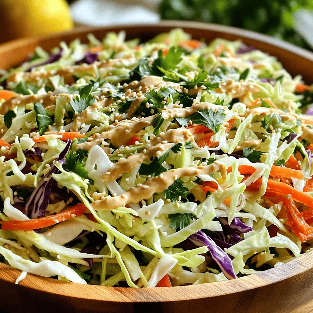 - 3 Tassen grünem Kohl, fein geschnitten - 1 Tasse lila Kohl, fein geschnitten - 1 große Karotte, in feine Streifen geschnitten Die Hauptzutaten machen den Salat frisch und knackig. Grüner und lila Kohl geben Farbe und Textur. Die Karotte fügt Süße hinzu. So entsteht eine perfekte Basis für deinen Salat. - 1/4 Tasse Tahini - 3 Esslöffel Zitronensaft - 1 Esslöffel Ahornsirup Das Dressing bringt Geschmack. Tahini gibt eine cremige Note. Zitronensaft sorgt für Frische. Ahornsirup fügt eine süße Balance hinzu. Diese Kombination macht den Salat besonders lecker. - Salz und Pfeffer nach Geschmack - 1 Teelöffel Sesamsamen (zum Garnieren) Gewürze sind wichtig. Sie bringen die Aromen hervor. Salz und Pfeffer machen den Salat würzig. Die Sesamsamen geben den letzten Schliff. Sie sorgen für einen tollen Crunch. Für das vollständige Rezept, schau dir die [Full Recipe] an. - Beginnen Sie mit dem Schneiden des grünen Kohls. Nehmen Sie 3 Tassen und schneiden Sie ihn fein. - Nehmen Sie dann 1 Tasse lila Kohl. Schneiden Sie auch diesen fein. - Jetzt ist die Karotte dran. Schneiden Sie eine große Karotte in feine Streifen. - Schließlich nehmen Sie 1 rote Paprika. Schneiden Sie sie dünn. - In einer Schüssel vermengen Sie 1/4 Tasse Tahini und 3 Esslöffel Zitronensaft. - Fügen Sie 1 Esslöffel Ahornsirup hinzu. - Geben Sie 2 Esslöffel Apfelessig dazu und 1 fein gehackte Zehe Knoblauch. - Schmecken Sie das Dressing mit Salz und Pfeffer ab. - Falls nötig, fügen Sie 1-2 Esslöffel Wasser hinzu. So wird das Dressing cremig. - Geben Sie das Dressing über die Salatmischung. - Mischen Sie alles vorsichtig. So bleibt das Gemüse ganz. - Lassen Sie den Salat etwa 10-15 Minuten ruhen. Das lässt die Aromen sich gut entfalten. - Vor dem Servieren streuen Sie 1 Teelöffel Sesamsamen darüber. Das gibt einen schönen Crunch. Für das volle Rezept schauen Sie sich die Full Recipe an. Um dein Dressing perfekt cremig zu machen, füge einfach 1-2 Esslöffel Wasser hinzu. Rühre gut um, bis es die gewünschte Textur hat. Du kannst die Gewürze nach deinem Geschmack anpassen. Manchmal mag ich es etwas salziger oder mit mehr Pfeffer. Ich empfehle, den Salat in einer großen Salatschüssel zu servieren. Das sieht nicht nur schön aus, sondern macht es auch einfach, die Portionen zu teilen. Um die Farben hervorzuheben, garniere den Salat mit frischer Petersilie. Das bringt Frische und einen tollen Kontrast. Nutze die Vorbereitungs- und Ruhezeiten optimal. Während der Salat ruht, entfalten sich die Aromen richtig gut. Plane auch etwas Zeit ein, um das Gemüse gleichmäßig zuzuschneiden. So wird alles gleichmäßig lecker. {{image_4}} Um deinen Tangy Lemon Tahini Slaw noch interessanter zu machen, kannst du zusätzliche Zutaten hinzufügen. Eine Avocado bringt eine cremige Textur in den Salat. Sie macht ihn reichhaltiger und voller Geschmack. Nüsse oder Samen geben einen extra Crunch. Mandeln, Walnüsse oder Sonnenblumenkerne sind großartige Optionen. Diese Zutaten sorgen für Abwechslung und machen den Salat noch nahrhafter. Wenn du eine vegane Variante machen möchtest, kannst du den Ahornsirup durch Agavensirup ersetzen. Agavensirup hat einen ähnlichen Geschmack und ist eine gute Wahl. So bleibt dein Salat vegan und lecker. Es ist eine einfache Anpassung, die den Geschmack nicht verändert. Du kannst auch mit verschiedenen Dressings spielen. Joghurt-Dressings geben eine andere Frische, die gut zu diesem Slaw passt. Alternativ kannst du Senf-Dressings ausprobieren, die eine würzige Note hinzufügen. Diese Variationen machen deinen Salat einzigartig und spannend. Experimentiere und finde heraus, was dir am besten schmeckt! Bewahre den Tangy Lemon Tahini Slaw in einem verschlossenen Behälter auf. So bleibt der Salat frisch und knackig. Ein gut verschlossener Behälter schützt den Salat vor Luft und Feuchtigkeit. Der Salat bleibt frisch im Kühlschrank für 2-3 Tage. Nach dieser Zeit kann er weich werden und seine Farbe verlieren. Es ist am besten, den Salat innerhalb dieser Zeit zu essen, um den besten Geschmack zu erleben. Vor dem Servieren solltest du den Salat gut durchmischen. Dies sorgt dafür, dass das Dressing gleichmäßig verteilt ist. Ein schnelles Umrühren bringt die Aromen wieder zusammen. Das macht den Salat noch leckerer. Wenn du nach dem Rezept suchst, findest du die vollständige Anleitung im Full Recipe. Die Zubereitung dieses Salats dauert nur 15 Minuten. Die Gesamtzeit beträgt 30 Minuten. Das macht ihn perfekt für ein schnelles Mittagessen oder als Beilage. Ja, dieser Salat ist vegan. Alle Zutaten sind pflanzlich. Das verwendete Tahini ist aus Sesamsamen. Der Ahornsirup ist auch eine pflanzliche Süße. So ist der Salat ideal für alle, die auf tierische Produkte verzichten. Ja, du kannst diesen Salat im Voraus machen. Bereite ihn einfach bis zu 2 Tage vorher zu. Bewahre ihn in einem verschlossenen Behälter im Kühlschrank auf. Mische den Salat vor dem Servieren gut durch, um die Aromen zu aktivieren. Die Zutaten bieten viele Nährstoffe. - Kohl ist reich an Vitaminen und Ballaststoffen. - Tahini enthält gesunde Fette und Proteine. - Kürbiskerne sind eine gute Quelle für Mineralien wie Magnesium und Zink. Diese Kombination sorgt für eine nahrhafte und gesunde Mahlzeit. Zusammenfassend haben wir die Hauptzutaten für einen gesunden Salat besprochen. Wir haben das Dressing hergestellt und Tipps für perfekte Konsistenz gegeben. Auch Variationen wie Avocado oder Nüsse sind möglich. Denken Sie daran, den Salat im Kühlschrank zu lagern, damit er frisch bleibt. Mit diesen Schritten können Sie einen leckeren, nahrhaften Salat genießen. Experimentieren Sie mit dem Rezept und finden Sie Ihre persönliche Lieblingsversion. Kochen macht Freude und bringt Neues auf den Tisch!
