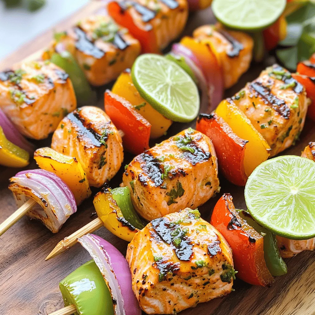 Für die Ingwer-Limetten-Grillspieße benötigen wir: - 450 g Lachsfilet, in 2,5 cm große Würfel geschnitten - 2 Esslöffel frischer Ingwer, gerieben - 3 Esslöffel Limettensaft (ca. 2 Limetten) - 2 Esslöffel Honig - 3 Esslöffel Sojasauce - 1 Esslöffel Sesamöl - 2 Knoblauchzehen, gehackt - 1 Teelöffel schwarzer Pfeffer - 1 Teelöffel Chiliflocken (optional) Diese Zutaten geben den Grillspießen ihren frischen und würzigen Geschmack. Der Lachs bringt viel gesunde Fette mit, während der Ingwer und die Limette für eine schöne Säure sorgen. Die Marinade ist wichtig für den vollen Geschmack. Hier sind die Zutaten: - 2 Esslöffel frischer Ingwer, gerieben - 3 Esslöffel Limettensaft - 2 Esslöffel Honig - 3 Esslöffel Sojasauce - 1 Esslöffel Sesamöl - 2 Knoblauchzehen, gehackt - 1 Teelöffel schwarzer Pfeffer - 1 Teelöffel Chiliflocken (optional) Diese Marinade sorgt dafür, dass der Lachs und das Gemüse viel Geschmack aufnehmen. So wird jeder Biss ein Erlebnis. Das richtige Gemüse ergänzt die Spieße perfekt. Wir verwenden: - 1 Paprika, in 2,5 cm große Stücke geschnitten - 1 rote Zwiebel, in Spalten geschnitten Das Gemüse bringt Farbe und Textur. Die Paprika sorgt für Süße, während die Zwiebel einen tollen Biss hat. Du kannst auch andere Gemüsesorten verwenden, wenn du magst. Zuerst musst du die Marinade zubereiten. Nimm eine mittelgroße Schüssel. Füge 2 Esslöffel frischen, geriebenen Ingwer hinzu. Dann gib 3 Esslöffel Limettensaft dazu, das entspricht etwa 2 Limetten. Jetzt kommen 2 Esslöffel Honig und 3 Esslöffel Sojasauce. Das Sesamöl, 1 Esslöffel, und 2 gehackte Knoblauchzehen geben der Marinade den letzten Schliff. Mit 1 Teelöffel schwarzem Pfeffer und optional 1 Teelöffel Chiliflocken würzen. Rühre alles gut um, bis die Zutaten gut vermischt sind. Lege die Lachsfiletwürfel in eine flache Schüssel oder einen Beutel. Gieße die Marinade gleichmäßig über den Lachs. Achte darauf, dass alle Stücke gut benetzt sind. Füge die 2,5 cm großen Paprikastücke und die geschnittene rote Zwiebel hinzu. Decke die Schüssel ab oder verschließe den Beutel. Lasse alles für 30 Minuten bis 1 Stunde im Kühlschrank marinieren. Das gibt dem Lachs und dem Gemüse viel Geschmack. Während die Marinade einwirkt, weiche die Holzspieße für 20-30 Minuten in Wasser ein. Das verhindert, dass sie am Grill verbrennen. Heize dann den Grill auf mittelhohe Hitze vor. Jetzt kannst du die Spieße zusammenstellen. Stecke abwechselnd die marinierten Lachsstücke, Paprika und Zwiebel auf jeden Spieß. Pro Spieß sollten etwa 4-5 Lachsstücke passen. Lege die Spieße auf den Grill und grille sie 10-12 Minuten. Wende sie gelegentlich. Der Lachs sollte gar sein und leicht zerfallen. Das Gemüse wird zart und bekommt schöne Grillstreifen. Nimm die Spieße vom Grill und lasse sie für ein paar Minuten ruhen, bevor du sie servierst. Du kannst die Spieße mit frischen Limettenscheiben garnieren und etwas Limettensaft darüber träufeln, um die Aromen zu verstärken. Für das vollständige Rezept, schaue dir die Full Recipe an. Grillen ist eine großartige Methode, um Lachs zuzubereiten. Verwende einen Grill mit mittelhoher Hitze. So erhält der Lachs eine schöne Kruste. Du kannst sowohl Holzkohle- als auch Gasgrills verwenden. Wenn du Holzspieße nutzt, weiche sie vorher in Wasser ein. Das verhindert, dass sie anbrennen. Metallspieße sind eine gute Alternative, da sie keine Vorbereitung benötigen. Die Marinade ist der Schlüssel zu dem Geschmack. Lasse den Lachs mindestens 30 Minuten marinieren. Du kannst ihn bis zu einer Stunde marinieren, um intensivere Aromen zu erhalten. Achte darauf, den Lachs nicht zu lange marinieren zu lassen. Zu viel Säure kann den Fisch zäh machen. Wenn der Lachs gar ist, siehst du einige Hinweise. Er sollte eine matte Farbe haben und leicht auseinanderfallen. Du kannst auch mit einer Gabel testen. Wenn sich der Fisch leicht zerteilen lässt, ist er fertig. Die Innentemperatur sollte etwa 63 Grad Celsius betragen. Achte darauf, dass das Gemüse ebenfalls zart ist. Für die vollständige Zubereitung schau dir das Full Recipe an. {{image_4}} Wenn du keinen Lachs magst oder ihn nicht zur Hand hast, probiere andere Fische. Forelle ist eine gute Wahl, da sie zart und schmackhaft ist. Du kannst auch Garnelen verwenden. Sie sind schnell gar und haben einen tollen Geschmack. Achte darauf, die Garzeiten anzupassen. Die Marinade für die Ingwer-Limetten-Grillspieße kann variieren. Füge zum Beispiel frischen Koriander hinzu. Das bringt eine neue Frische. Auch etwas Honig-Senf kann den Geschmack verändern. Für eine schärfere Note, nutze mehr Chiliflocken oder etwas Sriracha. Experimentiere ruhig mit deinen Lieblingsgewürzen. Für eine vegetarische Version kannst du Tofu verwenden. Tofu nimmt die Aromen gut auf. Schneide ihn in Würfel und mariniere ihn wie den Lachs. Auch Gemüse wie Zucchini, Champignons und Kirschtomaten sind ideal. Diese Optionen machen deine Spieße bunt und gesund. Verwende die gleiche Marinade, um die Aromen zu vereinen. Wenn du nach dem Grillen Spieße übrig hast, bewahre sie in einem luftdichten Behälter auf. Stelle sicher, dass die Spieße vollständig abgekühlt sind, bevor du sie lagerst. So bleiben die Aromen frisch. Du kannst sie bis zu drei Tage im Kühlschrank aufbewahren. Für beste Qualität, esse sie schnell. Wenn du die Spieße länger aufbewahren willst, friere sie ein. Wickel die Spieße gut in Frischhaltefolie ein. Lege sie dann in einen gefriergeeigneten Beutel. So kannst du sie bis zu drei Monate im Gefrierschrank aufbewahren. Beschrifte den Beutel mit dem Datum, um den Überblick zu behalten. Um die Spieße aufzuwärmen, benutze den Grill oder die Pfanne. Erwärme sie bei mittlerer Hitze. Wende die Spieße, damit sie gleichmäßig warm werden. Du kannst auch den Ofen verwenden. Lege sie auf ein Backblech und erhitze sie bei 180 Grad Celsius für etwa 10 Minuten. So bleiben die Spieße saftig und lecker. Für mehr Details und die vollständige Zubereitung, schau dir das Rezept für Ingwer-Limetten-Grillspieße mit Lachs an. Schneide den Lachs in gleich große Stücke. Ich empfehle, 2,5 cm große Würfel zu machen. So garen sie gleichmäßig und schnell. Achte darauf, frischen Lachs zu wählen. Das sorgt für guten Geschmack und Textur. Wenn du die Haut magst, kannst du sie dran lassen oder entfernen. Ja, du kannst die Spieße auch im Ofen machen. Heize deinen Ofen auf 200 Grad Celsius vor. Lege die Spieße auf ein Backblech. Grille sie für etwa 10 bis 12 Minuten. Achte darauf, sie einmal umzudrehen. So bekommst du eine schöne Bräunung und den vollen Geschmack. Zu diesen Spießen passen viele Beilagen gut. Hier sind einige Ideen: - Reis oder Quinoa - Ein frischer Salat mit Limetten-Dressing - Gegrilltes Gemüse, wie Zucchini und Auberginen - Knuspriges Brot oder Fladenbrot Diese Beilagen bringen die Aromen der Spieße noch mehr zur Geltung. Wenn du mehr über das Rezept erfahren möchtest, schau dir das Full Recipe an. Zusammengefasst haben wir die wichtige Zutatenliste für Ingwer-Limetten-Grillspieße betrachtet. Wir haben gelernt, wie man die Marinade zubereitet und das Gemüse vorbereitet. Zudem haben wir die besten Grillmethoden und die optimalen Marinierzeiten besprochen. Ob Alternativen zu Lachs oder vegetarische Optionen, die Möglichkeiten sind vielseitig. Denke auch daran, übrig gebliebene Spieße richtig zu lagern. Mit diesen Tipps bist du bestens gerüstet, um leckere Spieße zu grillen und jede Grillparty zu bereichern.