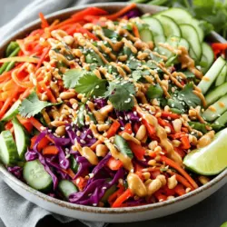 Für diesen Salat brauchen Sie ein paar einfache, frische Zutaten. Hier sind die Hauptzutaten: - 2 Tassen geraspelte Karotten - 1 Tasse rote Kohl, dünn geschnitten - 1 Tasse Gurke, in Streifen geschnitten - 1 Paprika (rot oder gelb), dünn geschnitten - 1 Tasse Zuckerschoten, geputzt und halbiert - 1/2 Tasse frischer Koriander, gehackt - 1/3 Tasse geröstete Erdnüsse, grob gehackt - 1/3 Tasse Frühlingszwiebeln, in Ringe geschnitten - 1 Esslöffel Sesamkörner Das Dressing macht den Salat besonders lecker. Hier sind die Zutaten für das Erdnussdressing: - 3 Esslöffel Erdnussbutter - 2 Esslöffel Sojasauce - 1 Esslöffel Limettensaft - 1 Esslöffel Honig oder Ahornsirup - 1 Teelöffel Ingwer, gerieben - 1 Knoblauchzehe, fein gehackt - 1-2 Esslöffel Wasser (zum Verdünnen, nach Bedarf) Wenn Sie den Salat noch abwechslungsreicher gestalten möchten, probieren Sie diese zusätzlichen Zutaten: - Avocado für eine cremige Textur - Chili für einen scharfen Kick - Nüsse oder Samen für mehr Crunch - Weitere Kräuter wie Minze oder Basilikum Dieses Gericht ist gesund und macht Spaß. Es ist einfach, die Zutaten zu mischen und zu genießen. Schauen Sie sich das [Full Recipe] an, um die Zubereitung zu lernen! Um das Erdnussdressing zuzubereiten, nehmen Sie eine mittelgroße Rührschüssel. Fügen Sie die Erdnussbutter, Sojasauce, Limettensaft, Honig und den geriebenen Ingwer hinzu. Mischen Sie alles gründlich mit einem Schneebesen. Wenn das Dressing zu dick ist, geben Sie einen Esslöffel Wasser nach dem anderen hinzu. Mischen Sie weiter, bis die Konsistenz stimmt. Das Dressing sollte cremig, aber flüssig sein. Stellen Sie es dann beiseite. Für den Salat benötigen Sie eine große Schüssel. Geben Sie die geraspelten Karotten, den roten Kohl, die Gurkenstreifen, die Paprika und die Zuckerschoten hinein. Fügen Sie den frischen Koriander hinzu. Vermengen Sie das Gemüse vorsichtig, indem Sie sanft wenden. Achten Sie darauf, dass die Farben und Texturen gut verteilt sind. So sieht Ihr Salat nicht nur gut aus, sondern schmeckt auch besser. Gießen Sie das vorbereitete Erdnussdressing gleichmäßig über das Gemüse. Werfen Sie alles gut, damit jede Gemüsestück umhüllt wird. Bestreuen Sie den Salat mit den grob gehackten Erdnüssen und den Sesamkörnern. Diese sorgen für extra Crunch und Geschmack. Servieren Sie den Salat sofort oder lassen Sie ihn für etwa 15 Minuten im Kühlschrank ziehen. So können die Aromen intensiver werden. Präsentieren Sie ihn in einer großen Schüssel. Garnieren Sie mit zusätzlichem Koriander und einem Hauch Sesamkörnern. Fügen Sie einen Limettenkeil hinzu, um die Frische zu fördern. Um den besten Erdnussgeschmack zu erzielen, wähle hochwertige Erdnussbutter. Achte darauf, dass sie möglichst wenig Zucker enthält. Du kannst auch geröstete Erdnüsse verwenden, um den Geschmack zu intensivieren. Mische die Erdnussbutter mit Sojasauce und Limettensaft. Diese Kombination bringt die Aromen zum Leben. Du kannst nach Belieben mehr Limettensaft hinzufügen, wenn du es frischer magst. Du kannst den Crunchy Thai Erdnusssalat leicht anpassen. Füge mehr Gemüse hinzu, wie Radieschen oder Mangold. Für etwas Schärfe sind frische Chili oder scharfe Soße ideal. Wenn du es süßer magst, probiere mehr Honig oder Ahornsirup im Dressing. Auch die Nüsse kannst du variieren. Verwende Cashews oder Mandeln für einen neuen Geschmack. Um die Frische der Zutaten zu bewahren, lagere den Salat getrennt vom Dressing. Mische alles erst kurz vor dem Servieren. Frisches Gemüse bleibt knackig, wenn es kühl bleibt. Du kannst auch die geschnittenen Zutaten in einem luftdichten Behälter im Kühlschrank aufbewahren. So bleiben sie frisch und schmackhaft. Wenn du den Salat einen Tag im Voraus zubereiten möchtest, halte das Dressing getrennt. Diese Tipps helfen dir, den besten Crunchy Thai Erdnusssalat zu genießen. Für das vollständige Rezept, schau dir die Anleitung für den Knusprigen Thai Erdnusssalat an. {{image_4}} Für einen vegetarischen oder veganen Crunchy Thai Erdnusssalat können Sie die Zutaten anpassen. Statt Hähnchen verwenden Sie einfach mehr Gemüse oder Tofu. Tofu gibt dem Salat eine schöne Textur. Achten Sie darauf, dass die Erdnussbutter vegan ist. Das Dressing bleibt gleich und bringt tollen Geschmack. Möchten Sie mehr Protein in Ihren Salat? Fügen Sie Hähnchen oder Tofu hinzu. Gegrilltes Hähnchen passt gut zu den frischen Aromen. Wenn Sie Tofu wählen, braten Sie ihn vorher an, damit er knusprig wird. Beide Optionen machen Ihren Salat sättigender und leckerer. Nutzen Sie saisonale Zutaten, um den Salat interessant zu halten. Im Frühling sind Radieschen klar eine gute Wahl. Im Sommer können Sie frische Tomaten oder Avocado hinzufügen. Im Herbst passen geröstete Kürbiswürfel gut dazu. Diese Anpassungen bringen Farbe und Geschmack in Ihren Salat. Für das vollständige Rezept, schauen Sie sich den [Full Recipe] an. Der Crunchy Thai Erdnusssalat ist frisch und knackig. Um ihn richtig aufzubewahren, nutzen Sie einen luftdichten Behälter. Legen Sie den Salat in den Behälter, ohne das Dressing hinzuzufügen. Das hilft, die Frische der Zutaten zu erhalten. Fügen Sie das Dressing erst kurz vor dem Servieren hinzu. Haben Sie Reste? Verwenden Sie sie kreativ! Sie können den Salat mit Reis oder Quinoa mischen. Oder fügen Sie etwas Protein hinzu, wie Hähnchen oder Tofu. So wird eine neue Mahlzeit daraus. Auch Wraps sind eine gute Idee. Wickeln Sie den Salat in Tortillas oder Blätter, um einen leckeren Snack zu genießen. Im Kühlschrank hält sich der Salat etwa drei Tage. Überprüfen Sie das Gemüse täglich. Wenn es weich oder braun wird, ist es Zeit, ihn zu entsorgen. Das Dressing kann bis zu einer Woche halten, wenn Sie es separat aufbewahren. So bleibt der Geschmack frisch und lecker. Für die besten Ergebnisse, genießen Sie den Salat so schnell wie möglich. Der Crunchy Thai Erdnusssalat bleibt frisch für etwa zwei Tage im Kühlschrank. Achten Sie darauf, ihn in einem luftdichten Behälter zu lagern. Das Gemüse bleibt knackig, aber der Salat verliert etwas Frische bei längerer Lagerung. Die Erdnüsse können weich werden. Ich empfehle, den Salat frisch zu genießen, um den besten Geschmack zu erleben. Ja, das Dressing kann leicht im Voraus zubereitet werden. Mischen Sie die Zutaten für das Erdnussdressing und bewahren Sie es in einem Glas im Kühlschrank auf. Es bleibt bis zu einer Woche haltbar. So sparen Sie Zeit, wenn Sie den Salat zubereiten. Rühren Sie das Dressing vor dem Servieren gut um, da sich die Zutaten absetzen können. Der Crunchy Thai Erdnusssalat passt gut zu verschiedenen Beilagen. Hier sind einige Ideen: - Gegrilltes Hähnchen oder Tofu für eine Proteinquelle - Frische Frühlingsrollen als leichte Ergänzung - Gebratener Reis für ein herzhaftes Gericht - Eine knusprige Baguette-Seite für etwas Crunch Sie können auch verschiedene Dips oder Saucen bieten, um den Geschmack zu variieren. Dieser Salat ist vielseitig und ergänzt viele Gerichte. Dieser Crunchy Thai Erdnusssalat bietet viele Möglichkeiten. Wir haben die Hauptzutaten und das leckere Dressing besprochen. Du lernst, wie man alles zusammenstellt und serviert. Mit Tipps für mehr Geschmack kannst du den perfekten Erdnussgeschmack erzielen. Variationen machen den Salat vielseitig. Die Lagerungshinweise helfen, die Frische zu wahren. Probiere verschiedene Anpassungen aus und genieße deinen Salat! Du wirst ihn lieben.