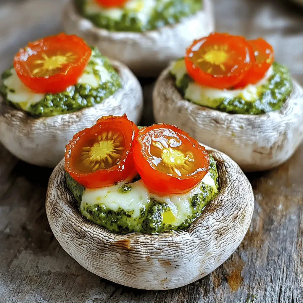 - 12 große weiße Champignonköpfe - 1/2 Tasse frische Basilikumblätter - 1/4 Tasse Pinienkerne - 1/4 Tasse geriebener Parmesan-Käse - 2 Knoblauchzehen, fein gehackt - 1/4 Teelöffel Salz und schwarzer Pfeffer - 2 Esslöffel Olivenöl - 1/4 Tasse Frischkäse, weich gemacht - Cherrytomaten zur Dekoration Die Hauptzutaten sind entscheidend für den Geschmack. Die Champignonköpfe bieten eine perfekte Basis. Frisches Basilikum bringt einen tollen Duft. Pinienkerne fügen eine nussige Note hinzu. Zusätzliche Zutaten wie Parmesan und Knoblauch verstärken das Aroma. Salz und Pfeffer bringen alle Geschmäcker zusammen. Die Füllung mit Olivenöl und Frischkäse sorgt für Cremigkeit. Cherrytomaten geben dem Gericht einen frischen Farbklecks. Diese Kombination macht die gefüllten Champignons zu einem Genuss. Wenn du das vollständige Rezept sehen möchtest, schaue dir bitte die [Full Recipe] an. Heize den Ofen auf 190°C (375°F) vor. Das sorgt für eine gleichmäßige Hitze. Entferne die Champignonstiele vorsichtig. Achte darauf, dass die Kappen ganz bleiben. Lege die Champignonköpfe auf ein Backblech. Gib die frischen Basilikumblätter, Pinienkerne, den Parmesan und den gehackten Knoblauch in eine Küchenmaschine. Pulse die Mischung, bis alles fein gehackt ist. Lass die Maschine laufen und füge langsam das Olivenöl hinzu. So entsteht eine glatte Paste, die reich an Geschmack ist. In einer separaten Schüssel vermische das Pesto mit dem weichen Frischkäse. Rühre gut um, bis die Mischung gleichmäßig ist und toll aussieht. Löffle nun die Pesto-Frischkäse-Mischung vorsichtig in jede Champignon-Kappe. Fülle sie großzügig, damit sie voll sind. Lege die gefüllten Champignons wieder auf das Backblech. Backe die gefüllten Champignons im vorgeheizten Ofen für 15 bis 20 Minuten. Sie sollten zart sein und leicht goldbraun werden. Genieße den köstlichen Duft, während sie backen. Nehme die Champignons nach dem Backen heraus und lass sie kurz abkühlen. Garniere sie mit halbierten Cherrytomaten. Diese Champignons sind perfekt als Vorspeise oder Snack. Für die vollständige Anleitung sieh dir das [Full Recipe] an. Wie man die Champignons auswählt Wähle große, feste Champignons. Sie sollten eine gleichmäßige Farbe haben. Vermeide Pilze mit Flecken oder Druckstellen. Frische Champignons sind entscheidend für den besten Geschmack. Richtiges Pulsieren der Pesto-Mischung Beim Pulsieren der Pesto-Mischung achte darauf, nicht zu lange zu pürieren. Du willst eine grobe, aber gut vermischte Textur. Es sollte nicht zu flüssig werden. Pulsieren hilft, die Aromen der Zutaten zu bewahren. Präsentationstipps mit frischen Basilikumblättern Serviere die gefüllten Champignons auf einem schönen Teller. Streue frische Basilikumblätter darüber. Das gibt einen tollen Farbkontrast und sieht appetitlich aus. Du kannst auch einige Cherrytomaten um die Champignons legen. Kombination mit Beilagen Diese Champignons passen gut zu einem frischen Salat oder knusprigem Brot. Du kannst auch einen leichten Dip dazu servieren. Weiße oder rote Weine ergänzen das Gericht perfekt. Möglichkeiten zur Anpassung der Füllung Du kannst die Füllung variieren. Füge Spinat, getrocknete Tomaten oder Oliven hinzu. Diese Zutaten bringen neue Geschmäcker. Probiere auch andere Käsearten für einen anderen Geschmack. Alternativen zu Parmesan und Pinienkernen Wenn du keinen Parmesan magst, nimm einen anderen Hartkäse. Für eine nussfreie Option, ersetze Pinienkerne durch Sonnenblumenkerne oder Kürbiskerne. Das gibt einen tollen Crunch und bleibt gesund. {{image_4}} Um die gefüllten Champignons vegan zu machen, ersetzen Sie den Käse. Verwenden Sie veganen Käse oder Nüsse. Cashewkerne sind eine gute Wahl. Sie geben eine cremige Textur und tollen Geschmack. Mischen Sie die Nüsse einfach in die Pesto-Mischung. Das sorgt für ein ähnliches Erlebnis wie mit Käse. Achten Sie darauf, dass alle Zutaten glutenfrei sind. Viele Käsesorten sind glutenfrei, aber nicht alle. Überprüfen Sie die Etiketten. Verwenden Sie glutenfreies Brot, wenn Sie die Pesto-Mischung auf Brot probieren möchten. So können auch glutenfreie Freunde diese Leckerei genießen. Basilikum ist klasse, aber probieren Sie auch andere Kräuter. Petersilie, Koriander oder Minze bieten neue Geschmäcker. Wechseln Sie die Kräuter je nach Saison. So bleibt das Rezept frisch und spannend. Das ist eine tolle Möglichkeit, kreativ zu sein. Um gefüllte Champignons frisch zu halten, lagere sie im Kühlschrank. Platziere sie in einem luftdichten Behälter. So bleiben sie bis zu vier Tage gut. Achte darauf, die Champignons nicht zu stapeln, damit sie nicht zerdrückt werden. Eine Schicht Küchenpapier im Behälter hilft, Feuchtigkeit zu absorbieren. So vermeidest du die Bildung von Schimmel. Falls du gefüllte Champignons aufbewahren möchtest, kannst du sie einfrieren. Lege die gefüllten Champignons auf ein Backblech. Achte darauf, dass sie sich nicht berühren. Gefriere sie für 1-2 Stunden, bis sie fest sind. Danach kannst du sie in einen Gefrierbeutel umfüllen. So bleiben sie bis zu drei Monate genießbar. Vergiss nicht, das Datum auf den Beutel zu schreiben! Um gefüllte Champignons aufzuwärmen, nutze den Ofen. Heize ihn auf 175°C vor. Lege die Champignons auf ein Backblech und backe sie für etwa 10 Minuten. So bleiben sie schön saftig. Alternativ kannst du die Champignons in der Mikrowelle aufwärmen. Stelle sie in eine mikrowellengeeignete Schüssel und decke sie ab. Erwärme sie für 1-2 Minuten. Achte darauf, dass sie nicht austrocknen. So kannst du die gefüllten Champignons jederzeit genießen! Gefüllte Champignons halten im Kühlschrank etwa 3 bis 4 Tage. Bewahren Sie sie in einem luftdichten Behälter auf. Im Gefrierschrank halten sie bis zu 3 Monate. Lassen Sie sie ganz abkühlen und packen Sie sie gut ein. So bleibt der Geschmack frisch. Ja, das Pesto können Sie einen Tag im Voraus machen. Stellen Sie sicher, dass Sie es in einem luftdichten Behälter aufbewahren. Um die Frische zu bewahren, decken Sie die Oberfläche mit etwas Olivenöl ab. So oxidiert es nicht. Zu gefüllten Champignons passen viele Beilagen. Hier sind einige Vorschläge: - Ein frischer grüner Salat mit einem leichten Dressing - Knuspriges Baguette oder Ciabatta - Gegrilltes Gemüse, wie Zucchini oder Paprika - Ein Glas rosé Wein oder spritziger Apfelwein Das Rezept für frische Basilikum-Pesto gefüllte Champignons stammt aus meiner Leidenschaft für italienische Küche. Es vereint frische Zutaten und einfache Zubereitung. Für die vollständige Rezeptbeschreibung, schauen Sie in den Abschnitt "Full Recipe". Gefüllte Champignons bieten einen köstlichen Genuss. Wir haben die besten Zutaten und eine einfache Anleitung geteilt. Tipp für die Zubereitung: Achte auf frische Champignons und perfekte Pesto-Mischung. Variationen wie vegane und glutenfreie Optionen erweitern das Rezept. Lagere deine gefüllten Champignons richtig für den besten Geschmack. Nutze die FAQs für weitere Tipps. Viel Spaß beim Ausprobieren und Genießen!