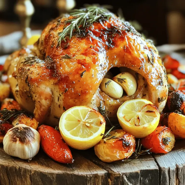 Hier sind die Zutaten, die du für das Knoblauch Kräuter Rösthuhn brauchst: - 1 ganzes Huhn (ca. 1,5-2 kg) - 1 Zitrone, halbiert - 1 Knoblauchknolle, quer halbiert - 4 Esslöffel Olivenöl - 2 Esslöffel frischer Rosmarin, gehackt - 2 Esslöffel frischer Thymian, gehackt - 2 Teelöffel Salz - 1 Teelöffel schwarzer Pfeffer - 1 Teelöffel Paprika - 240 ml Hühnerbrühe Um ein perfektes Rösthuhn zu machen, ist die Wahl der Zutaten wichtig. Die frischen Kräuter machen den Geschmack lebendig. Der Rosmarin und Thymian bringen einen wunderbaren Duft, während der Knoblauch eine herzliche Note hinzufügt. Die Zitrone sorgt für eine spritzige Frische. Das Huhn selbst muss die richtige Größe haben. Ein Huhn von 1,5 bis 2 kg ist ideal für ein saftiges Ergebnis. Achte darauf, dass du hochwertiges Olivenöl verwendest. Es gibt dem Huhn mehr Geschmack und hält es saftig. Die Hühnerbrühe ist auch wichtig, um das Huhn während des Röstens zu befeuchten. Du kannst die Zutaten nach deinem Geschmack anpassen. Fühle dich frei, verschiedene Kräuter auszuprobieren. Für die vollständige Anleitung zum Kochen, schau dir das [Full Recipe] an. Heizen Sie Ihren Ofen auf 220 °C (425 °F) vor. Dies sorgt für ein schönes Röstaroma. Während der Ofen heizt, können Sie die Kräuterpaste zubereiten. Nehmen Sie eine kleine Schüssel und vermengen Sie das Olivenöl, den gehackten Rosmarin, den gehackten Thymian, das Salz, den Pfeffer und das Paprika. Diese Mischung gibt dem Huhn viel Geschmack. Nehmen Sie das Huhn und tupfen Sie es mit Küchenpapier trocken. Legen Sie das Huhn in eine große Auflaufform. Jetzt kommt der spaßige Teil: Reiben Sie die Kräuterpaste großzügig über das gesamte Huhn. Stellen Sie sicher, dass Sie auch die Innenseite des Huhns mit der Paste bestreichen. So wird es aromatisch und saftig. Pressen Sie den Saft der halbierten Zitrone in die Hohlräume des Huhns. Legen Sie die Zitronenhälften und die halbierte Knoblauchknolle ins Innere des Huhns. Diese Zutaten bringen einen frischen Geschmack. Gießen Sie die Hühnerbrühe rund um das Huhn in die Auflaufform. Dies hilft, das Huhn während des Röstens saftig zu halten. Rösten Sie das Huhn im vorgeheizten Ofen für etwa 1 Stunde und 15 Minuten. Achten Sie darauf, dass die Innentemperatur 75 °C (165 °F) erreicht. Die Säfte sollten klar ablaufen, wenn Sie das Huhn anstechen. Nach einer halben Stunde können Sie das Huhn mit den Bratensäften übergießen. So bleibt es saftig und geschmackvoll. Lassen Sie das Huhn nach dem Garen 10-15 Minuten ruhen, bevor Sie es aufschneiden. Für das vollständige Rezept können Sie [Full Recipe] ansehen. Wie messe ich die Innentemperatur? Die Innentemperatur ist wichtig für saftiges Huhn. Verwende ein Fleischthermometer. Stecke es in die dickste Stelle des Oberschenkels. Die Temperatur sollte 75 °C (165 °F) erreichen. So bist du sicher, dass das Huhn durchgegart ist. Wie halte ich das Huhn saftig? Ein paar einfache Tipps helfen, das Huhn saftig zu halten. Gieße die Bratensäfte während des Garens über das Huhn. So bleibt es feucht und bekommt einen tollen Geschmack. Lass das Huhn nach dem Braten ruhen. Das hilft, die Säfte im Fleisch zu halten. Welche anderen Kräuter kann ich verwenden? Du kannst viele Kräuter ausprobieren. Basilikum, Oregano oder Schnittlauch passen gut. Frische Kräuter geben einen intensiven Geschmack. Wenn du Trockenkräuter verwendest, nimm die Hälfte der Menge. So bleibt das Aroma stark, aber nicht überwältigend. Wie variiere ich die Kräuterpaste? Die Kräuterpaste ist sehr anpassbar. Du kannst auch Senf oder Honig hinzufügen. Ein bisschen scharfer Senf gibt eine tolle Schärfe. Honig sorgt für eine süße Note. Experimentiere und finde deine Lieblingsmischung. Welche Gemüsebeilagen passen gut dazu? Geröstetes Gemüse ist eine gute Wahl. Karotten, Kartoffeln und Zucchini sind lecker. Du kannst sie zusammen mit dem Huhn im Ofen rösten. Das spart Zeit und bringt viele Aromen zusammen. Wie richte ich das Huhn an? Präsentiere dein Huhn auf einer großen Platte. Garniere es mit frischen Kräutern. Füge geröstetes Gemüse dazu, um das Bild zu vervollständigen. Für besondere Anlässe kannst du auch Zitronenscheiben oder Essig-Tomaten hinzufügen. So sieht es nicht nur gut aus, sondern schmeckt auch toll. Für das vollständige Rezept, schau dir die Anleitung für das Knoblauch-Kräuter-Rösthuhn an. {{image_4}} Bei Knoblauch Kräuter Rösthuhn können Sie mit verschiedenen Zitrusfrüchten spielen. Orangen oder Limetten geben dem Huhn eine fruchtige Note. Diese Früchte bringen Frische und einen neuen Geschmack in das Gericht. Zusätzlich können Sie alternative Gewürze verwenden. Anstatt nur Rosmarin und Thymian zu nutzen, probieren Sie Salbei oder Oregano. Diese Kräuter ergänzen den Knoblauch gut und verleihen dem Huhn mehr Tiefe. Wenn Sie glutenfreie Optionen suchen, sind Sie hier richtig. Dieses Rezept ist von Natur aus glutenfrei. Verwenden Sie einfach frische Zutaten, die keine Gluten enthalten, und genießen Sie ein sicheres Gericht. Für eine Low-Carb-Alternative können Sie die Beilagen anpassen. Servieren Sie das Huhn mit einem frischen Salat oder gebratenem Gemüse, um die Kohlenhydrate zu reduzieren. So bleibt Ihr Gericht leicht und gesund. Wenn Sie wenig Zeit haben, probieren Sie die Luftfritteuse-Methode. Diese Methode verkürzt die Garzeit und liefert ein knuspriges Ergebnis. Stellen Sie die Luftfritteuse auf 180 °C (350 °F) und garen Sie das Huhn für etwa 45 Minuten. Eine weitere Option ist das Vorkochen und Einfrieren. Bereiten Sie das Huhn vor, marinieren Sie es und frieren Sie es ein. So haben Sie eine schnelle Mahlzeit zur Hand, wenn es eilig ist. Wie lange bleibt das Rösthuhn frisch? Das Rösthuhn bleibt im Kühlschrank etwa drei bis vier Tage frisch. Achten Sie darauf, es gut abzudecken. So bleibt der Geschmack besser erhalten. Tipps zur richtigen Lagerung: - Lassen Sie das Huhn bei Zimmertemperatur abkühlen. - Wickeln Sie es in Frischhaltefolie oder legen Sie es in einen luftdichten Behälter. - Stellen Sie sicher, dass der Kühlschrank bei 4 °C bleibt. Richtiges Einfrieren von Resten: Wenn Sie Reste haben, können Sie das Huhn problemlos einfrieren. Teilen Sie es in Portionen, bevor Sie es einpacken. Auftau-Methoden: - Lassen Sie das Huhn über Nacht im Kühlschrank auftauen. - Alternativ können Sie es in kaltem Wasser auftauen, wenn Sie es schneller benötigen. Beste Methoden zur Wiedererwärmung: Der Ofen ist die beste Wahl zum Wiedererwärmen. Heizen Sie ihn auf 180 °C vor. Wie das Huhn saftig bleibt: - Decken Sie das Huhn mit Folie ab, um die Feuchtigkeit zu halten. - Erwärmen Sie es, bis es mindestens 75 °C erreicht. - Lassen Sie es vor dem Servieren kurz ruhen, damit die Säfte sich setzen können. Für das gesamte Rezept und mehr Details schauen Sie sich die [Full Recipe] an. Das Huhn sollte im Ofen etwa 1 Stunde und 15 Minuten rösten. Die genaue Zeit hängt von der Größe des Huhns ab. Die Innentemperatur soll 75 °C erreichen. Überprüfen Sie die Temperatur mit einem Fleischthermometer. Wenn die Säfte klar ablaufen, ist das Huhn fertig. Ja, Sie können das Rezept im Voraus vorbereiten. Reiben Sie das Huhn am Morgen mit der Kräuterpaste ein. Lassen Sie es dann im Kühlschrank ruhen. So ziehen die Aromen besser ein. Nehmen Sie das Huhn eine Stunde vor dem Braten aus dem Kühlschrank. Dadurch gart es gleichmäßiger. Um ein trockenes Huhn zu vermeiden, verwenden Sie die Hühnerbrühe beim Braten. Diese hilft, das Huhn saftig zu halten. Bedecken Sie das Huhn während des Röstens mit den eigenen Säften. Eine weitere Idee ist, das Huhn mit Olivenöl zu bepinseln. Experimentieren Sie auch mit verschiedenen Kräutern, um den Geschmack zu verbessern. Das Rösthuhn-Rezept erfordert simple Zutaten und klare Schritte. Du bereitest das Huhn mit frischen Kräutern, Zitrone und Knoblauch vor. Die Garzeit ist wichtig, damit dein Huhn saftig bleibt. Variationen und Tipps zur Lagerung helfen dir, immer lecker zu essen. Genieße das Kochen und bereite dich auf ein köstliches Gericht vor. Experimentiere mit verschiedenen Gewürzen und Gemüsebeilagen. So wird jede Mahlzeit besonders und bleibt in Erinnerung.