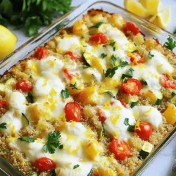 Hier sind die Zutaten für das Zesty Lemon Quinoa Bake. Es ist einfach und frisch. - 1 Tasse Quinoa, gründlich abgespült - 2 Tassen Gemüsebrühe - 1 mittelgroße Zucchini, gewürfelt - 1 rote Paprika, gewürfelt - 1 Tasse Kirschtomaten, halbiert - 1 Tasse frischer Spinat, grob gehackt - 2 Knoblauchzehen, fein gehackt - 1 Teelöffel Zitronenschale - 1/4 Tasse frischer Zitronensaft - 1 Teelöffel getrockneter Oregano - 1/2 Teelöffel Salz - 1/4 Teelöffel schwarzer Pfeffer - 1 Tasse geriebener Mozzarella-Käse (oder milchfreie Alternative) - Frische Petersilie oder Basilikum zum Garnieren Die Hauptzutat ist Quinoa. Sie ist reich an Eiweiß und Ballaststoffen. Wir verwenden frisches Gemüse. Es macht das Gericht bunt und gesund. Zitronensaft und Schale geben den besonderen Zing. Die Mischung aus den Kräutern bringt den Geschmack nach vorne. Ich empfehle, die Gemüsebrühe selbst zu machen. Das gibt dem Gericht mehr Tiefe. Wenn du die Brühe kaufst, achte auf die Qualität. Achte darauf, dass sie wenig Natrium enthält. Mit dieser Liste kannst du loslegen. Bereite alles vor, bevor du kochst. So läuft alles glatt. Für das vollständige Rezept schaue dir den Abschnitt „Full Recipe“ an. - Zuerst spüle die Quinoa gut ab. - Nimm einen mittelgroßen Topf und vermenge die Quinoa mit der Gemüsebrühe. - Bringe die Mischung zum Kochen. - Reduziere die Hitze und decke den Topf ab. - Lass die Quinoa 15 Minuten köcheln, bis die Flüssigkeit aufgesogen ist. - Nimm eine große Schüssel und füge die gekochte Quinoa hinzu. - Gib die gewürfelte Zucchini, die rote Paprika, die halbierten Kirschtomaten und den gehackten Spinat dazu. - Danach füge den fein gehackten Knoblauch hinzu. - Mische die Zitronenschale, den Zitronensaft, den Oregano, das Salz und den Pfeffer unter. - Heize den Ofen auf 190°C vor und fette die Auflaufform leicht ein. - Fülle die Mischung in die vorbereitete Form und verteile sie gleichmäßig. - Bestreue die Mischung mit geriebenem Mozzarella-Käse. - Backe das Gericht 25-30 Minuten, bis der Käse blubbert und goldbraun ist. - Lass es ein paar Minuten abkühlen, bevor du es servierst. Für die genauen Mengen und weitere Details, schau dir das Full Recipe an. - Quinoa gründlich abspülen für bessere Textur. Das Entfernen der Bitterstoffe macht sie schmackhafter. - Gemüse nach Saison anpassen für frischen Geschmack. Frische Zutaten bringen mehr Aroma und Nährstoffe. - Mit frischer Petersilie oder Basilikum garnieren. Das gibt Farbe und erhöht den Geschmack. - Mit Zitronenschnitzen für extra Frische servieren. Das bringt einen spritzigen Kick in jedes Gericht. - Quinoa nicht zu lange kochen. Zu langes Kochen macht sie matschig und unappetitlich. - Zu viel Wasser in der Mischung vermeiden. Zu viel Flüssigkeit macht die Quinoa wässrig und weniger lecker. Diese Tipps helfen dir, die Zesty Lemon Quinoa Bake perfekt zuzubereiten. Denke daran, die Anleitung in der Full Recipe zu beachten! {{image_4}} Für eine vegane Version des Zesty Lemon Quinoa Bake können Sie milchfreie Käseoptionen verwenden. Diese Käsealternativen schmelzen gut und bieten einen tollen Geschmack. Sie können auch mehr Gemüsesorten hinzufügen. Brokkoli und Pilze sind perfekte Ergänzungen. Diese Gemüsesorten bringen noch mehr Nährstoffe und Farbe in Ihr Gericht. Um mehr Protein hinzuzufügen, mischen Sie Kichererbsen oder schwarze Bohnen ein. Diese Hülsenfrüchte sind nahrhaft und machen das Gericht sättigender. Wenn Sie eine nicht-vegetarische Version möchten, können Sie Hähnchen oder Tofu verwenden. Beides passt gut zu den frischen Aromen und macht die Mahlzeit noch gehaltvoller. Verschiedene Kräuter und Gewürze können den Geschmack verändern. Frischer Basilikum oder Thymian geben eine neue Note. Sie können auch zusätzliche Zitrusfrüchte hinzufügen. Limetten oder Grapefruits bringen einen aufregenden Twist. Diese Variationen machen das Gericht spannend und abwechslungsreich. Für das vollständige Rezept schauen Sie sich die [Full Recipe](#) an. Bewahre deine Zesty Lemon Quinoa Bake in einem luftdichten Behälter auf. So bleibt das Gericht frisch. Es hält sich gut für 3-5 Tage. Du kannst es einfach aus dem Kühlschrank nehmen und aufwärmen, wann immer du Lust hast. Du kannst die Quinoa Bake auch einfrieren. Teile das Gericht in Portionen auf, bevor du es ins Gefrierfach legst. So hast du immer eine schnelle und gesunde Option zur Hand. Die Haltbarkeit beträgt bis zu 2 Monate. Achte darauf, das Gericht gut abzudecken, damit es keinen Frostgeschmack annimmt. Um die Quinoa Bake wieder aufzuwärmen, kannst du den Ofen oder die Mikrowelle nutzen. Im Ofen bleibt das Gericht knusprig. In der Mikrowelle geht es schneller. Schütze das Gericht beim Aufwärmen mit einem Deckel oder einem feuchten Tuch. So trocknet es nicht aus. Du kannst Zesty Lemon Quinoa Bake im Kühlschrank für 3 bis 5 Tage aufbewahren. Stelle sicher, dass du es in einem luftdichten Behälter lagerst. Wenn du es länger aufbewahren möchtest, friere es ein. In der Gefriertruhe hält es bis zu 2 Monate. Um es aufzutauen, lege es einfach über Nacht in den Kühlschrank. Ja, du kannst Quinoa im Voraus zubereiten. Koche die Quinoa einfach nach dem Rezept. Lass sie abkühlen und lagere sie dann in einem luftdichten Behälter. Sie bleibt so frisch für etwa 5 Tage. Das macht es einfach, dein Gericht schnell zusammenzustellen. Du kannst auch die anderen Zutaten vorbereiten und alles am Backtag mischen. Zesty Lemon Quinoa Bake passt gut zu vielen Beilagen. Du kannst einen frischen Salat dazu servieren. Ein einfacher grüner Salat mit Vinaigrette ist eine tolle Wahl. Auch geröstetes Gemüse harmoniert gut. Wenn du etwas Protein hinzufügen möchtest, sind gegrillte Hähnchenbrust oder gebratener Tofu ebenfalls sehr lecker. Ja, Zesty Lemon Quinoa Bake ist von Natur aus glutenfrei. Quinoa ist eine großartige glutenfreie Getreideart. Achte darauf, dass alle anderen Zutaten ebenfalls glutenfrei sind. Verwende zum Beispiel glutenfreie Brühe und Käsealternativen. So kannst du das Gericht ohne Bedenken genießen. In diesem Blogbeitrag haben wir die Zutaten und Schritte für den Zesty Lemon Quinoa Bake besprochen. Wir haben Tipps zur Zubereitung, Variation und Lagerung gegeben. Denke daran, Quinoa gründlich abzuspülen und die Gewürze nach deinem Geschmack anzupassen. Diese Gerichte sind schmackhaft und gesund. Experimentiere mit verschiedenen Gemüsesorten oder Proteinen. So findest du deine perfekte Kombination. Deine Küche wird erfrischt sein, und du wirst viele Komplimente erhalten!