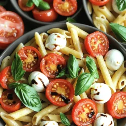 - 340 g Pasta (Penne oder Fusilli) - 450 g Kirschtomaten, halbiert - 250 g frische Mozzarella-Kugeln, halbiert - 60 ml frische Basilikumblätter, zerrissen - 45 ml Olivenöl - 2 Knoblauchzehen, fein gehackt - Salz und Pfeffer nach Geschmack - Balsamico-Glasur zum Beträufeln (optional) Für ein tolles Gericht wähle frische und reife Kirschtomaten. Sie geben viel Geschmack. Achte darauf, dass die Mozzarella-Kugeln gut abgetropft sind. So wird die Pasta nicht wässrig. Verwende auch frisches Basilikum. Es bringt Farbe und Aroma. Hochwertiges Olivenöl macht einen großen Unterschied im Geschmack. Kaufe es am besten in kleinen Flaschen, damit es frisch bleibt. Die Zutaten in dieser Pasta sind nicht nur lecker, sondern auch gesund. Kirschtomaten sind reich an Vitaminen. Sie unterstützen das Immunsystem. Mozzarella enthält viel Protein, was gut für die Muskeln ist. Basilikum hat entzündungshemmende Eigenschaften. Olivenöl ist gut fürs Herz und enthält gesunde Fette. Diese Pasta ist also nicht nur ein Genuss, sondern auch eine kluge Wahl für deine Gesundheit. In einem großen Topf bringst du Salzwasser zum Kochen. Füge die Pasta hinzu und beachte die Kochzeit auf der Packung. Achte darauf, die Pasta al dente zu kochen. Das bedeutet, sie sollte noch einen leichten Biss haben. Während die Pasta kocht, behalte ein Glas Nudelwasser bereit. Es hilft später, die Sauce perfekt zu machen. Erhitze 45 ml Olivenöl im gleichen Topf bei mittlerer Hitze. Füge 2 fein gehackte Knoblauchzehen hinzu. Brate den Knoblauch für 1 bis 2 Minuten an, bis er duftet. Pass auf, dass er nicht verbrennt, denn das macht ihn bitter. Rühre den Knoblauch regelmäßig um, damit er gleichmäßig gart. Jetzt ist es Zeit, die frischen Aromen zu mixen. Gib die halbierten Kirschtomaten in den Topf und koche sie 3 bis 4 Minuten. Rühre gelegentlich um, bis sie weich sind und ihren Saft abgeben. Dann kehre die abgetropfte Pasta in den Topf zurück. Mische alles gut zusammen. Füge nach Wunsch etwas Nudelwasser hinzu, um die Sauce cremiger zu machen. Jetzt kommen die frischen Mozzarella-Kugeln und die zerrissenen Basilikumblätter dazu. Mische alles sanft. Schmecke mit Salz und Pfeffer ab und genieße die Farben und Aromen. Du hast nun eine köstliche Caprese Pasta, die einfach und schnell zu machen ist. Sie ist perfekt für ein schnelles Abendessen oder ein leichtes Mittagessen. Du kannst das vollständige Rezept [hier finden](Full Recipe). Um perfekte Pasta zu kochen, achte auf die Kochzeit. Lies die Packungsanweisung. Koche die Pasta in reichlich Salzwasser. Das verhindert, dass sie klebrig wird. Rühre sie während des Kochens öfters um. Das sorgt für gleichmäßige Garung. Ein kleiner Trick: Nimm etwas Nudelwasser auf, bevor du die Pasta abgießt. Dieses Wasser hat Stärke, die beim Mischen hilft. Kirschtomaten sind lecker, aber sie können schnell überkochen. Koche sie nur kurz in der Pfanne. So bleiben sie fest und geben ihren Saft ab. Brate sie bei mittlerer Hitze und rühre regelmäßig um. Wenn sie weich sind, ist es Zeit, die Pasta hinzuzufügen. Überprüfe die Tomaten oft, damit sie nicht zerfallen. Du kannst die Caprese Pasta leicht anpassen. Füge zum Beispiel Oregano oder Thymian hinzu. Diese Kräuter bringen neue Aromen. Frische Kräuter wie Petersilie oder Schnittlauch passen auch gut. Experimentiere mit Gewürzen wie Paprika oder Chili für etwas Schärfe. Jede Variation kann das Gericht aufpeppen. So bleibt das Rezept spannend und lecker. Für die vollständige Zubereitung verlinke ich zur [Full Recipe]. {{image_4}} Die Caprese-Pasta schmeckt toll mit verschiedenen Käsesorten. Sie können Feta oder Ricotta für ein anderes Aroma verwenden. Diese Käsesorten schmelzen gut und geben der Pasta eine cremige Textur. Für etwas mehr Geschmack, probieren Sie Parmesan oder Pecorino. Diese Käsesorten fügen einen würzigen Kick hinzu. Achten Sie darauf, den Käse frisch zu wählen. Das macht einen großen Unterschied im Geschmack. Wenn Sie vegetarisch oder vegan essen, gibt es einfache Alternativen. Verwenden Sie vegane Käseoptionen aus Nüssen oder Soja. Diese Produkte sind oft lecker und cremig. Für eine proteinreiche Option, probieren Sie Kichererbsen oder Linsen. Diese Zutaten fügen Nährstoffe hinzu und machen das Gericht sättigender. Auch Tofu ist eine gute Wahl. Er nimmt die Aromen gut auf und sorgt für eine tolle Konsistenz. Um die Caprese-Pasta aufregender zu machen, fügen Sie zusätzliche Zutaten hinzu. Oliven geben einen salzigen Geschmack und viel Farbe. Schwarze oder grüne Oliven passen gut. Spinat ist eine weitere tolle Ergänzung. Er ist gesund und macht das Gericht lebendig. Sie können frischen oder gefrorenen Spinat verwenden. Einfach kurz mit den Tomaten anbraten. So wird das Gericht noch nährstoffreicher. Für das Rezept und die genauen Anweisungen schauen Sie sich die Full Recipe an. Um die Reste der einfachen Caprese Pasta richtig zu lagern, lasse sie zuerst auf Raumtemperatur abkühlen. Dann fülle sie in einen luftdichten Behälter. So bleiben die Aromen frisch. Wenn du die Pasta in Portionen aufteilst, ist es einfacher, sie später wieder zu verwenden. Im Kühlschrank hält die Pasta etwa 3 bis 4 Tage. Stelle sicher, dass der Behälter gut verschlossen ist. Wenn du die Pasta länger aufbewahren möchtest, kannst du sie einfrieren. In der Gefriertruhe bleibt die Pasta bis zu 2 Monate frisch. Achte darauf, sie in einem gefriergeeigneten Behälter zu lagern. Wenn du die Pasta wieder aufwärmst, benutze eine Pfanne oder die Mikrowelle. In der Pfanne, füge etwas Wasser oder Olivenöl hinzu, um die Pasta feucht zu halten. In der Mikrowelle, decke die Schüssel mit einem feuchten Tuch ab. So wird die Pasta nicht trocken. Wärm sie sanft auf, bis sie heiß ist. So bleibt der Geschmack frisch und lecker. Um die Pasta glutenfrei zu machen, wähle glutenfreie Pasta. Diese gibt es aus Reis, Mais oder Linsen. Folge einfach dem gleichen Rezept. Koche die glutenfreie Pasta wie gewohnt. Achte darauf, sie nicht zu lange zu kochen, damit sie nicht zerfällt. Ja, du kannst die Caprese Pasta im Voraus machen. Koche die Pasta und bereite die Sauce vor. Lass die Mischung abkühlen, bevor du sie in den Kühlschrank stellst. Wenn du bereit bist zu essen, erwärme die Pasta in der Pfanne. Füge frische Zutaten wie Mozzarella und Basilikum erst kurz vor dem Servieren hinzu. Du kannst viele Gemüsesorten hinzufügen. Zucchini, Paprika oder Spinat sind tolle Optionen. Diese Gemüse geben der Pasta mehr Farbe und Geschmack. Du kannst auch Brokkoli oder Erbsen probieren. Brate das Gemüse einfach kurz an, bevor du es zur Pasta gibst. - Weitere häufig gestellte Fragen u.a. zur Anpassung des Rezepts: - Wie kann ich die Pasta schärfer machen? Füge rote Pfefferflocken hinzu. - Was kann ich anstelle von Mozzarella verwenden? Probiere Feta oder veganen Käse. - Kann ich andere Kräuter verwenden? Frischer Oregano oder Petersilie passen auch gut. Diese Anleitung hat Ihnen die besten Zutaten und Schritte für eine köstliche Caprese-Pasta vorgestellt. Sie haben gesehen, wie man die Pasta kocht, die Aromen kombiniert und praktische Tipps anwendet. Vergessen Sie nicht, mit verschiedenen Käsesorten und Gemüse zu experimentieren. So machen Sie das Gericht noch interessanter. Achten Sie auch auf die Lagerung der Reste. Mit diesen einfachen Tricks können Sie leckere und gesunde Mahlzeiten ganz einfach zubereiten. Guten Appetit!