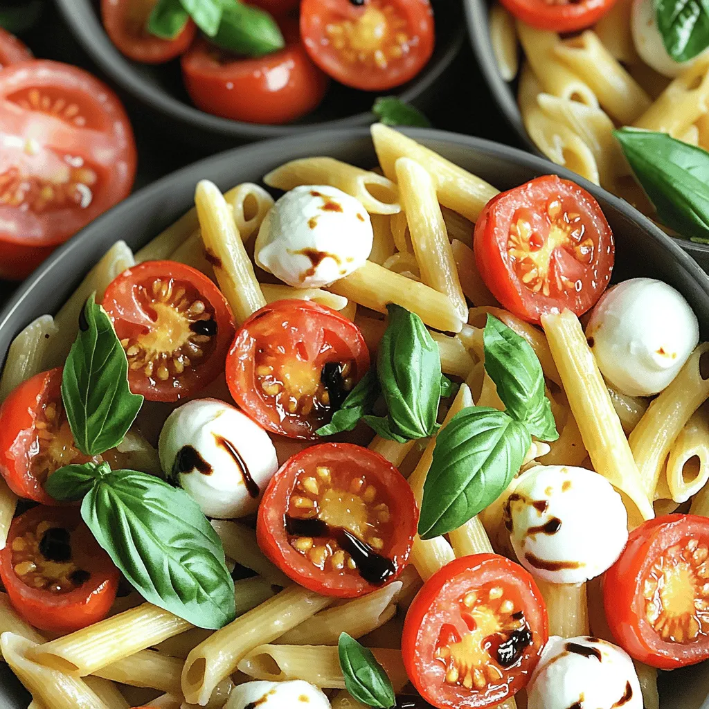- 340 g Pasta (Penne oder Fusilli) - 450 g Kirschtomaten, halbiert - 250 g frische Mozzarella-Kugeln, halbiert - 60 ml frische Basilikumblätter, zerrissen - 45 ml Olivenöl - 2 Knoblauchzehen, fein gehackt - Salz und Pfeffer nach Geschmack - Balsamico-Glasur zum Beträufeln (optional) Für ein tolles Gericht wähle frische und reife Kirschtomaten. Sie geben viel Geschmack. Achte darauf, dass die Mozzarella-Kugeln gut abgetropft sind. So wird die Pasta nicht wässrig. Verwende auch frisches Basilikum. Es bringt Farbe und Aroma. Hochwertiges Olivenöl macht einen großen Unterschied im Geschmack. Kaufe es am besten in kleinen Flaschen, damit es frisch bleibt. Die Zutaten in dieser Pasta sind nicht nur lecker, sondern auch gesund. Kirschtomaten sind reich an Vitaminen. Sie unterstützen das Immunsystem. Mozzarella enthält viel Protein, was gut für die Muskeln ist. Basilikum hat entzündungshemmende Eigenschaften. Olivenöl ist gut fürs Herz und enthält gesunde Fette. Diese Pasta ist also nicht nur ein Genuss, sondern auch eine kluge Wahl für deine Gesundheit. In einem großen Topf bringst du Salzwasser zum Kochen. Füge die Pasta hinzu und beachte die Kochzeit auf der Packung. Achte darauf, die Pasta al dente zu kochen. Das bedeutet, sie sollte noch einen leichten Biss haben. Während die Pasta kocht, behalte ein Glas Nudelwasser bereit. Es hilft später, die Sauce perfekt zu machen. Erhitze 45 ml Olivenöl im gleichen Topf bei mittlerer Hitze. Füge 2 fein gehackte Knoblauchzehen hinzu. Brate den Knoblauch für 1 bis 2 Minuten an, bis er duftet. Pass auf, dass er nicht verbrennt, denn das macht ihn bitter. Rühre den Knoblauch regelmäßig um, damit er gleichmäßig gart. Jetzt ist es Zeit, die frischen Aromen zu mixen. Gib die halbierten Kirschtomaten in den Topf und koche sie 3 bis 4 Minuten. Rühre gelegentlich um, bis sie weich sind und ihren Saft abgeben. Dann kehre die abgetropfte Pasta in den Topf zurück. Mische alles gut zusammen. Füge nach Wunsch etwas Nudelwasser hinzu, um die Sauce cremiger zu machen. Jetzt kommen die frischen Mozzarella-Kugeln und die zerrissenen Basilikumblätter dazu. Mische alles sanft. Schmecke mit Salz und Pfeffer ab und genieße die Farben und Aromen. Du hast nun eine köstliche Caprese Pasta, die einfach und schnell zu machen ist. Sie ist perfekt für ein schnelles Abendessen oder ein leichtes Mittagessen. Du kannst das vollständige Rezept [hier finden](Full Recipe). Um perfekte Pasta zu kochen, achte auf die Kochzeit. Lies die Packungsanweisung. Koche die Pasta in reichlich Salzwasser. Das verhindert, dass sie klebrig wird. Rühre sie während des Kochens öfters um. Das sorgt für gleichmäßige Garung. Ein kleiner Trick: Nimm etwas Nudelwasser auf, bevor du die Pasta abgießt. Dieses Wasser hat Stärke, die beim Mischen hilft. Kirschtomaten sind lecker, aber sie können schnell überkochen. Koche sie nur kurz in der Pfanne. So bleiben sie fest und geben ihren Saft ab. Brate sie bei mittlerer Hitze und rühre regelmäßig um. Wenn sie weich sind, ist es Zeit, die Pasta hinzuzufügen. Überprüfe die Tomaten oft, damit sie nicht zerfallen. Du kannst die Caprese Pasta leicht anpassen. Füge zum Beispiel Oregano oder Thymian hinzu. Diese Kräuter bringen neue Aromen. Frische Kräuter wie Petersilie oder Schnittlauch passen auch gut. Experimentiere mit Gewürzen wie Paprika oder Chili für etwas Schärfe. Jede Variation kann das Gericht aufpeppen. So bleibt das Rezept spannend und lecker. Für die vollständige Zubereitung verlinke ich zur [Full Recipe]. {{image_4}} Die Caprese-Pasta schmeckt toll mit verschiedenen Käsesorten. Sie können Feta oder Ricotta für ein anderes Aroma verwenden. Diese Käsesorten schmelzen gut und geben der Pasta eine cremige Textur. Für etwas mehr Geschmack, probieren Sie Parmesan oder Pecorino. Diese Käsesorten fügen einen würzigen Kick hinzu. Achten Sie darauf, den Käse frisch zu wählen. Das macht einen großen Unterschied im Geschmack. Wenn Sie vegetarisch oder vegan essen, gibt es einfache Alternativen. Verwenden Sie vegane Käseoptionen aus Nüssen oder Soja. Diese Produkte sind oft lecker und cremig. Für eine proteinreiche Option, probieren Sie Kichererbsen oder Linsen. Diese Zutaten fügen Nährstoffe hinzu und machen das Gericht sättigender. Auch Tofu ist eine gute Wahl. Er nimmt die Aromen gut auf und sorgt für eine tolle Konsistenz. Um die Caprese-Pasta aufregender zu machen, fügen Sie zusätzliche Zutaten hinzu. Oliven geben einen salzigen Geschmack und viel Farbe. Schwarze oder grüne Oliven passen gut. Spinat ist eine weitere tolle Ergänzung. Er ist gesund und macht das Gericht lebendig. Sie können frischen oder gefrorenen Spinat verwenden. Einfach kurz mit den Tomaten anbraten. So wird das Gericht noch nährstoffreicher. Für das Rezept und die genauen Anweisungen schauen Sie sich die Full Recipe an. Um die Reste der einfachen Caprese Pasta richtig zu lagern, lasse sie zuerst auf Raumtemperatur abkühlen. Dann fülle sie in einen luftdichten Behälter. So bleiben die Aromen frisch. Wenn du die Pasta in Portionen aufteilst, ist es einfacher, sie später wieder zu verwenden. Im Kühlschrank hält die Pasta etwa 3 bis 4 Tage. Stelle sicher, dass der Behälter gut verschlossen ist. Wenn du die Pasta länger aufbewahren möchtest, kannst du sie einfrieren. In der Gefriertruhe bleibt die Pasta bis zu 2 Monate frisch. Achte darauf, sie in einem gefriergeeigneten Behälter zu lagern. Wenn du die Pasta wieder aufwärmst, benutze eine Pfanne oder die Mikrowelle. In der Pfanne, füge etwas Wasser oder Olivenöl hinzu, um die Pasta feucht zu halten. In der Mikrowelle, decke die Schüssel mit einem feuchten Tuch ab. So wird die Pasta nicht trocken. Wärm sie sanft auf, bis sie heiß ist. So bleibt der Geschmack frisch und lecker. Um die Pasta glutenfrei zu machen, wähle glutenfreie Pasta. Diese gibt es aus Reis, Mais oder Linsen. Folge einfach dem gleichen Rezept. Koche die glutenfreie Pasta wie gewohnt. Achte darauf, sie nicht zu lange zu kochen, damit sie nicht zerfällt. Ja, du kannst die Caprese Pasta im Voraus machen. Koche die Pasta und bereite die Sauce vor. Lass die Mischung abkühlen, bevor du sie in den Kühlschrank stellst. Wenn du bereit bist zu essen, erwärme die Pasta in der Pfanne. Füge frische Zutaten wie Mozzarella und Basilikum erst kurz vor dem Servieren hinzu. Du kannst viele Gemüsesorten hinzufügen. Zucchini, Paprika oder Spinat sind tolle Optionen. Diese Gemüse geben der Pasta mehr Farbe und Geschmack. Du kannst auch Brokkoli oder Erbsen probieren. Brate das Gemüse einfach kurz an, bevor du es zur Pasta gibst. - Weitere häufig gestellte Fragen u.a. zur Anpassung des Rezepts: - Wie kann ich die Pasta schärfer machen? Füge rote Pfefferflocken hinzu. - Was kann ich anstelle von Mozzarella verwenden? Probiere Feta oder veganen Käse. - Kann ich andere Kräuter verwenden? Frischer Oregano oder Petersilie passen auch gut. Diese Anleitung hat Ihnen die besten Zutaten und Schritte für eine köstliche Caprese-Pasta vorgestellt. Sie haben gesehen, wie man die Pasta kocht, die Aromen kombiniert und praktische Tipps anwendet. Vergessen Sie nicht, mit verschiedenen Käsesorten und Gemüse zu experimentieren. So machen Sie das Gericht noch interessanter. Achten Sie auch auf die Lagerung der Reste. Mit diesen einfachen Tricks können Sie leckere und gesunde Mahlzeiten ganz einfach zubereiten. Guten Appetit!