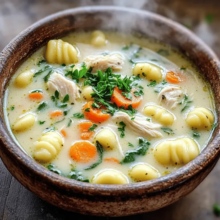 Für die cremige Hähnchen-Gnocchi-Suppe brauchst du einige wichtige Zutaten: - 1 Esslöffel Olivenöl - 1 mittelgroße Zwiebel, gewürfelt - 2 Knoblauchzehen, fein gehackt - 2 Karotten, in Scheiben geschnitten - 2 Selleriestangen, gewürfelt Diese Hauptzutaten bilden die Basis der Suppe. Das Olivenöl bringt gesunde Fette und Geschmack. Die Zwiebel und der Knoblauch sorgen für eine tolle Aromatik. Karotten und Sellerie fügen Süße und Textur hinzu. Neben den Hauptzutaten kommen noch diese hinzu: - 450 g Hähnchenbrust, gewürfelt - 1 Liter natriumarme Hühnerbrühe - 1 Teelöffel getrockneter Thymian - 1 Teelöffel getrockneter Oregano - 240 ml Schlagsahne - 450 g Kartoffelgnocchi - 2 Tassen frischer Spinat - Salz und Pfeffer nach Geschmack - Frische Petersilie, gehackt (zum Garnieren) Das Hähnchen gibt der Suppe Proteine. Die Brühe sorgt für einen tiefen, herzhaften Geschmack. Die Gewürze wie Thymian und Oregano bringen zusätzliche Aromen. Die Gnocchi machen die Suppe sättigend und die Schlagsahne sorgt für die cremige Konsistenz. Du kannst die Suppe mit diesen Zutaten verfeinern: - Salz - Pfeffer - Frische Kräuter Mit Salz und Pfeffer passt du den Geschmack an. Frische Kräuter wie Petersilie verleihen der Suppe Frische und Farbe. Sie sind auch eine tolle Garnitur. Um das volle Rezept zu entdecken, schaue dir die [Full Recipe] an. Zuerst müssen Ihnen die Zutaten bereitstehen. Schneiden Sie die Zwiebel, den Knoblauch, die Karotten und den Sellerie klein. Die Zwiebel sollte gewürfelt sein. Hacken Sie den Knoblauch fein. Die Karotten schneiden Sie in Scheiben. Den Sellerie würfeln Sie ebenfalls. Diese Schritte sind wichtig, um gleichmäßige Garzeiten zu erreichen. Erhitzen Sie das Olivenöl in einem großen Topf. Geben Sie die gewürfelte Zwiebel hinein und braten Sie sie an. Braten Sie sie, bis sie durchsichtig ist, etwa fünf Minuten. Fügen Sie jetzt den Knoblauch, die Karotten und den Sellerie hinzu. Kochen Sie alles für weitere drei bis vier Minuten. Das Gemüse sollte weich werden. Danach geben Sie die gewürfelten Hähnchenbruststücke in den Topf. Würzen Sie das Hähnchen mit Salz, Pfeffer, Thymian und Oregano. Kochen Sie das Hähnchen für etwa fünf bis sieben Minuten, bis es goldbraun ist. Gießen Sie die Hühnerbrühe in den Topf und bringen Sie alles zum Kochen. Sobald es kocht, fügen Sie die Gnocchi hinzu. Reduzieren Sie die Hitze und lassen Sie die Suppe simmern. Kochen Sie die Gnocchi für drei bis vier Minuten, bis sie an die Oberfläche steigen. Rühren Sie dann die Schlagsahne und den frischen Spinat ein. Der Spinat sollte für zwei Minuten welken. Probieren Sie die Suppe und passen Sie die Würze nach Bedarf an. Diese Schritte ergeben eine cremige Hähnchen-Gnocchi-Suppe. Sie finden das vollständige Rezept in der [Full Recipe]. Um die beste cremige Hähnchen-Gnocchi-Suppe zu machen, achte auf die Konsistenz. Eine cremige Suppe hat eine glatte Textur. Die Schlagsahne schenkt der Suppe ihre Cremigkeit. Rühre sie erst am Ende des Kochens ein. So bleibt die Suppe schön dickflüssig. Wenn du frischen Spinat hinzufügst, warte, bis er welkt. Das gibt der Suppe mehr Geschmack und Farbe. Ein häufiger Fehler ist das Überkochen der Gnocchi. Sie sind sehr zart und können schnell zerfallen. Koche sie nur, bis sie an die Oberfläche steigen. Ein anderer Fehler ist, nicht genug Gewürze zu verwenden. Salz und Pfeffer sind wichtig für den Geschmack. Vergiss nicht, die Brühe zu kosten und die Gewürze anzupassen. So wird deine Suppe perfekt gewürzt. Die cremige Hähnchen-Gnocchi-Suppe passt gut zu frischem Brot. Baguette oder Ciabatta sind gute Optionen. Ein einfacher grüner Salat kann die Suppe gut ergänzen. Auch ein Stück Käse passt perfekt dazu. Du kannst auch knusprige Croutons hinzufügen. Sie geben der Suppe eine tolle Textur. Für mehr Frische, streue vor dem Servieren etwas gehackte Petersilie darauf. Wenn du mehr über die Zubereitung erfahren möchtest, schau dir das [Full Recipe] an! {{image_4}} Wenn du die cremige Hähnchen-Gnocchi-Suppe ohne Hähnchen machen möchtest, ist das ganz einfach! Ersetze das Hähnchen durch Tofu oder mehr Gemüse. Tofu bringt eine tolle Textur und nimmt den Geschmack gut auf. Du kannst Gemüse wie Zucchini, Paprika oder Pilze verwenden. Diese Optionen machen die Suppe gesund und bunt. Möchtest du etwas Abwechslung? Dann probiere andere Teigwaren. Statt Kartoffelgnocchi kannst du Reismehl-Gnocchi verwenden. Diese sind glutenfrei und haben eine andere Konsistenz. Auch kleine Pasta wie Fusilli oder Farfalle passen gut in die Suppe. Sie bieten einen neuen Geschmack und machen die Suppe interessant. Die Gewürze machen einen großen Unterschied im Geschmack. Experimentiere mit frischen Kräutern statt getrockneten. Frischer Thymian oder Basilikum bringen mehr Aromen. Du kannst auch etwas Chili für einen scharfen Kick hinzufügen. Probiere verschiedene Kombinationen aus, um deinen perfekten Geschmack zu finden. Die cremige Hähnchen-Gnocchi-Suppe bleibt im Kühlschrank bis zu drei Tage frisch. Bewahren Sie sie in einem luftdichten Behälter auf. Im Gefrierschrank hält sie bis zu drei Monate. Achten Sie darauf, die Suppe portionsweise einzufrieren. So können Sie immer eine Portion auftauen, wenn Sie Lust auf etwas Leckeres haben. Um die Suppe wieder aufzuwärmen, nutzen Sie am besten einen Topf. Wärmen Sie sie bei mittlerer Hitze sanft auf. Rühren Sie gut um, damit die Gnocchi nicht festkleben. Wenn die Suppe zu dick ist, fügen Sie etwas Hühnerbrühe oder Wasser hinzu. So bleibt die Konsistenz cremig und angenehm. Für Meal-Prep empfehle ich, die Suppe in einzelnen Behältern aufzubewahren. So können Sie eine Portion nehmen, wann immer Sie möchten. Achten Sie darauf, die Suppe nicht zu überfüllen, da sie beim Gefrieren etwas Platz benötigt. Diese Methode macht es einfach, gesunde Mahlzeiten schnell zu genießen. Wenn Sie mehr über die Zubereitung erfahren möchten, schauen Sie sich das [Full Recipe](#) an. Die Zubereitung dauert insgesamt etwa 30 Minuten. Die Vorbereitungszeit beträgt circa 15 Minuten. Danach kocht die Suppe für rund 15 Minuten. Diese Zeit ist ideal, um alle Aromen gut zu vermischen und die Gnocchi perfekt zu garen. Ja, du kannst die Suppe im Voraus machen. Bereite die Suppe vor und lasse sie abkühlen. Fülle sie dann in einen luftdichten Behälter. Stelle sie in den Kühlschrank. Sie bleibt dort bis zu drei Tage frisch. Zum Aufwärmen kannst du die Suppe einfach in einem Topf erhitzen. Achte darauf, sie sanft zu erwärmen. Wenn die Suppe zu dick ist, gibt es einfache Lösungen. Füge etwas Hühnerbrühe hinzu, um die Konsistenz zu verbessern. Rühre die Brühe gut ein, bis die gewünschte Dicke erreicht ist. Du kannst auch ein wenig Wasser verwenden, um die Suppe zu verdünnen. Achte darauf, die Gewürze nach Bedarf anzupassen. Die cremige Hähnchen-Gnocchi-Suppe ist einfach zuzubereiten und köstlich. Wir haben die Hauptzutaten wie Hähnchen, Gemüse und Gewürze behandelt. Die Schritt-für-Schritt-Anleitung hilft Ihnen, jedes Detail zu meistern. Ich gab Tipps für die perfekte Konsistenz und wie man Fehler vermeidet. Variationen erlauben es, kreativ zu sein. Für die Aufbewahrung gibt es wichtige Hinweise. Kochen sollte Spaß machen, und diese Suppe macht Freude. Genießen Sie jede Schüssel!