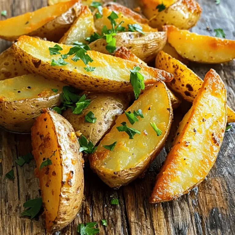 - 4 große Russet-Kartoffeln - 3 Esslöffel Olivenöl Die Hauptzutaten für knusprige Kartoffel-Wedges sind einfach und leicht zu finden. Ich benutze große Russet-Kartoffeln, weil sie viel Stärke haben. Diese Kartoffeln werden schön knusprig. Das Olivenöl hilft, die Wedges zu bräunen und gibt ihnen Geschmack. - 1 Teelöffel Knoblauchpulver - 1 Teelöffel Paprika - 1 Teelöffel Zwiebelpulver - 1 Teelöffel getrockneter Oregano - Salz und Pfeffer nach Geschmack Die Gewürze und Kräuter machen die Wedges besonders lecker. Knoblauchpulver gibt eine schöne Tiefe. Paprika fügt etwas Süße und Farbe hinzu. Zwiebelpulver und Oregano bringen den perfekten Geschmack. Ich füge Salz und Pfeffer hinzu, um alles abzurunden. - Frische Petersilie, gehackt Die frische Petersilie ist die ideale Garnierung. Sie bringt Farbe und Frische. Außerdem sieht sie toll aus auf den Wedges. Ich empfehle, die Petersilie kurz vor dem Servieren hinzuzufügen. So bleibt sie schön grün und knusprig. Für das vollständige Rezept, schau dir die [Full Recipe] an. Heize deinen Ofen auf 220°C (425°F) vor. Lege ein Backblech mit Backpapier aus. Das Papier hilft, das Ankleben der Kartoffeln zu verhindern. Wasche die Kartoffeln gründlich. Schrubbe sie, um Schmutz zu entfernen. Halbiere jede Kartoffel und schneide sie in 8 gleichmäßige Spalten. Die Schale bleibt dran, denn sie gibt mehr Textur und Nährstoffe. In einer großen Schüssel vermische die Marinade. Verwende 3 Esslöffel Olivenöl, 1 Teelöffel Knoblauchpulver, 1 Teelöffel Paprika, 1 Teelöffel Zwiebelpulver, 1 Teelöffel getrockneten Oregano, sowie Salz und Pfeffer. Rühre gut um, bis eine homogene Marinade entsteht. Füge die Kartoffelspalten zur Schüssel hinzu. Wende sie in der Marinade, bis sie vollständig bedeckt sind. Verteile die gewürzten Wedges gleichmäßig auf dem Backblech. Achte darauf, dass sie in einer einzigen Schicht liegen. So garen sie gleichmäßig. Backe die Kartoffelspalten für 30-35 Minuten. Wende sie nach der Hälfte der Zeit, damit sie goldbraun und knusprig werden. Nimm die Wedges aus dem Ofen und lasse sie für einige Minuten ruhen. So werden sie noch knuspriger. Garnieren kannst du sie mit frisch gehackter Petersilie für mehr Farbe und Frische. Um die Wedges knusprig zu machen, sind ein paar Tricks wichtig. Zuerst heize deinen Ofen gut vor. 220°C (425°F) ist ideal. Achte darauf, die Kartoffelspalten gleichmäßig auf dem Backblech zu verteilen. So kann die Luft gut zirkulieren. Ein weiterer Tipp: Lass die Schale dran. Sie gibt mehr Textur und hilft beim Knusprigwerden. Ein häufiger Fehler ist das Überfüllen des Backblechs. Wenn die Wedges zu nah beieinander liegen, dampfen sie statt knusprig zu werden. Ein weiterer Fehler ist, die Wedges nicht genug zu wenden. Wende sie nach der Hälfte der Backzeit, damit sie gleichmäßig garen. Das sorgt für einen goldbraunen Look und den perfekten Crunch. Crispy Potato Wedges passen toll zu vielen Dips. Probiere Ketchup, Sour Cream oder einen scharfen Dip. Für eine besondere Note, serviere sie mit einer Knoblauchsoße. Als Beilage sind ein frischer Salat oder Gemüse ideal. Sie bringen Farbe und Frische auf den Teller. Wenn du mehr über die Zubereitung erfahren möchtest, schau dir das Full Recipe an. {{image_4}} Du kannst die Wedges leicht anpassen. Probiere eine scharfe Variante mit Chili. Füge einfach Chili-Flocken zur Marinade hinzu. Das bringt ein feuriges Aroma. Eine italienische Option ist, Parmesan hinzuzufügen. Streue ihn über die Wedges, bevor du sie backst. Der Käse wird schön schmelzen und die Wedges lecker machen. Wenn du etwas Gesundes willst, versuche Süßkartoffel-Wedges. Sie sind süßer und voller Nährstoffe. Der Prozess bleibt gleich. Die Zubereitung macht Spaß und ist einfach. Eine weitere gesunde Option ist die Verwendung von Luftfritteusen. So werden die Wedges knusprig, aber mit weniger Öl. Perfekt für einen leichteren Snack! Für vegane Wedges kannst du alternative Öle nutzen. Kokosöl oder Avocadoöl sind tolle Wahlmöglichkeiten. Sie bringen einen einzigartigen Geschmack. Um glutenfreie Wedges zu machen, füge glutenfreie Panade hinzu. Das gibt mehr Textur, ohne Gluten zu verwenden. So sind alle zufrieden! Diese Variationen machen deine Crispy Potato Wedges noch spannender. Du findest die vollständige Anleitung in der [Full Recipe]. Um deine Wedges frisch zu halten, lagere sie in einem luftdichten Behälter. Achte darauf, dass sie vollständig abgekühlt sind, bevor du sie einpackst. So vermeidest du, dass sie matschig werden. Lege ein Stück Küchenpapier in den Behälter. Das Papier saugt zusätzliche Feuchtigkeit auf. Du kannst die Wedges im Backofen oder in der Mikrowelle aufwärmen. Der Backofen gibt den besten Knusprigkeitsgrad zurück. Heize ihn auf 200°C vor. Lege die Wedges auf ein Backblech und backe sie für etwa 10-15 Minuten. Wende sie während des Aufwärmens. Die Mikrowelle ist schneller, macht die Wedges aber weicher. Erwärme sie dort für etwa 1-2 Minuten. Die Wedges sind im Kühlschrank etwa 3-5 Tage haltbar. Achte darauf, sie gut zu verpacken. Du kannst sie auch einfrieren. Lege sie in einen Gefrierbeutel und drücke die Luft heraus. So bleiben sie bis zu 3 Monate frisch. Wenn du sie wieder aufwärmst, backe sie direkt aus dem Gefrierfach. Die Zubereitung von Crispy Potato Wedges dauert insgesamt etwa 50 Minuten. Davon sind 15 Minuten für die Vorbereitung nötig. In dieser Zeit kannst du die Kartoffeln waschen, schneiden und marinieren. Danach backst du die Wedges für 30 bis 35 Minuten im Ofen. Diese Zeit ist perfekt, um die Kartoffeln knusprig und goldbraun zu machen. Ja, du kannst die Wedges auch frittieren, wenn du sie noch knuspriger magst. Erhitze dafür das Öl in einer Fritteuse oder einem großen Topf auf etwa 180 °C. Frittiere die Kartoffelspalten in kleinen Portionen für 4 bis 5 Minuten. So erhalten sie eine schöne, goldene Farbe. Achte darauf, die Wedges nicht zu überfüllen. Das sorgt für gleichmäßiges Frittieren und ein besseres Ergebnis. Du findest Crispy Potato Wedges in vielen Restaurants und Imbissständen. Schau in deiner Nähe nach einem Burgerladen oder einer Pizzeria. Oft bieten solche Orte leckere Wedges als Beilage an. Einige Food-Trucks haben sogar spezielle Varianten mit verschiedenen Dips. Frag nach den besten Orten, um die köstlichen Wedges zu genießen. Ja, du kannst die Wedges im Voraus zubereiten. Bereite sie einfach wie im Rezept beschrieben vor und lege sie in den Kühlschrank. Du kannst sie bis zu 24 Stunden im Voraus marinieren. Stelle sicher, dass sie gut abgedeckt sind, damit sie nicht austrocknen. Wenn du bereit bist, backe sie einfach im Ofen. So sparst du Zeit und hast mehr Spaß beim Essen. Crispy Potato Wedges sind einfach zuzubereiten und bieten viel Spaß in der Küche. Wir haben die Hauptzutaten besprochen, wie man sie richtig zubereitet und aufbewahrt. Tipps helfen, die perfekte Knusprigkeit zu erreichen und häufige Fehler zu vermeiden. Denke auch an die Variationen für mehr Geschmack. Mit diesen Informationen kannst du schmackhafte Kartoffel-Wedges zaubern. Probiere verschiedene Dips und Beilagen aus, um dein Gericht zu erweitern! Genieße die Kochen und das Essen!