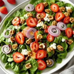 Für den Erdbeer-Spinat-Salat mit Ziegenkäse benötigst du: - 4 Tassen frischer Babyspinat, gewaschen und trocken getupft - 1 ½ Tassen Erdbeeren, entkelcht und in Scheiben geschnitten - ½ Tasse Ziegenkäse, zerbröselt - ¼ Tasse Walnüsse, geröstet und grob gehackt - ¼ Tasse rote Zwiebel, dünn geschnitten - 2 Esslöffel Balsamico-Essig - 2 Esslöffel Honig - 1 Esslöffel Olivenöl - Salz und Pfeffer nach Geschmack Jede Zutat in diesem Salat hat ihre eigenen Vorteile. Spinat ist reich an Eisen und Vitaminen. Diese Nährstoffe unterstützen deine Gesundheit und helfen bei der Energieproduktion. Erdbeeren sind voller Antioxidantien. Sie schützen deine Zellen und fördern die Hautgesundheit. Ziegenkäse bietet Protein und Kalzium. Das ist wichtig für starke Knochen. Walnüsse sind gut für dein Herz. Sie enthalten gesunde Fette, die deinen Cholesterinspiegel senken. Rote Zwiebeln haben entzündungshemmende Eigenschaften. Sie können dein Immunsystem stärken. Balsamico-Essig und Honig bieten Geschmack und haben auch gesundheitliche Vorteile. Sie können die Verdauung unterstützen und den Blutzuckerspiegel stabilisieren. Wenn du frische Zutaten kaufst, achte auf die folgenden Dinge: - Spinat: Wähle leuchtend grüne Blätter ohne braune Flecken. Sie sollten frisch und knackig sein. - Erdbeeren: Achte auf feste, rote Beeren ohne Druckstellen. Der Duft sollte süß sein. - Ziegenkäse: Suche nach Käse mit einer cremigen Textur. Er sollte frisch riechen und einen milden Geschmack haben. - Walnüsse: Nüsse sollten knackig und nicht ranzig riechen. Kaufe sie am besten ungeschält. - Zwiebeln: Wähle Zwiebeln, die fest sind und keine braunen Stellen haben. Mit diesen Tipps kannst du sicherstellen, dass dein Salat frisch und lecker wird. Du kannst das vollständige Rezept [hier finden](#). Um diesen köstlichen Erdbeer-Spinat-Salat zuzubereiten, befolge diese einfachen Schritte: 1. Nimm eine große Schüssel. Füge die gewaschenen Babyspinatblätter hinzu. 2. Schneide die Erdbeeren in Scheiben und gib sie in die Schüssel. 3. Schneide die rote Zwiebel dünn und füge sie ebenfalls hinzu. 4. Röste die Walnüsse leicht und hacke sie grob. Gib sie zur Mischung. 5. Vermenge alle Zutaten sanft, damit sie gut verteilt sind. Für das Dressing benötigst du: - Balsamico-Essig - Honig - Olivenöl 1. Nimm eine kleine Schüssel. Füge den Balsamico-Essig, den Honig und das Olivenöl hinzu. 2. Verwende einen Schneebesen, um alles gut zu vermengen. Du willst eine glatte Vinaigrette. 3. Träufle das Dressing gleichmäßig über den Salat. Mische alles vorsichtig, sodass der Salat gut umhüllt ist. Präsentation ist wichtig. Hier sind einige Tipps: - Verwende eine große Servierplatte. So kommen die Farben gut zur Geltung. - Streue den zerbröselten Ziegenkäse gleichmäßig über den Salat. - Garniere mit zusätzlichen Erdbeeren und ganzen Walnüssen. Das sieht toll aus und schmeckt gut. Mit diesen Tipps wird dein Erdbeer-Spinat-Salat nicht nur lecker, sondern auch ansprechend. Für das vollständige Rezept, schau dir die [Full Recipe] an. Um den Geschmack des Erdbeer-Spinat-Salats zu steigern, füge frische Kräuter hinzu. Minze oder Basilikum bringen frische Aromen. Eine Prise Zimt in der Vinaigrette kann ebenfalls die Süße der Erdbeeren betonen. Experimentiere auch mit verschiedenen Nüssen. Mandeln oder Pekannüsse passen gut und verleihen einen neuen Crunch. Vorgemischte Dressings sind schnell und einfach. Sie sparen Zeit und Mühe. Achte beim Kauf auf die Zutatenliste. Wähle Dressings mit natürlichen Zutaten ohne Konservierungsstoffe. Ein Balsamico-Dressing aus dem Supermarkt kann gut zu diesem Salat passen. Du kannst es auch mit etwas Honig anpassen, um die Süße zu erhöhen. Ein häufiger Fehler ist, den Salat zu früh zu mischen. Das Dressing kann den Spinat weich machen. Mische alles erst kurz vor dem Servieren. Achte auch darauf, zu viel Dressing zu verwenden. Zu viel kann den Salat matschig machen. Ein weiterer Fehler ist, den Salat nicht zu würzen. Salz und Pfeffer können den Geschmack erheblich verbessern. {{image_4}} Möchten Sie etwas Neues im Erdbeer-Spinat-Salat? Probieren Sie alternative Zutaten. Fügen Sie Avocado hinzu, um einen cremigen Geschmack zu erhalten. Sie können auch Feta-Käse anstelle von Ziegenkäse verwenden. Das bringt einen salzigen Kick. Für etwas Knusprigkeit sind geröstete Mandeln eine tolle Wahl. Auch frische Minze oder Basilikum geben dem Salat eine frische Note. Wenn Sie auf Kalorien achten, gibt es einfache Anpassungen. Verwenden Sie weniger Öl in der Vinaigrette. Sie können auch den Honig reduzieren oder durch ein kalorienfreies Süßungsmittel ersetzen. Statt Walnüsse können Sie Pekannüsse oder Sonnenblumenkerne nehmen. Diese sind weniger kalorienreich, aber trotzdem lecker. So bleibt der Salat leicht und frisch. Erdbeeren sind im Sommer am besten, aber Sie können den Salat das ganze Jahr über genießen. Im Herbst passen Äpfel oder Birnen gut dazu. Im Winter sind Granatäpfelkerne eine schöne Ergänzung. Im Frühling sind frische Kräuter wie Schnittlauch oder Petersilie ideal. Diese saisonalen Zutaten bringen Abwechslung und Frische. So bleibt der Erdbeer-Spinat-Salat immer spannend und lecker. Für das vollständige Rezept schauen Sie sich die [Full Recipe] an. Um den Erdbeer-Spinat-Salat frisch zu halten, lagere ihn im Kühlschrank. Stelle sicher, dass er in einem luftdichten Behälter ist. So bleiben die Zutaten knackig und aromatisch. Wenn du die Zutaten getrennt aufbewahrst, bleibt der Salat noch frischer. Spinat und Erdbeeren verderben schnell, deshalb isoliere sie. Wenn du Reste hast, lege den Salat in einen Behälter. Vermeide, das Dressing hinzuzufügen, bis du bereit bist, ihn zu essen. So wird der Salat nicht matschig. Du kannst die Reste bis zu zwei Tage im Kühlschrank aufbewahren. Überprüfe vor dem Essen das Aussehen und den Geruch. Du kannst Reste kreativ nutzen. Mische den Salat mit gekochtem Quinoa für ein herzhaftes Gericht. Oder füge ihn zu einem Wrap hinzu, um ein schnelles Mittagessen zu machen. Du kannst auch eine neue Vinaigrette ausprobieren, um den Geschmack zu verändern. So bleibt der Salat spannend und lecker. Für das Rezept, schau dir die vollständige Anleitung an: Full Recipe. Ja, du kannst andere Käsesorten nutzen. Feta oder Parmesan passen gut. Diese Käsesorten bringen unterschiedliche Aromen in deinen Salat. Feta hat einen salzigen Geschmack, während Parmesan nussig ist. Probiere, was dir am besten gefällt! Zu diesem Salat passen viele Beilagen. Gegrilltes Hähnchen oder Garnelen sind lecker. Auch frisches Brot oder Knoblauchbrot sind tolle Optionen. Du kannst auch eine leichte Suppe servieren, um das Gericht zu ergänzen. Ja, dieser Salat ist eine gute Wahl für Diäten. Er ist kalorienarm und voller Nährstoffe. Babyspinat ist reich an Vitaminen, und Erdbeeren bringen Antioxidantien. Ziegenkäse liefert gesunde Fette. Du kannst die Walnüsse auch weglassen, um Kalorien zu sparen. Für das vollständige Rezept, schau dir die [Full Recipe] an! In diesem Blogbeitrag haben wir alles Wichtige zu unserem Salat behandelt. Wir haben die Zutaten und ihre gesundheitlichen Vorteile besprochen. Außerdem gab es Tipps zur Zubereitung und Variationen für jeden Geschmack. Lagerinformation und häufige Fragen zeigen, wie vielseitig und nahrhaft der Salat sein kann. Nutze die Tipps, um deine Salate noch besser zu machen. Probiere verschiedene Zutaten aus und finde deine Lieblingskombination! So bleibt der Genuss frisch und spannend.