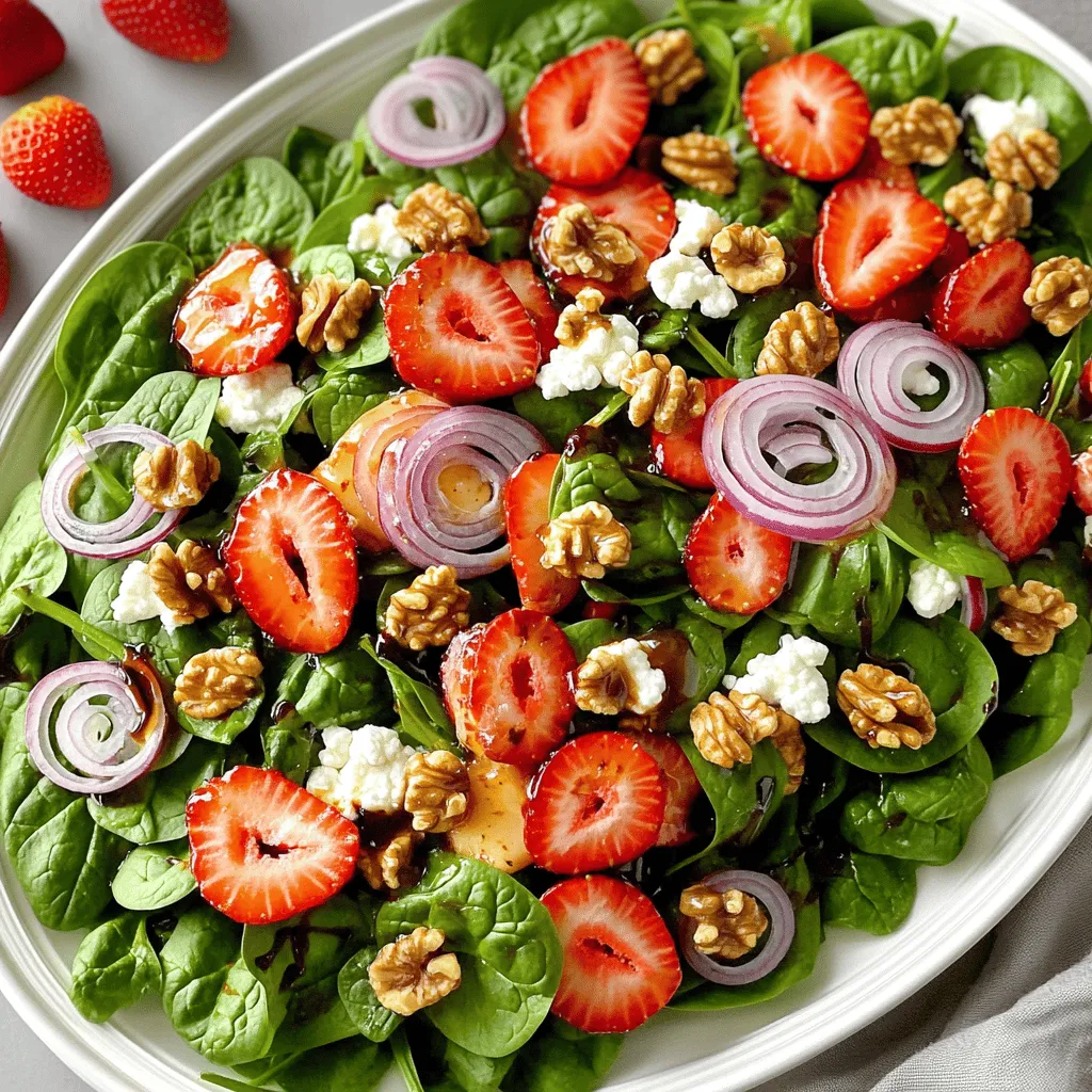 Für den Erdbeer-Spinat-Salat mit Ziegenkäse benötigst du: - 4 Tassen frischer Babyspinat, gewaschen und trocken getupft - 1 ½ Tassen Erdbeeren, entkelcht und in Scheiben geschnitten - ½ Tasse Ziegenkäse, zerbröselt - ¼ Tasse Walnüsse, geröstet und grob gehackt - ¼ Tasse rote Zwiebel, dünn geschnitten - 2 Esslöffel Balsamico-Essig - 2 Esslöffel Honig - 1 Esslöffel Olivenöl - Salz und Pfeffer nach Geschmack Jede Zutat in diesem Salat hat ihre eigenen Vorteile. Spinat ist reich an Eisen und Vitaminen. Diese Nährstoffe unterstützen deine Gesundheit und helfen bei der Energieproduktion. Erdbeeren sind voller Antioxidantien. Sie schützen deine Zellen und fördern die Hautgesundheit. Ziegenkäse bietet Protein und Kalzium. Das ist wichtig für starke Knochen. Walnüsse sind gut für dein Herz. Sie enthalten gesunde Fette, die deinen Cholesterinspiegel senken. Rote Zwiebeln haben entzündungshemmende Eigenschaften. Sie können dein Immunsystem stärken. Balsamico-Essig und Honig bieten Geschmack und haben auch gesundheitliche Vorteile. Sie können die Verdauung unterstützen und den Blutzuckerspiegel stabilisieren. Wenn du frische Zutaten kaufst, achte auf die folgenden Dinge: - Spinat: Wähle leuchtend grüne Blätter ohne braune Flecken. Sie sollten frisch und knackig sein. - Erdbeeren: Achte auf feste, rote Beeren ohne Druckstellen. Der Duft sollte süß sein. - Ziegenkäse: Suche nach Käse mit einer cremigen Textur. Er sollte frisch riechen und einen milden Geschmack haben. - Walnüsse: Nüsse sollten knackig und nicht ranzig riechen. Kaufe sie am besten ungeschält. - Zwiebeln: Wähle Zwiebeln, die fest sind und keine braunen Stellen haben. Mit diesen Tipps kannst du sicherstellen, dass dein Salat frisch und lecker wird. Du kannst das vollständige Rezept [hier finden](#). Um diesen köstlichen Erdbeer-Spinat-Salat zuzubereiten, befolge diese einfachen Schritte: 1. Nimm eine große Schüssel. Füge die gewaschenen Babyspinatblätter hinzu. 2. Schneide die Erdbeeren in Scheiben und gib sie in die Schüssel. 3. Schneide die rote Zwiebel dünn und füge sie ebenfalls hinzu. 4. Röste die Walnüsse leicht und hacke sie grob. Gib sie zur Mischung. 5. Vermenge alle Zutaten sanft, damit sie gut verteilt sind. Für das Dressing benötigst du: - Balsamico-Essig - Honig - Olivenöl 1. Nimm eine kleine Schüssel. Füge den Balsamico-Essig, den Honig und das Olivenöl hinzu. 2. Verwende einen Schneebesen, um alles gut zu vermengen. Du willst eine glatte Vinaigrette. 3. Träufle das Dressing gleichmäßig über den Salat. Mische alles vorsichtig, sodass der Salat gut umhüllt ist. Präsentation ist wichtig. Hier sind einige Tipps: - Verwende eine große Servierplatte. So kommen die Farben gut zur Geltung. - Streue den zerbröselten Ziegenkäse gleichmäßig über den Salat. - Garniere mit zusätzlichen Erdbeeren und ganzen Walnüssen. Das sieht toll aus und schmeckt gut. Mit diesen Tipps wird dein Erdbeer-Spinat-Salat nicht nur lecker, sondern auch ansprechend. Für das vollständige Rezept, schau dir die [Full Recipe] an. Um den Geschmack des Erdbeer-Spinat-Salats zu steigern, füge frische Kräuter hinzu. Minze oder Basilikum bringen frische Aromen. Eine Prise Zimt in der Vinaigrette kann ebenfalls die Süße der Erdbeeren betonen. Experimentiere auch mit verschiedenen Nüssen. Mandeln oder Pekannüsse passen gut und verleihen einen neuen Crunch. Vorgemischte Dressings sind schnell und einfach. Sie sparen Zeit und Mühe. Achte beim Kauf auf die Zutatenliste. Wähle Dressings mit natürlichen Zutaten ohne Konservierungsstoffe. Ein Balsamico-Dressing aus dem Supermarkt kann gut zu diesem Salat passen. Du kannst es auch mit etwas Honig anpassen, um die Süße zu erhöhen. Ein häufiger Fehler ist, den Salat zu früh zu mischen. Das Dressing kann den Spinat weich machen. Mische alles erst kurz vor dem Servieren. Achte auch darauf, zu viel Dressing zu verwenden. Zu viel kann den Salat matschig machen. Ein weiterer Fehler ist, den Salat nicht zu würzen. Salz und Pfeffer können den Geschmack erheblich verbessern. {{image_4}} Möchten Sie etwas Neues im Erdbeer-Spinat-Salat? Probieren Sie alternative Zutaten. Fügen Sie Avocado hinzu, um einen cremigen Geschmack zu erhalten. Sie können auch Feta-Käse anstelle von Ziegenkäse verwenden. Das bringt einen salzigen Kick. Für etwas Knusprigkeit sind geröstete Mandeln eine tolle Wahl. Auch frische Minze oder Basilikum geben dem Salat eine frische Note. Wenn Sie auf Kalorien achten, gibt es einfache Anpassungen. Verwenden Sie weniger Öl in der Vinaigrette. Sie können auch den Honig reduzieren oder durch ein kalorienfreies Süßungsmittel ersetzen. Statt Walnüsse können Sie Pekannüsse oder Sonnenblumenkerne nehmen. Diese sind weniger kalorienreich, aber trotzdem lecker. So bleibt der Salat leicht und frisch. Erdbeeren sind im Sommer am besten, aber Sie können den Salat das ganze Jahr über genießen. Im Herbst passen Äpfel oder Birnen gut dazu. Im Winter sind Granatäpfelkerne eine schöne Ergänzung. Im Frühling sind frische Kräuter wie Schnittlauch oder Petersilie ideal. Diese saisonalen Zutaten bringen Abwechslung und Frische. So bleibt der Erdbeer-Spinat-Salat immer spannend und lecker. Für das vollständige Rezept schauen Sie sich die [Full Recipe] an. Um den Erdbeer-Spinat-Salat frisch zu halten, lagere ihn im Kühlschrank. Stelle sicher, dass er in einem luftdichten Behälter ist. So bleiben die Zutaten knackig und aromatisch. Wenn du die Zutaten getrennt aufbewahrst, bleibt der Salat noch frischer. Spinat und Erdbeeren verderben schnell, deshalb isoliere sie. Wenn du Reste hast, lege den Salat in einen Behälter. Vermeide, das Dressing hinzuzufügen, bis du bereit bist, ihn zu essen. So wird der Salat nicht matschig. Du kannst die Reste bis zu zwei Tage im Kühlschrank aufbewahren. Überprüfe vor dem Essen das Aussehen und den Geruch. Du kannst Reste kreativ nutzen. Mische den Salat mit gekochtem Quinoa für ein herzhaftes Gericht. Oder füge ihn zu einem Wrap hinzu, um ein schnelles Mittagessen zu machen. Du kannst auch eine neue Vinaigrette ausprobieren, um den Geschmack zu verändern. So bleibt der Salat spannend und lecker. Für das Rezept, schau dir die vollständige Anleitung an: Full Recipe. Ja, du kannst andere Käsesorten nutzen. Feta oder Parmesan passen gut. Diese Käsesorten bringen unterschiedliche Aromen in deinen Salat. Feta hat einen salzigen Geschmack, während Parmesan nussig ist. Probiere, was dir am besten gefällt! Zu diesem Salat passen viele Beilagen. Gegrilltes Hähnchen oder Garnelen sind lecker. Auch frisches Brot oder Knoblauchbrot sind tolle Optionen. Du kannst auch eine leichte Suppe servieren, um das Gericht zu ergänzen. Ja, dieser Salat ist eine gute Wahl für Diäten. Er ist kalorienarm und voller Nährstoffe. Babyspinat ist reich an Vitaminen, und Erdbeeren bringen Antioxidantien. Ziegenkäse liefert gesunde Fette. Du kannst die Walnüsse auch weglassen, um Kalorien zu sparen. Für das vollständige Rezept, schau dir die [Full Recipe] an! In diesem Blogbeitrag haben wir alles Wichtige zu unserem Salat behandelt. Wir haben die Zutaten und ihre gesundheitlichen Vorteile besprochen. Außerdem gab es Tipps zur Zubereitung und Variationen für jeden Geschmack. Lagerinformation und häufige Fragen zeigen, wie vielseitig und nahrhaft der Salat sein kann. Nutze die Tipps, um deine Salate noch besser zu machen. Probiere verschiedene Zutaten aus und finde deine Lieblingskombination! So bleibt der Genuss frisch und spannend.
