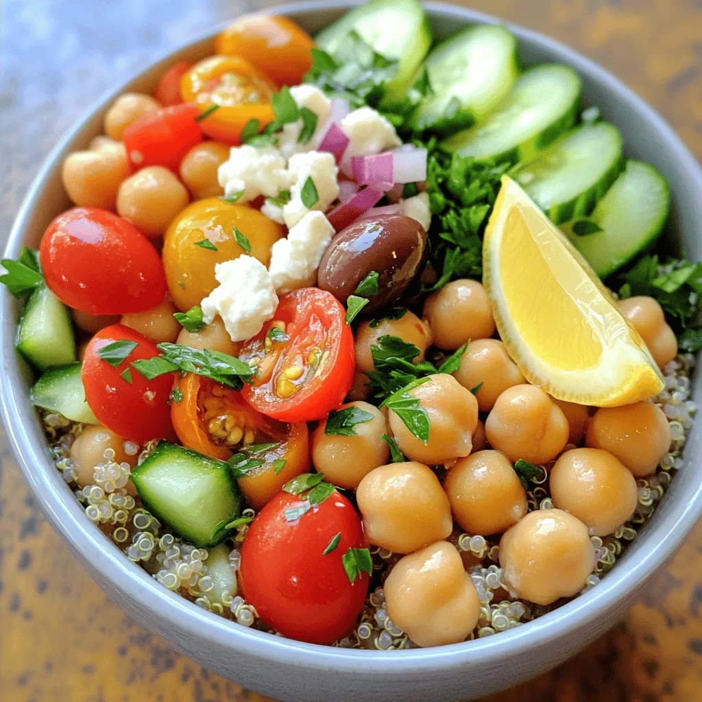 - 1 Dose (425 g) Kichererbsen, abgetropft und abgespült - 1 Tasse gekochte Quinoa - 1 Tasse Kirschtomaten, halbiert - 1 Gurke, gewürfelt - 1 rote Paprika, gewürfelt - ½ rote Zwiebel, fein gehackt - ¼ Tasse Kalamata-Oliven, entsteint und in Scheiben geschnitten - ¼ Tasse Feta-Käse, zerbröselt - 2 Esslöffel frische Petersilie, gehackt - 3 Esslöffel Olivenöl - 2 Esslöffel Zitronensaft - 1 Teelöffel getrockneter Oregano - Salz und Pfeffer nach Geschmack Die Hauptzutaten sind Kichererbsen und Quinoa. Kichererbsen sind proteinreich und ballaststoffhaltig. Quinoa ist ein vollwertiges Getreide, das viele Nährstoffe bietet. Diese Kombination macht die Schüssel sättigend und gesund. Für das Gemüse kannst du frische Zutaten wählen. Kirschtomaten und Gurken bringen einen knackigen Biss. Rote Paprika und Zwiebeln fügen Farbe und Aroma hinzu. Das Dressing ist einfach, aber schmackhaft. Olivenöl und Zitronensaft geben Frische. Oregano bringt mediterranen Geschmack. Diese Zutaten harmonieren gut miteinander. Die Nährstoffe in dieser Schüssel sind beeindruckend. Kichererbsen enthalten Proteine, die den Muskelaufbau unterstützen. Sie helfen auch, den Blutzucker zu stabilisieren. Quinoa hat viele Mineralien wie Eisen und Magnesium. Diese Mineralien sind wichtig für deinen Körper. Feta und Oliven sind nicht nur lecker, sondern auch gesund. Feta hat weniger Fett als andere Käsesorten. Oliven bringen gesunde Fette und Antioxidantien mit. Diese Zutaten machen die Schüssel geschmackvoll und nährstoffreich. Wenn du mehr über die gesundheitlichen Vorteile wissen möchtest, dann schau dir das [Full Recipe] an. Dort findest du alle Details zur Zubereitung und den Nährstoffen. Zuerst kochst du die Quinoa. Verwende dazu zwei Teile Wasser auf einen Teil Quinoa. Bringe das Wasser zum Kochen, füge die Quinoa hinzu und reduziere die Hitze. Lasse es etwa 15 Minuten köcheln, bis das Wasser weg ist. Danach nimmst du die Quinoa vom Herd und lässt sie abkühlen. Als Nächstes bereitest du die Kichererbsen vor. Öffne die Dose mit Kichererbsen und gieße sie in ein Sieb. Spüle sie unter kaltem Wasser ab. Dies entfernt die Flüssigkeit und macht die Kichererbsen frischer. Jetzt ist es Zeit, das Gemüse zu kombinieren. Du kannst eine Tasse halbierte Kirschtomaten, eine gewürfelte Gurke, eine gewürfelte rote Paprika und eine fein gehackte rote Zwiebel verwenden. Das Verhältnis ist wichtig, um den Geschmack ausgewogen zu halten. Wenn du das Gemüse vorbereitest, achte darauf, die Stücke gleichmäßig zu schneiden. So sieht alles schön aus und hat den gleichen Biss. Mische die Kichererbsen und das Gemüse in einer großen Schüssel mit der Quinoa. Für das Dressing mischst du in einer kleinen Schüssel Olivenöl, Zitronensaft und getrockneten Oregano. Verwende drei Esslöffel Olivenöl und zwei Esslöffel Zitronensaft. Rühre alles gut um, bis es vermischt ist. Falls das Dressing zu dick ist, kannst du etwas Wasser hinzufügen. So wird es flüssiger und leichter zu gießen. Wenn du die Schüssel anrichtest, gieße das Dressing gleichmäßig über die Mischung. Mische alles gut, damit alle Zutaten den Geschmack des Dressings aufnehmen. Für die vollständige Zubereitung schau dir das [Full Recipe] an. Um das Gemüse knackig zu halten, schneide es frisch. Verwende eine scharfe Klinge. So bleiben die Stücke fest und saftig. Wasche das Gemüse gut, um Schmutz zu entfernen. Trockne es dann gründlich. Feuchtigkeit kann das Gemüse weich machen. Für den Feta ist es wichtig, ihn erst am Ende hinzuzufügen. Wenn du ihn früh hinzufügst, zerbricht er. Streue ihn leicht über die Schüssel. So bleibt der Feta schön und sieht toll aus. Für verschiedene Dressing-Optionen mische Olivenöl mit Balsamico oder Joghurt. Das bringt Abwechslung in den Geschmack. Du kannst auch Zitrussaft verwenden. Dieser gibt eine frische Note. Essige wie Apfelessig oder Rotweinessig sind großartig für zusätzliche Aromen. Sie fügen Tiefe hinzu. Gewürze wie Kreuzkümmel oder Paprika verleihen der Schüssel einen besonderen Kick. Experimentiere mit den Mengen, um deinen perfekten Geschmack zu finden. Nützliche Küchenwerkzeuge sind ein scharfes Messer und eine große Schüssel. Ein Schneidebrett ist auch wichtig, um effizient zu arbeiten. Ein guter Mixer hilft dir, Dressings schnell zu machen. Um Zeit beim Vorbereiten zu sparen, kannst du Kichererbsen aus der Dose verwenden. Sie sind schon gekocht und einsatzbereit. Bereite das Gemüse am Abend vorher vor, um am Tag schnell zu arbeiten. Das macht die Zubereitung einfach und schnell. Für das komplette Rezept schaue dir die mediterrane Kichererbsenschüssel an. {{image_4}} Um die Kichererbsenschüssel vegan zu machen, ersetze den Feta. Du kannst zerdrückte Avocado oder Tofu verwenden. Beide Optionen bieten einen tollen Geschmack und eine cremige Textur. Avocado bringt gesunde Fette. Tofu ist reich an Protein und hat eine neutrale Basis. Für zusätzliche Proteinquellen wähle geröstete Nüsse oder Samen. Kürbiskerne oder Sonnenblumenkerne passen gut. Sie fügen Knusprigkeit hinzu und machen die Schüssel noch nahrhafter. Die mediterrane Kichererbsenschüssel ist fast immer glutenfrei. Achte jedoch darauf, dass deine Quinoa als glutenfrei gekennzeichnet ist. Manchmal kann Quinoa mit glutenhaltigen Getreiden kontaminiert sein. Wenn du eine glutenfreie Variante willst, ersetze die Kirschtomaten durch andere Gemüsesorten. Zucchini oder Karotten sind gute Alternativen. Sie bieten ebenfalls Geschmack und Farbe. Um frisches Gemüse zu nutzen, achte auf die Saison. Im Sommer sind reife Tomaten und Zucchini ideal. Im Herbst kannst du Kürbis oder Süßkartoffeln hinzufügen. Wenn Gemüse überreif ist, mach einen Salat oder püriere es zu einer Suppe. So vermeidest du Abfall und nutzt alles. Regionale Zutaten sind immer eine gute Wahl. Sie unterstützen lokale Bauern und sind oft frischer. Bewahre die mediterrane Kichererbsenschüssel im Kühlschrank auf. Sie bleibt frisch für bis zu drei Tage. Achte darauf, die Schüssel in einem luftdichten Behälter zu lagern. Die Zutaten wie Kichererbsen, Quinoa und Gemüse halten sich gut. Kichererbsen sind eine großartige Proteinquelle und Quinoa bietet viele Ballaststoffe. Frische Zutaten wie Gurken und Tomaten bleiben knackig, wenn du sie richtig lagerst. Wenn du die Mischung für die spätere Verwendung einfrieren möchtest, ist das möglich. Teile die Schüssel in Portionen auf und friere diese ein. Du kannst die Schüssel bis zu drei Monate lang im Gefrierfach aufbewahren. Zum Auftauen einfach über Nacht im Kühlschrank lassen. Für das Dressing ist es am besten, es separat zu lagern. Bereite es frisch zu, wenn du die Schüssel servierst. So bleibt der Geschmack intensiv und frisch. Die besten Zeiten zum Servieren sind bei einem Picknick oder als schnelles Mittagessen. Diese Kichererbsenschüssel ist auch perfekt für ein leichtes Abendessen. Du kannst sie mit Fladenbrot oder Pita-Brot servieren. Auch ein frischer grüner Salat passt gut dazu. Probiere auch, die Schüssel mit Joghurt zu verfeinern. Das sorgt für eine cremige Note. Wenn du Lust auf Abwechslung hast, füge geröstete Nüsse oder Samen hinzu. Sie bringen einen tollen Crunch. Die Kichererbsenschüssel braucht insgesamt etwa 30 Minuten. Die Vorbereitung dauert etwa 15 Minuten. In dieser Zeit schneidest du das Gemüse und bereitest die Quinoa vor. Danach kommt das Mischen der Zutaten. Das geht schnell und macht Spaß. Diese Schüssel ist einfach und schnell zuzubereiten. Ja, du kannst die Kichererbsenschüssel im Voraus machen. Das hilft den Aromen, besser zusammenzukommen. Bewahre die Schüssel in einem luftdichten Behälter im Kühlschrank auf. Sie bleibt so frisch für bis zu drei Tage. Du kannst sie auch gut für Mittagessen mitnehmen. Wenn du keine Kichererbsen magst, sind schwarze Bohnen eine gute Wahl. Sie haben einen ähnlichen Biss und einen tollen Geschmack. Auch Linsen passen gut. Diese Alternativen sind nahrhaft und einfach zu finden. Du kannst die Schüssel nach deinem Geschmack anpassen. Zusammenfassend haben wir die Zutaten, Zubereitung und Tipps für die Kichererbsenschüssel behandelt. Du hast gelernt, wie vielseitig und gesund dieses Gericht ist. Mit verschiedenen Variationen und Aufbewahrungstipps kannst du sie leicht an deine Vorlieben anpassen. Nutze die richtigen Zutaten, um die besten Aromen zu erzielen. Diese Schüssel ist eine perfekte Mahlzeit für jeden Anlass. Viel Spaß beim Kochen und Genießen!
