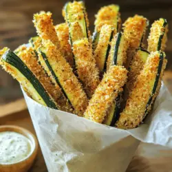 - 2 mittelgroße Zucchini - 1 Tasse Semmelbrösel (Panko) - ½ Tasse geriebener Parmesan-Käse - 1 Teelöffel Knoblauchpulver - ½ Teelöffel Zwiebelpulver - ½ Teelöffel geräuchertes Paprikapulver - 1 großes Ei - Olivenölspray - Salz und Pfeffer nach Geschmack Für diese Spicy Garlic Parmesan Zucchini Fries brauchst du frische Zutaten. Zucchini sind knackig und voller Geschmack. Panko sorgt für die perfekte Knusprigkeit. Parmesan-Käse bringt eine salzige Note, die die Zucchini wunderbar ergänzt. Die Gewürze sind einfach, aber sehr wichtig. Knoblauchpulver gibt den fries einen tollen Geschmack. Das Zwiebelpulver fügt eine süßliche Tiefe hinzu. Geräuchertes Paprikapulver bringt eine leichte Schärfe und einen rauchigen Geschmack. Diese Kombination macht den Unterschied. Das Ei hilft, die Panade an den Zucchini zu halten. Olivenölspray gibt den fries eine goldene Farbe und macht sie knusprig. Vergiss nicht, Salz und Pfeffer hinzuzufügen, um den Geschmack zu verbessern. Wenn du die genauen Schritte sehen möchtest, schaue dir das [Full Recipe] an. - Heize deinen Ofen auf 220°C vor. - Lege ein Backblech mit Backpapier aus. Das verhindert das Anhaften. - Mische die Semmelbrösel mit den Gewürzen. - In einer separaten Schüssel schlage das Ei auf und bereite es vor. - Tauche jeden Zucchinistreifen zuerst in das Ei. Lass das überschüssige Ei abtropfen. - Wälze die Zucchinistreifen in der Semmelbrösel-Mischung. Drücke leicht, damit die Panade haftet. - Lege die panierten Zucchini auf das Backblech. Sprühe sie leicht mit Olivenölspray ein. - Backe die Zucchini Fries im Ofen für 20-25 Minuten. Wende sie zur Halbzeit. - Nimm die Zucchini Fries aus dem Ofen und lasse sie kurz abkühlen, bevor du sie servierst. Für die vollständige Zubereitung schau dir das Full Recipe an. Um die Zucchini fries knusprig zu machen, benutze Panko. Panko sind größere Brösel, die mehr Luft und Struktur bieten. So wird die Kruste super knusprig. Sprühe auch etwas Olivenölspray auf die Zucchini. Das hilft, die Brösel schön braun zu backen. Trockne die Zucchini gut ab, bevor du sie panierst. Feuchtigkeit macht die Fries matschig. Lege die panierten Zucchini gleichmäßig auf das Backblech. So backen sie gleichmäßig und werden schön knusprig. Präsentiere die Zucchini fries in einem netten Körbchen. Lege etwas Backpapier hinein, damit sie nicht anhaften. Für das perfekte Foto, achte auf gute Beleuchtung. Serviere die fries mit Dips. Ranch-Dressing oder würzige Aioli passen super gut dazu. Sie bringen zusätzlichen Geschmack und sind sehr beliebt. Für die vollständige Anleitung schaue dir das Full Recipe an. {{image_4}} Du kannst die Gewürze leicht ändern. Probiere italienische Kräuter für einen anderen Geschmack. Scharfer Paprika gibt mehr Hitze. Das Rezept bleibt lecker und spannend. Du kannst auch mehr Parmesan oder andere Käsesorten verwenden. Feta oder Cheddar sind tolle Alternativen. Experimentiere, um deine perfekte Mischung zu finden. Wenn du glutenfrei essen möchtest, sind glutenfreie Semmelbrösel eine gute Wahl. Du kannst auch gemahlene Mandeln oder Kichererbsenmehl nutzen. Diese Optionen geben den Zucchini Fries eine schöne Textur. Sie bleiben knusprig und lecker, ganz ohne Gluten. Zucchini sind großartig, aber du kannst auch andere Gemüsefrüchte verwenden. Auberginen oder Karotten sind eine tolle Wahl. Schneide sie in die gleiche Form wie die Zucchini. So bekommst du ein ähnliches Ergebnis. Denke daran, die Backzeit anzupassen, da verschiedene Gemüse unterschiedlich garen. Das gibt dir viele Möglichkeiten, kreativ zu sein und neue Geschmäcker zu erkunden. Wenn du mehr wissen möchtest, schau dir die Full Recipe an! Bewahre die Zucchini Fries im Kühlschrank auf. Nutze dafür einen luftdichten Behälter. So bleiben sie frisch und lecker. Du kannst sie bis zu drei Tage lang aufbewahren. Stelle sicher, dass die Fries gut abgekühlt sind, bevor du sie verpackst. Das hilft, Feuchtigkeit zu vermeiden. Um die Zucchini Fries wieder knusprig zu machen, benutze den Backofen oder eine Luftfritteuse. Heize den Ofen auf 180°C vor. Lege die Fries auf ein Backblech und backe sie für etwa 10 Minuten. In der Luftfritteuse dauert es nur etwa 5 bis 7 Minuten. So werden sie wieder schön knusprig. Vermeide die Mikrowelle, da sie die Fries matschig macht. Du kannst die Zucchini Fries im Voraus vorbereiten. Panier die Zucchini-Streifen, aber backe sie nicht sofort. Lege sie auf ein Backblech und stelle es in den Kühlschrank. So sind sie bereit, wenn du sie später brauchst. Du kannst die ungebackenen Zucchini Fries auch einfrieren. Verteile sie auf einem Backblech und friere sie ein. Danach kannst du sie in einen Beutel umpacken. So hast du immer einen Snack bereit. Für das beste Ergebnis backe sie direkt aus dem Gefrierschrank. Die Zubereitung dieser leckeren Zucchini Fries dauert insgesamt etwa 40 Minuten. Die Vorbereitungszeit beträgt etwa 15 Minuten. Für das Backen im Ofen brauchst du 20 bis 25 Minuten, bis sie schön knusprig sind. Ja, du kannst die Zucchini Fries auch frittieren, wenn du eine besonders knusprige Textur möchtest. Erhitze das Öl in einer Fritteuse oder einem tiefen Topf auf 180°C. Tauche die Zucchini Fries wie gewohnt in das Ei und die Panade. Frittiere sie dann in kleinen Portionen für 3 bis 4 Minuten, bis sie goldbraun sind. Lass sie auf Küchenpapier abtropfen, um überschüssiges Öl zu entfernen. Die originalen Zucchini Fries sind nicht vegan, da sie ein Ei enthalten. Um sie vegan zu machen, kannst du das Ei durch eine Mischung aus 1 Esslöffel Leinsamenmehl und 2 Esslöffel Wasser ersetzen. Lass die Mischung kurz quellen, bevor du die Zucchini damit panierst. So bleiben die Fries knusprig und lecker. Zu würzigen Zucchini Fries passen viele Dips. Hier sind einige tolle Optionen: - Ranch-Dressing - Würzige Aioli - Joghurt-Dip mit frischen Kräutern - Salsa oder Guacamole - Ketchup mit einem Schuss Sriracha Diese Dips ergänzen den Geschmack der Zucchini Fries perfekt und machen sie noch köstlicher. Vergiss nicht, das Full Recipe auszuprobieren, um die besten Ergebnisse zu erzielen! Die Zubereitung von Zucchini Fries ist einfach und macht Spaß. Wir haben die Zutaten vorbereitet und einen klaren Schritt-für-Schritt-Plan erstellt. Du weißt nun, wie du die perfekten knusprigen Zucchini Fries zubereitest. Variationen gibt es viele, sodass du kreativ sein kannst. Denke an Aufbewahrung und Aufwärmen, um den Genuss zu verlängern. Probiere die verschiedenen Dips aus. Deiner Fantasie sind keine Grenzen gesetzt. Viel Spaß beim Kochen und Genießen!