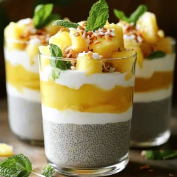 Um einen köstlichen Ananas-Kokos-Chia-Pudding zu machen, brauchst du einige einfache Zutaten. Hier sind die Hauptzutaten: - 1 Tasse Kokosmilch (aus der Dose oder aus Karton) - 1 Tasse Ananassaft (frisch gepresst oder aus der Dose) - 1/4 Tasse Chiasamen - 2 Esslöffel Ahornsirup (oder Honig) - 1/4 Teelöffel Vanilleextrakt - Eine Prise Salz - Frische Ananasstücke (zum Garnieren) - Geröstete Kokosnussflocken (zum Bestreuen) - Minzblätter (zur Dekoration) Diese Zutaten geben dem Pudding einen tollen Geschmack. Die Chiasamen sorgen für die dicke, puddingartige Konsistenz. Es gibt viele Möglichkeiten, die Zutaten zu variieren. Wenn du keine Kokosmilch magst, versuche es mit Mandelmilch oder Hafermilch. Du kannst auch andere Säfte verwenden. Mango- oder Orangensaft passen gut dazu. Wenn du den Pudding süßer magst, füge mehr Ahornsirup oder Honig hinzu. Frische Zutaten machen einen großen Unterschied. Achte darauf, dass die Ananas fest ist und einen süßen Duft hat. Wenn du Kokosmilch kaufst, wähle eine Marken, die keine zusätzlichen Chemikalien enthält. Frisch gepresster Ananassaft schmeckt am besten, aber auch Saft aus der Dose kann gut sein. Wenn du diese Tipps beachtest, wird dein Ananas-Kokos-Chia-Pudding lecker und gesund. Du kannst das vollständige Rezept für die Zubereitung nachlesen. Um den Ananas-Kokos-Chia-Pudding zuzubereiten, benötigen Sie nur wenige Schritte. Beginnen Sie, indem Sie eine große Schüssel nehmen. Geben Sie die Kokosmilch, den Ananassaft und den Ahornsirup hinein. Rühren Sie alles gut mit einem Schneebesen zusammen. Es sollte eine glatte Mischung entstehen. Fügen Sie nun die Chiasamen hinzu. Geben Sie auch den Vanilleextrakt und eine Prise Salz dazu. Rühren Sie erneut, bis alles gut vermischt ist. Decken Sie die Schüssel ab und stellen Sie sie in den Kühlschrank. Lassen Sie die Mischung mindestens 4 Stunden oder über Nacht ruhen. Dies hilft den Chiasamen, die Flüssigkeit zu absorbieren und die richtige Konsistenz zu erreichen. Nach der Kühlzeit nehmen Sie die Schüssel heraus. Rühren Sie den Pudding gut um. Manchmal kann der Pudding zu dick sein. In diesem Fall fügen Sie einfach einen Spritzer Kokosmilch oder Ananassaft hinzu. Rühren Sie noch einmal gut durch, bis die gewünschte Konsistenz erreicht ist. Der Pudding sollte cremig und leicht sein. Jetzt kommt der Spaß! Servieren Sie den Chia-Pudding in schönen Gläsern oder Schalen. Schichten Sie den Pudding mit frischen Ananasstücken. Dies sieht nicht nur toll aus, sondern schmeckt auch frisch. Bestreuen Sie den Pudding mit gerösteten Kokosnussflocken für einen knusprigen Biss. Garnieren Sie alles mit Minzblättern für einen schönen Farbkontrast. Für eine besondere Note können Sie die Gläser mit bunten Löffeln oder farbigen Servietten dekorieren. So wird Ihr Ananas-Kokos-Chia-Pudding zu einem echten Hingucker auf jedem Tisch. Sie können das vollständige Rezept [Full Recipe] hier finden. Ein häufiger Fehler ist, die Chiasamen nicht gut zu vermischen. Das führt zu klumpigem Pudding. Achte darauf, die Samen gleichmäßig in die Flüssigkeit zu rühren. Ein weiterer Fehler ist, den Pudding nicht lange genug zu kühlen. Die Chiasamen brauchen Zeit, um die Flüssigkeit aufzusaugen. Lasse deinen Pudding mindestens vier Stunden im Kühlschrank. Für eine cremige Textur wähle eine gute Kokosmilch. Die Konsistenz hängt von der Qualität ab. Nutze frischen Ananassaft, um den Geschmack zu intensivieren. Wenn dein Pudding zu dick ist, füge einfach mehr Kokosmilch oder Ananassaft hinzu. Rühre ihn gut um, um die gewünschte Konsistenz zu erreichen. Du kannst mit verschiedenen Zutaten experimentieren. Füge Kakaopulver für eine schokoladige Note hinzu. Eine Prise Zimt kann den Pudding wärmer und einladender machen. Auch frische Minze oder Limettensaft bringen Frische in den Geschmack. Für ein bisschen Crunch könntest du Nüsse oder Samen hinzufügen. So machst du das Rezept noch spannender! Entdecke die Möglichkeiten und finde deine perfekte Kombination. {{image_4}} Du kannst dein Ananas-Kokos-Chia-Pudding leicht ändern. Füge frische Mangostücke hinzu. Auch Papaya passt gut. Diese Früchte bringen mehr Süße und Farbe. Probiere auch Kiwi für einen sauren Kick. Jedes Mal, wenn du eine neue Frucht nimmst, schmeckt der Pudding anders. Dieses Rezept ist von Natur aus vegan und glutenfrei. Verwende Kokosmilch und Ananassaft. Diese Zutaten sind auch für Allergiker geeignet. Du kannst den Ahornsirup durch Agavendicksaft ersetzen. So bleibt der Pudding süß, ohne tierische Produkte. Um den Nährwert zu erhöhen, kannst du Leinsamen oder Nüsse hinzufügen. Diese geben zusätzliche Ballaststoffe und gesunde Fette. Du kannst auch einen Esslöffel Proteinpulver einrühren. Achte darauf, dass alles gut vermischt ist. So bleibt der Pudding cremig und lecker. Ich empfehle dir, mit verschiedenen Zutaten zu experimentieren. Du wirst überrascht sein, was du alles schaffen kannst! Für das vollständige Rezept schau dir den Abschnitt „Full Recipe“ an. Um deinen Ananas-Kokos-Chia-Pudding frisch zu halten, wähle einen luftdichten Behälter. Stelle sicher, dass er gut verschlossen ist. So bleibt der Pudding länger lecker und behält seine Konsistenz. Lagere ihn immer im Kühlschrank. Der Pudding hält sich im Kühlschrank bis zu fünf Tage. Nach ein paar Tagen kann er etwas dicker werden. Rühre ihn einfach gut um. Wenn er dir zu fest ist, füge etwas Kokosmilch oder Ananassaft hinzu. So bekommst du die gewünschte Cremigkeit zurück. Du kannst den Chia-Pudding auch einfrieren. Fülle ihn in einen gefrierfesten Behälter. Achte darauf, etwas Platz zu lassen, da er beim Einfrieren expandiert. Zum Auftauen stelle ihn einfach über Nacht in den Kühlschrank. Rühre ihn nach dem Auftauen gut um, um die Textur zu verbessern. So kannst du deine leckere Kreation jederzeit genießen! Chia-Pudding hat eine cremige und gelartige Konsistenz. Die Chiasamen nehmen Flüssigkeit auf und quellen auf. Nach dem Kühlen wird der Pudding dick, aber nicht zu fest. Du kannst die Konsistenz nach deinem Geschmack anpassen. Wenn du eine dünnere Textur möchtest, füge einfach mehr Flüssigkeit hinzu. Die Mischung sollte glatt und gleichmäßig sein. Ja, du kannst alte Chiasamen verwenden, solange sie nicht ranzig sind. Chiasamen haben eine lange Haltbarkeit. Prüfe sie vor der Verwendung auf Geruch oder Anzeichen von Schimmel. Wenn sie frisch und knusprig sind, kannst du sie ohne Bedenken verwenden. Sie sind ein toller Nährstofflieferant, unabhängig von ihrem Alter. Ja, Ananas-Kokos-Chia-Pudding ist sehr gesund. Chiasamen sind reich an Ballaststoffen und Omega-3-Fettsäuren. Kokosmilch enthält gesunde Fette, die gut für dein Herz sind. Ananassaft liefert Vitamin C und Antioxidantien. Diese Zutaten unterstützen deine Gesundheit und können dir helfen, dich gut zu fühlen. Dieses Rezept ist nahrhaft und lecker. Du kannst es als Frühstück oder Snack genießen. Für das vollständige Rezept schau in den oberen Abschnitt. Zusammenfassend haben wir die Hauptzutaten für Ananas-Kokos-Chia-Pudding besprochen. Ich habe die Zubereitung in einfachen Schritten erklärt. Zudem teile ich nützliche Tipps, um Fehler zu vermeiden. Ein gut zubereiteter Pudding hat die richtige Konsistenz und kann kreativ serviert werden. Experimentiere mit Variationen, um neue Geschmäcker zu entdecken. Denke an die besten Lagerungstipps für frische Ergebnisse. Chia-Pudding ist nicht nur lecker, sondern auch gesund. Nutze dieses Wissen, um deine Pudding-Künste zu verbessern!