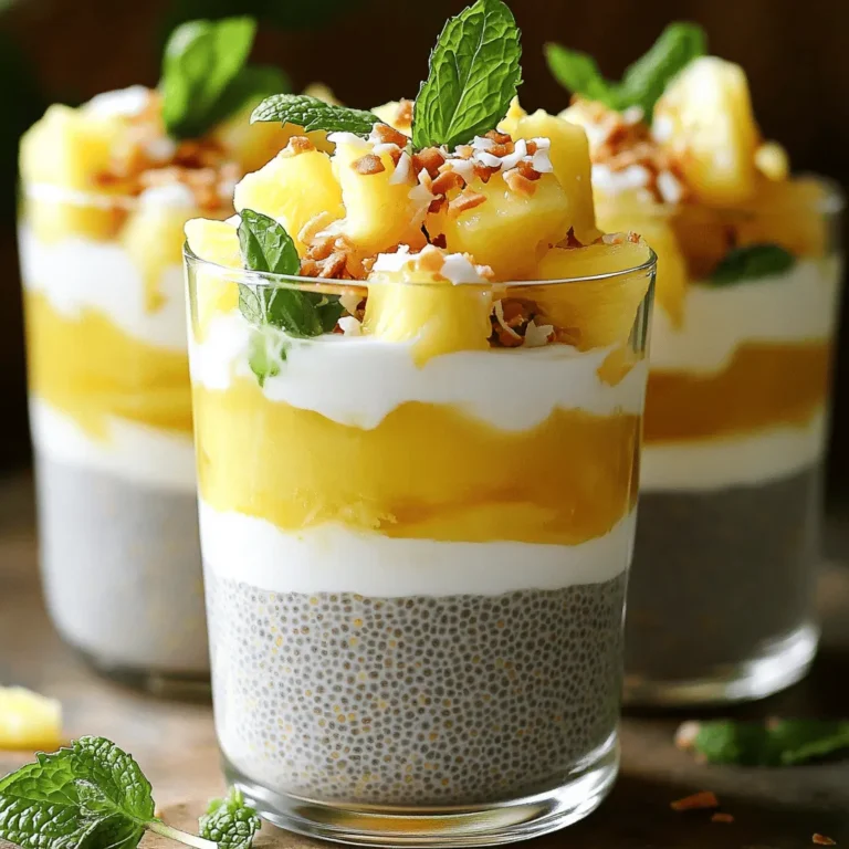 Um einen köstlichen Ananas-Kokos-Chia-Pudding zu machen, brauchst du einige einfache Zutaten. Hier sind die Hauptzutaten: - 1 Tasse Kokosmilch (aus der Dose oder aus Karton) - 1 Tasse Ananassaft (frisch gepresst oder aus der Dose) - 1/4 Tasse Chiasamen - 2 Esslöffel Ahornsirup (oder Honig) - 1/4 Teelöffel Vanilleextrakt - Eine Prise Salz - Frische Ananasstücke (zum Garnieren) - Geröstete Kokosnussflocken (zum Bestreuen) - Minzblätter (zur Dekoration) Diese Zutaten geben dem Pudding einen tollen Geschmack. Die Chiasamen sorgen für die dicke, puddingartige Konsistenz. Es gibt viele Möglichkeiten, die Zutaten zu variieren. Wenn du keine Kokosmilch magst, versuche es mit Mandelmilch oder Hafermilch. Du kannst auch andere Säfte verwenden. Mango- oder Orangensaft passen gut dazu. Wenn du den Pudding süßer magst, füge mehr Ahornsirup oder Honig hinzu. Frische Zutaten machen einen großen Unterschied. Achte darauf, dass die Ananas fest ist und einen süßen Duft hat. Wenn du Kokosmilch kaufst, wähle eine Marken, die keine zusätzlichen Chemikalien enthält. Frisch gepresster Ananassaft schmeckt am besten, aber auch Saft aus der Dose kann gut sein. Wenn du diese Tipps beachtest, wird dein Ananas-Kokos-Chia-Pudding lecker und gesund. Du kannst das vollständige Rezept für die Zubereitung nachlesen. Um den Ananas-Kokos-Chia-Pudding zuzubereiten, benötigen Sie nur wenige Schritte. Beginnen Sie, indem Sie eine große Schüssel nehmen. Geben Sie die Kokosmilch, den Ananassaft und den Ahornsirup hinein. Rühren Sie alles gut mit einem Schneebesen zusammen. Es sollte eine glatte Mischung entstehen. Fügen Sie nun die Chiasamen hinzu. Geben Sie auch den Vanilleextrakt und eine Prise Salz dazu. Rühren Sie erneut, bis alles gut vermischt ist. Decken Sie die Schüssel ab und stellen Sie sie in den Kühlschrank. Lassen Sie die Mischung mindestens 4 Stunden oder über Nacht ruhen. Dies hilft den Chiasamen, die Flüssigkeit zu absorbieren und die richtige Konsistenz zu erreichen. Nach der Kühlzeit nehmen Sie die Schüssel heraus. Rühren Sie den Pudding gut um. Manchmal kann der Pudding zu dick sein. In diesem Fall fügen Sie einfach einen Spritzer Kokosmilch oder Ananassaft hinzu. Rühren Sie noch einmal gut durch, bis die gewünschte Konsistenz erreicht ist. Der Pudding sollte cremig und leicht sein. Jetzt kommt der Spaß! Servieren Sie den Chia-Pudding in schönen Gläsern oder Schalen. Schichten Sie den Pudding mit frischen Ananasstücken. Dies sieht nicht nur toll aus, sondern schmeckt auch frisch. Bestreuen Sie den Pudding mit gerösteten Kokosnussflocken für einen knusprigen Biss. Garnieren Sie alles mit Minzblättern für einen schönen Farbkontrast. Für eine besondere Note können Sie die Gläser mit bunten Löffeln oder farbigen Servietten dekorieren. So wird Ihr Ananas-Kokos-Chia-Pudding zu einem echten Hingucker auf jedem Tisch. Sie können das vollständige Rezept [Full Recipe] hier finden. Ein häufiger Fehler ist, die Chiasamen nicht gut zu vermischen. Das führt zu klumpigem Pudding. Achte darauf, die Samen gleichmäßig in die Flüssigkeit zu rühren. Ein weiterer Fehler ist, den Pudding nicht lange genug zu kühlen. Die Chiasamen brauchen Zeit, um die Flüssigkeit aufzusaugen. Lasse deinen Pudding mindestens vier Stunden im Kühlschrank. Für eine cremige Textur wähle eine gute Kokosmilch. Die Konsistenz hängt von der Qualität ab. Nutze frischen Ananassaft, um den Geschmack zu intensivieren. Wenn dein Pudding zu dick ist, füge einfach mehr Kokosmilch oder Ananassaft hinzu. Rühre ihn gut um, um die gewünschte Konsistenz zu erreichen. Du kannst mit verschiedenen Zutaten experimentieren. Füge Kakaopulver für eine schokoladige Note hinzu. Eine Prise Zimt kann den Pudding wärmer und einladender machen. Auch frische Minze oder Limettensaft bringen Frische in den Geschmack. Für ein bisschen Crunch könntest du Nüsse oder Samen hinzufügen. So machst du das Rezept noch spannender! Entdecke die Möglichkeiten und finde deine perfekte Kombination. {{image_4}} Du kannst dein Ananas-Kokos-Chia-Pudding leicht ändern. Füge frische Mangostücke hinzu. Auch Papaya passt gut. Diese Früchte bringen mehr Süße und Farbe. Probiere auch Kiwi für einen sauren Kick. Jedes Mal, wenn du eine neue Frucht nimmst, schmeckt der Pudding anders. Dieses Rezept ist von Natur aus vegan und glutenfrei. Verwende Kokosmilch und Ananassaft. Diese Zutaten sind auch für Allergiker geeignet. Du kannst den Ahornsirup durch Agavendicksaft ersetzen. So bleibt der Pudding süß, ohne tierische Produkte. Um den Nährwert zu erhöhen, kannst du Leinsamen oder Nüsse hinzufügen. Diese geben zusätzliche Ballaststoffe und gesunde Fette. Du kannst auch einen Esslöffel Proteinpulver einrühren. Achte darauf, dass alles gut vermischt ist. So bleibt der Pudding cremig und lecker. Ich empfehle dir, mit verschiedenen Zutaten zu experimentieren. Du wirst überrascht sein, was du alles schaffen kannst! Für das vollständige Rezept schau dir den Abschnitt „Full Recipe“ an. Um deinen Ananas-Kokos-Chia-Pudding frisch zu halten, wähle einen luftdichten Behälter. Stelle sicher, dass er gut verschlossen ist. So bleibt der Pudding länger lecker und behält seine Konsistenz. Lagere ihn immer im Kühlschrank. Der Pudding hält sich im Kühlschrank bis zu fünf Tage. Nach ein paar Tagen kann er etwas dicker werden. Rühre ihn einfach gut um. Wenn er dir zu fest ist, füge etwas Kokosmilch oder Ananassaft hinzu. So bekommst du die gewünschte Cremigkeit zurück. Du kannst den Chia-Pudding auch einfrieren. Fülle ihn in einen gefrierfesten Behälter. Achte darauf, etwas Platz zu lassen, da er beim Einfrieren expandiert. Zum Auftauen stelle ihn einfach über Nacht in den Kühlschrank. Rühre ihn nach dem Auftauen gut um, um die Textur zu verbessern. So kannst du deine leckere Kreation jederzeit genießen! Chia-Pudding hat eine cremige und gelartige Konsistenz. Die Chiasamen nehmen Flüssigkeit auf und quellen auf. Nach dem Kühlen wird der Pudding dick, aber nicht zu fest. Du kannst die Konsistenz nach deinem Geschmack anpassen. Wenn du eine dünnere Textur möchtest, füge einfach mehr Flüssigkeit hinzu. Die Mischung sollte glatt und gleichmäßig sein. Ja, du kannst alte Chiasamen verwenden, solange sie nicht ranzig sind. Chiasamen haben eine lange Haltbarkeit. Prüfe sie vor der Verwendung auf Geruch oder Anzeichen von Schimmel. Wenn sie frisch und knusprig sind, kannst du sie ohne Bedenken verwenden. Sie sind ein toller Nährstofflieferant, unabhängig von ihrem Alter. Ja, Ananas-Kokos-Chia-Pudding ist sehr gesund. Chiasamen sind reich an Ballaststoffen und Omega-3-Fettsäuren. Kokosmilch enthält gesunde Fette, die gut für dein Herz sind. Ananassaft liefert Vitamin C und Antioxidantien. Diese Zutaten unterstützen deine Gesundheit und können dir helfen, dich gut zu fühlen. Dieses Rezept ist nahrhaft und lecker. Du kannst es als Frühstück oder Snack genießen. Für das vollständige Rezept schau in den oberen Abschnitt. Zusammenfassend haben wir die Hauptzutaten für Ananas-Kokos-Chia-Pudding besprochen. Ich habe die Zubereitung in einfachen Schritten erklärt. Zudem teile ich nützliche Tipps, um Fehler zu vermeiden. Ein gut zubereiteter Pudding hat die richtige Konsistenz und kann kreativ serviert werden. Experimentiere mit Variationen, um neue Geschmäcker zu entdecken. Denke an die besten Lagerungstipps für frische Ergebnisse. Chia-Pudding ist nicht nur lecker, sondern auch gesund. Nutze dieses Wissen, um deine Pudding-Künste zu verbessern!
