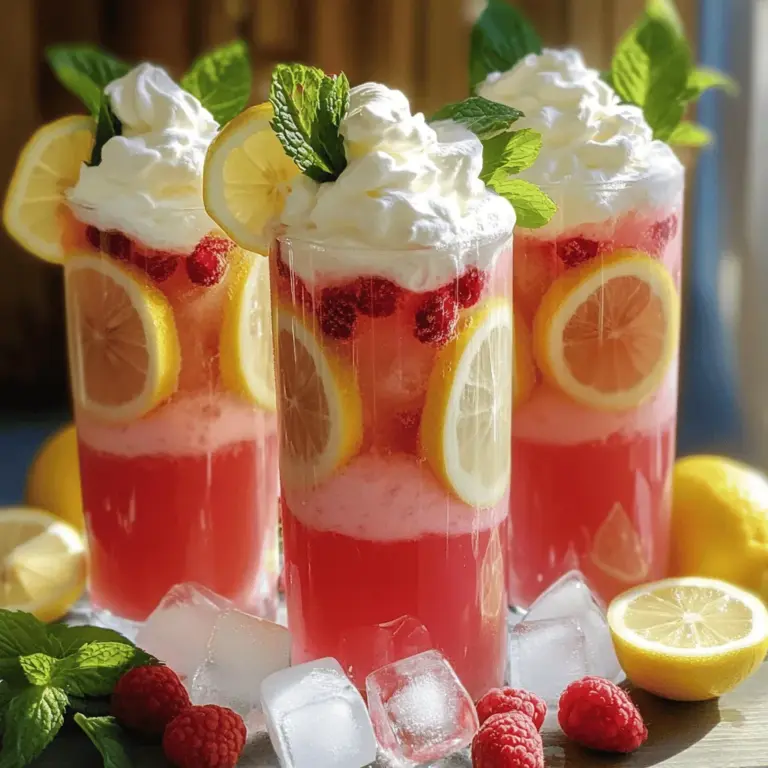 Um die schaumige pinke Limonade zuzubereiten, brauchst du folgende Zutaten: - 1 Tasse frisch gepresster Zitronensaft - 1 Tasse Haushaltszucker - 4 Tassen Wasser - 1 Tasse Himbeeren (frisch oder gefroren) - 1 Tasse Schlagsahne - 2 Esslöffel Puderzucker - 1 Teelöffel Vanilleextrakt - Eiswürfel - Zitronenscheiben und Minzblätter zur Garnierung Diese Zutaten machen die Limonade frisch und lecker. Die Himbeeren geben ihr eine tolle Farbe. Wenn du den Zitronensaft wählst, nimm frische Zitronen. Sie haben mehr Geschmack. Für die Himbeeren kannst du frische oder gefrorene verwenden. Gefrorene sind oft süßer und einfacher zu mixen. Achte darauf, hochwertigen Zucker zu wählen. Er löst sich besser im Wasser. Der Puderzucker hilft, die Schlagsahne süß und leicht zu machen. Um diese Limonade zuzubereiten, benötigst du: - Ein kleiner Topf - Einen Mixer - Eine Schüssel für die Schlagsahne - Einen elektrischen Mixer für die Sahne - Serviergläser Mit diesen Utensilien bist du gut ausgestattet. Sie helfen dir, die Schritte einfach und schnell zu erledigen. Wenn du das Rezept vollständig umsetzen möchtest, schau dir die [Full Recipe] an. Um den einfachen Sirup zu machen, brauchst du nur Zucker und Wasser. Nimm einen kleinen Topf und füge 1 Tasse Wasser und 1 Tasse Zucker hinzu. Stelle den Topf auf mittlere Hitze. Rühre ständig, bis der Zucker ganz aufgelöst ist. Das dauert nur ein paar Minuten. Wenn der Sirup klar aussieht, nimm ihn vom Herd. Lass ihn abkühlen. Diesen einfachen Sirup ist die Basis für deine Limonade. Jetzt kommt der spaßige Teil! Nimm deinen Mixer und füge den frisch gepressten Zitronensaft hinzu. Du brauchst 1 Tasse Zitronensaft, die du aus etwa 5 bis 6 Zitronen bekommst. Gib die restlichen 3 Tassen Wasser und den abgekühlten Sirup dazu. Füge dann 1 Tasse Himbeeren hinzu. Egal, ob frisch oder gefroren, sie schmecken toll! Mixe alles gut, bis die Mischung schön glatt ist. Wenn du keine Kerne magst, kannst du die Mischung durch ein feines Sieb gießen. Stelle die pinke Flüssigkeit dann beiseite und bereite die Schlagsahne vor. Für die Schlagsahne nimm eine große Schüssel und eine elektrische Mischung. Gib 1 Tasse Schlagsahne hinein. Schlage die Sahne, bis sich weiche Spitzen bilden. Das dauert etwa 2 bis 3 Minuten. Dann füge 2 Esslöffel Puderzucker und 1 Teelöffel Vanilleextrakt hinzu. Schlage weiter, bis die Sahne steife Spitzen hat. Jetzt ist die Schlagsahne fertig und bereit, auf die Limonade zu kommen. Sieh dir das komplette Rezept [Full Recipe] an, um die Schritte zu sehen und mehr Spaß beim Kochen zu haben! Um die beste Schlagsahne zu machen, achte auf die Kälte. Stelle die Schlagsahne und die Schüssel für einige Minuten in den Kühlschrank. Kalte Sahne schlägt besser. Schlage die Sahne auf mittlerer Geschwindigkeit. So wird sie gleichmäßig fluffig. Wenn die Sahne weiche Spitzen hat, füge Puderzucker und Vanille hinzu. Schlage weiter, bis steife Spitzen entstehen. Achte darauf, die Sahne nicht zu lange zu schlagen. Sonst wird sie butterig. Für eine schöne Garnierung kannst du Zitronenscheiben und frische Minze verwenden. Lege eine Zitronenscheibe auf den Rand des Glases. Die Minze bringt Farbe und Frische. Du kannst auch ein paar Himbeeren oben drauf legen. So sieht die Limonade noch einladender aus. Eine bunte Garnierung macht die Limonade besonders. Wenn du die Limonade anpassen möchtest, probiere verschiedene Früchte aus. Erdbeeren oder Pfirsiche passen gut. Du kannst auch den Zucker durch andere Süßstoffe ersetzen. Wenn die Limonade zu süß ist, füge mehr Zitronensaft hinzu. Bei zu wenig Süße kannst du mehr Zucker oder Sirup hinzufügen. Wenn die Schlagsahne nicht fest wird, ist sie vielleicht zu warm. Stelle sie dann für kurze Zeit in den Kühlschrank. So bleibt deine Limonade immer perfekt! Für das vollständige Rezept, schau dir das [Full Recipe] an. {{image_4}} Du kannst die Basisrezeptur leicht anpassen. Statt Himbeeren kannst du Erdbeeren oder Heidelbeeren verwenden. Diese Früchte bringen eine süße Note. Du kannst auch andere Zitrusfrüchte probieren. Limetten oder Grapefruits geben der Limonade einen frischen Twist. Wenn du es exotisch magst, füge Mangopüree oder Ananassaft hinzu. Diese Optionen machen die Limonade bunt und lecker. Für Feste kannst du die Limonade in großen Krügen servieren. Füge frische Früchte wie Zitronenscheiben und Minzblätter hinzu. Das sieht toll aus und macht die Limonade noch frischer. Du kannst auch Gläser mit Zucker am Rand verzieren. Dies gibt einen tollen Effekt. Wenn du Gäste hast, serviere die Limonade in Sektgläsern. Das macht sie festlicher und schick. Wenn du weniger Zucker verwenden möchtest, gibt es viele Alternativen. Honig, Agavendicksaft oder Stevia sind gute Optionen. Diese Süßstoffe sind oft gesünder. Du kannst sie nach Geschmack hinzufügen. Denke daran, dass sie unterschiedlich süß sind. Begonnen mit einer kleinen Menge und dann anpassen. So stellst du sicher, dass die Limonade nicht zu süß wird. Die pinke Limonade bleibt am besten im Kühlschrank. Füllen Sie sie in einen luftdichten Behälter. So bleibt der Geschmack frisch. Wenn Sie die Limonade länger aufbewahren möchten, dann decken Sie die Oberfläche mit Frischhaltefolie ab. So schützen Sie sie vor anderen Gerüchen im Kühlschrank. Genießen Sie die Limonade innerhalb von drei bis fünf Tagen für den besten Geschmack. Die Schlagsahne ist am besten frisch, aber Sie können sie auch lagern. Bewahren Sie die Schlagsahne in einem luftdichten Behälter im Kühlschrank auf. Sie hält sich dort etwa zwei Tage. Vor dem Servieren können Sie die Schlagsahne erneut aufschlagen. So wird sie wieder luftig und lecker. Wenn die Schlagsahne zu weich wird, fügen Sie einfach etwas mehr Puderzucker hinzu und schlagen Sie sie nochmals auf. Haben Sie Reste von der Limonade oder Schlagsahne? Kein Problem! Die Limonade eignet sich gut für Sorbets oder als Basis für Cocktails. Mischen Sie sie mit Mineralwasser für einen spritzigen Drink. Reste von Schlagsahne können Sie auf Pfannkuchen oder Waffeln verwenden. Auch in Desserts oder für Obstsalate ist sie einfach klasse. Seien Sie kreativ und genießen Sie die Reste! Die pinke Limonade bleibt im Kühlschrank etwa drei Tage frisch. Bewahre sie in einem luftdichten Behälter auf. So bleibt der Geschmack lange erhalten. Du kannst die Limonade auch gut vorbereiten und dann kalt servieren. Achte darauf, die Schlagsahne erst kurz vor dem Servieren hinzuzufügen, damit sie fluffig bleibt. Ja, du kannst die Limonade auch ohne Zucker machen. Ersetze den Zucker durch Süßstoffe wie Stevia oder Erythrit. Diese Optionen haben weniger Kalorien und sind gut für Diäten. Du kannst auch die Himbeeren pürieren und sie so süß machen. Probiere es aus und finde die beste Mischung für deinen Geschmack. Natürlich! Die pinke Limonade ist perfekt für Partys. Sie schmeckt frisch und sieht toll aus. Du kannst sie leicht alkoholfrei halten. Serviere sie einfach ohne Alkohol und füge mehr frische Früchte hinzu. Vielleicht ein paar Limettenscheiben oder Minze für den extra Kick. Diese Limonade wird deine Gäste sicher begeistern. Für das vollständige Rezept schau dir bitte das [Full Recipe] an. Die pinke Limonade ist ein erfrischendes Getränk, das einfach zuzubereiten ist. Wir haben die Zutaten und Utensilien besprochen. Schritt für Schritt haben wir die Limonade und die perfekte Schlagsahne hergestellt. Tipps helfen dir, Fehler zu vermeiden und Varianten zu entdecken. Denke daran, die Limonade und Schlagsahne richtig zu lagern. Jetzt kannst du genießen und auch Freunde einladen. Probier es aus und mach deine Limonade zu etwas Besonderem!