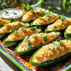 Für diese leckeren Baked Jalapeño Poppers benötigst du einige wichtige Zutaten. Hier sind die Hauptzutaten: - 12 große Jalapeño-Paprika - 225 g Frischkäse, weich gemacht - 1 Tasse geriebener scharfer Cheddar-Käse - 1/2 Tasse geriebener Parmesan-Käse - 2 Knoblauchzehen, fein gehackt Du wirst die Jalapeños als Basis verwenden. Der Frischkäse sorgt für Cremigkeit, während der Cheddar und Parmesan den Geschmack verstärken. Der Knoblauch gibt ein tolles Aroma. Die Gewürze machen das Gericht besonders. Hier sind die Gewürze, die du brauchst: - 1 Teelöffel geräucherte Paprika - 1/2 Teelöffel Kreuzkümmel - 1/4 Teelöffel Cayennepfeffer (je nach gewünschtem Schärfegrad anpassen) - Salz und Pfeffer nach Geschmack Die geräucherte Paprika bringt einen rauchigen Geschmack. Der Kreuzkümmel fügt Tiefe hinzu. Cayennepfeffer gibt Schärfe. Du kannst die Menge anpassen, je nachdem, wie scharf du es magst. Um deine Poppers noch besser zu machen, kannst du einige optionale Zutaten hinzufügen: - 1 Tasse Semmelbrösel (Panko für extra Crunch) - Olivenöl zum Beträufeln Panko sorgt für einen tollen Crunch. Das Olivenöl hilft, die Oberseite goldbraun und knusprig zu werden. Wenn du einen speziellen Geschmack möchtest, kannst du auch frische Kräuter oder Speckwürfel hinzufügen. Für das gesamte Rezept schau dir bitte den [Full Recipe] an. Heizen Sie zuerst Ihren Ofen auf 190 °C vor. Ein heißer Ofen sorgt für knusprige Poppers. Bereiten Sie ein Backblech oder eine Auflaufform vor. Fetten Sie die Form leicht ein, um ein Ankleben zu verhindern. Nehmen Sie die Jalapeños und schneiden Sie sie der Länge nach in zwei Hälften. Achten Sie darauf, dass Sie einen scharfen Messer verwenden. Entfernen Sie die Samen und das innere Häutchen. Wenn Sie es milder mögen, entfernen Sie alles. Mögen Sie es scharf? Lassen Sie einige Samen drin. In einer großen Schüssel vermengen Sie den weichen Frischkäse, den geriebenen Cheddar und den Parmesan. Fügen Sie die fein gehackten Knoblauchzehen hinzu. Geben Sie die geräucherte Paprika, den Kreuzkümmel und den Cayennepfeffer dazu. Rühren Sie alles gut um. Jetzt füllen Sie die Jalapeño-Hälften mit der Käsemischung. Verwenden Sie einen Löffel oder einen Spritzbeutel. Füllen Sie sie großzügig, denn mehr ist besser! Streuen Sie die Panko-Semmelbrösel darüber. Diese geben den Poppers einen tollen Crunch. Beträufeln Sie alles mit etwas Olivenöl. Jetzt sind Ihre Jalapeño Poppers bereit zum Backen. Legen Sie sie mit der Schnittfläche nach oben in die Auflaufform. Sie können das vollständige Rezept für mehr Details nachlesen. Wählen Sie große, frische Jalapeños aus. Sie sollten fest und glänzend sein. Achten Sie auf die Farbe. Dunkelgrüne Jalapeños sind meist reifer und schmackhafter. Vermeiden Sie weiche oder schrumpelige Paprika. Diese sind oft überlagert und weniger aromatisch. Die Schärfe der Jalapeños hängt von den Samen und dem Inneren ab. Entfernen Sie die Samen und die weißen Häutchen für mildere Poppers. Wenn Sie es schärfer mögen, lassen Sie etwas davon dran. Testen Sie eine kleine Stücke der Paprika, um die Schärfe einzuschätzen, bevor Sie die Füllung zubereiten. Heizen Sie den Ofen gut vor. Dies sorgt für eine gleichmäßige Garzeit. Verwenden Sie Panko-Semmelbrösel für extra Crunch. Beträufeln Sie die Oberseite mit Olivenöl. So werden die Poppers knusprig und goldbraun. Backen Sie sie für 20 bis 25 Minuten. Achten Sie darauf, dass der Käse sprudelnd und die Brösel goldig sind. Lassen Sie die Poppers nach dem Backen kurz abkühlen. Dies hilft, die Füllung zu setzen und macht das Essen einfacher. {{image_4}} Du kannst die Füllung deiner Jalapeño Poppers leicht ändern. Probiere zum Beispiel Hackfleisch oder Hähnchen. Eine Mischung aus verschiedenen Käsesorten bringt eine spannende Note. Füge auch Kräuter wie Schnittlauch oder Petersilie hinzu. Diese geben den Poppers mehr Frische und Geschmack. Experimentiere mit verschiedenen Aromen, um deine perfekte Füllung zu finden. Die Toppings machen deine Jalapeño Poppers noch besser. Streue etwas geriebenen Käse obendrauf, bevor du sie backst. Das sorgt für eine goldene, knusprige Kruste. Du kannst auch Speckstücke oder Jalapeño-Ringe hinzufügen. Beides gibt den Poppers einen tollen Crunch und zusätzlichen Geschmack. Ein Spritzer Limettensaft vor dem Servieren bringt Frische ins Spiel. Für vegane Jalapeño Poppers kannst du pflanzlichen Frischkäse verwenden. Nüsse oder Hülsenfrüchte sind gute Alternativen für die Füllung. Achte darauf, glutenfreie Semmelbrösel zu wählen, wenn du glutenfrei kochen möchtest. Diese passen perfekt als Topping. Mit ein wenig Kreativität kannst du köstliche und passende Alternativen kreieren. Wenn du Jalapeño Poppers übrig hast, lagere sie in einem luftdichten Behälter. Stelle sicher, dass sie vollständig abgekühlt sind, bevor du sie verpackst. So bleiben sie frisch. Im Kühlschrank halten sie sich etwa drei bis fünf Tage. Das ist eine gute Methode, um den Geschmack zu bewahren. Möchtest du die Poppers für später aufbewahren? Du kannst sie einfrieren! Lege die gefüllten und ungebackenen Jalapeños auf ein Backblech. Friere sie für ein paar Stunden ein, bis sie fest sind. Danach kannst du sie in einen Gefrierbeutel umfüllen. So bleiben sie bis zu drei Monate frisch. Beim nächsten Mal, wenn du Hunger hast, backe sie einfach direkt aus dem Gefrierschrank. Um die Poppers wieder aufzuwärmen, heize deinen Ofen auf 190 °C vor. Lege die Poppers auf ein Backblech und backe sie etwa 10-15 Minuten. So werden sie schön knusprig und der Käse wird wieder warm. Mikrowellen sind zwar schnell, aber sie machen die Poppers weich. Halte dich an den Ofen für das beste Ergebnis. Die Zubereitung dauert insgesamt etwa 40 Minuten. Davon sind 15 Minuten für die Vorbereitung und 25 Minuten für das Backen. Diese Zeit kann variieren, je nach deiner Küchenerfahrung und deinem Tempo. Wenn du die Zutaten bereit hast, geht es schnell! Ja, du kannst die Poppers im Voraus machen! Fülle die Jalapeños und lege sie in eine Auflaufform. Decke sie dann ab und stelle sie in den Kühlschrank. Du kannst sie bis zu 24 Stunden vorher vorbereiten. Wenn du bereit bist, backe sie einfach wie im Rezept beschrieben. Baked Jalapeño Poppers können eine gesunde Snack-Option sein. Sie enthalten frische Jalapeños und eine Mischung aus Käse. Du kannst die Füllung anpassen, um den Fettgehalt zu senken. Nutze fettarmen Käse oder weniger Käse. Außerdem sind sie eine gute Quelle für Vitamine und Antioxidantien aus den Paprika. Baked Jalapeño Poppers sind einfach zu machen und lecker. Du hast die Hauptzutaten, besonderen Gewürze und optionale Zutaten kennengelernt. Die Schritt-für-Schritt-Anleitung hilft dir beim Zubereiten. Tipps zeigen, wie du die besten Jalapeños auswählst und die Schärfe kontrollierst. Experimente mit verschiedenen Füllungen könnten Spaß machen. Für Reste gibt es einfache Lagerungstipps. Denk daran, Baked Jalapeño Poppers sind ein köstlicher Snack. Probiere sie aus und teile deine Ideen!