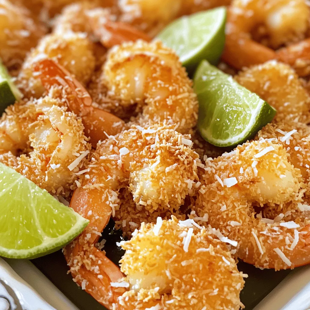 Für dieses Rezept brauchen Sie frische Zutaten. Hier sind die Hauptzutaten: - 450 g große Garnelen, geschält und entdarmt - 120 g Weizenmehl - 2 große Eier - 100 g geraspelte Kokosnuss (gezuckert oder ungezuckert) - 100 g Panko-Toastbrösel - Öl zum Frittieren (Kokos- oder Pflanzenöl) - Limettenviertel für die Servierplatte Die Gewürze bringen Geschmack. Für die perfekte Panade benötigen Sie: - 1 Teelöffel Knoblauchpulver - 1 Teelöffel Paprika - Salz und Pfeffer nach Geschmack Diese Gewürze heben den Geschmack der Garnelen hervor und sorgen für eine tolle Farbe. Um die Garnelen zuzubereiten, brauchen Sie einige Utensilien: - Eine große, tiefe Pfanne oder einen Topf - Flache Schüsseln für die Panade - Einen Schaumlöffel - Küchenpapier für das Abtropfen Diese Utensilien helfen Ihnen, alles reibungslos zu erledigen. Mit diesen Zutaten und Utensilien sind Sie bereit, krosse Kokosnuss-Garnelen zu machen. Schauen Sie sich das Full Recipe an, um die Zubereitung zu starten! Um die Garnelen richtig vorzubereiten, tupfen Sie sie zuerst mit einem Küchentuch trocken. Das hilft, die Feuchtigkeit zu entfernen. Feuchte Garnelen halten die Panade nicht gut. Überprüfen Sie, ob die Garnelen gut geschält und entdarmt sind. So vermeiden Sie unliebsame Überraschungen beim Essen. Jetzt richten wir unsere Panierstation ein. Nehmen Sie drei flache Schüsseln. In der ersten Schüssel mischen Sie das Weizenmehl mit Knoblauchpulver, Paprika, Salz und Pfeffer. In der zweiten Schüssel verquirlen Sie die Eier. In der dritten Schüssel vermengen Sie die geraspelte Kokosnuss mit den Panko-Toastbröseln. Diese Mischung wird die Garnelen schön knusprig machen. Tauchen Sie jede Garnele zuerst in die Mehlmischung. Schütteln Sie das überschüssige Mehl ab. Dann kommt die Garnele in die Eier. Lassen Sie die überschüssige Flüssigkeit abtropfen. Schließlich wälzen Sie die Garnele in der Kokosnuss-Panko-Mischung. Drücken Sie leicht, damit die Panade gut haftet. Erhitzen Sie das Öl in einer großen Pfanne oder einem Topf. Es sollte etwa 1,5 cm hoch sein. Wenn das Öl heiß ist, fügen Sie die panierten Garnelen vorsichtig hinzu. Frittieren Sie sie 2-3 Minuten pro Seite, bis sie goldbraun sind. Verwenden Sie einen Schaumlöffel, um die Garnelen herauszunehmen. Lassen Sie sie auf Küchenpapier abtropfen. Jetzt sind Ihre knusprigen Kokosnuss-Garnelen fertig! Genießen Sie sie heiß mit Limettenvierteln für extra Frische. Für das vollständige Rezept schauen Sie bitte auf die [Full Recipe]. Um eine knusprige Panade zu erzielen, ist die richtige Technik wichtig. Beginnen Sie mit trockenen Garnelen. Tupfen Sie sie gut ab, um Feuchtigkeit zu entfernen. Dies hilft der Panade, besser zu haften. Stellen Sie eine Panierstation auf. Verwenden Sie drei Schalen: eine für Mehl, eine für die Eier und eine für die Kokosnuss-Panko-Mischung. Tauchen Sie die Garnelen zuerst in das Mehl, dann in die Eier und schließlich in die Mischung. Drücken Sie leicht an, damit die Panade gut haftet. Die Öl-Temperatur ist entscheidend für knusprige Garnelen. Erhitzen Sie das Öl auf etwa 175°C. Um zu testen, ob das Öl heiß genug ist, werfen Sie einen kleinen Teelöffel Teig hinein. Wenn es sofort nach oben steigt und brutzelt, ist das Öl bereit. Frittieren Sie die Garnelen portionsweise. Dadurch bleibt die Temperatur stabil und die Garnelen garen gleichmäßig. Ein häufiger Fehler ist, zu viele Garnelen auf einmal zu frittieren. Dies senkt die Öl-Temperatur und macht die Garnelen matschig. Vermeiden Sie auch, die Garnelen zu lange im Öl zu lassen. Frittieren Sie sie nur 2-3 Minuten pro Seite, bis sie goldbraun sind. Lassen Sie die Garnelen nach dem Frittieren auf Küchenpapier abtropfen, um überschüssiges Öl zu entfernen. So bleiben sie schön knusprig und lecker. {{image_4}} Dips machen jedes Gericht besser. Für die krossen Kokosnuss-Garnelen empfehle ich drei Dips. Ein klassischer süßer Chilisauce bringt einen tollen Kontrast. Ebenso passt eine würzige Mango-Salsa perfekt dazu. Für einen frischen Kick können Sie auch eine Limetten-Koriander-Sauce ausprobieren. Diese Dips steigern den Geschmack und machen das Essen aufregender. Nicht jeder isst Garnelen. Eine tolle Option sind Gemüse-Nuggets. Sie können Zucchini, Karotten oder Blumenkohl verwenden. Schneiden Sie das Gemüse in Stücke und panieren Sie es wie die Garnelen. Die Zubereitung bleibt gleich. So haben auch Vegetarier Freude an diesem Rezept. Für mehr Würze können Sie die Garnelen vor dem Panieren marinieren. Verwenden Sie Chili-Pulver, Kreuzkümmel und etwas Limettensaft. Lassen Sie die Garnelen dann etwa 30 Minuten ziehen. Dadurch wird der Geschmack intensiver. Frittieren Sie die Garnelen wie gewohnt. Sie werden überrascht sein, wie gut die Kombination aus Kokosnuss und Gewürzen schmeckt. Für das vollständige Rezept, schauen Sie sich bitte das [Full Recipe] an. Um die Reste der knusprigen Kokosnuss-Garnelen frisch zu halten, lege sie in einen luftdichten Behälter. Stelle sicher, dass die Garnelen vollständig abgekühlt sind, bevor du sie lagerst. So vermeidest du, dass sie weich werden. Verwende ein Papiertuch im Behälter, um Feuchtigkeit zu absorbieren. Das hilft, die Knusprigkeit zu bewahren. Um die Garnelen wieder knusprig zu machen, heize den Ofen auf 180°C vor. Lege die Garnelen auf ein Backblech und backe sie etwa 10 Minuten. Du kannst auch eine Pfanne verwenden. Erhitze etwas Öl bei mittlerer Hitze und brate die Garnelen kurz an. So bleiben sie knusprig und lecker. Die Garnelen sind im Kühlschrank etwa 2 bis 3 Tage haltbar. Achte darauf, sie gut verpackt zu lagern. Nach dieser Zeit können sie an Geschmack verlieren und ihre Textur ändern. Es ist besser, sie frisch zu genießen, um das volle Aroma zu erleben. Um Crispy Coconut Shrimp zu machen, folgen Sie diesen Schritten. Zuerst bereiten Sie die Garnelen vor. Tupfen Sie sie trocken, damit die Panade haftet. Richten Sie dann Ihre Panierstation ein. Mischen Sie Mehl mit Gewürzen in einer Schüssel. Verquirlen Sie die Eier in einer anderen Schüssel. In der dritten Schüssel kombinieren Sie Kokosnuss und Panko. Tauchen Sie jede Garnele in das Mehl, dann in die Eier und schließlich in die Kokosnuss-Panko-Mischung. Frittieren Sie die Garnelen in heißem Öl, bis sie goldbraun sind. Servieren Sie sie heiß mit Limetten. Weitere Details finden Sie im Full Recipe. Kokosnuss-Garnelen schmecken toll mit verschiedenen Dips. Ein klassischer süßer Chili-Dip passt perfekt. Auch eine pikante Mango-Salsa ist eine gute Wahl. Wenn Sie es schärfer mögen, probieren Sie einen würzigen Joghurt-Dip. Diese Dips ergänzen den Geschmack der Garnelen. Sie bringen eine frische Note und passen gut zu den Aromen. Ja, Sie können dieses Rezept auch im Ofen machen. Um dies zu tun, heizen Sie Ihren Ofen auf 200 Grad Celsius vor. Legen Sie die panierten Garnelen auf ein Backblech. Sprühen Sie sie leicht mit Öl ein, um sie knusprig zu machen. Backen Sie die Garnelen für etwa 15 bis 20 Minuten. Wenden Sie sie nach der Hälfte der Zeit, um eine gleichmäßige Bräunung zu erreichen. Dies ist eine gesündere Option, die dennoch lecker ist. Du hast nun alle Schritte, um krosse Kokosnuss-Garnelen zuzubereiten. Wir haben die besten Zutaten, die Zubereitung und nützliche Tipps besprochen. Denke daran, die Garnelen richtig zu panieren und die Temperatur des Öls zu überprüfen. Mit verschiedenen Dips und Variationen kannst du das Gericht anpassen. Halte Reste frisch, damit du länger genießen kannst. Viel Spaß beim Kochen und Experimentieren mit deinen Garnelen!