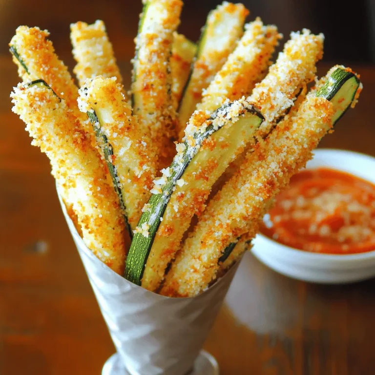 Um köstliche Baked Zucchini Fries zu machen, benötigen Sie folgende Hauptbestandteile: - 2 mittelgroße Zucchini - 1 Tasse Semmelbrösel - ½ Tasse frisch geriebener Parmesan Diese Zutaten bilden das Herzstück der Zucchini Fries. Die Zucchini gibt es in vielen Formen, aber wählen Sie frische, feste Zucchini. Der Parmesan fügt einen tollen Geschmack hinzu. Die Gewürze machen das Gericht besonders schmackhaft. Hier sind die Gewürze: - 1 Teelöffel Knoblauchpulver - 1 Teelöffel Zwiebelpulver - ½ Teelöffel Paprika Diese Gewürze verleihen den Zucchini Fries eine tolle Tiefe. Sie sorgen auch dafür, dass die knusprige Panade nicht langweilig schmeckt. Experimentieren Sie gerne mit mehr Gewürzen, wenn Sie möchten! Zusätzlich brauchen Sie noch ein paar weitere Zutaten: - 2 große Eier - Salz und Pfeffer - Olivenölspray Die Eier helfen, die Panade an den Zucchini zu halten. Salz und Pfeffer bringen den Geschmack hervor. Das Olivenölspray sorgt dafür, dass die Zucchini Fries schön knusprig werden. Diese Kombination macht das Rezept einfach und lecker. Für die vollständige Anleitung schauen Sie sich das [Full Recipe] an. Zuerst schneide ich die Zucchini in dünne Streifen. Diese sollten gleichmäßig sein, damit sie gleichmäßig garen. Danach heize ich den Ofen auf 220°C vor. So sind die Zucchini fries schön knusprig. Jetzt richte ich meine Panierstation ein. In einer Schüssel verquirle ich die Eier. Sie geben der Panade Halt. In einer anderen Schüssel mische ich die Semmelbrösel, den Parmesan, das Knoblauchpulver, Zwiebelpulver, Paprika, Salz und Pfeffer. So ist die Mischung gut gewürzt. Ich tauche jeden Zucchinistreifen zuerst in die Eier. Dann wälze ich sie in der Semmelbröselmischung. Dabei drücke ich leicht, damit die Panade gut haftet. Dies gibt den Zucchini fries die perfekte Textur. Jetzt lege ich die panierten Zucchini auf ein Backblech. Wichtig ist, dass sie in einer einzigen Schicht liegen. So backen sie gleichmäßig. Ich sprühe die Oberseite mit Olivenöl ein, um die Knusprigkeit zu verbessern. Dann backe ich die Zucchini für 20-25 Minuten. Ich wende sie zur Hälfte der Zeit, um eine schöne Bräunung zu erreichen. Nach dem Backen lasse ich sie kurz abkühlen, bevor ich sie serviere. Für das vollständige Rezept, schaue dir die [Full Recipe] an. - Olivenöl richtig verwenden: Sprühen Sie die Zucchini fries mit Olivenölspray. So erreichen Sie die richtige Knusprigkeit. Zu viel Öl macht sie weich. Ein leichter Sprühnebel reicht aus. - Backblech vorbereiten: Legen Sie das Backblech mit Backpapier aus. Das hilft, die Zucchini fries nicht festzukleben. Außerdem sorgt es für eine gleichmäßige Hitzeverteilung beim Backen. - Leckere Dips: Kombinieren Sie die Zucchini fries mit verschiedenen Dips. Marinara-Sauce passt gut dazu. Knoblauch-Aioli bringt einen tollen Geschmack. Diese Dips machen die Zucchini fries noch besser. - Präsentationstipps: Servieren Sie die Zucchini fries in einem kleinen Korb. Legen Sie Backpapier hinein. So sieht es schön aus und bleibt sauber. Ihre Gäste werden begeistert sein! - Nährstoffe in Zucchini: Zucchini enthält viele Vitamine. Sie ist reich an Vitamin C und K. Außerdem hat sie viele Ballaststoffe. Das macht sie gesund und nahrhaft. - Vergleich mit traditionellen Pommes: Zucchini fries sind gesünder als normale Pommes. Sie haben weniger Kalorien und Fett. Außerdem bieten sie mehr Nährstoffe. So können Sie genießen, ohne Schuldgefühle zu haben. {{image_4}} Wenn du auf Gluten achtest, kannst du glutenfreie Semmelbrösel verwenden. Diese sind leicht erhältlich. Sie bieten die gleiche Knusprigkeit. So bleiben deine Zucchini Fries für alle geeignet. Achte darauf, dass die Semmelbrösel wirklich glutenfrei sind. Das ist wichtig für eine sichere Mahlzeit. Die Zucchini Fries lassen sich leicht anpassen. Probiere verschiedene Kräuter und Gewürze aus. Zum Beispiel, Rosmarin oder Oregano bringen neuen Geschmack. Auch Chili-Flocken geben eine scharfe Note. Experimentiere mit dem, was du magst. So bleibt es spannend und lecker. Wenn du keinen Parmesan magst, verwende andere Käsesorten. Mozzarella oder Cheddar sind tolle Alternativen. Sie schmelzen gut und geben einen tollen Geschmack. Probiere auch Veganen Käse für eine pflanzliche Option. So kannst du deine Zucchini Fries nach deinem Geschmack anpassen. Du findest die genaue Anleitung in der [Full Recipe]. Bewahre die Zucchini Fries in einem luftdichten Behälter auf. Lass sie zuerst abkühlen, bevor du sie verpackst. So bleibt ihre Frische erhalten. Sie sind im Kühlschrank etwa 3 bis 4 Tage haltbar. Wenn du sie länger aufbewahren willst, solltest du sie einfrieren. Um die Zucchini Fries einzufrieren, lege sie auf ein Backblech. Achte darauf, dass sie nicht übereinander liegen. Friere sie für 1 bis 2 Stunden ein, bis sie fest sind. Danach kannst du sie in einen luftdichten Beutel umfüllen. So bleiben sie bis zu 3 Monate frisch. Beschrifte den Beutel mit dem Datum, damit du den Überblick behältst. Die besten Methoden zum Aufwärmen sind im Ofen oder in der Luftfritteuse. Heize den Ofen auf 200°C vor. Lege die Zucchini Fries auf ein Backblech und backe sie für 10 bis 15 Minuten. Wenn du eine Luftfritteuse verwendest, stelle sie auf 180°C und erwärme sie für 5 bis 7 Minuten. So werden sie wieder knusprig und lecker. Zucchini Fries bleiben im Kühlschrank für etwa drei Tage frisch. Verwende einen luftdichten Behälter. So bleibt die Knusprigkeit erhalten. Wenn sie warm sind, lass sie abkühlen, bevor du sie lagerst. Für längere Haltbarkeit kannst du die Fries auch einfrieren. Ja, du kannst Zucchini Fries auch frittieren. Frittierte Fries sind oft knuspriger, aber sie enthalten mehr Fett. Das Backen ist gesünder und einfacher. Es gibt weniger Aufräumarbeiten, und du vermeidest die Gefahr von spritzendem Öl. Beliebte Dips sind Marinara und Knoblauch-Aioli. Du kannst auch Joghurt-Dip oder Salsa probieren. Diese Dips ergänzen die Zucchini Fries perfekt. Du kannst sie einfach selbst machen oder im Laden kaufen. Pro Portion hast du etwa 150 Kalorien. Die Zucchini sind kalorienarm und reich an Ballaststoffen. Sie bieten viele Vitamine. Im Vergleich zu normalen Pommes sind sie gesünder. So kannst du deinen Snack genießen, ohne Schuldgefühle zu haben. Diese Zucchini Fries sind einfach lecker und gesund. Wir haben die Zutaten, die Zubereitung und einige Tipps für knusprige Ergebnisse behandelt. Variationen wie glutenfreie Optionen und verschiedene Gewürze geben dir viel Spielraum. Achte auf die Lagerung, um die Zucchini Fries frisch zu halten. Probier sie mit deinen Lieblingsdips aus und genieße die Vielfalt! Nutze die gesunden Nährstoffe aus Zucchini, um deine Snacks zu verbessern. Zucchini Fries sind eine tolle Wahl für einen leichten Genuss.