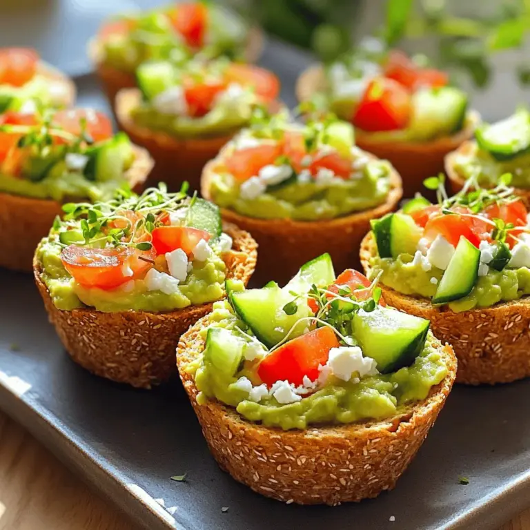 Um die Sunshine Avocado Toast Cups zu machen, brauchst du folgende Zutaten: - 2 große, reife Avocados - 1 Esslöffel Limettensaft - Salz und Pfeffer nach Geschmack - 1 Teelöffel Knoblauchpulver - 1 kleine Tomate, gewürfelt - 1 kleine Gurke, gewürfelt - ½ Tasse Feta-Käse, zerbröselt - 4 Scheiben Vollkornbrot - Frische Mikrogrün oder Petersilie zum Garnieren Die Avocado ist die Hauptzutat. Wähle reife, grüne Avocados. Diese sind weich und cremig. Limettensaft bringt frische und verhindert Braunfärbung. Knoblauchpulver fügt einen tollen Geschmack hinzu. Salz und Pfeffer heben die Aromen. Diese Mischung ist einfach, aber sehr lecker. Du kannst deine Toast Cups anpassen. Probiere gewürfelte Paprika für mehr Farbe. Oder füge Radieschen für einen knackigen Biss hinzu. Für die Gesundheit sind Sprossen oder Spinat auch eine tolle Wahl. Serviere die Toast Cups mit einem kleinen Salat oder einer Suppe. So wird das Gericht noch besser und macht satt. Für das vollständige Rezept und die Zubereitung, schau dir die [Full Recipe] an. Zuerst heizen Sie den Ofen auf 180°C vor. Nehmen Sie die Vollkornbrotscheiben und schneiden Sie jede in Viertel. Mit einem Nudelholz rollen Sie die Stücke leicht aus. So werden sie dünner und knuspriger. Fetten Sie ein Muffinblech mit Olivenöl oder Antihaftspray ein. Drücken Sie dann jedes Stück Brot in die Muffinfächer. So formen Sie kleine Toastbecher. Backen Sie die Becher für etwa 10-12 Minuten. Sie sollten goldbraun und knusprig sein. Während das Brot röstet, nehmen Sie die reifen Avocados. Schneiden Sie sie auf und entfernen Sie die Schale. Geben Sie das Fruchtfleisch in eine Rührschüssel. Fügen Sie den Limettensaft, Salz, Pfeffer und Knoblauchpulver hinzu. Zerdrücken Sie alles mit einer Gabel. Die Mischung sollte cremig sein, aber noch etwas Textur haben. Fügen Sie die gewürfelte Tomate und Gurke hinzu. Rühren Sie sanft um, um alles gut zu vermischen. Sobald die Brotbecher goldbraun sind, nehmen Sie sie vorsichtig aus dem Muffinblech. Lassen Sie sie etwas abkühlen. Füllen Sie jeden Toastbecher großzügig mit der Avocado-Mischung. Achten Sie darauf, dass jeder Becher voll ist. Belegen Sie die Becher mit dem zerbröselten Feta-Käse. Fügen Sie die gewürfelten Tomaten und Gurken hinzu. Zum Schluss garnieren Sie jeden Becher mit frischen Mikrogrün oder Petersilie. So sehen sie frisch und lecker aus. Für das gesamte Rezept, werfen Sie einen Blick auf das Full Recipe. Wählen Sie reife Avocados für den besten Geschmack. Drücken Sie leicht auf die Haut. Sie sollte sanft nachgeben. Achten Sie auf die Farbe. Eine dunkle, matte Haut zeigt Reife. Vermeiden Sie Avocados mit dunklen Flecken. Diese sind oft überreif oder schlecht. Ein häufiger Fehler ist, die Avocados zu lange zu reifen. Lagern Sie sie bei Raumtemperatur. Ein Kühlschrank stoppt die Reifung. Ein anderer Fehler ist, die Avocado zu lange zu zerdrücken. Sie sollte cremig, aber leicht stückig bleiben. Mischen Sie die anderen Zutaten behutsam dazu, um die Textur zu erhalten. Geben Sie jedem Toastbecher eine persönliche Note. Verwenden Sie frische Kräuter wie Petersilie oder Koriander. Diese verleihen Farbe und Geschmack. Fügen Sie bunte Gemüsestücke hinzu. Tomaten und Gurken sorgen für Frische und Crunch. Für einen besonderen Look können Sie die Becher auf einem schönen Teller anrichten. Nutzen Sie ein paar Tropfen Olivenöl oder Balsamico für den letzten Schliff. Für weitere Details schauen Sie sich das Full Recipe an. {{image_4}} Für eine vegane Version der Sunshine Avocado Toast Cups können Sie den Feta-Käse weglassen. Stattdessen können Sie einen veganen Käse oder Nüsse verwenden. Cashewkerne sind eine tolle Wahl. Sie geben einen cremigen Geschmack. Außerdem können Sie die Avocado mit etwas veganem Joghurt mischen. Das bringt eine zusätzliche Frische und macht die Mischung noch cremiger. Sie können die Füllung nach Lust und Laune anpassen. Probieren Sie statt Tomaten und Gurken auch Paprika oder Radieschen. Diese Gemüse bringen einen knackigen Biss. Wenn Sie nicht auf Käse verzichten wollen, verwenden Sie Ziegenkäse oder Parmesan. Diese Käsesorten verleihen den Cups einen besonderen Geschmack und eine feine Note. Die Avocado-Mischung erlaubt viele Gewürze. Fügen Sie etwas Kreuzkümmel oder Paprika hinzu, um einen neuen Twist zu geben. Frische Kräuter wie Koriander oder Dill sorgen für einen aromatischen Kick. Sie können auch Chili-Flocken verwenden, wenn Sie es schärfer mögen. Experimentieren Sie mit verschiedenen Aromen, um Ihre perfekte Mischung zu finden. So wird jedes Mal ein neues Geschmackserlebnis! Die Toastbecher sind am besten frisch. Wenn du Reste hast, lege sie in einen luftdichten Behälter. So bleiben sie bis zu zwei Tage frisch. Stelle den Behälter in den Kühlschrank. Das hält die Becher knusprig und lecker. Verwende die Reste, um neue Snacks zu machen. Du kannst die Avocado-Mischung auf Crackern oder Gemüsesticks genießen. Sie eignet sich auch gut als Aufstrich für Sandwiches. So verschwendest du nichts und genießt neue Geschmäcker. Um die Avocado-Mischung frisch zu halten, füge etwas mehr Limettensaft hinzu. Der Saft verhindert, dass die Avocado oxidiert. Decke die Mischung gut ab, um Luft zu vermeiden. Nutze einen luftdichten Behälter, um die Frische zu bewahren. Für den besten Geschmack, genieße die Mischung innerhalb von einem Tag. Um die Avocado-Mischung frisch zu halten, benutze Limettensaft. Der Saft hilft, die Farbe zu erhalten. Lagere die Mischung in einem luftdichten Behälter im Kühlschrank. Lege etwas Frischhaltefolie direkt auf die Oberfläche der Mischung, um Luft zu vermeiden. So bleibt sie länger grün und lecker. Ja, du kannst die Toastbecher im Voraus machen. Backe die Becher und lasse sie abkühlen. Lagere sie in einer luftdichten Box. Wenn du bereit bist zu essen, fülle sie einfach mit der Avocado-Mischung und dem Gemüse. So sparst du Zeit und kannst sie schnell servieren. Für glutenfreie Optionen kannst du glutenfreies Brot verwenden. Es gibt viele leckere Sorten auf dem Markt. Du kannst auch kleine Reiskekse oder Mais-Tortillas nutzen. Diese Alternativen sind knusprig und passen gut zur Avocado-Mischung. Experimentiere mit verschiedenen Texturen, um deinen perfekten Toastbecher zu finden. In diesem Blogbeitrag habe ich die wichtigsten Zutaten für Avocado-Toast behandelt. Ich habe erklärt, wie du die perfekten Toastbecher zubereitest und gegeben, Tipps für ansprechende Anrichtungen. Du kannst auch Variationen ausprobieren, die vegan oder glutenfrei sind. Denke daran, die Avocado gut zu lagern und Reste clever zu nutzen. Nutze die Schritte, um leckere und kreative Toastbecher zu machen. Experimentiere und finde deine Lieblingskombination. Egal ob für Frühstück oder Snack, Avocado-Toast ist immer eine gute Wahl.