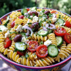 - Rotini-Nudeln - Kirschtomaten und Gurke - Kalamata-Oliven und Feta-Käse Die Hauptzutaten machen diesen Nudelsalat frisch und bunt. Rotini-Nudeln sind perfekt. Sie halten das Dressing gut fest. Kirschtomaten bringen Süße, während Gurken Frische hinzufügen. Kalamata-Oliven geben einen salzigen Geschmack. Feta-Käse verleiht dem Salat eine cremige Textur. Diese Zutaten sorgen für ein tolles Erlebnis. - Olivenöl und Rotweinessig - Gewürze: Oregano, Salz und Pfeffer Das Dressing ist einfach und lecker. Olivenöl sorgt für einen reichen Geschmack. Rotweinessig bringt eine belebende Säure. Oregano ist klassisch in der griechischen Küche. Salz und Pfeffer runden alles ab. Diese Kombination macht den Salat besonders. - Portionsgröße: 4 - Kalorien und Nährwerte pro Portion: ca. 350 Kalorien Die Portionsgröße ist ideal für ein leichtes Mittagessen oder eine Beilage. Jede Portion hat etwa 350 Kalorien. Du bekommst viele Nährstoffe durch das Gemüse und Olivenöl. Dieser Salat ist gesund und sättigend. Für die genaue Nährwertangabe schaue dir die Full Recipe an. Um den perfekten griechischen Nudelsalat zu machen, beginnen wir mit den Nudeln. Ich empfehle, 230 g Rotini-Nudeln zu verwenden. Kochen Sie die Nudeln nach den Anweisungen auf der Verpackung. Es ist wichtig, sie al dente zu garen. Das bedeutet, sie sollten weich, aber noch bissfest sein. Nach dem Kochen gießen Sie die Nudeln in ein Sieb. Lassen Sie das Wasser ablaufen. Danach spülen Sie die Nudeln unter kaltem Wasser ab. Das stoppt den Kochprozess und kühlt sie ab. Jetzt kommt der Spaß! In einer großen Schüssel mischen Sie die gekochten Nudeln mit frischem Gemüse. Fügen Sie 240 ml Kirschtomaten hinzu, die Sie halbiert haben. Dann kommt eine gewürfelte Gurke dazu. Vergessen Sie nicht die rote Zwiebel! Eine halbe Tasse, fein gehackt, bringt viel Geschmack. Jetzt ist es Zeit für die Kalamata-Oliven. Nehmen Sie eine halbe Tasse, entsteinen Sie sie und schneiden Sie sie in Scheiben. Der letzte Schritt in dieser Phase ist der Feta-Käse. Verwenden Sie 240 g, zerbröckelt. Mischen Sie alles gut zusammen. Das Dressing macht den Salat besonders lecker. In einer kleinen Schüssel kombinieren Sie 60 ml Olivenöl und 2 Esslöffel Rotweinessig. Dann fügen Sie einen Teelöffel getrockneten Oregano hinzu. Würzen Sie das Ganze mit Salz und Pfeffer nach Geschmack. Jetzt whisken Sie alles gut, bis es gut vermischt ist. Gießen Sie das Dressing gleichmäßig über den Salat. Mischen Sie alles sanft, damit alle Zutaten gut bedeckt sind. Zum Schluss heben Sie 1/4 Tasse gehackte Petersilie unter. Lassen Sie den Salat für mindestens 30 Minuten im Kühlschrank ruhen. So verbinden sich die Aromen. Für die vollständige Zubereitung schauen Sie sich das [Full Recipe] an. Um die besten Nudeln für Ihren griechischen Nudelsalat zu kochen, beachten Sie diese Tipps: - Kochen Sie die Rotini-Nudeln in viel Salzwasser. - Halten Sie sich an die Kochzeit auf der Verpackung, meistens etwa 8 bis 10 Minuten. - Testen Sie die Nudeln ein oder zwei Minuten vor dem Ende der Zeit. Sie sollten al dente sein, also bissfest. Nach dem Kochen sollten Sie die Nudeln gut abgießen. Spülen Sie sie sofort mit kaltem Wasser ab. Das stoppt den Kochprozess und hilft, die Nudeln abzukühlen. Abgekühlte Nudeln nehmen das Dressing besser auf und sind angenehm frisch. Frische Kräuter bringen viel Geschmack. Petersilie ist eine tolle Wahl. Sie können auch frischen Oregano oder Basilikum hinzufügen. Diese Kräuter geben dem Salat einen lebhaften Geschmack. Klein gehackt, streuen Sie sie einfach über die gekochten Nudeln. Zusätzlich können Sie Gewürze wie Paprika oder Knoblauchpulver verwenden. Sie bringen eine neue Dimension. Experimentieren Sie ruhig mit den Mengen, bis es Ihnen schmeckt. Die Präsentation ist wichtig. Servieren Sie den Nudelsalat in einer großen, bunten Schüssel. Das sieht einladend aus. Dekorieren Sie die Oberseite mit mehr Feta-Käse und frischer Petersilie. Diese Farben machen den Salat ansprechend. Für Beilagen sind gegrilltes Brot oder ein leichter Joghurt-Dip passend. Sie ergänzen den Salat perfekt und machen das Essen noch köstlicher. Wenn Sie mehr Inspiration suchen, schauen Sie sich den Full Recipe an. {{image_4}} Eine einfache Möglichkeit, den griechischen Nudelsalat anzupassen, ist die Wahl des Käses. Sie können den Feta durch andere Käsesorten ersetzen. Ziegenkäse oder Mozzarella passen gut. Diese Käsesorten bringen unterschiedliche Texturen und Geschmäcker. Experimentieren Sie ruhig mit verschiedenen Sorten. Zusätzlich können Sie extra Gemüsesorten hinzufügen. Paprika, Radieschen oder sogar Avocado machen den Salat bunter und nährstoffreicher. Diese Variationen bieten neue Aromen und machen den Salat noch interessanter. Ein weiterer toller Ansatz ist, Hühnchen oder Kichererbsen hinzuzufügen. Hühnchen verleiht dem Salat mehr Substanz und macht ihn sättigender. Kichererbsen sind eine hervorragende pflanzliche Proteinquelle. Sie sind zudem sehr nahrhaft und passen gut zu den anderen Zutaten. Für eine proteinreiche Variante empfehle ich, das Hühnchen zu grillen oder zu braten. Achten Sie darauf, das Fleisch gut zu würzen. Dadurch wird der Geschmack lebendiger und intensiver. Für glutenfreie Alternativen verwenden Sie spezielle Pastaformen. Es gibt viele Sorten aus Reis, Quinoa oder Linsen. Diese Pasta ist leicht und bietet eine gute Basis für den Salat. Darüber hinaus können Sie weitere glutenfreie Zutaten hinzufügen. Zum Beispiel, frische Kräuter oder Nüsse. Diese Ergänzungen sorgen für zusätzliche Texturen und Aromen. So bleibt Ihr Salat nicht nur glutenfrei, sondern auch spannend und lecker. Um das vollständige Rezept zu sehen, schauen Sie sich den Abschnitt „Full Recipe“ an. Der griechische Nudelsalat ist am besten, wenn er frisch ist. Bewahren Sie ihn im Kühlschrank auf. Legen Sie den Salat in einen luftdichten Behälter. So bleibt er frisch und lecker. Im Kühlschrank hält sich der Salat bis zu drei Tage. Nach diesen Tagen kann er an Geschmack verlieren. Überprüfen Sie immer die Zutaten. Wenn etwas unappetitlich aussieht, werfen Sie es weg. Das Einfrieren von Nudelsalat ist nicht ideal. Die Textur kann sich ändern, und das Gemüse wird matschig. Wenn Sie dennoch einfrieren möchten, verwenden Sie einen luftdichten Behälter. Lassen Sie Platz für die Ausdehnung. Zum Aufwärmen tauen Sie den Salat im Kühlschrank auf. Verwenden Sie ihn dann sofort. Es ist besser, frischen Salat zu genießen. Haben Sie Reste? Nutzen Sie sie kreativ! Fügen Sie die Reste zu einer Omelette hinzu. Mischen Sie sie in eine Suppe oder einen Wrap. So vermeiden Sie Abfall und genießen neue Gerichte. Der griechische Nudelsalat passt auch gut zu gegrilltem Fleisch oder Fisch. Seien Sie kreativ und genießen Sie den frischen Geschmack! Der griechische Nudelsalat bleibt im Kühlschrank frisch. Er kann bis zu drei Tage aufbewahrt werden. Lagern Sie ihn in einem luftdichten Behälter. Achten Sie darauf, die Zutaten gut zu mischen, bevor Sie den Salat servieren. So bleibt er lecker und saftig. Nach ein paar Tagen kann der Salat etwas trockener werden. Fügen Sie einfach einen Spritzer Olivenöl hinzu, um ihn aufzufrischen. Ja, das Rezept lässt sich leicht vegan gestalten. Ersetzen Sie den Feta-Käse durch eine pflanzliche Alternative. Tofu oder Cashewkäse sind gute Optionen. Diese geben dem Salat einen ähnlichen Geschmack. Sie können auch mehr frisches Gemüse hinzufügen, um den Salat bunter und nahrhafter zu machen. Verwenden Sie zusätzlich eine vegane Vinaigrette oder einfach mehr Olivenöl und Essig. Der griechische Nudelsalat passt gut zu vielen Gerichten. Servieren Sie ihn mit gegrilltem Hühnchen oder Fisch. Das gibt eine schöne Proteinquelle dazu. Auch Fladenbrot oder Pita sind tolle Beilagen. Für Getränke empfehle ich einen leichten Weißwein oder ein frisches Zitronenwasser. Diese bringen die Aromen des Salats noch besser zur Geltung. Der griechische Nudelsalat ist einfach und gesund. Die Hauptzutaten, wie Rotini, frisches Gemüse und Feta, bringen viel Geschmack. Mit dem passenden Dressing aus Olivenöl und Gewürzen wird er zum Hit. Du kannst ihn sogar anpassen, um verschiedene Vorlieben zu berücksichtigen. Achte darauf, ihn richtig zu lagern und verwende Reste kreativ. Dieser Salat ist perfekt für jeden Anlass. Genieße die Aromen und teile deinen leckeren Nudelsalat mit Freunden und Familie!