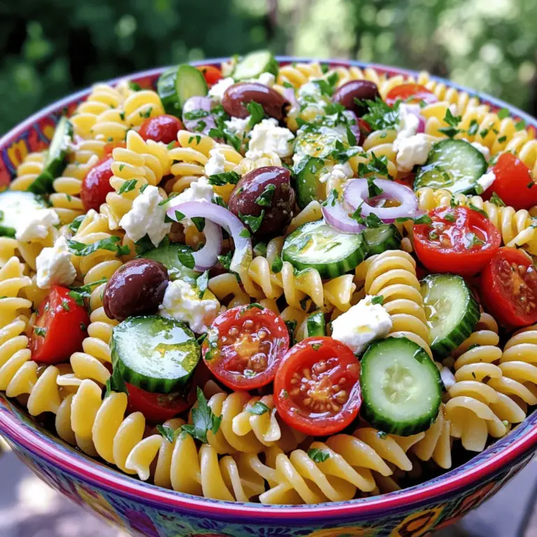 - Rotini-Nudeln - Kirschtomaten und Gurke - Kalamata-Oliven und Feta-Käse Die Hauptzutaten machen diesen Nudelsalat frisch und bunt. Rotini-Nudeln sind perfekt. Sie halten das Dressing gut fest. Kirschtomaten bringen Süße, während Gurken Frische hinzufügen. Kalamata-Oliven geben einen salzigen Geschmack. Feta-Käse verleiht dem Salat eine cremige Textur. Diese Zutaten sorgen für ein tolles Erlebnis. - Olivenöl und Rotweinessig - Gewürze: Oregano, Salz und Pfeffer Das Dressing ist einfach und lecker. Olivenöl sorgt für einen reichen Geschmack. Rotweinessig bringt eine belebende Säure. Oregano ist klassisch in der griechischen Küche. Salz und Pfeffer runden alles ab. Diese Kombination macht den Salat besonders. - Portionsgröße: 4 - Kalorien und Nährwerte pro Portion: ca. 350 Kalorien Die Portionsgröße ist ideal für ein leichtes Mittagessen oder eine Beilage. Jede Portion hat etwa 350 Kalorien. Du bekommst viele Nährstoffe durch das Gemüse und Olivenöl. Dieser Salat ist gesund und sättigend. Für die genaue Nährwertangabe schaue dir die Full Recipe an. Um den perfekten griechischen Nudelsalat zu machen, beginnen wir mit den Nudeln. Ich empfehle, 230 g Rotini-Nudeln zu verwenden. Kochen Sie die Nudeln nach den Anweisungen auf der Verpackung. Es ist wichtig, sie al dente zu garen. Das bedeutet, sie sollten weich, aber noch bissfest sein. Nach dem Kochen gießen Sie die Nudeln in ein Sieb. Lassen Sie das Wasser ablaufen. Danach spülen Sie die Nudeln unter kaltem Wasser ab. Das stoppt den Kochprozess und kühlt sie ab. Jetzt kommt der Spaß! In einer großen Schüssel mischen Sie die gekochten Nudeln mit frischem Gemüse. Fügen Sie 240 ml Kirschtomaten hinzu, die Sie halbiert haben. Dann kommt eine gewürfelte Gurke dazu. Vergessen Sie nicht die rote Zwiebel! Eine halbe Tasse, fein gehackt, bringt viel Geschmack. Jetzt ist es Zeit für die Kalamata-Oliven. Nehmen Sie eine halbe Tasse, entsteinen Sie sie und schneiden Sie sie in Scheiben. Der letzte Schritt in dieser Phase ist der Feta-Käse. Verwenden Sie 240 g, zerbröckelt. Mischen Sie alles gut zusammen. Das Dressing macht den Salat besonders lecker. In einer kleinen Schüssel kombinieren Sie 60 ml Olivenöl und 2 Esslöffel Rotweinessig. Dann fügen Sie einen Teelöffel getrockneten Oregano hinzu. Würzen Sie das Ganze mit Salz und Pfeffer nach Geschmack. Jetzt whisken Sie alles gut, bis es gut vermischt ist. Gießen Sie das Dressing gleichmäßig über den Salat. Mischen Sie alles sanft, damit alle Zutaten gut bedeckt sind. Zum Schluss heben Sie 1/4 Tasse gehackte Petersilie unter. Lassen Sie den Salat für mindestens 30 Minuten im Kühlschrank ruhen. So verbinden sich die Aromen. Für die vollständige Zubereitung schauen Sie sich das [Full Recipe] an. Um die besten Nudeln für Ihren griechischen Nudelsalat zu kochen, beachten Sie diese Tipps: - Kochen Sie die Rotini-Nudeln in viel Salzwasser. - Halten Sie sich an die Kochzeit auf der Verpackung, meistens etwa 8 bis 10 Minuten. - Testen Sie die Nudeln ein oder zwei Minuten vor dem Ende der Zeit. Sie sollten al dente sein, also bissfest. Nach dem Kochen sollten Sie die Nudeln gut abgießen. Spülen Sie sie sofort mit kaltem Wasser ab. Das stoppt den Kochprozess und hilft, die Nudeln abzukühlen. Abgekühlte Nudeln nehmen das Dressing besser auf und sind angenehm frisch. Frische Kräuter bringen viel Geschmack. Petersilie ist eine tolle Wahl. Sie können auch frischen Oregano oder Basilikum hinzufügen. Diese Kräuter geben dem Salat einen lebhaften Geschmack. Klein gehackt, streuen Sie sie einfach über die gekochten Nudeln. Zusätzlich können Sie Gewürze wie Paprika oder Knoblauchpulver verwenden. Sie bringen eine neue Dimension. Experimentieren Sie ruhig mit den Mengen, bis es Ihnen schmeckt. Die Präsentation ist wichtig. Servieren Sie den Nudelsalat in einer großen, bunten Schüssel. Das sieht einladend aus. Dekorieren Sie die Oberseite mit mehr Feta-Käse und frischer Petersilie. Diese Farben machen den Salat ansprechend. Für Beilagen sind gegrilltes Brot oder ein leichter Joghurt-Dip passend. Sie ergänzen den Salat perfekt und machen das Essen noch köstlicher. Wenn Sie mehr Inspiration suchen, schauen Sie sich den Full Recipe an. {{image_4}} Eine einfache Möglichkeit, den griechischen Nudelsalat anzupassen, ist die Wahl des Käses. Sie können den Feta durch andere Käsesorten ersetzen. Ziegenkäse oder Mozzarella passen gut. Diese Käsesorten bringen unterschiedliche Texturen und Geschmäcker. Experimentieren Sie ruhig mit verschiedenen Sorten. Zusätzlich können Sie extra Gemüsesorten hinzufügen. Paprika, Radieschen oder sogar Avocado machen den Salat bunter und nährstoffreicher. Diese Variationen bieten neue Aromen und machen den Salat noch interessanter. Ein weiterer toller Ansatz ist, Hühnchen oder Kichererbsen hinzuzufügen. Hühnchen verleiht dem Salat mehr Substanz und macht ihn sättigender. Kichererbsen sind eine hervorragende pflanzliche Proteinquelle. Sie sind zudem sehr nahrhaft und passen gut zu den anderen Zutaten. Für eine proteinreiche Variante empfehle ich, das Hühnchen zu grillen oder zu braten. Achten Sie darauf, das Fleisch gut zu würzen. Dadurch wird der Geschmack lebendiger und intensiver. Für glutenfreie Alternativen verwenden Sie spezielle Pastaformen. Es gibt viele Sorten aus Reis, Quinoa oder Linsen. Diese Pasta ist leicht und bietet eine gute Basis für den Salat. Darüber hinaus können Sie weitere glutenfreie Zutaten hinzufügen. Zum Beispiel, frische Kräuter oder Nüsse. Diese Ergänzungen sorgen für zusätzliche Texturen und Aromen. So bleibt Ihr Salat nicht nur glutenfrei, sondern auch spannend und lecker. Um das vollständige Rezept zu sehen, schauen Sie sich den Abschnitt „Full Recipe“ an. Der griechische Nudelsalat ist am besten, wenn er frisch ist. Bewahren Sie ihn im Kühlschrank auf. Legen Sie den Salat in einen luftdichten Behälter. So bleibt er frisch und lecker. Im Kühlschrank hält sich der Salat bis zu drei Tage. Nach diesen Tagen kann er an Geschmack verlieren. Überprüfen Sie immer die Zutaten. Wenn etwas unappetitlich aussieht, werfen Sie es weg. Das Einfrieren von Nudelsalat ist nicht ideal. Die Textur kann sich ändern, und das Gemüse wird matschig. Wenn Sie dennoch einfrieren möchten, verwenden Sie einen luftdichten Behälter. Lassen Sie Platz für die Ausdehnung. Zum Aufwärmen tauen Sie den Salat im Kühlschrank auf. Verwenden Sie ihn dann sofort. Es ist besser, frischen Salat zu genießen. Haben Sie Reste? Nutzen Sie sie kreativ! Fügen Sie die Reste zu einer Omelette hinzu. Mischen Sie sie in eine Suppe oder einen Wrap. So vermeiden Sie Abfall und genießen neue Gerichte. Der griechische Nudelsalat passt auch gut zu gegrilltem Fleisch oder Fisch. Seien Sie kreativ und genießen Sie den frischen Geschmack! Der griechische Nudelsalat bleibt im Kühlschrank frisch. Er kann bis zu drei Tage aufbewahrt werden. Lagern Sie ihn in einem luftdichten Behälter. Achten Sie darauf, die Zutaten gut zu mischen, bevor Sie den Salat servieren. So bleibt er lecker und saftig. Nach ein paar Tagen kann der Salat etwas trockener werden. Fügen Sie einfach einen Spritzer Olivenöl hinzu, um ihn aufzufrischen. Ja, das Rezept lässt sich leicht vegan gestalten. Ersetzen Sie den Feta-Käse durch eine pflanzliche Alternative. Tofu oder Cashewkäse sind gute Optionen. Diese geben dem Salat einen ähnlichen Geschmack. Sie können auch mehr frisches Gemüse hinzufügen, um den Salat bunter und nahrhafter zu machen. Verwenden Sie zusätzlich eine vegane Vinaigrette oder einfach mehr Olivenöl und Essig. Der griechische Nudelsalat passt gut zu vielen Gerichten. Servieren Sie ihn mit gegrilltem Hühnchen oder Fisch. Das gibt eine schöne Proteinquelle dazu. Auch Fladenbrot oder Pita sind tolle Beilagen. Für Getränke empfehle ich einen leichten Weißwein oder ein frisches Zitronenwasser. Diese bringen die Aromen des Salats noch besser zur Geltung. Der griechische Nudelsalat ist einfach und gesund. Die Hauptzutaten, wie Rotini, frisches Gemüse und Feta, bringen viel Geschmack. Mit dem passenden Dressing aus Olivenöl und Gewürzen wird er zum Hit. Du kannst ihn sogar anpassen, um verschiedene Vorlieben zu berücksichtigen. Achte darauf, ihn richtig zu lagern und verwende Reste kreativ. Dieser Salat ist perfekt für jeden Anlass. Genieße die Aromen und teile deinen leckeren Nudelsalat mit Freunden und Familie!