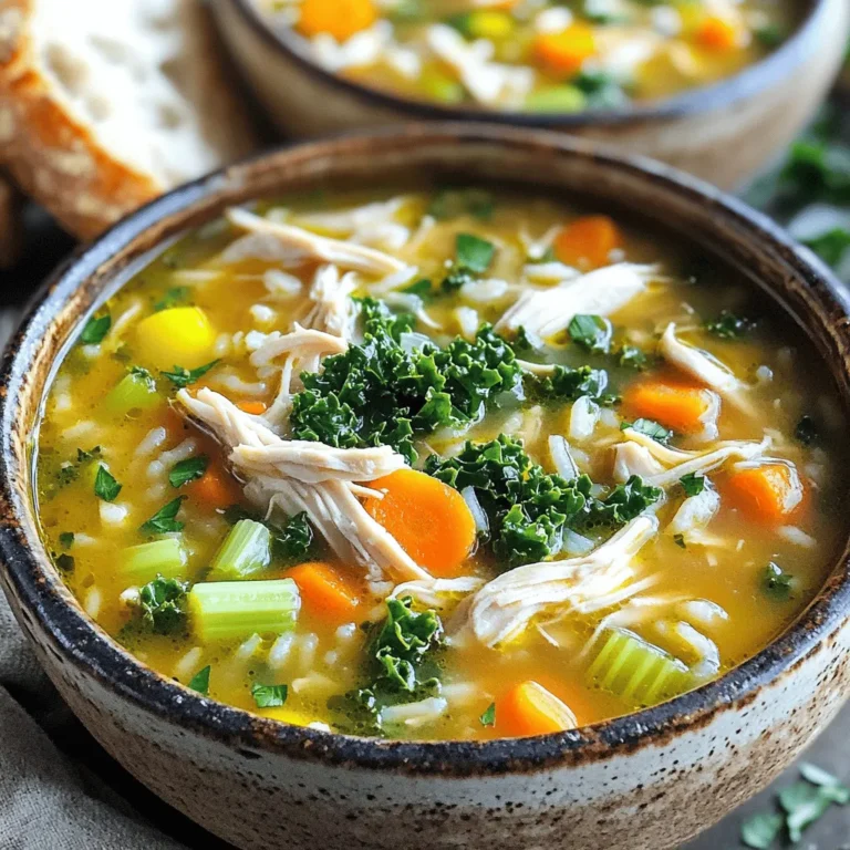 Erhitze in einem großen Topf das Olivenöl bei mittlerer Hitze. Füge die gewürfelte Zwiebel und den Knoblauch hinzu. Brate sie an, bis die Zwiebel glasig ist, etwa 3-4 Minuten. Das bringt viel Geschmack. Jetzt gib die gewürfelten Karotten und den Sellerie in den Topf. Lasse die Mischung weitere 5-6 Minuten garen. Das Gemüse soll leicht weich werden. Es sorgt für eine schöne Textur in der Suppe. Jetzt ist es Zeit, die Brühe hinzuzufügen. Gieße die Hühnerbrühe dazu und bringe die Suppe sanft zum Kochen. Achte darauf, dass die Brühe gut heiß wird. Sobald die Suppe kocht, füge den Langkornreis und das zerrupfte Hähnchen hinzu. Reduziere die Hitze und lasse die Suppe 15-20 Minuten köcheln. Der Reis braucht Zeit, um gar zu werden. Rühre nun den gehackten Grünkohl oder Spinat ein. Koche die Suppe für zusätzliche 2-3 Minuten. Das Grün welkt und wird weich. Schmecke die Suppe mit Salz und Pfeffer ab. Nimm den Topf vom Herd und lasse die Suppe einige Minuten ruhen. So können sich die Aromen entfalten. Für mehr Details, schau dir das [Full Recipe] an. Um deiner Hühnchen-Reis Suppe mehr Geschmack zu geben, kannst du einige einfache Schritte machen. - Zusätzliche Gewürze oder frische Kräuter: Füge etwas Paprika oder Kurkuma hinzu, um mehr Tiefe zu erreichen. Frische Kräuter wie Basilikum oder Thymian bringen frische Aromen. Sie sind ideal für die Garnierung. - Verwendung von anderen Gemüsearten: Möhren und Sellerie sind klasse, aber du kannst auch Erbsen oder Zucchini verwenden. Diese Gemüse sind gesund und passen gut zur Suppe. Sie bringen neue Texturen und Farben. Wenn du besondere Diäten hast, gibt es tolle Alternativen für die Suppe. - Glutenfreie Zutaten: Nutze glutenfreien Reis oder Quinoa anstelle von normalem Reis. So bleibt die Suppe für alle gut genießbar. - Vegetarische Alternativen: Ersetze das Hähnchen durch Kichererbsen oder Linsen. Diese Optionen sind nahrhaft und machen die Suppe sättigend. Du kannst auch Gemüsebrühe statt Hühnerbrühe verwenden. Mit diesen Tipps wird deine Suppe vielseitig und lecker. Du kannst sie immer wieder neu entdecken! Schau dir das [Full Recipe] an, um alle Schritte zu sehen. {{image_4}} Um die Hühnchen und Reis Suppe frisch zu halten, lagere sie im Kühlschrank. Fülle die Suppe in ein luftdichtes Gefäß. So bleibt sie bis zu drei Tage frisch. Wenn du die Suppe länger aufbewahren möchtest, kannst du sie einfrieren. Fülle die Suppe in gefriergeeignete Behälter. Achte darauf, etwas Platz zu lassen, da sich die Suppe beim Gefrieren ausdehnt. Die Suppe hält sich bis zu drei Monate im Gefrierfach. Wenn du die Suppe aufwärmen möchtest, hast du zwei Möglichkeiten: die Mikrowelle oder den Herd. Für die Mikrowelle gieße die Suppe in eine mikrowellengeeignete Schüssel. Decke die Schüssel mit einem feuchten Papiertuch ab. Erhitze die Suppe in 1-2 Minuten Intervallen. Rühre zwischendurch um, bis sie gleichmäßig heiß ist. Wenn du den Herd bevorzugst, gieße die Suppe in einen Topf. Erhitze sie bei mittlerer Hitze und rühre oft um. Dies sorgt dafür, dass die Suppe gleichmäßig warm wird. Vergewissere dich, dass die Suppe gut durchgewärmt ist, bevor du sie servierst. Die einfache Hühnchen und Reis Suppe hat etwa 250 bis 300 Kalorien pro Portion. Das variiert je nach den verwendeten Zutaten. Diese Suppe ist eine nahrhafte Wahl. Sie bietet gute Mengen an Proteinen, Kohlenhydraten und gesunden Fetten. Die wichtigsten Vitamine und Mineralien in dieser Suppe sind: - Vitamin A aus Karotten - Vitamin K aus Grünkohl oder Spinat - Calcium aus Grünkohl - Eisen aus Hühnerbrühe Diese Nährstoffe unterstützen unsere Gesundheit. Sie stärken das Immunsystem und helfen bei der Heilung. Hühnerbrühe ist ein echter Held in dieser Suppe. Sie enthält Gelatine und Aminosäuren, die gut für unsere Gelenke sind. Diese Brühe kann auch helfen, den Körper zu hydratisieren. Grünkohl oder Spinat bringt viele Vorteile mit sich. Diese grünen Blätter sind reich an Antioxidantien. Sie helfen, Entzündungen zu reduzieren und das Herz zu schützen. Die Kombination dieser Zutaten macht die Suppe nicht nur lecker, sondern auch sehr gesund. Ein Grund mehr, diese einfache Hühnchen und Reis Suppe zu probieren. Für das vollständige Rezept, schaue dir die [Full Recipe] an. Die Hühnchen-Reis Suppe hält sich gut für 3 bis 4 Tage im Kühlschrank. Um die Suppe frisch zu halten, lege sie in einen luftdichten Behälter. So bleibt der Geschmack und die Textur besser erhalten. Wenn du die Suppe länger aufbewahren möchtest, kannst du sie im Gefrierbeutel einfrieren. Achte darauf, die Luft herauszudrücken, bevor du sie verschließt. So kannst du die Suppe bis zu 3 Monate aufbewahren. Ja, du kannst statt Reis auch Nudeln verwenden. Das gibt der Suppe einen neuen Geschmack. Wähle kleine Nudeln wie Fusilli oder Penne. Koche die Nudeln in der Suppe, bis sie weich sind. Sie brauchen weniger Zeit als Reis, also füge sie später hinzu. So bleiben sie al dente und matschen nicht. Experimentiere mit verschiedenen Nudeln, um deine persönliche Lieblingsversion zu finden. Ja, diese Suppe ist sehr kinderfreundlich. Sie ist mild im Geschmack und enthält gesunde Zutaten. Wenn du möchtest, kannst du die Gewürze reduzieren. Das macht die Suppe noch sanfter. Füge kleinere Stücke Hähnchen und Gemüse hinzu, damit Kinder sie leichter essen können. Du kannst auch mit verschiedenen Gemüsesorten experimentieren, um die Vorlieben deiner Kinder zu treffen. Diese Hühnchen-Reis Suppe ist einfach zu machen und nahrhaft. Wir haben die Hauptzutaten wie Hähnchen, Gemüse und Gewürze betrachtet. Dann habe ich gezeigt, wie man die Suppe Schritt für Schritt zubereitet und einige Tipps für Abwandlungen gegeben. Achten Sie darauf, die Suppe gut zu lagern, um die Frische zu bewahren. Diese Suppe ist nicht nur lecker, sondern auch gesund. Probieren Sie es aus und genießen Sie die Vorteile der Zutaten!