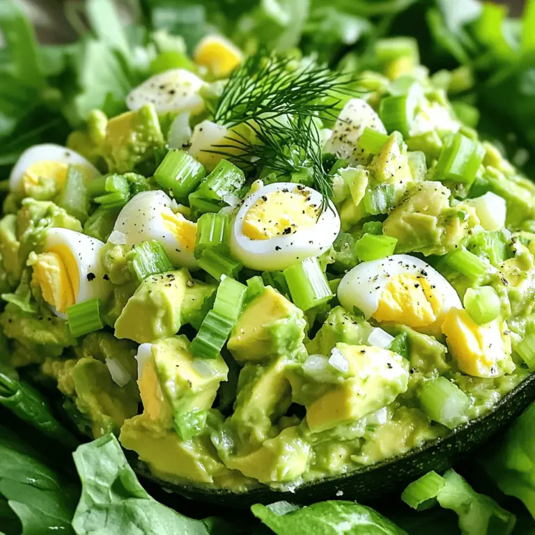 - 4 große Eier - 1 reife Avocado - 2 Esslöffel griechischer Joghurt Die Hauptzutaten sind einfach und gesund. Eier sind eine hervorragende Proteinquelle. Sie geben dem Salat eine schöne Textur. Die Avocado bringt gesunde Fette und einen cremigen Geschmack. Griechischer Joghurt macht das Ganze noch reichhaltiger. Er ersetzt schwere Mayonnaise und macht das Rezept leichter. - 1 Esslöffel Dijon-Senf - 1 Esslöffel Zitronensaft - 2 Frühlingszwiebeln, fein gehackt - 1 kleine Selleriestange, fein gewürfelt Diese zusätzlichen Zutaten bringen frische Aromen. Dijon-Senf fügt einen tollen Kick hinzu. Zitronensaft sorgt für Säure und Frische. Frühlingszwiebeln und Sellerie geben einen knusprigen Biss. Diese Zutaten machen den Salat lebendig und lecker. - Dill oder Koriander Frische Kräuter sind das i-Tüpfelchen. Dill bringt einen leichten Anisgeschmack. Koriander hat eine frische, zesty Note. Beide Kräuter machen den Salat noch ansprechender. Verwenden Sie sie nach Ihrem Geschmack. Sie können auch ganz wegbleiben, wenn Sie möchten. Für die vollständige Rezeptanleitung schauen Sie sich das Full Recipe an. - Fülle einen mittelgroßen Topf mit Wasser. - Bringe das Wasser zum Kochen. - Lege die Eier vorsichtig ins Wasser. - Reduziere die Hitze auf mittlere Stufe. - Lasse die Eier 10-12 Minuten köcheln, bis sie hart sind. - Nach dem Kochen, nimm die Eier aus dem Wasser. - Lege sie für 5 Minuten in ein Eisbad. - Nimm die reife Avocado und schneide sie auf. - Entferne den Kern und löffle das Fruchtfleisch heraus. - Zerdrücke die Avocado in einer Rührschüssel. - Mache die Avocado schön cremig, ohne Klumpen. - Schale die abgekühlten Eier und schneide sie klein. - Füge die Eier zur zerdrückten Avocado hinzu. - Gib griechischen Joghurt, Dijon-Senf und Zitronensaft dazu. - Mische alles gut, bis es gleichmäßig aussieht. - Füge die fein gehackten Frühlingszwiebeln und den Sellerie hinzu. - Schmecke mit Salz und Pfeffer ab. - Wenn du magst, lasse den Salat 30 Minuten im Kühlschrank. Für das vollständige Rezept schau dir das Full Recipe an. Um die perfekten Eier zu kochen, bringe zuerst einen Topf mit Wasser zum Kochen. Gib die Eier vorsichtig hinein. Reduziere die Hitze und lasse die Eier 10 bis 12 Minuten köcheln. Diese Zeit sorgt für hartgekochte Eier. Nach dem Kochen lege die Eier in ein Eisbad. Dies stoppt den Kochprozess und macht das Schälen leichter. Frische Kräuter machen den Avocado-Ei-Salat besonders lecker. Du kannst Dill oder Koriander verwenden. Hacke die Kräuter klein und mische sie in den Salat. Sie bringen Aroma und Farbe. Auch etwas frischer Zitronensaft kann den Geschmack aufpeppen. Die Präsentation ist wichtig. Serviere den Salat auf einem Bett aus frischem Salat. Alternativ kannst du ihn in halbierten Avocado-Schalen anrichten. Das sieht toll aus und ist gesund. Garniere mit frischen Kräutern für einen lebendigen Touch. So wird dein Avocado-Ei-Salat nicht nur lecker, sondern auch schön anzusehen. {{image_4}} Sie können den Avocado-Ei-Salat mit Tomaten oder Paprika aufpeppen. Diese Zutaten bringen Farbe und Frische in das Gericht. Tomaten geben einen süßen Geschmack, während Paprika einen knackigen Biss bietet. Schneiden Sie die Tomaten und Paprika in kleine Würfel. Mischen Sie sie einfach unter die anderen Zutaten. Dies macht den Salat noch schmackhafter und nahrhafter. Wenn Sie eine vegane Option suchen, ersetzen Sie die Eier und den Joghurt. Für die Eier können Sie zerdrückte Kichererbsen verwenden. Sie haben eine ähnliche Textur und sind sehr nahrhaft. Für den Joghurt nutzen Sie pflanzlichen Joghurt aus Kokosnuss oder Soja. Diese Alternativen machen den Salat leicht und frisch, ohne den Geschmack zu verlieren. Servieren Sie den Avocado-Ei-Salat in halben Avocado-Schalen oder auf geröstetem Toast. Die Avocado-Schalen sind eine schöne und essbare Präsentation. Sie sehen toll aus und geben zusätzlichen Geschmack. Wenn Sie Toast verwenden, wählen Sie Vollkornbrot für mehr Ballaststoffe. Beides macht den Salat zu einem perfekten Snack oder einer leichten Mahlzeit. Um den Avocado-Ei-Salat frisch zu halten, kühlen Sie ihn gut. Legen Sie den Salat in einen luftdichten Behälter. Dies schützt vor Luft und Gerüchen im Kühlschrank. Die ideale Temperatur liegt bei 4 Grad Celsius. So bleibt der Salat lecker und gesund. Der Avocado-Ei-Salat bleibt im Kühlschrank etwa 2 bis 3 Tage frisch. Nach dieser Zeit kann die Avocado braun werden. Dies beeinflusst den Geschmack und die Textur. Überprüfen Sie den Salat vor dem Essen auf Anzeichen von Verderb. Haben Sie Reste? Verwenden Sie den Salat in neuen Gerichten. Er eignet sich gut als Füllung für Wraps oder Sandwiches. Mischen Sie ihn mit Reis oder Quinoa für einen leichten Snack. Sie können ihn auch als Dip für Gemüse verwenden. So genießen Sie jeden Bissen und vermeiden Lebensmittelverschwendung. Die Zubereitung dauert nur 15 Minuten. Diese Zeit beinhaltet das Kochen der Eier und das Mischen der Zutaten. Es ist schnell und einfach, ideal für einen gesunden Snack oder ein leichtes Mittagessen. Ja, du kannst den Eiersalat im Voraus machen. Bereite ihn bis zu zwei Tage vorher zu. Lagere ihn in einem luftdichten Behälter im Kühlschrank. So sparst du Zeit und hast immer einen gesunden Snack bereit. Avocado-Ei-Salat passt gut zu verschiedenen Beilagen. Du kannst ihn mit frischem Brot oder Crackern servieren. Auch ein gemischter Salat ist eine tolle Ergänzung. Für eine herzhaftere Option, probiere ihn in einem Sandwich. Die vollständige Rezeptanleitung findest du im Full Recipe. Dort gibt es alle Schritte, die du benötigst, um diesen leckeren Eiersalat einfach zuzubereiten. Unser Avocado-Ei-Salat ist einfach zuzubereiten und vielseitig. Wir haben die Hauptzutaten wie Eier, Avocado und Joghurt besprochen. Auch die besten Gewürze, wie Dijon-Senf und frische Kräuter, haben wir behandelt. Du kannst den Salat nach Belieben variieren und sogar vegane Optionen ausprobieren. Denke daran, den Salat richtig zu lagern, damit er frisch bleibt. Mit diesen Tipps zauberst du im Nu einen leckeren Salat, der sowohl köstlich als auch gesund ist. Experimentiere und finde deinen persönlichen Favoriten.